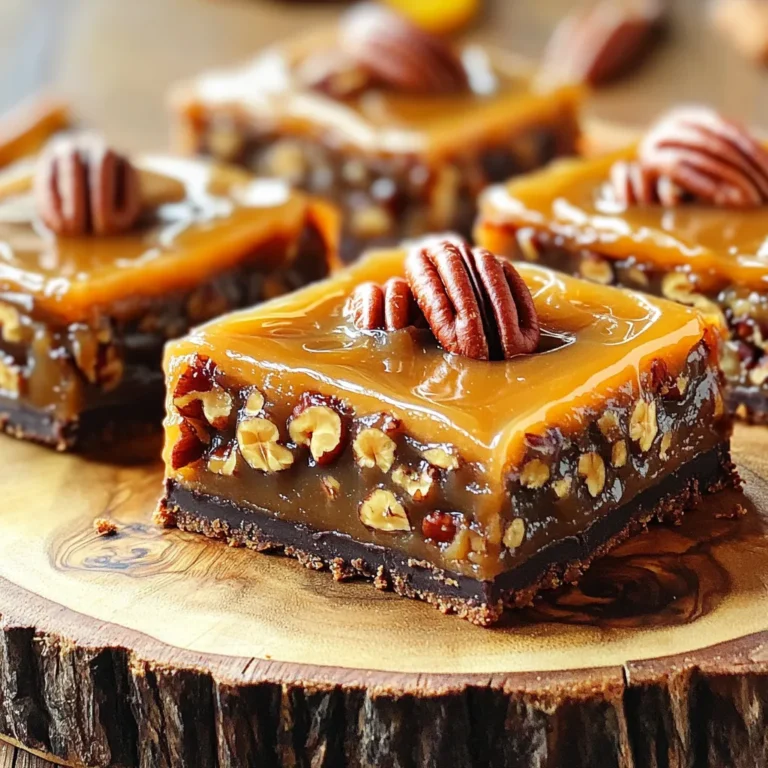 Um Karamell-Pekan-Pie-Riegel herzustellen, brauchen Sie diese einfachen Zutaten: - 1 Tasse Weizenmehl - 1/2 Tasse ungesüßtes Kakaopulver - 1/2 Tasse Kristallzucker - 1/4 Teelöffel Salz - 1/2 Tasse ungesalzene Butter, geschmolzen - 1 Tasse Pekannüsse, grob gehackt - 1 Tasse brauner Zucker, gepackt - 1/2 Tasse Maissirup - 3 große Eier - 1 Teelöffel Vanilleextrakt - 1/4 Teelöffel Zimt Diese Zutaten sind einfach zu finden. Die Kombination aus Kakaopulver und Pekannüssen sorgt für einen tollen Geschmack. Manchmal möchte man Zutaten ändern. Hier sind einige Optionen: - Verwenden Sie Mandelmehl anstelle von Weizenmehl für glutenfreie Riegel. - Ersetzen Sie Kakaopulver mit Schokoladenstückchen für mehr Schokolade. - Nutze Honig statt Maissirup für eine natürliche Süße. - Cashewkerne sind eine gute Wahl, wenn Sie Pekannüsse nicht mögen. Diese Alternativen machen das Rezept flexibler. Sie können die Riegel an Ihren Geschmack anpassen. Hier sind die Nährwertinformationen pro Riegel (bei 16 Portionen): - Kalorien: 250 - Fett: 12g - Kohlenhydrate: 33g - Zucker: 18g - Eiweiß: 3g Diese Riegel sind süß und reichhaltig. Genießen Sie sie in Maßen, besonders wenn Sie auf Ihre Ernährung achten. Zuerst heizen Sie den Ofen auf 175°C vor. Dies ist wichtig für eine gleichmäßige Backzeit. Nehmen Sie eine quadratische Backform von 20x20 cm. Fetten Sie die Form gut ein. Legen Sie den Boden mit Backpapier aus. Lassen Sie einen Überhang, um die Riegel später leicht herauszunehmen. In einer großen Rührschüssel mischen Sie die trockenen Zutaten. Nehmen Sie 1 Tasse Weizenmehl, 1/2 Tasse ungesüßtes Kakaopulver, 1/2 Tasse Kristallzucker und 1/4 Teelöffel Salz. Rühren Sie alles gut um. Fügen Sie 1/2 Tasse geschmolzene ungesalzene Butter hinzu. Mischen Sie, bis ein fester Teig entsteht. Drücken Sie diesen Teig gleichmäßig in die vorbereitete Backform. So schaffen Sie eine gute Basis für die Füllung. Backen Sie die Kruste für 15 Minuten im vorgeheizten Ofen. Während die Kruste backt, bereiten Sie die Füllung vor. In einer separaten Schüssel vermischen Sie 1 Tasse braunen Zucker, 1/2 Tasse Maissirup, 3 große Eier, 1 Teelöffel Vanilleextrakt und 1/4 Teelöffel Zimt. Rühren Sie alles, bis die Mischung glatt ist. Fügen Sie 1 Tasse grob gehackte Pekannüsse hinzu und vermengen Sie alles gut. Gießen Sie die Füllung gleichmäßig auf die vorgebackene Kruste. Glätten Sie die Oberfläche mit einem Spatel. Backen Sie die Riegel für 25-30 Minuten, bis die Füllung fest ist. Lassen Sie die Riegel in der Form abkühlen, bevor Sie sie schneiden. Beim Backen von Karamell-Pekan-Pie-Riegeln gibt es gängige Fehler. Ein häufiger Fehler ist, die Kruste nicht genug zu backen. Sie sollte fest, aber nicht zu hart sein. Achte darauf, die Kruste goldbraun zu backen. Ein anderer Fehler ist, die Füllung nicht gut zu verrühren. Klumpige Füllung kann die Textur ruinieren. Stelle sicher, dass die Eier gut eingearbeitet sind. Die Füllung ist der Star dieses Rezepts. Verwende frische Pekannüsse für den besten Geschmack. Röste die Nüsse leicht, um den Geschmack zu intensivieren. Achte auf die Menge an Maissirup. Zu viel kann die Füllung zu süß machen. Füge eine Prise Salz hinzu, um den Geschmack zu verstärken. Wenn du Zimt verwendest, achte darauf, es sparsam zu dosieren. Es sollte die Füllung unterstützen, nicht überdecken. Die Konsistenz der Füllung ist entscheidend. Sie sollte cremig, aber nicht flüssig sein. Um dies zu erreichen, backe die Riegel, bis die Füllung am Rand blubbert. Lass die Riegel vollständig abkühlen. Dadurch festigt sich die Füllung. Wenn du sie zu früh schneidest, kann die Füllung auseinanderfallen. Gib den Riegeln Zeit, um ihre perfekte Form zu finden. {{image_4}} Ich liebe es, meiner Rezeptvielfalt eine schokoladige Note hinzuzufügen. Um Karamell-Pekan-Pie-Riegel mit Schokolade zu machen, füge einfach 1/2 Tasse Schokoladenstückchen zur Füllung hinzu. Diese kleinen Stückchen schmelzen beim Backen und machen die Riegel noch leckerer. Du kannst auch geschmolzene Schokolade über die gekühlten Riegel träufeln. Das sieht toll aus und schmeckt fantastisch! Für eine vegetarische Version verwende einfach pflanzliche Butter. Du kannst die Eier durch Leinsamen ersetzen. Mische dafür 1 Esslöffel gemahlenen Leinsamen mit 2,5 Esslöffeln Wasser. Lass es für 5 Minuten stehen, bis es dick wird. Für glutenfreie Riegel nimm glutenfreies Mehl. Achte darauf, dass alle anderen Zutaten ebenfalls glutenfrei sind. So kannst du die Riegel genießen, ohne auf den Geschmack zu verzichten! Je nach Saison kannst du deine Riegel anpassen. Im Herbst passen Kürbisgewürze gut dazu. Füge 1/2 Tasse Kürbispüree und 1 Teelöffel Kürbiskuchengewürz zur Füllung hinzu. Im Frühling kannst du etwas Zitronenschale für einen frischen Geschmack hinzufügen. Im Sommer sind frische Beeren eine tolle Ergänzung. Probiere Himbeeren oder Brombeeren, um eine fruchtige Note zu erzielen. Die Möglichkeiten sind endlos! Wenn Sie Ihre Karamell-Pekan-Pie-Riegel aufbewahren möchten, gibt es einige einfache Schritte. Lassen Sie die Riegel zuerst vollständig abkühlen. Schneiden Sie sie dann in Quadrate. Legen Sie die Stücke in einen luftdichten Behälter. Trennen Sie die Schichten mit Backpapier, um ein Kleben zu verhindern. So bleiben die Riegel frisch und lecker. Karamell-Pekan-Pie-Riegel halten sich gut. Bei Raumtemperatur sind sie bis zu einer Woche haltbar. Wenn Sie sie länger lagern möchten, können Sie sie einfrieren. Wickeln Sie die Riegel gut in Frischhaltefolie und legen Sie sie in einen Gefrierbeutel. Im Gefrierfach bleiben sie bis zu drei Monate frisch. Denken Sie daran, sie vor dem Verzehr im Kühlschrank auftauen zu lassen. Wenn Sie die Riegel wieder erwärmen möchten, gehen Sie so vor: Nehmen Sie die Riegel aus dem Kühlschrank. Lassen Sie sie einige Minuten bei Zimmertemperatur stehen. Dann können Sie sie leicht im Ofen aufwärmen. Stellen Sie den Ofen auf 150°C ein und erwärmen Sie die Riegel für etwa 10 Minuten. So bleiben sie weich und köstlich. Karamell-Pekan-Pie-Riegel halten sich gut. Sie sind bis zu einer Woche frisch. Lagern Sie sie in einem luftdichten Behälter. So bleiben sie weich und lecker. Ja, Sie können die Riegel im Voraus machen. Bereiten Sie sie bis zu zwei Tage vorher zu. Lassen Sie sie abkühlen und decken Sie sie gut ab. So sparen Sie Zeit bei Ihrer nächsten Party oder beim Familienessen. Um Karamellsauce zu machen, benötigen Sie nur drei Zutaten. Sie brauchen Zucker, Wasser und Butter. 1. Geben Sie 1 Tasse Zucker und 1/4 Tasse Wasser in einen Topf. 2. Erhitzen Sie die Mischung bei mittlerer Hitze. Rühren Sie nicht um, bis der Zucker schmilzt. 3. Lassen Sie die Mischung kochen, bis sie goldbraun wird. 4. Nehmen Sie den Topf vom Herd und fügen Sie 1/2 Tasse Butter hinzu. Rühren Sie gut um. Seien Sie vorsichtig! Die Mischung kann sehr heiß werden. Lassen Sie die Karamellsauce etwas abkühlen, bevor Sie sie verwenden. Karamell-Pekan-Pie-Riegel sind einfach und lecker. Wir haben die wichtigsten Zutaten und Alternativen besprochen. Die Schritt-für-Schritt-Anleitung hilft dir beim zubereiten. Mit Tipps und Tricks vermeidest du häufige Fehler. Du kannst viele Variationen ausprobieren, um den Riegel zu verbessern. Die richtigen Aufbewahrungsmethoden verlängern die Haltbarkeit. Denke an die FAQs, um Fragen zu klären. Viel Spaß beim Backen und Genießen deiner Riegel!