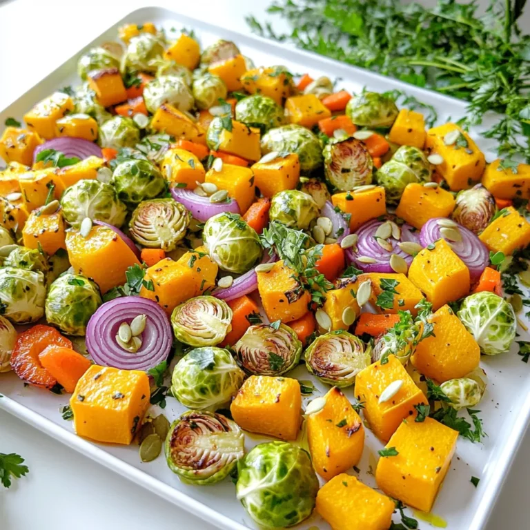 Für dieses einfache Rezept brauchen Sie: - 2 Tassen Kürbis (Butternut), gewürfelt - 2 Tassen Rosenkohl, halbiert - 1 rote Zwiebel, in Spalten geschnitten - 2 Tassen Karotten, in Scheiben geschnitten - 1 rote Paprika, gewürfelt - 4 Knoblauchzehen, fein gehackt Diese Zutaten bringen den Herbst auf Ihren Teller. Der Butternut-Kürbis gibt eine süße Note. Rosenkohl sorgt für einen zarten Biss. Die Zwiebel und das Gemüse bringen viele Farben auf das Blech. Um das Gemüse zu würzen, verwenden Sie: - 3 Esslöffel Olivenöl - 1 Teelöffel getrockneter Thymian - 1 Teelöffel geräuchertes Paprikapulver - Salz und Pfeffer nach Geschmack Das Olivenöl hilft, die Aromen zu verbinden. Thymian gibt einen erdigen Geschmack. Das geräucherte Paprikapulver bringt eine rauchige Tiefe, die perfekt zu den anderen Zutaten passt. Salz und Pfeffer runden alles ab. Für die Garnierung können Sie verwenden: - ¼ Tasse Kürbiskerne Diese Kürbiskerne geben einen schönen Crunch. Sie fügen auch einen nussigen Geschmack hinzu. Wenn Sie das Gericht anrichten, streuen Sie die Kürbiskerne oben drauf. So sieht das Gericht toll aus und schmeckt noch besser. Zuerst heize deinen Ofen auf 220°C vor. Nimm dann eine große Schüssel. Hier kommen die Hauptzutaten. Du brauchst: - 2 Tassen Kürbis (Butternut), gewürfelt - 2 Tassen Rosenkohl, halbiert - 1 rote Zwiebel, in Spalten geschnitten - 2 Tassen Karotten, in Scheiben geschnitten - 1 rote Paprika, gewürfelt Gib alles in die Schüssel. Achte darauf, dass die Stücke gleich groß sind. So garen sie gleichmäßig. Jetzt kommt der spannende Teil: das Würzen. Füge 4 gehackte Knoblauchzehen hinzu. Dann gib 3 Esslöffel Olivenöl dazu. Das Öl hilft, die Gewürze zu verteilen. Füge 1 Teelöffel getrockneten Thymian und 1 Teelöffel geräuchertes Paprikapulver hinzu. Diese Gewürze bringen tollen Geschmack. Streue auch Salz und Pfeffer nach deinem Geschmack hinein. Mische alles gut durch. So ist das Gemüse gleichmäßig gewürzt. Nun verteile das gewürzte Gemüse auf ein Backblech. Achte darauf, dass sie in einer einzigen Schicht liegen. So rösten sie besser. Schiebe das Blech in den Ofen. Röste das Gemüse für 25-30 Minuten. Nach der Hälfte der Zeit rühre das Gemüse um. Das sorgt für eine schöne Bräunung. Wenn das Gemüse zart und leicht karamellisiert ist, ist es fertig. Lass es kurz abkühlen. Du kannst es dann nach Belieben mit Kürbiskernen garnieren. Die Garzeit ist wichtig für Blechgeröstetes Herbstgemüse. Rösten Sie das Gemüse bei 220°C für 25 bis 30 Minuten. Halten Sie nach 15 Minuten an und rühren Sie das Gemüse um. So wird es gleichmäßig gar und schön karamellisiert. Die Stücke sollten zart sein, aber nicht matschig. Sie können viele verschiedene Gemüsearten verwenden. Probieren Sie Süßkartoffeln, Zucchini oder grüne Bohnen. Jedes Gemüse hat seine eigene Kochzeit. Achten Sie darauf, die Garzeiten der verschiedenen Sorten anzupassen. So bleibt alles perfekt gegart. Die Präsentation macht viel aus. Servieren Sie das Gemüse auf einer großen, schönen Platte. Streuen Sie frische Kräuter oder Rucola um das Gemüse. Das bringt Farbe und Frische. Ein Spritzer Balsamico-Glasur sorgt für zusätzlichen Glanz und Geschmack. {{image_4}} Sie können viele andere Gemüsesorten hinzufügen. Probieren Sie Süßkartoffeln, Zucchini oder Blumenkohl. Diese Gemüsesorten rösten gut und bringen neue Aromen. Sie können das Rezept leicht anpassen. Schneiden Sie das Gemüse in ähnliche Größen, damit alles gleichmäßig gart. Um das Gericht nahrhafter zu machen, fügen Sie Protein hinzu. Hähnchenbrust, Tofu oder Kichererbsen eignen sich gut. Legen Sie die Proteine einfach auf das Gemüse auf dem Blech. So garen sie zusammen und nehmen die Aromen auf. Dies macht Ihr Gericht reichhaltiger und sättigender. Das Rezept ist schon vegetarisch. Für eine vegane Option können Sie einfach den Honig weglassen. Wenn Sie Feta oder Käse verwenden möchten, lassen Sie diese weg, um das Gericht vegan zu halten. Fügen Sie mehr Gewürze oder Kräuter hinzu, um den Geschmack zu verstärken. Es gibt viele Wege, um dieses Rezept an Ihre Wünsche anzupassen. Um das Blechgeröstete Herbstgemüse frisch zu halten, lassen Sie es zuerst abkühlen. Füllen Sie es dann in einen luftdichten Behälter. Lagern Sie das Gemüse im Kühlschrank. So bleibt es bis zu fünf Tage frisch. Achten Sie darauf, dass der Behälter gut verschlossen ist. So vermeiden Sie, dass das Gemüse austrocknet. Um das Gemüse wieder warm zu machen, heizen Sie Ihren Ofen auf 180°C (350°F) vor. Legen Sie das Gemüse auf ein Backblech. Rösten Sie es für etwa 10-15 Minuten. Alternativ können Sie auch die Mikrowelle nutzen. Geben Sie das Gemüse in eine mikrowellengeeignete Schüssel. Erwärmen Sie es in Intervallen von 30 Sekunden, bis es warm ist. Achten Sie darauf, nicht zu lange zu erwärmen, damit das Gemüse nicht matschig wird. Verwenden Sie die Reste kreativ! Mischen Sie das geröstete Gemüse in einen Salat. Es passt gut zu grünem Blattgemüse und einem einfachen Dressing. Sie können das Gemüse auch in eine Suppe geben. Pürieren Sie es für eine cremige Konsistenz. Oder fügen Sie es zu einem Omelett hinzu. Das gibt dem Gericht Farbe und Geschmack. Reste sind eine tolle Möglichkeit, neue Gerichte zu kreieren! Blechgeröstetes Herbstgemüse hält sich im Kühlschrank bis zu fünf Tage. Achte darauf, es in einem luftdichten Behälter zu lagern. So bleibt es frisch und lecker. Wenn du es wieder aufwärmst, kannst du es in der Mikrowelle oder im Ofen erhitzen. Das gibt dem Gemüse einen neuen, warmen Geschmack. Ja, gefrorenes Gemüse ist eine gute Option. Es ist praktisch und spart Zeit. Du musst das Gemüse vor dem Rösten nicht auftauen. Beachte bitte, dass gefrorenes Gemüse mehr Wasser abgeben kann. Dadurch kann die Textur etwas anders sein. Um dies zu vermeiden, röste es länger. Schau, dass das Gemüse gut gebräunt und zart ist. Das gute an diesem Rezept ist, dass es von Natur aus glutenfrei ist. Du musst nur darauf achten, dass alle Zutaten glutenfrei sind. Zum Beispiel, verwende glutenfreies Olivenöl und überprüfe das Paprikapulver auf versteckte Glutenquellen. So kannst du das Gericht ganz unbesorgt genießen. Blechgeröstetes Herbstgemüse ist einfach und lecker. Du hast gelernt, welche Zutaten wichtig sind und wie du sie zubereitest. Verschiedene Tipps helfen dir, das Gemüse perfekt zu garen und schön zu präsentieren. Du kannst das Rezept anpassen, um neue Geschmäcker zu entdecken. Denke auch an die Lagerung und Verwendung von Resten. Jetzt bist du bereit, dieses Gericht mit Freude zu kochen. Genieße es, frisch und warm auf deinem Tisch!