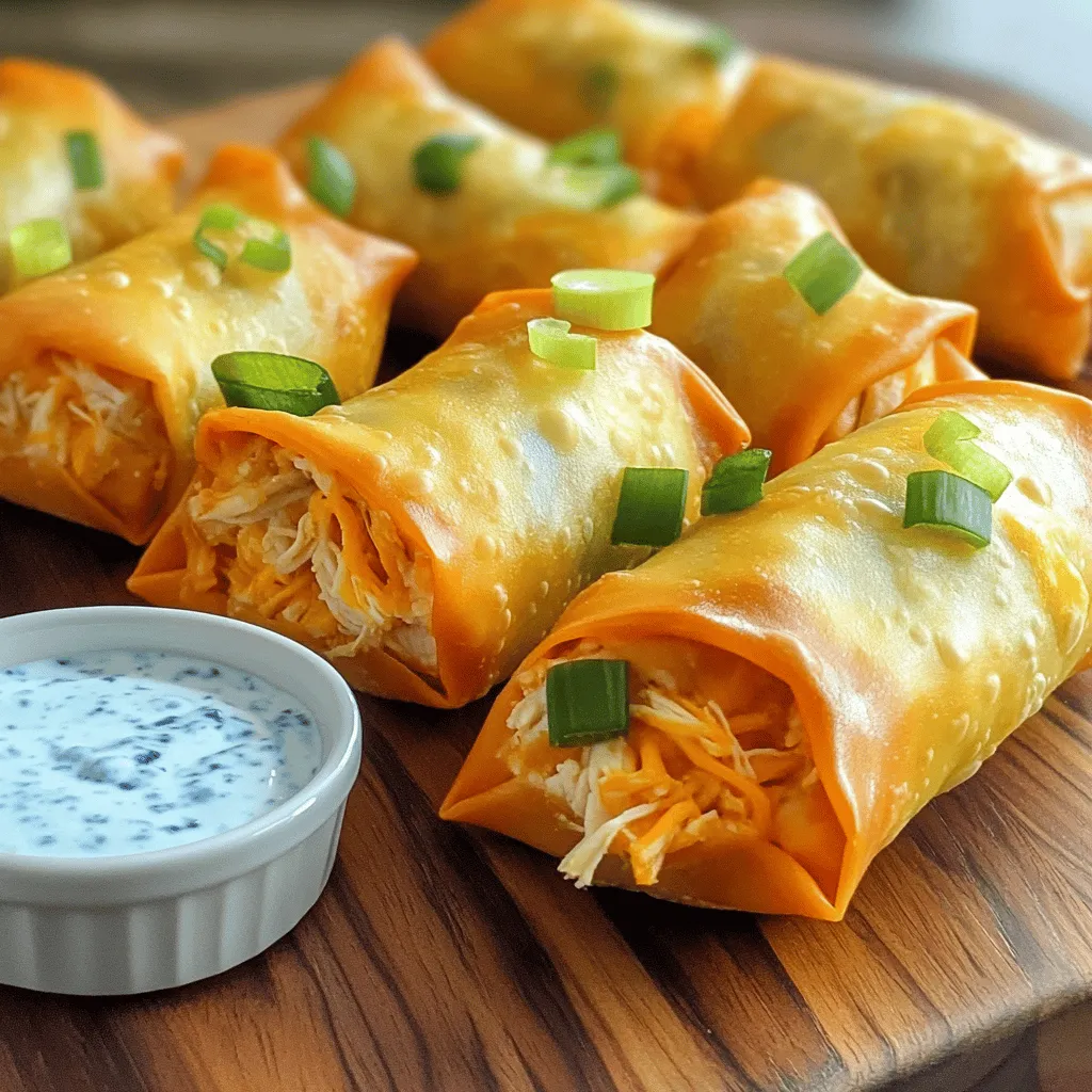 Um diese leckeren Buffalo Chicken Egg Rolls zu machen, brauchst du: - 2 Tassen gekochtes Hähnchen, zerkleinert - 1/2 Tasse Buffalo-Sauce (schärfer für mehr Kick) - 1 Tasse geriebener Cheddar-Käse - 1/2 Tasse grüne Zwiebeln, gehackt - 1 Tasse Coleslaw-Mix (Kohl und Karotten) - 12 Frühlingsrollen-Hüllen - Kochspray oder Olivenöl zum Sprühen Diese Zutaten machen die Füllung saftig und geschmackvoll. Das Hähnchen bringt Protein, während die Buffalo-Sauce für den würzigen Kick sorgt. Du kannst die Egg Rolls auch mit einigen Extras aufpeppen: - Blauschimmelkäse-Dressing - Ranch-Dressing Diese Dips passen perfekt zu den würzigen Egg Rolls. Sie bieten eine cremige Balance zur Schärfe. Um die Schärfe anzupassen, kannst du die Buffalo-Sauce variieren. Wenn du es milder magst, nimm weniger Sauce. Für mehr Hitze, füge etwas scharfe Sauce oder Paprika hinzu. So kannst du die Egg Rolls an deinen Geschmack anpassen. Die Füllung macht diesen Snack besonders lecker. Für die Füllung nehme ich zwei Tassen gekochtes Hähnchen. Ich zerkleinere es gut. Dann füge ich eine halbe Tasse Buffalo-Sauce hinzu. Du kannst die Schärfe nach deinem Geschmack anpassen. Als Nächstes gebe ich eine Tasse geriebenen Cheddar-Käse hinein. Das gibt einen tollen Geschmack. Dann kommen eine halbe Tasse gehackte grüne Zwiebeln und eine Tasse Coleslaw-Mix dazu. Das ist eine Mischung aus Kohl und Karotten. Ich rühre alles gut um, bis es gleichmäßig verteilt ist. Nun wird es Zeit, die Frühlingsrollen zu falten. Ich lege eine Hülle auf die Arbeitsfläche, mit einer Ecke zu mir. Dann platziere ich etwa zwei Esslöffel der Füllung in die Mitte. Ich klappe die untere Ecke über die Füllung. Dann tucke ich sie eng ein. Danach falte ich die beiden Seiten zur Mitte. Jetzt rolle ich die Hülle von unten nach oben auf. Wenn nötig, benutze ich etwas Wasser an meinen Fingern, um die Ränder zu versiegeln. Ich wiederhole diesen Schritt mit den restlichen Hüllen und der Füllung. Jetzt ist es Zeit, die Frühlingsrollen zu kochen. Ich heize meinen Airfryer auf 190°C vor. Dann sprühe oder bestreiche ich die fertigen Frühlingsrollen leicht mit Kochspray oder Olivenöl. Anschließend lege ich die Frühlingsrollen in den Korb des Airfryers. Ich achte darauf, dass sie nicht zu eng beieinander liegen. Ich frittiere sie 10 bis 12 Minuten lang und wende sie in der Mitte. Sie sind fertig, wenn sie goldbraun und knusprig sind. Ich nehme sie aus dem Airfryer und lasse sie kurz abkühlen. Jetzt sind sie bereit zum Servieren! Ich empfehle, deinen Airfryer auf 190°C (375°F) vorzuheizen. Diese Temperatur sorgt für knusprige Hüllen und zarte Füllungen. Achte darauf, die Frühlingsrollen in einer einzigen Schicht zu platzieren. Wenn sie zu eng liegen, bekommen sie nicht die nötige Luftzirkulation. Das macht sie matschig. Stelle den Timer auf 10 bis 12 Minuten. Wende die Rollen nach der Hälfte der Zeit. So garen sie gleichmäßig. Um die beste Füllung zu machen, mische die Zutaten gut. Verwende zerkleinertes Hähnchen, Buffalo-Sauce, Cheddar-Käse, grüne Zwiebeln und Coleslaw. Die Kombination sorgt für einen tollen Geschmack! Probiere, die Buffalo-Sauce nach deinem Schärfegrad anzupassen. Wenn du es schärfer magst, füge mehr Sauce hinzu. Wenn nicht, reduziere sie. Achte darauf, dass die Füllung nicht zu nass ist. Eine trockene Füllung hält die Hüllen fest und knusprig. Buffalo Chicken Egg Rolls schmecken am besten mit Dips. Ich empfehle Blauschimmelkäse- oder Ranch-Dressing. Diese Dips ergänzen den würzigen Geschmack. Du kannst auch frische Gemüsesticks wie Karotten oder Sellerie dazu servieren. Das gibt einen schönen Crunch und sorgt für Abwechslung. Wenn du Gäste hast, richte die Frühlingsrollen auf einem großen Teller an. Füge die Dips in kleinen Schalen hinzu. So sieht es einladend aus und jeder kann nach Belieben dippen. {{image_4}} Du kannst die Hähnchenfüllung leicht durch Gemüse ersetzen. Nutze eine Mischung aus Paprika, Zucchini und Karotten. Füge Feta oder Mozzarella hinzu für einen tollen Geschmack. Diese Variante ist frisch und knusprig. Variiere die Füllung nach deinem Geschmack. Probiere zum Beispiel Rindfleisch oder Schweinefleisch. Für eine süße Note mische Ananas und Hähnchen. Du kannst auch asiatische Aromen mit Sojasauce und Ingwer verwenden. Die Buffalo-Sauce ist wichtig, aber du kannst die Schärfe ändern. Für mildere Egg Rolls nimm weniger Sauce. Wenn du es schärfer magst, füge mehr hinzu oder nutze scharfe Sauce. Experimentiere mit Kräutern wie Koriander oder Basilikum für zusätzlichen Geschmack. Wenn du noch Buffalo Chicken Egg Rolls hast, bewahre sie in einem luftdichten Behälter auf. Du kannst sie im Kühlschrank für bis zu drei Tage lagern. Achte darauf, dass sie gut abgekühlt sind, bevor du sie einpackst. So bleiben sie knusprig und frisch. Falls du mehr Egg Rolls gemacht hast, kannst du sie auch einfrieren. Lege die ungebackenen Egg Rolls auf ein Backblech und friere sie ein. Wenn sie fest sind, packe sie in einen Gefrierbeutel. So bleiben sie bis zu drei Monate frisch. Du kannst auch die gebackenen Egg Rolls einfrieren, aber sie verlieren etwas von ihrer Knusprigkeit. Um deine Egg Rolls aufzuwärmen, benutze den Airfryer. Heize ihn auf 190°C vor. Lege die Egg Rolls in den Korb und backe sie für etwa 5-7 Minuten. So werden sie wieder knusprig und lecker. Achte darauf, sie nicht zu überladen, damit die Luft zirkulieren kann. So bekommst du das beste Ergebnis. Buffalo Chicken Egg Rolls sind am besten frisch aus dem Airfryer. Du kannst sie aber auch bis zu drei Tage im Kühlschrank aufbewahren. Lagere sie in einem luftdichten Behälter. Wenn du sie länger aufbewahren willst, friere sie ein. So bleiben sie bis zu drei Monate gut. Ja, du kannst die Füllung im Voraus zubereiten. Mische das Hähnchen, die Buffalo-Sauce, den Käse und die anderen Zutaten. Bewahre die Mischung in einem Behälter im Kühlschrank auf. So sparst du Zeit, wenn du die Egg Rolls machst. Denk daran, die Füllung vor der Verwendung gut umzurühren. Die Frühlingsrollen sind fertig, wenn sie goldbraun und knusprig sind. Das dauert etwa 10-12 Minuten im Airfryer. Du solltest sie einmal während des Kochens wenden. So wird die knusprige Textur gleichmäßig. Wenn du sie herausnimmst, lass sie kurz abkühlen, bevor du sie servierst. Buffalo Chicken Egg Rolls sind einfach zuzubereiten und sehr lecker. Wir haben die Hauptzutaten sowie optionale Dips besprochen. Die Schritt-für-Schritt-Anleitung macht es leicht, die Füllung vorzubereiten und die Rolls im Airfryer zu kochen. Ich habe auch Tipps gegeben, um die Schärfe anzupassen und die besten Einstellungen zu nutzen. Egal, ob du eine vegetarische Variante oder eine neue Füllung ausprobieren möchtest, die Möglichkeiten sind endlos. Denk daran, dass du die restlichen Rolls richtig aufbewahren kannst, um den Geschmack zu behalten. Viel Spaß beim Kochen!