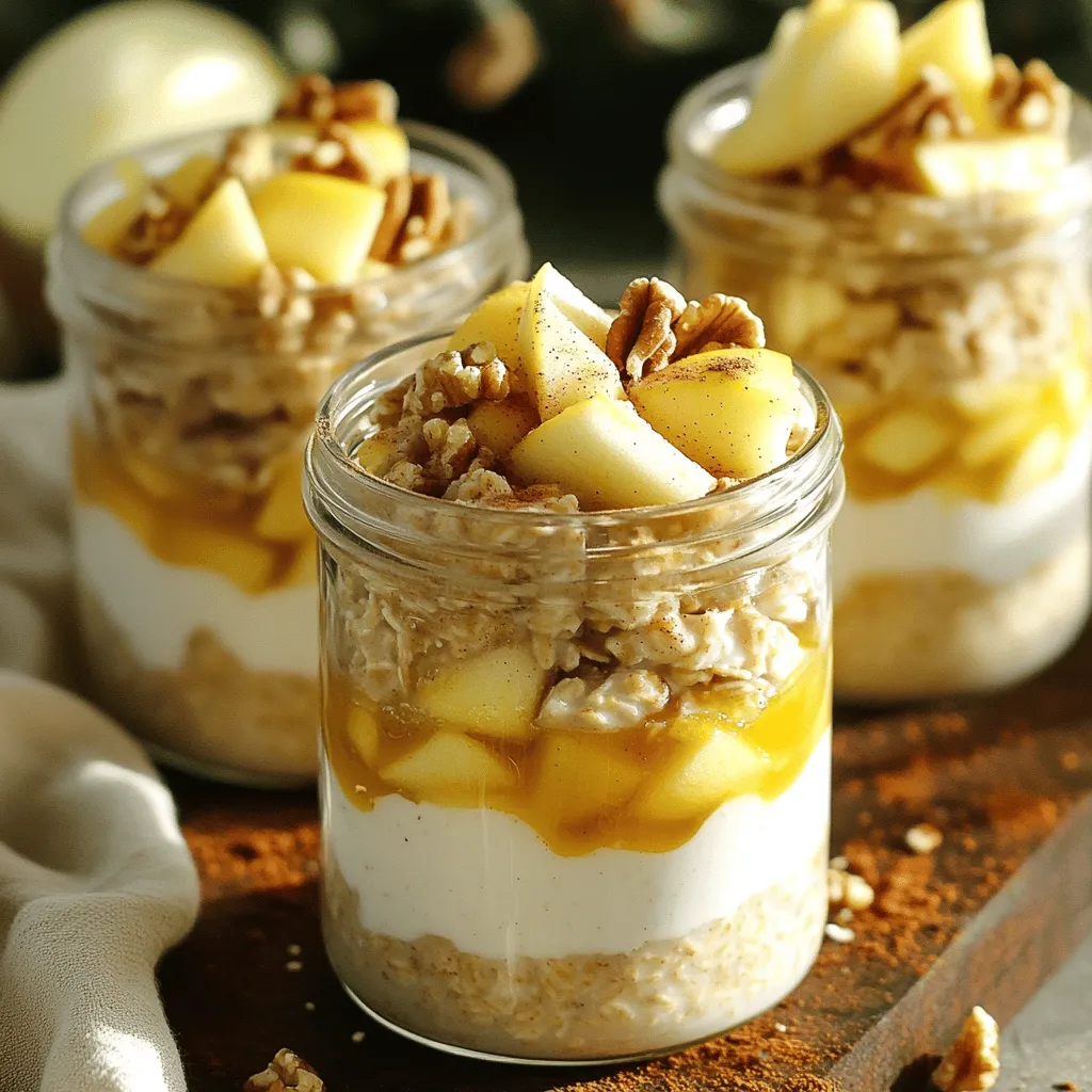 Für die Apfelkuchen Overnight Oats brauchst du: - 1 Tasse Haferflocken (gerollt) - 1 Tasse Mandelmilch (oder eine Milch nach Wahl) - 1 mittelgroßer Apfel, geschält und gewürfelt - 1 Esslöffel Ahornsirup (oder Honig) - 1 Teelöffel Zimt - 1/2 Teelöffel Vanilleextrakt - 1/4 Tasse griechischer Joghurt (optional für zusätzliche Cremigkeit) - 2 Esslöffel gehackte Walnüsse (oder Pekannüsse) - Eine Prise Salz Diese Zutaten sorgen für einen leckeren und nahrhaften Start in den Tag. Die Haferflocken liefern Ballaststoffe, die dich lange satt halten. Die Äpfel bringen süßen Geschmack und Frische. Du kannst verschiedene pflanzliche Milchsorten verwenden. Mandelmilch ist eine gute Wahl, aber auch: - Hafermilch - Sojamilch - Kokosmilch Jede Milch hat ihren eigenen Geschmack. Experimentiere und finde heraus, was dir am besten gefällt. Diese Alternativen machen das Rezept auch für Veganer geeignet. Wenn du keinen Ahornsirup oder Honig verwenden möchtest, gibt es tolle Alternativen: - Agavendicksaft - Kokosblütenzucker - Stevia Diese Süßstoffe bieten dir die Möglichkeit, den Zuckergehalt anzupassen. Probiere verschiedene Optionen aus, um deinen perfekten Geschmack zu finden. Zuerst nehme ich eine mittelgroße Schüssel. Dort gebe ich eine Tasse Haferflocken hinein. Dann füge ich eine Tasse Mandelmilch hinzu. Du kannst auch andere Milch verwenden. Jetzt kommt ein Esslöffel Ahornsirup dazu. Das sorgt für Süße. Danach füge ich einen Teelöffel Zimt und einen halben Teelöffel Vanilleextrakt hinzu. Eine Prise Salz rundet den Geschmack ab. Ich rühre alles gut um, bis die Mischung gleichmäßig ist. Jetzt schäle und würfle ich einen mittelgroßen Apfel. Die Apfelstücke kommen in die Schüssel. Ich hebe die Äpfel vorsichtig unter die Mischung. So verteilen sie sich gut. Wenn ich möchte, kann ich auch griechischen Joghurt hinzufügen. Der macht die Mischung cremiger. Ich vermenge alles erneut gut. Als Nächstes teile ich die Mischung auf zwei saubere Gläser auf. Jedes Glas bekommt einen Deckel. Dann streue ich zwei Esslöffel gehackte Walnüsse oben drauf. Diese geben einen tollen Crunch. Jetzt stelle ich die Gläser über Nacht in den Kühlschrank. Wenn ich es eilig habe, reichen auch vier Stunden. Am nächsten Morgen rühre ich die Haferflocken gut um. Wenn ich es cremiger mag, füge ich einen Spritzer Mandelmilch hinzu. Jetzt kann ich sie kalt servieren oder kurz in der Mikrowelle erwärmen. Um die beste Konsistenz für deine Apfelkuchen Overnight Oats zu erreichen, ist das richtige Verhältnis wichtig. Nutze eine Tasse Haferflocken und eine Tasse Mandelmilch. So wird die Mischung cremig, aber nicht zu dünn. Wenn du es cremiger magst, füge etwas griechischen Joghurt hinzu. Rühre alles gut um, damit sich die Haferflocken gut mit der Milch verbinden. Wenn du die Mischung am Morgen umrührst, kannst du eventuell noch etwas Mandelmilch hinzufügen, um die perfekte Konsistenz zu erzielen. Du kannst frische oder getrocknete Früchte verwenden. Frische Äpfel geben einen knackigen Biss und viel Geschmack. Schneide den Apfel in kleine Stücke, damit er gut verteilt ist. Bei getrockneten Früchten, wie Rosinen oder Datteln, achte darauf, dass sie weich sind. Du kannst sie auch vorher in Wasser einweichen, um sie saftiger zu machen. Beide Varianten bringen Abwechslung in deine Overnight Oats und sorgen für einen leckeren Geschmack. Das Anrichten macht Spaß und bringt Farbe in dein Gericht. Verwende Glasbehälter, um die Schichten zu zeigen. Du kannst die Oats mit zusätzlichen Apfelscheiben und einem Klecks Joghurt garnieren. Ein Schuss Ahornsirup und eine Prise Zimt oben drauf machen das Gericht noch leckerer. Serviere die Oats kalt oder erwärme sie kurz in der Mikrowelle. So hast du ein tolles Frühstück, das gut aussieht und köstlich schmeckt. {{image_4}} Für glutenfreie Overnight Oats wähle Haferflocken, die ohne Gluten sind. Achte darauf, dass die Verpackung das glutenfreie Symbol trägt. Diese Haferflocken sind sicher für Menschen mit Zöliakie. Sie schmecken genauso gut und geben die gleiche Textur. Um die Proteinwerte zu erhöhen, füge Nüsse oder Samen hinzu. Chiasamen oder Leinsamen sind tolle Optionen. Du kannst auch mehr griechischen Joghurt verwenden. Ein Löffel Proteinpulver ist eine weitere einfache Möglichkeit, mehr Protein zu erhalten. Passe die Süße nach deinem Geschmack an. Wenn du es weniger süß magst, reduziere den Ahornsirup. Du kannst auch andere Süßungsmittel wie Stevia oder Agavendicksaft verwenden. Experimentiere mit Gewürzen wie Muskatnuss oder Ingwer für einen neuen Twist. Apfelkuchen Overnight Oats halten sich bis zu fünf Tage im Kühlschrank. Die Haferflocken bleiben frisch und lecker. Sie sollten sie in einem luftdichten Behälter aufbewahren. So verhindern Sie, dass sie austrocknen oder Gerüche aufnehmen. Lagern Sie die Overnight Oats am besten in einem Glas oder einem stabilen Behälter. Stellen Sie sicher, dass der Behälter gut verschlossen ist. Dies hilft, die Aromen zu bewahren. Wenn Sie eine Portion nicht sofort essen, decken Sie sie ab. So bleibt die Mischung frisch und appetitlich. Sie können Ihre Overnight Oats auch einfrieren. Füllen Sie die Mischung in einen gefrierfesten Behälter. Lassen Sie dabei etwas Platz für die Ausdehnung. So bleiben sie bis zu drei Monate haltbar. Zum Auftauen stellen Sie den Behälter einfach in den Kühlschrank. Lassen Sie es über Nacht auftauen, bevor Sie es genießen. Ja, du kannst viele Früchte verwenden. Banane, Beeren oder Birnen passen gut. Diese Früchte bringen ihre eigene Süße und Farbe. Du kannst frische oder gefrorene Früchte nehmen. Experimentiere mit verschiedenen Kombinationen für neuen Geschmack. Ja, Apfelkuchen Overnight Oats sind sehr gesund. Sie enthalten Ballaststoffe aus Hafer und Äpfeln. Diese Ballaststoffe unterstützen die Verdauung. Zudem liefern die Nüsse gesunde Fette und Eiweiß. Die Mandelmilch ist eine gute Milchalternative, die weniger Kalorien hat. Du kannst auch griechischen Joghurt hinzufügen für mehr Proteine. Um deine Overnight Oats warm zu genießen, erwärme sie in der Mikrowelle. Stelle die Mikrowelle auf 30 bis 60 Sekunden ein. Rühre die Oats nach der Erwärmung gut um. Du kannst auch einen Spritzer Mandelmilch hinzufügen, um die Konsistenz zu verbessern. So schmecken sie wie frisch zubereitet! Zusammenfassend haben wir die Zutaten für Apfelkuchen Overnight Haferflocken behandelt. Wir haben die Hauptzutaten, pflanzliche Milch und Süßungsmittel-Alternativen besprochen. Die Schritt-für-Schritt-Anleitung zeigte, wie man die Mischung vorbereitet und kühlt. Tipps für die perfekte Konsistenz und Variationen wie glutenfreie Optionen wurden ebenfalls gegeben. Zuletzt klärten wir Lagerinformationen und häufige Fragen. Experimentiere mit diesen Ideen, um dein Frühstück zu verbessern! So wird der Start in den Tag lecker und gesund.