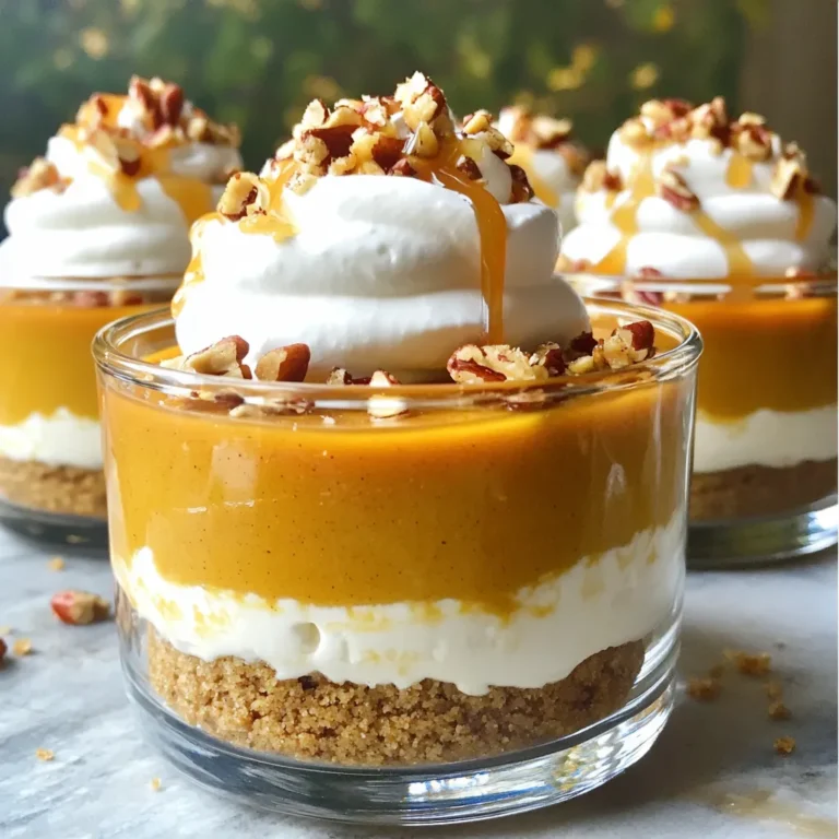 Um die perfekten No Bake Pumpkin Cheesecake Cups zu machen, brauchst du: - 1 Tasse zerbröselte Graham Crackers - 2 Esslöffel Zucker - 1/2 Teelöffel gemahlener Zimt - 1/4 Tasse ungesalzene Butter, geschmolzen - 1 Tasse Frischkäse, auf Zimmertemperatur - 1 Tasse Kürbispüree - 1/2 Tasse Puderzucker - 1 Teelöffel Vanilleextrakt - 1 Teelöffel gemahlener Ingwer - 1/2 Teelöffel Muskatnuss - 1 Tasse Schlagsahne (aus dem Laden oder selbstgemacht) Für die Dekoration kannst du auch verwenden: - Gehackte Pekannüsse zum Garnieren - Ein Klecks Schlagsahne oben drauf - Ein Spritzer Karamellsauce für extra Geschmack Die Auswahl der besten Zutaten macht viel aus. Hier sind einige Tipps: - Wähle frischen Frischkäse. Er sollte weich und cremig sein. - Achte darauf, dass das Kürbispüree keine Zusatzstoffe hat. - Kaufe frische Gewürze, um den vollen Geschmack zu genießen. - Die Schlagsahne sollte frisch geschlagen sein, damit sie fluffig bleibt. Diese Zutaten machen deinen Cheesecake besonders lecker und sorgen für Freude beim Essen! Um die Graham-Cracker-Basis zu machen, nehmen Sie eine Schüssel. Geben Sie 1 Tasse zerbröselte Graham Crackers, 2 Esslöffel Zucker und 1/2 Teelöffel gemahlenen Zimt hinein. Mischen Sie alles gut. Fügen Sie dann 1/4 Tasse geschmolzene Butter hinzu. Rühren Sie, bis die Mischung feucht ist. Sie sollte wie nasser Sand aussehen. Nehmen Sie 2 Esslöffel der Mischung und löffeln Sie sie in jeden Becher. Drücken Sie die Mischung fest zusammen, um einen stabilen Boden zu machen. Jetzt machen wir die Füllung. Nehmen Sie eine große Schüssel und geben Sie 1 Tasse Frischkäse hinein. Schlagen Sie den Frischkäse mit einem Handmixer glatt. Fügen Sie 1 Tasse Kürbispüree hinzu, zusammen mit 1/2 Tasse Puderzucker und 1 Teelöffel Vanilleextrakt. Geben Sie auch 1 Teelöffel gemahlenen Ingwer und 1/2 Teelöffel Muskatnuss dazu. Mischen Sie alles gut, bis es cremig ist. Heben Sie dann 1 Tasse Schlagsahne vorsichtig unter die Mischung. Achten Sie darauf, dass die Schlagsahne fluffig bleibt. Füllen Sie die Becher mit der Kürbis-Cheesecake-Mischung. Verteilen Sie die Creme gleichmäßig auf den Graham-Cracker-Böden. Füllen Sie die Becher bis zum Rand. Stellen Sie die Becher für mindestens 3 Stunden in den Kühlschrank. So wird die Füllung fest. Vor dem Servieren können Sie einen Klecks Schlagsahne obendrauf geben. Für einen letzten Schliff streuen Sie gehackte Pekannüsse dazu. Um die Schlagsahne fluffig zu halten, muss sie gut gekühlt sein. Beginne mit kalter Sahne aus dem Kühlschrank. Verwende eine große Schüssel aus Metall. Schlage die Sahne langsam, bis sie beginnt, fest zu werden. Füge dann langsam den Zucker hinzu. Schlage weiter, bis die Spitzen fest sind. Zu viel Schlagen macht die Sahne butterig. Sei vorsichtig und stoppe rechtzeitig. Für besondere Anlässe kannst du die Rezeptur ganz leicht anpassen. Füge einen Schuss Karamell oder Schokoladensauce zur Füllung hinzu. Das gibt einen tollen Geschmack. Du kannst auch andere Gewürze wie Nelken oder Anis ausprobieren. Wenn du Nüsse liebst, probiere gehackte Walnüsse oder Mandeln. Diese Variationen machen jeden Cheesecake einzigartig. Die Präsentation macht viel aus. Verwende klare Becher, um die Schichten sichtbar zu machen. Fülle die Becher bis zum Rand mit der Kürbiscreme. Toppe jeden Becher mit einem Klecks Schlagsahne. Für den letzten Schliff kannst du Pekannüsse oder Karamellsauce hinzufügen. Das sieht nicht nur gut aus, sondern schmeckt auch köstlich. {{image_4}} Du kannst deinen No Bake Kürbis Cheesecake mit Karamell- oder Schokoladensauce verfeinern. Träufle die Sauce über die fertigen Becher. Das fügt eine süße und dekadente Note hinzu. Karamell passt gut zu den warmen Gewürzen des Kürbisses. Schokolade bringt eine tolle Tiefe in den Geschmack. Sei kreativ und finde deine Lieblingskombination. Die Gewürze sind der Schlüssel zu einem großartigen Geschmack. Du kannst die Mischung anpassen. Probiere Muskatnuss, Nelken oder sogar Anis. Jeder dieser Aromen gibt deinem Cheesecake eine neue Dimension. Vanilleextrakt ist ein Muss, aber ein Hauch von Zitrone kann auch frisch schmecken. Experimentiere mit verschiedenen Kombinationen, um das perfekte Dessert zu finden. Die Keksbasis ist nicht festgelegt. Du kannst verschiedene Keksarten verwenden. Oreo-Kekse oder Schokoladenkekse geben einen reichen Geschmack. Für eine gesündere Option probiere Haferkekse oder glutenfreie Kekse. Diese Alternativen bieten neue Texturen und Geschmäcker. Achte darauf, die Konsistenz deiner Basis gut zu testen. Sie sollte fest genug sein, um die Füllung zu tragen. Bewahren Sie die Cheesecake-Becher im Kühlschrank auf. Stellen Sie sicher, dass sie in einem luftdichten Behälter sind. So bleibt die Frische erhalten und die Aromen kommen gut zur Geltung. Vermeiden Sie es, die Becher längere Zeit bei Raumtemperatur stehen zu lassen. Die Zutaten können bei Wärme schnell verderben. Im Kühlschrank sind die Cheesecake-Becher bis zu fünf Tage haltbar. Nach dem ersten Tag wird der Geschmack noch besser, da sich die Aromen vereinen. Achten Sie darauf, die Becher nicht länger als nötig offen zu lassen, um die Frische zu bewahren. Wenn sie gut abgedeckt sind, bleibt die Textur auch nach einigen Tagen angenehm. Haben Sie Reste? Keine Sorge! Die Becher lassen sich leicht wiederverwenden. Sie können sie in einem neuen Dessert verarbeiten oder einfach erneut genießen. Wenn Sie die Becher nicht sofort essen, teilen Sie sie in kleinere Portionen auf. So haben Sie mehrere kleine Leckerbissen für später. Ja, du kannst diesen Cheesecake ohne Frischkäse machen. Verwende stattdessen griechischen Joghurt oder Cashewcreme. Diese Alternativen geben dir eine ähnliche cremige Textur. Cashewcreme ist besonders gut, wenn du eine pflanzliche Option suchst. Beide Optionen können den Geschmack etwas verändern. Probiere die Alternativen aus, um zu sehen, was dir am besten gefällt. Um den Zuckergehalt zu senken, kannst du weniger Puderzucker verwenden. Eine andere Möglichkeit ist, natürliche Süßstoffe zu nutzen. Honig oder Ahornsirup sind gute Optionen. Diese Süßstoffe haben oft einen stärkeren Geschmack, also fang mit weniger an. Du kannst auch Stevia oder Erythrit verwenden, um den Zuckergehalt weiter zu senken. Diese sind kalorienarm und passen gut in Desserts. Für eine glutenfreie Variante kannst du glutenfreie Kekse verwenden. Diese sind in vielen Geschäften erhältlich. Du kannst auch Nüsse verwenden, um die Kruste zu machen. Zerdrücke Mandeln oder Walnüsse und mische sie mit etwas geschmolzener Butter. So erhältst du eine leckere, glutenfreie Kruste, die perfekt zum Cheesecake passt. In diesem Artikel haben wir die Zutaten für den Kürbis-Cheesecake sowie die Zubereitung besprochen. Du weißt jetzt, wie man die Basis vorbereitet und die Füllung erstellt. Wir haben auch Tipps gegeben, wie du deinen Cheesecake perfekt dekorierst und lagerst. Denke daran, dass kleine Variationen das Rezept aufpeppen. Dieser Cheesecake ist einfach zuzubereiten und macht jedem Freude. Nutze die Tipps, um ihn nach deinem Geschmack anzupassen und unvergesslich zu machen. Viel Spaß beim Ausprobieren!