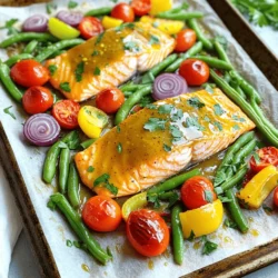 - 4 Lachsfilets - 1 Tasse grüne Bohnen, geputzt - 1 Tasse Kirschtomaten, halbiert - 1 Paprika, in Scheiben geschnitten - 1 kleine rote Zwiebel, in Spalten geschnitten Die Hauptzutaten sind einfach und frisch. Lachs ist voll von gesunden Fetten. Gemüse bringt Farbe und Nährstoffe. Du kannst jede Paprikafarbe verwenden. Das sorgt für Abwechslung auf dem Teller. - 2 Esslöffel Dijonsenf - 2 Esslöffel Honig - 1 Esslöffel Olivenöl - 1 Teelöffel Knoblauchpulver - 1 Teelöffel geräucherter Paprika - Salz und Pfeffer nach Geschmack Die Marinade macht den Lachs besonders lecker. Dijonsenf und Honig geben eine süß-würzige Note. Olivenöl sorgt für die richtige Konsistenz. Gewürze wie Knoblauchpulver und geräucherter Paprika bringen Geschmack. Diese Mischung macht das Gericht einfach unwiderstehlich. Heize deinen Ofen auf 200°C vor. Während der Ofen aufheizt, lege ein großes Backblech mit Backpapier aus. Das Backpapier hilft, das Gericht nicht anzuhaften. So bleibt die Reinigung leicht. Nimm eine kleine Schüssel. Vermenge dort 2 Esslöffel Dijonsenf, 2 Esslöffel Honig und 1 Esslöffel Olivenöl. Füge 1 Teelöffel Knoblauchpulver und 1 Teelöffel geräucherten Paprika hinzu. Würze mit etwas Salz und Pfeffer. Rühre alles gut um. Überprüfe die Konsistenz. Die Marinade sollte glatt und leicht dick sein. Lege 4 Lachsfilets auf eine Seite des Backblechs. Bestreiche jedes Filet mit der Marinade, bis sie gleichmäßig bedeckt sind. Nimm dann die grünen Bohnen, Kirschtomaten, Paprika und rote Zwiebeln. Arrangiere das Gemüse auf der anderen Seite des Backblechs. Beträufle es mit etwas Olivenöl und würze mit Salz und Pfeffer. Mische alles gut durch, damit die Gewürze gleichmäßig verteilt sind. Stelle das Backblech in den vorgeheizten Ofen. Backe das Gericht für 15-20 Minuten. Der Lachs sollte sich leicht mit einer Gabel zerteilen lassen. Das Gemüse wird zart und leicht karamellisiert. Für eine extra knusprige Note schalte in den letzten 2-3 Minuten den Grillmodus ein. So wird alles schön gebräunt. Die richtige Garzeit für den Lachs liegt bei 15 bis 20 Minuten. Achte darauf, dass der Lachs leicht zerfällt, wenn du ihn mit einer Gabel anstichst. Um den Gargrad zu überprüfen, schaue dir die Farbe an. Der Lachs sollte innen zart rosa sein. Wenn du dir nicht sicher bist, schneide ein kleines Stück ab. So siehst du, ob er fertig ist. Für dieses Gericht eignen sich grüne Bohnen, Kirschtomaten, Paprika und rote Zwiebel. Diese Gemüse sorgen für einen bunten und gesunden Teller. Um das Gemüse gleichmäßig zu garen, schneide die Stücke gleich groß. So garen sie zur gleichen Zeit. Mische das Gemüse gut mit den Gewürzen, damit jeder Biss voller Geschmack ist. Du kannst die Marinade nach deinem Geschmack anpassen. Statt Honig kannst du Ahornsirup oder Agavendicksaft verwenden. Das gibt einen anderen süßen Geschmack. Auch Gewürzkombinationen sind wichtig. Probiere zum Beispiel Senf mit Honig und Dijon oder füge frische Kräuter wie Thymian oder Rosmarin hinzu. Das bringt neue Aromen in dein Gericht. {{image_4}} Wenn du keinen Lachs magst, probiere andere Fische. Kabeljau oder Forelle sind gute Optionen. Du kannst auch Hähnchenbrust verwenden. Schneide sie in Stücke und mariniere sie wie den Lachs. Für eine vegetarische Wahl, nimm Tofu. Tofu nimmt die Marinade gut auf und wird lecker. Es ist wichtig, frisches Gemüse zu verwenden. Das macht dein Gericht besser. Im Frühling sind Spargel und Zucchini toll. Im Herbst kannst du Kürbis oder Rosenkohl nutzen. Du musst die Kochzeit anpassen. Härteres Gemüse braucht länger. Weiches Gemüse ist schneller gar. Variiere die Soßen für neue Geschmäcker. Verwende Teriyaki oder BBQ-Soße für einen anderen Twist. Du kannst auch frische Kräuter wie Basilikum oder Koriander hinzufügen. Diese bringen einen neuen Geschmack und machen dein Gericht spannend. Regionale Küchen bieten viele Ideen. Probiere italienische oder asiatische Aromen aus. Um den Honig-Senf-Lachs und das Gemüse frisch zu halten, lagere sie im Kühlschrank. Verwende einen luftdichten Behälter. So bleibt der Lachs saftig und das Gemüse knackig. Wenn du Reste hast, esse sie innerhalb von zwei Tagen. Das hilft, den besten Geschmack zu bewahren. Hier sind einige Tipps, um die Frische zu erhalten: - Lasse das Gericht auf Raumtemperatur abkühlen, bevor du es lagerst. - Lege ein Stück Frischhaltefolie direkt auf die Oberfläche des Gerichts. So vermeidest du das Austrocknen. - Füge ein feuchtes Papiertuch in den Behälter, um das Gemüse frisch zu halten. Wenn du die Reste aufwärmen möchtest, gibt es einige Methoden. Die beste Methode ist, den Ofen zu verwenden. So bleibt der Lachs zart und das Gemüse knusprig. Heize den Ofen auf 180°C vor. Lege die Reste auf ein Backblech und erwärme sie 10 bis 15 Minuten lang. Die Mikrowelle ist schneller, aber der Lachs kann trocken werden. Wenn du die Mikrowelle nutzen möchtest, decke das Gericht mit einem feuchten Papiertuch ab. Dies hilft, die Feuchtigkeit zu halten. Erwärme alles in kurzen Intervallen von 30 Sekunden. Überprüfe oft, um sicherzustellen, dass es nicht zu heiß wird. - Du kannst den Honey Mustard Salmon bis zu drei Tage im Kühlschrank aufbewahren. Achte darauf, ihn in einem luftdichten Behälter zu lagern. So bleibt der Geschmack frisch. Wenn du ihn länger aufbewahren möchtest, friere die Reste ein. So bleibt der Lachs bis zu drei Monate haltbar. - Ja, du kannst die Marinade im Voraus zubereiten. Mische einfach die Zutaten in einer Schüssel. Bewahre die Mischung dann in einem luftdichten Behälter im Kühlschrank auf. So sparst du Zeit, wenn du das Gericht zubereitest. Die Marinade kann bis zu zwei Tage im Kühlschrank bleiben. - Es gibt viele tolle Beilagen zu Honey Mustard Salmon. Hier sind einige Vorschläge: - Reis: Einfache Beilage, die gut mit der Marinade harmoniert. - Quinoa: Gesund und nahrhaft, passt gut zu Lachs und Gemüse. - Salat: Ein frischer grüner Salat sorgt für einen leichten Kontrast. - Kartoffeln: Ofenkartoffeln oder pürierte Kartoffeln sind immer beliebt. - Gemüse: Weitere geröstete oder gedämpfte Gemüse sind ebenfalls lecker. Lachs mit Gemüse und einer köstlichen Marinade ist einfach zubereitet. Du hast gelernt, welche Hauptzutaten du brauchst und wie du den Lachs perfekt garst. Die Tipps helfen dir, gleichmäßiges Garen zu erreichen. Variationen zeigen dir, wie du das Gericht anpassen kannst. Richtiges Lagern verlängert die Haltbarkeit. Diese einfache Anleitung macht das Kochen zum Vergnügen. Probiere es aus und genieße jeden Bissen!