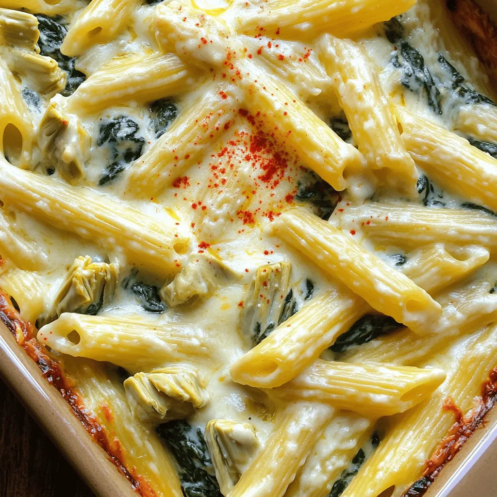 - 340 g Penne-Nudeln - 1 Dose (400 g) Artischockenherzen, abgetropft und grob gehackt - 4 Tassen frischer Spinat, grob gehackt Die Hauptzutaten sind einfach zu finden. Die Penne-Nudeln geben dem Gericht Struktur. Artischockenherzen bringen einen einzigartigen Geschmack. Frischer Spinat sorgt für Farbe und Nährstoffe. - 250 g Ricotta-Käse - 250 g Frischkäse, weich - 100 g geriebener Mozzarella, plus extra für das Topping - 50 g geriebener Parmesan-Käse Käse macht dieses Gericht cremig und köstlich. Ricotta und Frischkäse geben die Basis. Mozzarella sorgt für die perfekte Schmelzschicht. Parmesan verleiht einen tiefen Geschmack. - 3 Knoblauchzehen, fein gehackt - 1 Teelöffel Zitronensaft - 1/2 Teelöffel rote Paprikaflocken (optional für Schärfe) - Salz und Pfeffer nach Geschmack - 1 Esslöffel Olivenöl Gewürze sind das Geheimnis des Geschmacks. Knoblauch bringt Aroma. Zitronensaft fügt Frische hinzu. Rote Paprikaflocken geben einen kleinen Kick, wenn Sie es wünschen. Salz und Pfeffer runden das Gericht perfekt ab. - Heize den Ofen auf 190°C vor. - Koche 340 g Penne-Nudeln in gesalzenem Wasser, bis sie al dente sind. Das dauert normalerweise etwa 10-12 Minuten. Gieße die Nudeln ab und stelle sie beiseite. - Erhitze 1 Esslöffel Olivenöl in einer großen Pfanne bei mittlerer Hitze. - Füge 3 fein gehackte Knoblauchzehen hinzu und brate sie etwa eine Minute an, bis sie duften. - Gib 4 Tassen grob gehackten Spinat in die Pfanne. Brate den Spinat, bis er zusammenfällt. - In einer großen Schüssel vermenge 250 g Ricotta, 250 g Frischkäse, 100 g geriebenen Mozzarella und 50 g Parmesan. - Ergänze die Spinat-Knoblauch-Mischung und 1 Teelöffel Zitronensaft. Rühre alles gut um und würze mit Salz, Pfeffer und, falls gewünscht, 1/2 Teelöffel rote Paprikaflocken. - Füge die gekochten Nudeln und 1 Dose grob gehackte Artischockenherzen zur Käsemischung hinzu. - Mische alles vorsichtig, bis die Nudeln gut überzogen sind. - Gib die Mischung in eine gefettete Auflaufform. - Streue den restlichen geriebenen Mozzarella gleichmäßig darüber. - Backe den Auflauf im vorgeheizten Ofen für 25-30 Minuten, bis der Käse sprudelnd und goldbraun ist. Wie man die richtige Konsistenz erreicht Um die perfekte Konsistenz für Ihren Auflauf zu erzielen, achten Sie darauf, die Nudeln al dente zu kochen. Das verhindert, dass sie im Ofen weiter garen und matschig werden. Mischen Sie die Käsemischung gut, damit sie cremig bleibt. Fügen Sie nach Bedarf etwas mehr Frischkäse hinzu, um die Mischung geschmeidiger zu machen. Tipps zur Käsewahl Die Wahl des Käses ist wichtig. Ricotta gibt eine schöne Cremigkeit. Mozzarella sorgt für einen tollen Schmelz. Parmesan bringt einen herzhaften Geschmack. Experimentieren Sie mit Käsemischungen, um den besten Geschmack für Ihren Auflauf zu finden. Vorbereitungen für eine spätere Zubereitung Sie können den Auflauf leicht im Voraus zubereiten. Bereiten Sie die Mischung bis zum Backen vor und lagern Sie sie im Kühlschrank. Decken Sie die Auflaufform gut ab, damit sie frisch bleibt. Backen Sie den Auflauf einfach später, wenn Sie bereit sind. Aufbewahrungsmöglichkeiten vor dem Backen Lagern Sie die Mischung bis zu zwei Tage im Kühlschrank. Alternativ können Sie den ungebackenen Auflauf auch einfrieren. Stellen Sie sicher, dass Sie ihn gut verpacken. So bleibt er bis zu drei Monate frisch. Beilagen, die gut passen Dieser Auflauf schmeckt wunderbar mit einem frischen Salat. Ein einfacher grüner Salat mit einem Zitronen-Dressing passt gut dazu. Auch Knoblauchbrot ist eine tolle Ergänzung. Es hilft, die cremige Sauce aufzusaugen. Sauce oder Toppings für zusätzlichen Geschmack Für mehr Geschmack können Sie den Auflauf mit frischen Kräutern bestreuen. Basilikum oder Petersilie sind gute Optionen. Sie können auch einen Spritzer Zitronensaft über das Gericht geben, um die Aromen aufzufrischen. {{image_4}} Wenn du nach vegetarischen Optionen suchst, gibt es viele leckere Alternativen. Du kannst Pilze oder Zucchini verwenden, um den Auflauf noch mehr Geschmack zu verleihen. Diese Zutaten sind nicht nur gesund, sondern auch schmackhaft. Sie passen gut zu Spinat und Artischocken. - Pilze: Champignons sind ideal. Sie bringen einen herzhaften Geschmack. - Zucchini: Diese Gemüsesorte ist leicht und frisch. Sie macht den Auflauf noch bunter. Probiere es aus und finde deine Lieblingskombination! Wenn du eine glutenfreie Option benötigst, ist das einfach. Verwende glutenfreie Pasta. Es gibt viele Marken, die leckere Alternativen anbieten. Du kannst Reis-, Mais- oder Quinoa-Pasta wählen. - Reis-Pasta: Sie hat eine ähnliche Textur wie normale Pasta. - Mais-Pasta: Diese Pasta hat einen milden Geschmack und ist sehr nahrhaft. So kannst du den Auflauf genießen, ohne auf Gluten zu achten. Für mehr Proteine kannst du Hähnchen oder Garnelen hinzufügen. Diese Zutaten machen das Gericht noch sättigender. - Hähnchen: Gekochtes oder gebratenes Hähnchen passt gut in den Auflauf. Schneide es in kleine Stücke und mische es unter die Pasta. - Garnelen: Sie sind schnell gar und geben dem Gericht einen feinen Geschmack. Füge sie einfach in der letzten Minute des Kochens hinzu. Mit diesen Variationen wird dein Spinach Artichoke Pasta Bake noch besser! Um übrig gebliebene Portionen richtig zu lagern, lassen Sie den Auflauf zuerst abkühlen. Danach können Sie ihn in einem luftdichten Behälter im Kühlschrank aufbewahren. Er bleibt so frisch für 3 bis 4 Tage. Wenn Sie den Auflauf in Einzelportionen aufteilen, können Sie ihn einfacher genießen. Diese Methode hilft auch bei der Portionskontrolle. Um den Auflauf wieder aufzuwärmen, gibt es zwei einfache Methoden. Sie können ihn im Ofen oder in der Mikrowelle aufwärmen. Für den Ofen heizen Sie ihn auf 180°C vor. Legen Sie den Auflauf in eine Auflaufform und decken Sie ihn mit Aluminiumfolie ab. Backen Sie ihn für etwa 20 Minuten. In der Mikrowelle stellen Sie die Portionen auf einen mikrowellengeeigneten Teller. Erwärmen Sie jede Portion für 2 bis 3 Minuten, bis sie heiß ist. Im Kühlschrank hält sich der Auflauf 3 bis 4 Tage. Für eine längere Lagerung können Sie ihn auch einfrieren. Im Gefrierschrank bleibt er etwa 2 bis 3 Monate haltbar. Stellen Sie sicher, dass der Auflauf gut verpackt ist, um Gefrierbrand zu vermeiden. Um ihn aufzutauen, lassen Sie ihn einfach über Nacht im Kühlschrank. Sie können den Auflauf bis zu zwei Tage im Voraus machen. Bereiten Sie alle Zutaten wie beschrieben vor, dann füllen Sie die Mischung in die Auflaufform. Bedecken Sie die Form gut mit Folie oder einem Deckel. Lagern Sie sie im Kühlschrank. Zum Backen heizen Sie den Ofen auf 190°C vor und backen den Auflauf für 30-35 Minuten. So sparen Sie Zeit, wenn Sie Gäste haben oder eine schnelle Mahlzeit möchten. Ja, Sie können gefrorenen Spinat und Artischockenherzen verwenden. Lassen Sie den Spinat zuerst auftauen und gut abtropfen. Dies verhindert, dass der Auflauf wässrig wird. Bei gefrorenen Artischocken sind keine Anpassungen nötig. Sie können sie direkt in die Mischung geben. Gefrorene Produkte sind oft genauso nahrhaft und schmecken gut. Ja, dieser Auflauf kann gesund sein. Er enthält frischen Spinat, der viele Vitamine bietet. Ricotta und Frischkäse sind gute Proteinquellen. Sie können die Kalorien reduzieren, indem Sie weniger Käse verwenden oder fettarme Varianten wählen. Fügen Sie mehr Gemüse hinzu, um den Nährwert zu steigern. Sie können auch Vollkorn-Pasta verwenden, um die Ballaststoffe zu erhöhen. So bleibt der Genuss ohne schlechtes Gewissen. Dieser Blog-Beitrag zeigt, wie man einen leckeren Auflauf mit Penne, Artischocken und Spinat zubereitet. Zuerst haben wir die Zutaten und ihre Varianten betrachtet. Dann gab ich eine einfache Schritt-für-Schritt-Anleitung. Tipps zur Zubereitung und Lagerung helfen, das Gericht perfekt zu machen. Denken Sie daran, dass kreative Anpassungen den Auflauf noch besser machen können. Experimentieren Sie mit den Zutaten und genießen Sie Ihr Gericht!