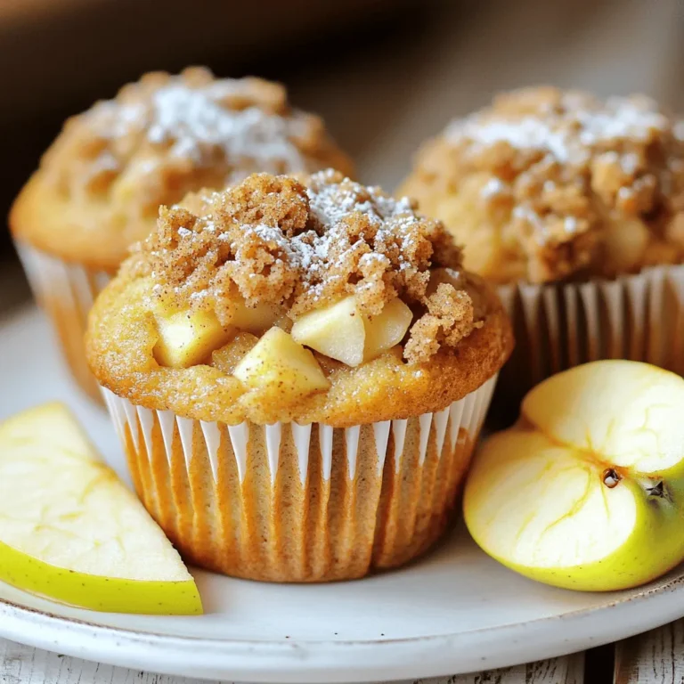 Die Hauptzutaten machen den Geschmack aus. Hier sind die wichtigsten Zutaten für die Muffins: - 1 ½ Tassen Allzweckmehl - 1 Tasse Zucker - ½ Teelöffel Natron - 1 Teelöffel Backpulver - ½ Teelöffel Salz - 1 Teelöffel gemahlener Zimt - ½ Tasse ungesalzene Butter, geschmolzen und abgekühlt - 2 große Eier - 1 Teelöffel Vanilleextrakt - ½ Tasse Milch - 2 Tassen Äpfel, geschält, entkernt und gewürfelt (bevorzugt süße Sorten) Diese Zutaten sorgen für eine saftige und aromatische Grundlage. Die Äpfel geben den Muffins ihre fruchtige Note. Verwende süße Äpfel für den besten Geschmack. Die Streusel sind das Tüpfelchen auf dem i. Sie machen die Muffins besonders knusprig. Hier sind die Zutaten: - ½ Tasse brauner Zucker - ½ Tasse Haferflocken - ½ Tasse Allzweckmehl - 1 Teelöffel gemahlener Zimt - ¼ Tasse kalte ungesalzene Butter, gewürfelt Die Kombination aus Zucker und Haferflocken schafft eine leckere Kruste. Sie gibt den Muffins das perfekte Crunch. Die Qualität der Zutaten ist wichtig. Frische Äpfel bringen mehr Geschmack. Achte darauf, dass die Butter ungesalzen ist, um den Geschmack nicht zu überdecken. Verwende hochwertiges Mehl für die beste Textur. Wenn du diese Tipps beachtest, wirst du großartige Muffins backen. Die richtigen Zutaten machen einen großen Unterschied! Heize deinen Ofen auf 175°C vor. Das ist die ideale Temperatur für die Muffins. Nimm ein Muffinblech und lege es mit Papierförmchen aus oder fette es mit Kochspray ein. So bleiben die Muffins später gut in Form. In einer großen Schüssel vermenge die trockenen Zutaten. Dazu gehören 1 ½ Tassen Allzweckmehl, 1 Tasse Zucker, ½ Teelöffel Natron, 1 Teelöffel Backpulver, ½ Teelöffel Salz und 1 Teelöffel gemahlener Zimt. Verwende einen Schneebesen, um alles gut zu vermischen. So verteilen sich die Zutaten gleichmäßig. In einer anderen Schüssel kombinierst du die feuchten Zutaten. Nimm ½ Tasse geschmolzene Butter, 2 große Eier, 1 Teelöffel Vanilleextrakt und ½ Tasse Milch. Rühre alles gut glatt. Diese Mischung sorgt für die Saftigkeit der Muffins. Gieße die feuchten Zutaten in die Schüssel mit den trockenen Zutaten. Faltete alles vorsichtig zusammen. Achte darauf, nicht zu übermischen. Füge dann die gewürfelten Äpfel hinzu. Mische sie sanft unter den Teig, bis sie gleichmäßig verteilt sind. In einer kleinen Schüssel bereitest du die Streuselmischung zu. Vermenge ½ Tasse braunen Zucker, ½ Tasse Haferflocken, ½ Tasse Mehl und 1 Teelöffel Zimt. Gib die gewürfelte kalte Butter hinzu. Verwende deine Finger oder einen Teigschneider, um alles zu einer krümeligen Mischung zu verarbeiten. Fülle den Muffinteig gleichmäßig in die Muffinförmchen. Jedes Förmchen sollte etwa ¾ voll sein. Streue dann die Streusel großzügig über die Muffins. Backe die Muffins 18-22 Minuten lang. Sie sind fertig, wenn ein Zahnstocher sauber herauskommt. Lass die Muffins 5 Minuten in der Form abkühlen, bevor du sie auf ein Kuchengitter legst. Um perfekte Apfel-Crumble-Muffins zu backen, gibt es einige wichtige Tipps. - Zutaten richtig abmessen: Verwende eine Küchenwaage für genaue Maße. - Butter abkühlen lassen: Geschmolzene Butter sollte nicht heiß sein, um die Eier nicht zu garen. - Äpfel richtig vorbereiten: Verwende süße Äpfel, die gut zum Backen geeignet sind. Das hilft, den besten Geschmack und die beste Textur zu erzeugen. Achte darauf, einige häufige Fehler zu vermeiden. - Übermischen des Teigs: Mische die feuchten und trockenen Zutaten nur, bis sie gerade verbunden sind. - Falsche Ofentemperatur: Stelle sicher, dass der Ofen auf 175°C vorgeheizt ist, bevor du die Muffins backst. - Nicht genug Streusel: Sei großzügig mit der Streuselmischung, um den perfekten Crunch zu erhalten. Diese Tipps sorgen für einen leckeren Genuss. Es gibt viele Möglichkeiten, deine Muffins noch besser zu machen. - Nüsse hinzufügen: Walnüsse oder Mandeln geben einen tollen Crunch. - Zimt oder Muskat: Experimentiere mit verschiedenen Gewürzen für neuen Geschmack. - Trockenfrüchte: Rosinen oder Cranberries bringen eine süße Note hinzu. Solche Variationen machen die Muffins einzigartig und spannend. {{image_4}} Möchtest du noch mehr Geschmack? Füge zusätzlich zu den Äpfeln Beeren hinzu. Himbeeren oder Blaubeeren passen gut. Nüsse wie Walnüsse oder Mandeln geben den Muffins einen tollen Crunch. Einfach einige gehackte Nüsse unter den Teig mischen. Du kannst auch gesündere Optionen ausprobieren. Verwende Vollkornmehl statt Allzweckmehl. Das macht die Muffins nahrhafter. Du kannst weniger Zucker verwenden oder Honig als Süßungsmittel nutzen. Auch Joghurt kann die Milch ersetzen und sorgt für Feuchtigkeit. Für eine glutenfreie Variante benutze glutenfreies Mehl. Es gibt viele gute Mischungen im Laden. Achte darauf, dass die anderen Zutaten auch glutenfrei sind. So kannst du alle genießen, egal welche Ernährung sie haben. Um die Apfel-Crumble-Muffins frisch zu halten, lagere sie in einem luftdichten Behälter. So bleiben sie weich und lecker. Stelle den Behälter an einen kühlen, trockenen Ort. Wenn du die Muffins im Kühlschrank bewahrst, werden sie schnell trocken. Du kannst die Muffins auch einfrieren. Lass sie zuerst ganz abkühlen. Wickele sie dann einzeln in Frischhaltefolie. Lege die Muffins in einen Gefrierbeutel und presse die Luft heraus. So bleiben sie bis zu drei Monate frisch. Zum Auftauen nimm sie einfach aus dem Gefrierfach und lasse sie bei Raumtemperatur auftauen. Die Muffins sind bei richtiger Lagerung bis zu fünf Tage haltbar. Wenn sie etwas trocken werden, kannst du sie in der Mikrowelle für 10 Sekunden erwärmen. So werden sie wieder weich. Du kannst auch etwas Butter oder Marmelade hinzufügen, um den Geschmack aufzufrischen. Die Apfel-Crumble-Muffins bleiben frisch für etwa drei Tage. Lagern Sie sie in einem luftdichten Behälter. So bleibt ihr Geschmack und ihre Textur erhalten. Wenn Sie sie länger aufbewahren möchten, empfehle ich das Einfrieren. Ja, Sie können die Muffins im Voraus backen. Sie sind perfekt für die Vorbereitung. Backen Sie sie einfach und lassen Sie sie abkühlen. Danach können Sie sie in einem Behälter aufbewahren. Erwärmen Sie sie vor dem Servieren für den besten Geschmack. Für diese Muffins empfehle ich süße Äpfel wie Gala oder Fuji. Diese Sorten geben den Muffins eine angenehme Süße. Sie können auch Granny Smith verwenden, wenn Sie einen leicht säuerlichen Geschmack mögen. Achten Sie darauf, die Äpfel gut zu schälen und zu würfeln. In diesem Artikel haben wir die wichtigsten Zutaten für Apfel-Crumble-Muffins besprochen. Du hast gelernt, wie man den Teig und die Streusel zubereitet. Wir haben Tipps gegeben, um das perfekte Ergebnis zu erreichen und Variationen für mehr Geschmack vorgestellt. Zudem hast du erfahren, wie man die Muffins richtig lagert und aufbewahrt. Teste die Rezepte und variiere sie nach deinem Geschmack. Muffins können einfach und lecker sein. Viel Spaß beim Backen!