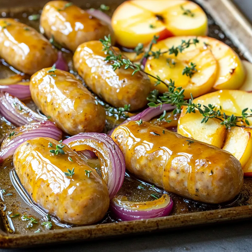 - 450 g Hähnchen- oder Putenwürstchen, in Scheiben geschnitten - 2 große Äpfel (z. B. Honeycrisp oder Granny Smith), entkernt und in Scheiben geschnitten - 1 rote Zwiebel, in Spalten geschnitten Die Hauptzutaten sind einfach und lecker. Ich liebe die Kombination von Wurst und Äpfeln. Die Würstchen geben einen herzhaften Geschmack. Die Äpfel bringen eine süße Frische ins Gericht. Eine rote Zwiebel sorgt für einen tollen, würzigen Kontrast. - 2 Esslöffel Olivenöl - 60 ml 100% reiner Ahornsirup - 1 Teelöffel Dijon-Senf Diese Zutaten sind wichtig für die Glasur. Das Olivenöl hilft, alles saftig zu halten. Der Ahornsirup gibt eine süße Note. Dijon-Senf fügt Tiefe und Würze hinzu. Diese Mischung macht das Gericht besonders lecker. - 1 Teelöffel gemahlener Zimt - Salz und Pfeffer nach Geschmack - Frische Thymianblätter zur Garnitur (optional) Die Gewürze sind der Schlüssel zu diesem Rezept. Zimt bringt Wärme und süßen Geschmack. Salz und Pfeffer betonen die Aromen. Wenn du magst, füge frische Thymianblätter hinzu. Sie geben ein tolles Aroma und sehen schön aus. Heize deinen Ofen auf 200 °C vor. Das ist wichtig, damit alles gleichmäßig gart. Bereite ein großes Backblech vor, indem du es leicht mit Olivenöl einfettest oder mit Backpapier auslegst. Dies verhindert, dass die Zutaten ankleben. Schneide die Würstchen in gleichmäßige Scheiben. Dies hilft, dass sie gleichmäßig bräunen. Nimm die Äpfel, entkerne sie und schneide sie in dünne Scheiben. Honeycrisp oder Granny Smith eignen sich gut, da sie süß und knackig sind. Schneide auch die rote Zwiebel in Spalten. Jetzt kommt die Glasur! In einer kleinen Schüssel mische 2 Esslöffel Olivenöl, 60 ml reinen Ahornsirup, 1 Teelöffel Dijon-Senf, 1 Teelöffel gemahlenen Zimt, Salz und Pfeffer. Rühre alles gut um, bis die Mischung gleichmäßig aussieht. Verteile die geschnittenen Würstchen, Äpfel und Zwiebeln gleichmäßig auf dem Backblech. Gieße die Glasur über die Mischung und rühre alles gut um. Achte darauf, dass alle Stücke gut mit der Glasur überzogen sind. Backe das Gericht im vorgeheizten Ofen für 25 bis 30 Minuten. Nach der Hälfte der Backzeit rühre die Mischung um. So werden die Würstchen schön gebräunt und die Äpfel zart. Nach dem Backen lass das Blech für ein paar Minuten abkühlen, bevor du es servierst. - Würstchen gleichmäßig anordnen: Lege die Würstchen gleichmäßig auf das Blech. So garen sie gut und bekommen eine schöne Farbe. - Die richtige Backzeit beachten: Achte darauf, die Backzeit von 25-30 Minuten einzuhalten. So bleiben die Äpfel zart und die Würstchen schön knusprig. - Zu viel oder zu wenig Glasur verwenden: Mische die Glasur gut. Du willst die perfekte Menge, damit alles lecker schmeckt. Zu viel macht es süß, zu wenig lässt die Zutaten trocken. - Zutaten vor dem Backen nicht vermengen: Vergiss nicht, die Zutaten gut zu vermengen, bevor du sie ins Blech gibst. So verteilt sich der Geschmack gleichmäßig. - Präsentation auf der Servierplatte: Serviere das Gericht direkt vom Blech oder auf einer schönen Platte. So sieht es einladend aus. - Garnierung mit Thymian: Ein paar frische Thymianblätter obenauf machen es hübsch und verleihen einen frischen Geschmack. {{image_4}} Du kannst verschiedene Wurstsorten für dieses Rezept verwenden. Hähnchen- oder Putenwürstchen sind leicht und lecker. Wenn du etwas anderes magst, probiere Schweinswürstchen oder vegane Würstchen. Vegetarische Alternativen sind auch einfach zu finden und passen gut zu den Äpfeln. So bleibt das Gericht gesund und sättigend. Äpfel machen dieses Gericht besonders lecker. Du kannst verschiedene Apfelsorten verwenden, um den Geschmack zu verändern. Honeycrisp gibt Süße, während Granny Smith Säure hinzufügt. Für einen zusätzlichen Kick kannst du auch Trockenfrüchte wie Cranberries oder Rosinen hinzufügen. Diese sorgen für mehr Textur und Geschmack. Du kannst das Rezept mit mehr Gemüse anpassen. Karotten und Süßkartoffeln sind tolle Ergänzungen. Sie bringen eine schöne Süße und Farbe ins Gericht. Auch Blattgemüse wie Spinat oder Grünkohl passt gut. Einfach zum Schluss unterheben, um eine gesunde Note zu erhalten. Um die Reste sicher zu lagern, nutzen Sie einen luftdichten Behälter. Das schützt die Aromen. Stellen Sie sicher, dass der Behälter sauber ist. So bleibt das Gericht frisch und lecker. Die maximale Lagerzeit im Kühlschrank beträgt drei bis vier Tage. Nach dieser Zeit kann der Geschmack leiden. Wenn Sie das Gericht einfrieren möchten, lassen Sie es zuerst abkühlen. Teilen Sie es in Portionen auf. Nutzen Sie gefriergeeignete Behälter oder Beutel. Drücken Sie die Luft heraus, um Gefrierbrand zu vermeiden. Zum Auftauen legen Sie die Portionen über Nacht in den Kühlschrank. Erwärmen Sie das Gericht dann im Ofen oder in der Mikrowelle. So bleibt der Geschmack fast wie frisch zubereitet. Sie können Reste kreativ verwenden. Fügen Sie sie zu einem Omelett hinzu oder machen Sie Wraps. Sie können auch einen herzhaften Eintopf daraus kochen. Eine weitere Idee ist, die Mischung auf einem Salat zu servieren. So bringen Sie Abwechslung auf den Tisch. Experimentieren Sie und finden Sie neue Lieblingsgerichte! Die Zubereitung dauert insgesamt etwa 40 Minuten. Davon sind 10 Minuten für die Vorbereitung nötig. Die Kochzeit im Ofen beträgt 25 bis 30 Minuten. Dies ist schnell und einfach, ideal für ein schnelles Abendessen. Ja, du kannst die Wurst weglassen. Eine gute vegetarische Option sind Kichererbsen oder Tofu. Diese geben dir Protein und Geschmack. Du kannst auch eine Mischung aus Gemüse wie Paprika oder Zucchini nutzen. Diese Varianten sind lecker und gesund. Das Gericht passt gut zu einem frischen grünen Salat. Ein einfacher Obstsalat ergänzt die Aromen wunderbar. Als Getränk empfehle ich Apfelsaft oder einen leichten Weißwein. Diese Kombinationen machen das Essen rundum perfekt. Dieses Gericht vereint würzige Wurst, süße Äpfel und aromatische Zwiebeln in einer tollen Kombination. Wir haben die Hauptzutaten und die besten Tipps zur Zubereitung besprochen. Vergessen Sie nicht die Variationen, um Ihre Kreativität auszuleben. Mit den lagermöglichkeiten bleibt nichts übrig und Sie können Reste sinnvoll nutzen. Kochzeit und die richtige Würzung sind wichtig. Probieren Sie es aus und genießen Sie die köstlichen Ergebnisse!