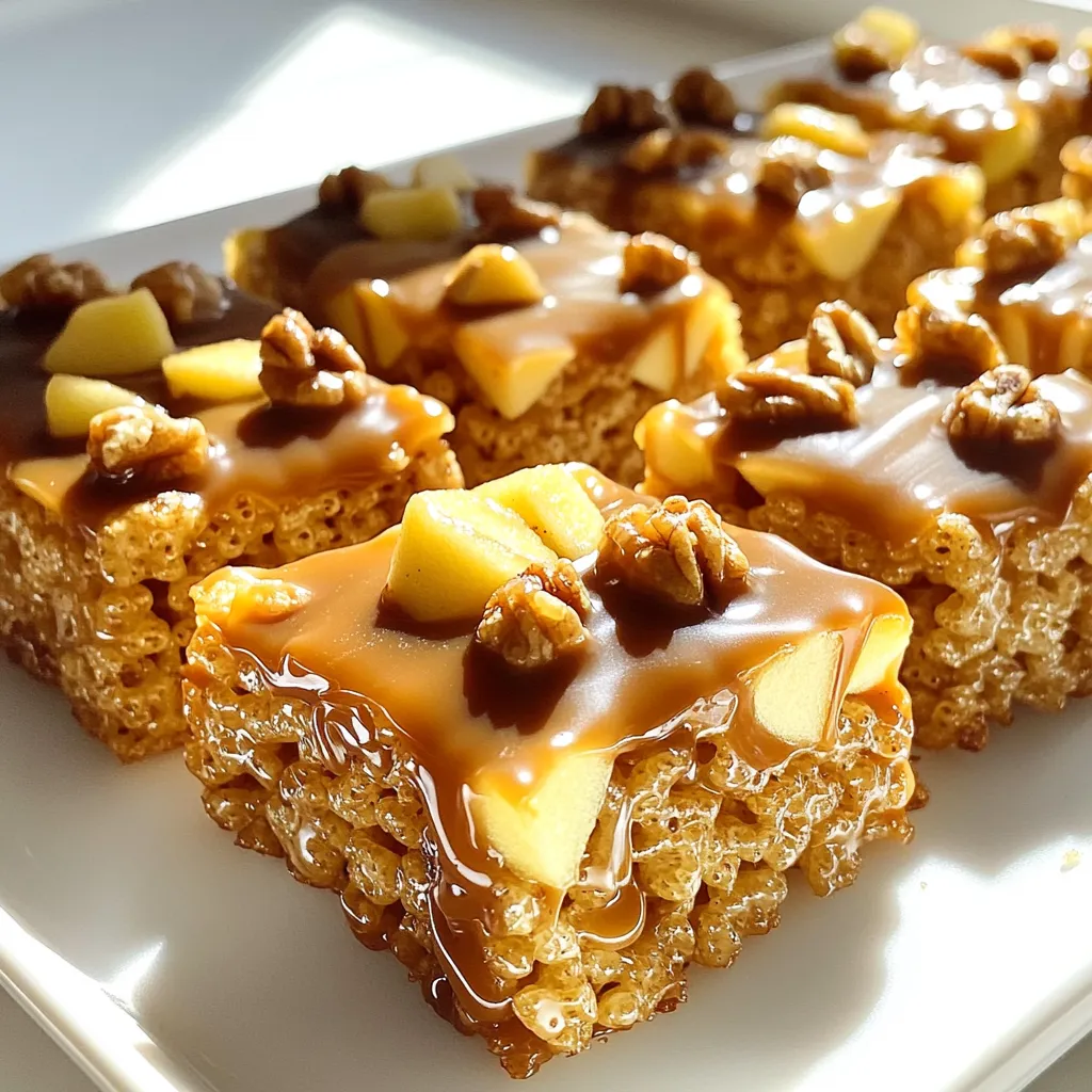 Die Hauptzutaten für diese leckeren Snacks sind einfach und leicht zu finden: - 4 Tassen Rice Krispies Cerealien - 1 Tasse Mini-Marshmallows - 3 Esslöffel ungesalzene Butter - 1 Tasse Karamellsauce - 1 großer Apfel (geschält und gewürfelt) - 1/2 Teelöffel Zimt - 1/2 Tasse gehackte Walnüsse oder Pekannüsse (optional) - 1/4 Tasse Schokoladenstückchen (optional) Diese Zutaten geben den Leckereien ihren süßen und fruchtigen Geschmack. Der Apfel bringt frische und etwas Säure in das Rezept. Wenn du etwas mehr Vielfalt wünschst, kannst du zusätzliche Zutaten verwenden: - Anstelle von Walnüssen kannst du Pekannüsse verwenden. - Du kannst den Apfel durch eine andere Sorte ersetzen, wie Fuji oder Honeycrisp. - Füge weitere Gewürze wie Muskatnuss für einen speziellen Geschmack hinzu. Diese Alternativen machen deine Leckereien noch interessanter und passen zu deinem Geschmack. Achte darauf, frische Zutaten zu wählen. - Für den Apfel sind Granny Smith ideal. Sie sind knackig und sauer. - Verwende ungesalzene Butter für den besten Geschmack. - Bei der Karamellsauce kannst du eine hochwertige Marke wählen oder sie selbst machen. Die Auswahl guter Zutaten macht einen großen Unterschied im Geschmack. Verwende frische und hochwertige Produkte, um die besten Karamell-Apfel Rice Krispie Leckereien zu kreieren. Beginne mit der Vorbereitung deiner Mischung. Nimm einen großen Kochtopf und stelle ihn auf niedrige Hitze. Füge 3 Esslöffel ungesalzene Butter hinzu. Lass die Butter langsam schmelzen. Das dauert einen Moment. Achte darauf, dass die Butter nicht bräunt. Sobald die Butter geschmolzen ist, füge 1 Tasse Mini-Marshmallows hinzu. Rühre ständig, bis die Marshmallows komplett geschmolzen sind. Sie sollten glatt und glänzend sein. Dies ist der Schlüssel zu einer guten Konsistenz. Jetzt ist es Zeit für die Kombination der Zutaten. Nimm den Kochtopf vom Herd. Gib 1 Tasse Karamellsauce in die geschmolzene Marshmallow-Mischung. Rühre gut um, bis alles gut vermischt ist. Die Karamellsauce gibt den Leckereien ihren tollen Geschmack. Füge dann 4 Tassen Rice Krispies hinzu. Verwende einen Spatel, um die Cerealien sanft unterzuheben. Achte darauf, dass die Rice Krispies gleichmäßig mit der Karamell-Mischung überzogen sind. Jetzt kommen die gewürfelten Äpfel hinzu. Nimm einen großen Apfel, schäle ihn und schneide ihn in kleine Stücke. Füge die Apfelstücke zusammen mit 1/2 Teelöffel Zimt und optional 1/2 Tasse gehackten Nüssen hinzu. Rühre alles gut um, bis die Zutaten gleichmäßig verteilt sind. Für das Formen der Leckereien nimm eine 23x33 cm große Backform. Fette sie leicht mit Kochspray oder Butter ein. Gieße die Mischung in die vorbereitete Form. Verwende deine Hände oder einen Spatel, um die Mischung gleichmäßig andrücken. Sobald die Mischung gut verteilt ist, lasse die Leckereien bei Raumtemperatur etwa 30 Minuten abkühlen. Dies hilft, dass sie fest werden. Nachdem sie abgekühlt sind, schneide sie in Quadrate oder Rechtecke. Jetzt sind deine Karamell-Apfel Rice Krispie Leckereien bereit zum Servieren! Um die perfekte Konsistenz zu erreichen, schmelze die Butter bei mittlerer Hitze. Achte darauf, dass die Mini-Marshmallows gleichmäßig schmelzen. Rühre ständig, um Klumpen zu vermeiden. Füge die Karamellsauce erst hinzu, wenn die Marshmallows glatt sind. Dies hilft, eine cremige Basis zu erhalten. Wenn du die Rice Krispies hinzufügst, falte sie vorsichtig unter. So bleiben sie knusprig. Ein häufiger Fehler ist das Überhitzen der Butter und Marshmallows. Das kann zu einer harten Mischung führen. Ein weiterer Fehler ist das ungenaue Messen der Zutaten. Verwende eine Küchenwaage oder Messbecher. Lass die Mischung auch nicht zu lange abkühlen, bevor du sie in die Form drückst. Die Mischung sollte noch warm sein, um gut zu haften. Für eine schöne Präsentation schneide die Leckereien in gleichmäßige Stücke. Du kannst die Stücke auf einem hübschen Teller anrichten. Streue einige gehackte Nüsse oder ein wenig Zimt darüber. Für einen Farbtupfer kannst du auch frische Apfelstücke auflegen. Wenn du die Schokoladenstückchen verwendest, achte darauf, dass sie gleichmäßig verteilt sind. Das sieht toll aus und schmeckt noch besser! {{image_4}} Schokolade bringt einen tollen Geschmack. Du kannst Schokoladenstückchen hinzufügen. Diese kannst du über die Leckereien träufeln. Nutze Zartbitter- oder Vollmilchschokolade. Das macht die Leckereien süßer. Du kannst auch Schokoladenpudding anstelle von Karamellsauce verwenden. Das klingt vielleicht anders, aber es schmeckt großartig. Es gibt viele Wege, Schokolade zu nutzen. Lass deiner Kreativität freien Lauf! Früchte machen die Rice Krispie Leckereien frisch und bunt. Du kannst auch andere Früchte verwenden. Füge kleine Stücke von getrockneten Äpfeln oder Cranberries hinzu. Diese geben etwas Säure und Süße. Eine weitere gute Option sind Bananen. Stelle sicher, dass du die Bananen gleich nach dem Schneiden hinzufügst. So bleiben sie frisch. Denke auch an das Hinzufügen von kleinen Stückchen von frischen Erdbeeren oder Himbeeren. Falls du Nüsse vermeiden möchtest, gibt es tolle Alternativen. Du kannst die Walnüsse oder Pekannüsse ganz weglassen. Das Rezept bleibt trotzdem lecker und knusprig. Eine Option sind Sonnenblumenkerne. Diese geben einen tollen Crunch und sind nussfrei. Du kannst auch geröstete Kokosnussflocken hinzufügen. Diese bringen einen tropischen Geschmack und sind nussfrei. Um deine Karamell-Apfel Rice Krispie Leckereien frisch zu halten, lagere sie in einem luftdichten Behälter. Das schützt sie vor Feuchtigkeit und hält sie knusprig. Stelle den Behälter an einen kühlen, trockenen Ort. Vermeide direkte Sonneneinstrahlung und hohe Temperaturen. So bleiben sie länger lecker. Diese köstlichen Leckereien halten sich bis zu einer Woche. Nach ein paar Tagen können sie weicher werden, aber der Geschmack bleibt gleich. Wenn du sie länger aufbewahren möchtest, denke an das Einfrieren, um die Frische zu bewahren. Um die Leckereien einzufrieren, schneide sie in Portionen. Wickele jede Portion in Frischhaltefolie. Lege sie dann in einen gefrierfesten Beutel oder Behälter. Sie halten sich im Gefrierschrank bis zu drei Monate. Zum Auftauen lasse sie einfach bei Raumtemperatur stehen. So hast du immer einen schnellen Snack bereit! Die Zubereitung dauert etwa 15 Minuten. Das Kühlen der Leckereien benötigt etwa 30 Minuten. Insgesamt sind es also rund 45 Minuten von Anfang bis Ende. Du kannst in dieser Zeit andere Sachen vorbereiten oder einfach warten, bis sie fest werden. Ja, du kannst die Karamellsauce einfach selbst zubereiten. Dazu schmelze 1 Tasse Zucker in einem Topf bei mittlerer Hitze. Rühre, bis der Zucker goldbraun ist. Füge dann langsam 1/2 Tasse Sahne und 3 Esslöffel Butter hinzu. Rühre alles gut um, bis die Mischung glatt ist. Lass die Sauce abkühlen, bevor du sie verwendest. Ich empfehle Granny Smith Äpfel. Sie sind sauer und bieten einen tollen Kontrast zur Süße des Karamells. Du kannst auch andere Äpfel wie Honeycrisp oder Fuji verwenden, wenn du es süßer magst. Achte darauf, die Äpfel gut zu schälen und in kleine Würfel zu schneiden. So vermischen sie sich gut. Karamellisierte Apfel Rice Krispie Leckereien sind einfach und lecker. Wir haben die besten Zutaten, eine klare Anleitung und nützliche Tipps besprochen. Auch Varianten und Lagerungshinweise sind wichtig für deinen Erfolg. Die Kombination aus knusprigen Reisflocken und süßem Karamell ist unwiderstehlich. Probiere verschiedene Frucht- und Schokoladenzusätze aus, um neue Geschmäcker zu entdecken. Diese Leckereien sind perfekt für jede Gelegenheit. Halte deine Kreationen frisch und genieße sie lange!