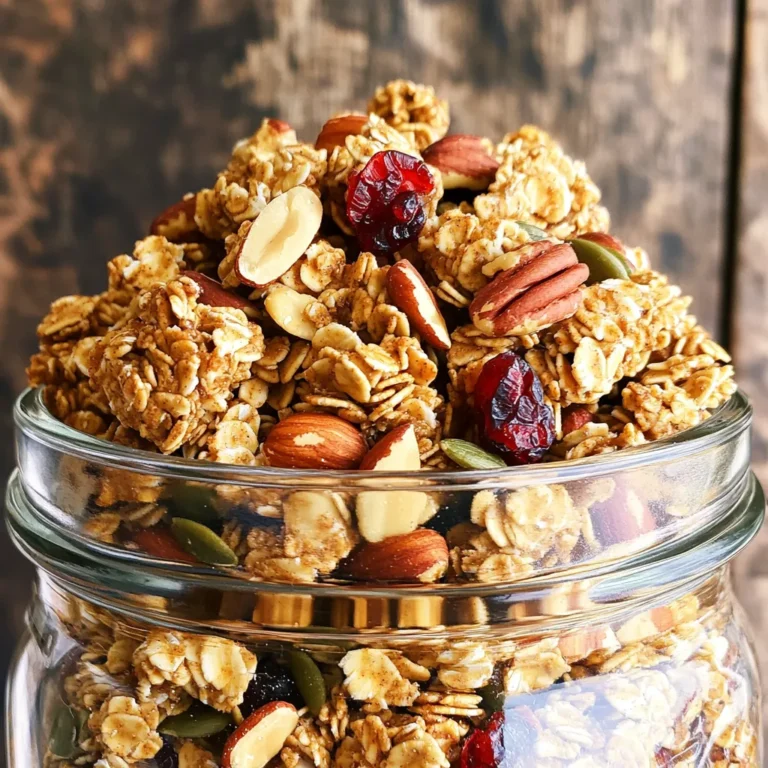 Um köstliche Granola-Cluster zu machen, benötigst du folgende Hauptzutaten: - 2 Tassen Haferflocken - 1 Tasse Pekannüsse, grob gehackt - 1/2 Tasse Mandeln, gehobelt - 1/4 Tasse Sonnenblumenkerne - 1/4 Tasse Kürbiskerne - 1/2 Tasse Ahornsirup - 1/4 Tasse Kokosöl, geschmolzen - 1 Teelöffel Vanilleextrakt - 1 Teelöffel Zimt - 1/2 Teelöffel Salz Diese Zutaten bieten eine perfekte Mischung aus Geschmack und Textur. Die Haferflocken geben dir eine gute Basis, während die Nüsse für Crunch sorgen. Ahornsirup bringt die süße Note. Wenn du etwas mehr Vielfalt möchtest, kannst du folgende Zutaten hinzufügen: - 1/2 Tasse getrocknete Cranberries oder Rosinen (optional) Diese Früchte fügen eine süße, fruchtige Note hinzu. Du kannst auch andere Trockenfrüchte verwenden, wenn du magst. Achte beim Einkaufen auf die Qualität der Zutaten. Hier sind einige Tipps: - Verwende frische Nüsse. Sie sollten knackig und nicht ranzig sein. - Wähle reinen Ahornsirup. Er hat einen vollen, reichen Geschmack. - Kaufe biologische Haferflocken, wenn möglich. Sie sind oft gesünder und geschmackvoller. Mit diesen Zutaten wird dein Granola besonders lecker. Viel Spaß beim Ausprobieren! Zuerst heize deinen Ofen auf 175°C vor. Nimm ein großes Backblech und lege es mit Backpapier aus. Das Backpapier hilft, die Granola später leicht zu lösen. Achte darauf, dass du alle Zutaten bereit hast. Du brauchst Haferflocken, Pekannüsse, Mandeln, Sonnenblumenkerne, Kürbiskerne, Ahornsirup, Kokosöl, Vanilleextrakt, Zimt, Salz und optional getrocknete Cranberries oder Rosinen. In einer großen Schüssel mischst du die Haferflocken, die grob gehackten Pekannüsse, die gehobelten Mandeln, die Sonnenblumenkerne und die Kürbiskerne. Rühre alles gut durch. So verteilen sich die Zutaten gleichmäßig. Dies ist wichtig, damit jeder Biss voll von Geschmack ist. Achte darauf, dass keine Klumpen entstehen. In einer separaten Schüssel verquirlst du den Ahornsirup, das geschmolzene Kokosöl, den Vanilleextrakt, den Zimt und das Salz. Mische alles, bis es gut vermengt ist. Gieße die feuchte Mischung über die trockenen Zutaten. Rühre alles um, bis jede Zutat gleichmäßig bedeckt ist. Verteile die Mischung auf dem Backblech. Drücke sie mit einem Löffel fest zusammen. So entstehen die leckeren Cluster. Backe die Mischung 20-25 Minuten lang, bis sie goldbraun ist. Rühre nach der ersten Hälfte um, um gleichmäßiges Garen zu gewährleisten. Lass die Granola auf dem Blech abkühlen. So wird sie fester und bildet schöne Cluster. Wenn sie abgekühlt ist, kannst du die getrockneten Früchte hinzufügen, falls du welche verwendest. Fülle die Granola-Cluster in einen luftdichten Behälter. Um perfekte Cluster zu machen, drücke die Mischung gut zusammen. Das hilft den Zutaten, beim Backen zu haften. Verwende frische Zutaten für den besten Geschmack. Achte darauf, dass die Mischung gleichmäßig verteilt ist. So garen die Cluster gleichmäßig und werden schön knusprig. Wenn du die Granola nach dem Backen abkühlst, lassen sich die Cluster besser formen. Ein häufiger Fehler ist, die Granola zu lange zu backen. Behalte die Granola im Auge, damit sie nicht verbrennt. Rühre die Mischung nach der ersten Backzeit um. So wird sie gleichmäßig goldbraun. Ein weiterer Fehler ist, die Mischung nicht genug zu drücken. Wenn die Mischung locker bleibt, entstehen keine schönen Cluster. Lass die Granola vollständig abkühlen, bevor du sie lagerst. So bleiben die Cluster fest. Du kannst die Nüsse und Samen nach deinem Geschmack ändern. Mandeln, Walnüsse oder Cashews passen gut dazu. Wenn du es süßer magst, füge mehr Ahornsirup hinzu. Für zusätzlichen Geschmack kannst du Zimt oder Muskatnuss verwenden. Wenn du Trockenfrüchte magst, mische Cranberries oder Rosinen unter. Experimentiere mit den Zutaten, um deine perfekte Mischung zu finden. {{image_4}} Du kannst die Pekannüsse durch andere Nüsse ersetzen. Mandeln sind eine tolle Wahl. Sie bringen eine schöne Knusprigkeit. Walnüsse sind ebenfalls lecker und haben einen reichhaltigen Geschmack. Du kannst auch verschiedene Samen nutzen, wie Chiasamen oder Flachssamen. Diese fügen mehr Nährstoffe hinzu und machen die Granola noch gesünder. Ahornsirup ist klassisch, aber nicht die einzige Option. Du kannst Honig oder Agavendicksaft verwenden. Beide geben einen süßen, leckeren Geschmack. Wenn du es weniger süß magst, probiere Kokosblütenzucker oder Dattelsirup. Diese Süßstoffe haben einen einzigartigen Geschmack und sind oft gesünder. Früchte machen Granola noch besser. Getrocknete Cranberries sind beliebt, aber du kannst auch Rosinen oder getrocknete Aprikosen nehmen. Frische Früchte wie Bananen oder Beeren passen gut dazu. Auch Gewürze wie Muskatnuss oder Ingwer können eine spannende Note bringen. Ein Hauch von Zitrone oder Orangenschale sorgt für Frische und macht die Granola besonders lecker. Um die besten Ergebnisse zu erzielen, bewahren Sie Ihre Granola-Cluster in einem luftdichten Behälter auf. Wählen Sie einen kühlen, trockenen Ort, um die Frische zu erhalten. Vermeiden Sie direkte Sonneneinstrahlung, da dies die Cluster weich machen kann. Ein Vorratsglas ist eine gute Wahl für die Lagerung. So bleiben die Cluster knusprig und lecker. Granola-Cluster halten sich bis zu zwei Wochen, wenn sie richtig gelagert werden. Nach dieser Zeit können sie an Knusprigkeit verlieren. Achten Sie darauf, das Verfallsdatum der Zutaten zu überprüfen. Wenn Sie die Cluster länger aufbewahren möchten, können Sie sie einfrieren. Im Gefrierschrank bleiben sie bis zu drei Monate frisch. Wenn Ihre Granola-Cluster weich geworden sind, gibt es einfache Lösungen. Rösten Sie sie kurz im Ofen bei 150°C. Dies macht sie wieder knusprig. Sie können sie auch in Joghurt oder Müslis verwenden. So genießen Sie die Cluster auf neue Weise. Fügen Sie sie zu Smoothies oder Obstsalaten hinzu, um den Geschmack zu verbessern. Die Zubereitung der Karamellisierten Pekan-Nuss-Granola-Cluster dauert etwa 35 Minuten. Davon sind 10 Minuten für die Vorbereitung nötig. Dann backen Sie die Cluster für 20 bis 25 Minuten im Ofen. Während dieser Zeit können Sie die Küche aufräumen und sich auf den Snack freuen. Ja, Sie können die Granola-Cluster einfrieren. Ich empfehle, sie in einem luftdichten Behälter aufzubewahren. So bleiben sie frisch und knackig. Wenn Sie einen Snack wollen, nehmen Sie einfach die gewünschte Menge heraus und lassen Sie sie auftauen. So haben Sie immer einen leckeren Snack griffbereit. Granola-Cluster sind eine großartige Snack-Option. Sie bieten viele Vorteile: - Haferflocken: Sie sind reich an Ballaststoffen und halten Sie satt. - Nüsse: Pekannüsse und Mandeln liefern gesunde Fette und Eiweiß. - Sonnenblumen- und Kürbiskerne: Diese sind voll von Vitaminen und Mineralien. - Ahornsirup: Er bietet natürliche Süße ohne raffinierten Zucker. Diese Zutaten machen Granola-Cluster zu einem nahrhaften Snack, den Sie genießen können! Karamellisierte Pekan-Nuss-Granola-Cluster sind einfach zuzubereiten und lecker. Wir haben die Hauptzutaten, optionale Extras und die besten Auswahlhinweise besprochen. Ich gab dir eine Schritt-für-Schritt-Anleitung und viele Tipps, um perfekte Cluster zu machen. Verschiedene Variationen und Aufbewahrungshinweise erweitern deine Möglichkeiten. Denke daran, wie lange du sie zubereitest und ihre Haltbarkeit. Mit diesem Wissen kannst du leckeres Granola ganz nach deinem Geschmack machen und genießen!