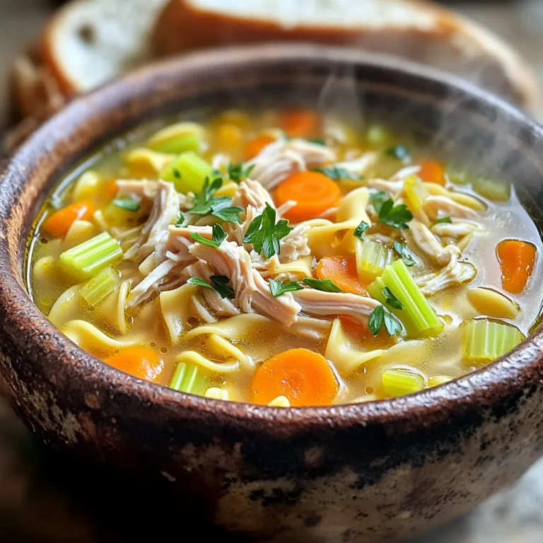 Für diese Suppe brauche ich einige frische und gesunde Zutaten. Hier sind die Hauptbestandteile, die du benötigst: - 450 g hautloses, entbeintes Hühnchenbrustfilet - 960 ml natriumarme Hühnchenbrühe - 480 ml Wasser - 280 g Karotten, in Scheiben geschnitten - 280 g Sellerie, gewürfelt - 1 mittlere Zwiebel, gehackt - 3 Knoblauchzehen, fein gehackt - 225 g Eiernudeln Diese Zutaten bilden die Basis für eine köstliche und herzhafte Suppe. Die Gewürze verleihen der Suppe ihren besonderen Geschmack. Hier sind die Gewürze, die ich verwende: - 1 Teelöffel getrockneter Thymian - 1 Teelöffel getrocknete Petersilie - 1 Teelöffel schwarzer Pfeffer - 1 Lorbeerblatt - Salz nach Geschmack Diese Gewürze helfen, die Aromen der anderen Zutaten zu verstärken. Um die Suppe noch schöner zu machen, füge ich gerne einige Garnituren hinzu. Hier sind meine Optionen: - Frische Petersilie zur Garnitur - Rustikales Brot als Beilage Diese Garnituren geben der Suppe eine schöne Note und machen die Mahlzeit komplett. Zuerst bereiten wir alles vor. Schneiden Sie die Karotten in Scheiben. Würfeln Sie den Sellerie und hacken Sie die Zwiebel. Zerdrücken Sie den Knoblauch. Diese Schritte sind einfach und machen die Suppe lecker. Geben Sie das Olivenöl in den Slow Cooker. Fügen Sie die Zwiebel, den Knoblauch, die Karotten und den Sellerie hinzu. Rühren Sie alles gut um. Legen Sie die Hühnchenbrust gleichmäßig auf das Gemüse. Gießen Sie die Hühnchenbrühe und das Wasser hinein. Alle Zutaten sollten gut bedeckt sein. Fügen Sie die Gewürze hinzu und rühren Sie sanft um. Decken Sie den Slow Cooker ab. Kochen Sie die Suppe auf niedriger Stufe für 6 bis 8 Stunden oder auf hoher Stufe für 3 bis 4 Stunden. Wenn das Hühnchen zart ist, nehmen Sie es heraus und zerkleinern Sie es mit zwei Gabeln. Geben Sie das Hühnchen zurück in den Slow Cooker. Fügen Sie die Eiernudeln hinzu. Lassen Sie die Suppe für 20 bis 30 Minuten kochen, bis die Nudeln gar sind. Schmecken Sie die Suppe ab und fügen Sie Salz hinzu. Entfernen Sie das Lorbeerblatt vor dem Servieren. Um den Geschmack Ihrer Hühnchen-Nudelsuppe zu verbessern, nutzen Sie frische Kräuter. Frische Petersilie und Thymian bringen einen tollen Duft. Fügen Sie einen Spritzer Zitrone hinzu, um die Aromen aufzuhellen. Wenn Sie eine tiefere Note möchten, verwenden Sie auch etwas Sojasauce. Diese kleinen Tricks machen einen großen Unterschied. Die Konsistenz der Suppe sollte cremig, aber nicht zu dick sein. Wenn die Suppe zu dick wird, fügen Sie mehr Brühe oder Wasser hinzu. Achten Sie darauf, die Nudeln nicht zu lange zu kochen. Sie sollten al dente sein, damit sie nicht matschig werden. Wenn die Suppe abkühlt, kann sie dicker werden. Rühren Sie vor dem Servieren gut um. Der Slow Cooker spart viel Zeit. Sie können alle Zutaten morgens vorbereiten und sie dann einfach in den Topf geben. Lassen Sie die Suppe während des Tages garen. Kommen Sie nach Hause und genießen Sie ein warmes Abendessen. Wenn Sie weniger Zeit haben, können Sie das Hühnchen auch vorher kochen. Dann fügen Sie es später einfach hinzu. {{image_4}} Sie können die Hühnchen-Nudelsuppe anpassen. Versuchen Sie zum Beispiel, Putenfleisch zu verwenden. Es hat einen ähnlichen Geschmack und ist leicht. Wenn Sie ein wenig mehr Gemüse wollen, können Sie auch Brokkoli oder Erbsen hinzufügen. Diese bringen Farbe und Nährstoffe in die Suppe. Für einen reicheren Geschmack fügen Sie etwas Mais hinzu. Das gibt der Suppe eine süße Note. Sie möchten eine vegetarische Suppe? Kein Problem! Statt Hühnchen nehmen Sie Tofu oder Kichererbsen. Diese Zutaten sind gesund und sättigend. Verwenden Sie Gemüsebrühe anstelle von Hühnchenbrühe. Sie können auch mehr Gemüse hinzufügen, wie z. B. Zucchini oder Paprika. Das macht die Suppe bunt und lecker. Fügen Sie zusätzlich etwas Kreuzkümmel für einen besonderen Geschmack hinzu. Die Gewürze sind wichtig für den Geschmack. Sie können mit den Kräutern spielen. Wenn Sie mehr Frische möchten, fügen Sie frischen Thymian oder Basilikum hinzu. Für eine schärfere Note sind rote Pfefferflocken eine gute Wahl. Wenn Sie es lieber mild mögen, reduzieren Sie den schwarzen Pfeffer. Denken Sie daran, die Gewürze nach und nach hinzuzufügen. So können Sie den perfekten Geschmack finden. Um Ihre Hühnchen-Nudelsuppe richtig zu lagern, lassen Sie sie zuerst abkühlen. Gießen Sie die Suppe dann in einen luftdichten Behälter. Achten Sie darauf, etwas Platz oben zu lassen, da die Suppe beim Einfrieren expandiert. Verwenden Sie kleinere Behälter für eine einfache Portionierung. So haben Sie immer eine leckere Mahlzeit bereit! Im Kühlschrank bleibt die Suppe frisch für etwa 3 bis 4 Tage. Wenn Sie sie länger aufbewahren möchten, frieren Sie sie ein. In einem Gefrierschrank hält die Suppe bis zu 3 Monate. Denken Sie daran, das Datum auf dem Behälter zu notieren. So wissen Sie immer, wann Sie die Suppe zubereitet haben. Zum Wiederaufwärmen nehmen Sie die gewünschte Portion aus dem Kühlschrank oder Gefrierfach. Wenn die Suppe gefroren ist, lassen Sie sie zuerst im Kühlschrank auftauen. Erhitzen Sie die Suppe dann in einem Topf bei mittlerer Hitze. Rühren Sie oft um, damit sie gleichmäßig warm wird. Fügen Sie eventuell etwas Brühe oder Wasser hinzu, wenn die Suppe zu dick geworden ist. So bleibt sie köstlich und schmeckt wie frisch gekocht! Die Suppe braucht je nach Einstellung des Slow Cookers 3 bis 8 Stunden. Wenn du die Suppe auf niedriger Stufe kochst, dauert es länger, etwa 6 bis 8 Stunden. Auf hoher Stufe ist sie in 3 bis 4 Stunden fertig. Es ist wichtig, dass das Hühnchen zart und gut durchgegart ist. Ja, gefrorenes Hühnchen kann in der Suppe verwendet werden. Du musst es nicht vorher auftauen. Stelle aber sicher, dass du die Kochzeit verlängerst. Das Hühnchen sollte gut durchgegart sein, bevor du es zerkleinerst. Gefrorenes Hühnchen gibt der Suppe sogar mehr Geschmack. Zu Hühnchen-Nudelsuppe passen viele Beilagen gut. Hier sind einige Ideen: - Rustikales Brot oder Brötchen - Frischer Salat - Knoblauchbrot - Käseplatte Diese Beilagen ergänzen die Suppe wunderbar und machen die Mahlzeit noch leckerer. Hühnchen-Nudelsuppe ist einfach und lecker zuzubereiten. Wir haben die besten Zutaten besprochen, die die Suppe perfekt machen. Die Schritt-für-Schritt-Anleitung erleichtert das Kochen im Slow Cooker. Zudem gibt es Tipps zur Geschmacksverbesserung und Lagerung. Variationen machen das Gericht besonders. Egal, ob du magst, was du erfährst, oder weitere Fragen hast, diese Suppe ist immer ein Hit. Probiere es aus und verwandle jede Mahlzeit in einen Genuss!