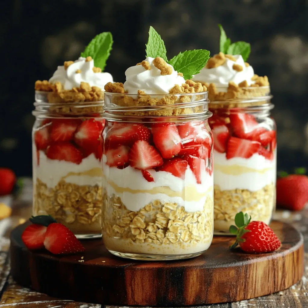 Für die Erdbeer-Käsekuchen Overnight Oats benötigst du diese Hauptzutaten: - 1 Tasse Haferflocken - 1 Tasse Mandelmilch (oder Milch nach Wahl) - ½ Tasse griechischer Joghurt (natur oder vanille) - ½ Tasse Frischkäse, weichgestellt - 2 Esslöffel Ahornsirup oder Honig - 1 Teelöffel Vanilleextrakt - ½ Tasse Erdbeeren, gewürfelt - 2 Esslöffel Chiasamen Diese Zutaten sind einfach zu finden. Die Haferflocken geben dir die Basis. Der griechische Joghurt und Frischkäse bringen die Käsekuchen-Note. Erdbeeren machen alles frisch und süß. Du kannst verschiedene Milcharten verwenden. Hier sind einige gute Optionen: - Mandelmilch - Hafermilch - Kuhmilch - Kokosmilch Jede Milch hat ihren eigenen Geschmack. Mandelmilch macht die Mischung leicht nussig. Kuhmilch sorgt für Cremigkeit. Experimentiere und finde deine Lieblingsmilch. Die Toppings machen dein Gericht besonders. Hier sind einige Ideen: - Zerbröselte Graham-Cracker - Frische Erdbeeren - Schlagsahne Diese Extras geben nicht nur Geschmack, sondern auch Textur. Du kannst auch einen Schuss Ahornsirup obenauf geben. Das sorgt für zusätzliche Süße. Minzblätter bringen einen frischen Akzent. So wird dein Frühstück noch schöner! Zuerst nimmst du eine mittelgroße Schüssel. Gib die Haferflocken hinein. Dann fügst du die Mandelmilch hinzu. Es ist wichtig, dass die Milch gut verteilt wird. Jetzt kommt der griechische Joghurt dazu. Du kannst Natur- oder Vanillejoghurt verwenden. Danach gibst du den weichgestellten Frischkäse in die Schüssel. Rühre alles gut um, bis es gleichmäßig ist. Jetzt kommt der süße Teil. Füge den Ahornsirup oder Honig hinzu. Ein Teelöffel Vanilleextrakt macht den Geschmack noch besser. Zum Schluss kommen die Chiasamen in die Mischung. Diese machen die Haferflocken cremig und gesund. Rühre alles erneut gut um. Nun sind die Erdbeeren dran. Schneide sie in kleine Stücke. Achte darauf, dass sie gleichmäßig gewürfelt sind. Hebe die Erdbeeren vorsichtig unter die Haferflocken-Mischung. So bleiben die Stücke ganz und sehen schön aus. Teile die Mischung gleichmäßig auf zwei Einmachgläser oder luftdichte Behälter auf. Die Gläser sollten gut gefüllt sein. Verschließe sie dann fest. Stelle die Gläser über Nacht in den Kühlschrank. Wenn du wenig Zeit hast, reichen auch vier Stunden. So nehmen die Haferflocken die Flüssigkeit auf und werden weich. Die Overnights Oats bleiben im Kühlschrank frisch. Du kannst sie bis zu drei Tage aufbewahren. Achte darauf, die Gläser gut zu schließen. Wenn du sie zubereitest, mache gleich eine größere Menge. Dann hast du für mehrere Tage etwas Leckeres. Vor dem Essen rührst du die Mischung gut um. Wenn die Oats zu dick sind, füge etwas Milch hinzu. So bekommst du die perfekte Konsistenz. Mit frischen Erdbeeren und zerbröselten Graham-Crackern schmecken sie noch besser. Um die perfekte Konsistenz deiner Overnight Oats zu erreichen, probiere Folgendes: - Wenn die Mischung zu dick ist, füge etwas mehr Milch hinzu. - Ist sie zu flüssig, gib mehr Haferflocken oder Chiasamen dazu. - Lass die Mischung länger im Kühlschrank, damit die Haferflocken mehr Flüssigkeit aufnehmen. Du kannst die Geschmäcker leicht anpassen. Hier sind einige Ideen: - Ersetze die Erdbeeren durch Himbeeren oder Blaubeeren. - Nutze aromatisierten Joghurt für einen anderen Geschmack. - Füge Zimt oder Kakao hinzu, um einen besonderen Kick zu geben. Möchtest du gesündere Alternativen? Hier sind einige Vorschläge: - Nutze ungesüßte Mandelmilch oder Hafermilch für weniger Zucker. - Ersetze Frischkäse durch griechischen Joghurt für weniger Fett. - Verwende Agavendicksaft anstelle von Honig für eine vegane Option. Diese Tipps helfen dir, deine Erdbeer-Käsekuchen Overnight Oats noch besser zu machen! {{image_4}} Für eine vegane Version der Erdbeer-Käsekuchen Overnight Oats, tauschen Sie die Milch und den Joghurt aus. Verwenden Sie stattdessen Pflanzenmilch wie Hafer- oder Sojamilch. Für den Joghurt können Sie auch einen cremigen Soja- oder Kokosjoghurt nehmen. Ersetzen Sie den Frischkäse durch veganen Frischkäse oder eine Mischung aus püriertem Tofu und etwas Zitronensaft. Das sorgt für eine ähnliche Textur und einen tollen Geschmack. Erdbeeren sind lecker, aber Sie können auch andere Früchte verwenden. Probieren Sie Himbeeren, Blaubeeren oder sogar Bananen. Jede Frucht bringt ihren eigenen Geschmack und Nährstoffe mit. Zum Beispiel sind Himbeeren klein und süß, während Bananen eine cremige Konsistenz bieten. Mixen Sie die Früchte einfach in die Haferflocken-Mischung. Das macht die Overnight Oats bunt und interessant. Wenn Sie mehr Protein möchten, fügen Sie einfach Proteinpulver hinzu. Ein Esslöffel Vanille- oder Erdbeergeschmack passt gut. Sie können auch mehr griechischen Joghurt verwenden. Eine weitere Option ist, Nüsse oder Samen hinzuzufügen. Mandeln oder Walnüsse geben Crunch und Energie. Diese Änderungen erhöhen die Nährstoffe und halten Sie länger satt. Die Erdbeer-Käsekuchen Overnight Oats bleiben frisch für bis zu fünf Tage. Das macht sie perfekt für Meal Prep. Sie können sie also am Sonntag zubereiten und bis zum Freitag genießen. Achten Sie darauf, die Oats im Kühlschrank zu lagern, um die Frische zu erhalten. Verwenden Sie luftdichte Behälter oder Einmachgläser. So bleiben die Aromen frisch und die Oats saugen die Flüssigkeit perfekt auf. Stellen Sie sicher, dass die Behälter sauber sind. So vermeiden Sie unerwünschte Bakterien. Lagern Sie die Gläser im Kühlschrank, um die Haltbarkeit zu maximieren. Bereiten Sie die Oats am Abend vorher vor. Mischen Sie alle Zutaten gut. Vergessen Sie nicht, die Erdbeeren ganz am Schluss unterzuheben. So bleiben sie knackig und frisch. Sie können auch die Toppings vorbereiten. Diese fügen Sie erst beim Servieren hinzu, so bleiben sie knusprig. Ja, du kannst die Haferflocken selbst zubereiten! Du kannst sie in einer Schüssel mit der Mandelmilch vermengen. Lass sie dann ein wenig quellen, bevor du die anderen Zutaten hinzufügst. Es ist wichtig, die Haferflocken gut zu mischen, damit sie die Flüssigkeit aufnehmen. Selbstgemachte Haferflocken sind frisch und einfach. Du kannst auch verschiedene Haferarten verwenden, wie z.B. zarte oder grobe Haferflocken. Griechischer Joghurt hat einen höheren Proteingehalt als normaler Joghurt. Er wird auch dicker und cremiger hergestellt. Für unser Rezept gibt er der Mischung eine schöne Konsistenz. Normaler Joghurt ist oft leichter und weniger dick. Du kannst beide verwenden, aber griechischer Joghurt gibt deinen Overnight Oats einen reichhaltigen Geschmack. Es gibt viele Wege, die Süße zu variieren! Du kannst mehr oder weniger Ahornsirup oder Honig hinzufügen. Wenn du es weniger süß magst, nimm einfach weniger. Du kannst auch andere Süßungsmittel wie Agavendicksaft oder Stevia probieren. Frisches Obst kann ebenfalls die Süße erhöhen, also füge mehr Erdbeeren hinzu, wenn du magst. Erdbeer-Käsekuchen Overnights Oats sind einfach und lecker. Du brauchst nur ein paar Zutaten und eine Schritt-für-Schritt-Anleitung, um sie zuzubereiten. Denke an die verschiedenen Milchoptionen und Toppings für den besten Geschmack. Variationen machen das Rezept flexibel und spannend. Lagerungshinweise helfen dir, die Oats frisch zu halten. In unseren FAQs findest du Antworten auf häufige Fragen. Jetzt kannst du kreativ werden und dein neues Frühstück genießen. Lass deiner Fantasie freien Lauf!