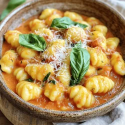 Für ein köstliches Gericht benötigst du: - 1 Esslöffel Olivenöl - 3 Knoblauchzehen, fein gehackt - 1 Dose (400 g) geschälte Tomaten - 240 ml Gemüsebrühe - 240 ml Sahne - 1 Esslöffel Tomatenmark - 1 Teelöffel getrockneter Oregano - Salz und Pfeffer nach Geschmack - 1 Packung (450 g) Kartoffelgnocchi - 1 Tasse frische Basilikumblätter, grob zerrissen - 50 g frisch geriebener Parmesan Diese Zutaten sind einfach zu finden und verleihen dem Gericht seinen tollen Geschmack. Optional kannst du noch extra Basilikum und Parmesan zum Garnieren verwenden. Dies gibt deinem Gericht eine schöne Präsentation. Frische Kräuter und Käse machen alles besser und schöner. - Tomaten: Verwende hochwertige geschälte Tomaten. Sie bringen mehr Geschmack. - Frisches Basilikum: Achte darauf, dass die Blätter frisch und grün sind. Dies beeinflusst den Duft und den Geschmack. - Parmesan: Frisch geriebener Parmesan schmeckt besser als der vorgeriebene. Du fühlst den Unterschied sofort. - Sahne: Nutze eine gute Sahne für eine cremige Konsistenz. Sie macht die Soße reichhaltiger. Wenn du diese Tipps befolgst, gelingt dir das Gericht sicher. Es wird lecker und sättigend. Zuerst bereite alle Zutaten vor. Hacke drei Knoblauchzehen fein. Öffne die Dose mit geschälten Tomaten und stelle sie bereit. Zerschneide frische Basilikumblätter grob und reibe den Parmesan. Du wirst sehen, wie einfach es ist, wenn alles bereit ist. Erhitze einen großen Topf mit einem Esslöffel Olivenöl auf mittlerer Hitze. Füge den gehackten Knoblauch hinzu und brate ihn etwa eine Minute lang. Er wird duften und goldbraun sein. Jetzt kommen die geschälten Tomaten, Gemüsebrühe, Sahne und das Tomatenmark in den Topf. Rühre alles gut um, damit sich die Aromen verbinden. Würze die Mischung mit getrocknetem Oregano, Salz und Pfeffer. Lass die Soße leicht köcheln. Gib die Kartoffelgnocchi in den Topf und rühre vorsichtig um. Die Gnocchi sollen mit der cremigen Soße bedeckt werden. Decke den Topf ab und koche alles 4-5 Minuten. Rühre gelegentlich um, bis die Gnocchi weich sind. Reduziere die Hitze auf niedrig. Jetzt füge die grob zerrissenen Basilikumblätter und den frisch geriebenen Parmesan hinzu. Rühre, bis die Soße schön cremig ist. Schmecke die Gnocchi ab und füge nach Belieben mehr Salz oder Pfeffer hinzu. Nimm den Topf vom Herd und bereite das Servieren vor. Um cremige Tomaten-Basilikum-Gnocchi perfekt zuzubereiten, sollten Sie frische Zutaten verwenden. Wählen Sie reife Tomaten und frischen Basilikum. Diese Zutaten bringen den besten Geschmack. Achten Sie darauf, den Knoblauch nicht zu verbrennen. Er wird bitter, wenn er zu lange brät. Rühren Sie die Gnocchi vorsichtig um, damit sie nicht zerfallen. Lassen Sie die Mischung leicht köcheln. So wird die Sauce schön cremig. Ein häufiger Fehler ist, die Gnocchi zu lange zu kochen. Sie sollten nur 4-5 Minuten in der Sauce bleiben. Überprüfen Sie immer die Konsistenz der Sauce. Ist sie zu dick, fügen Sie etwas Gemüsebrühe hinzu. Wenn Sie zu viel Oregano verwenden, kann der Geschmack überhandnehmen. Seien Sie vorsichtig mit dem Salz. Die Brühe enthält oft schon Salz. Probieren Sie die Sauce vor dem Würzen. Für dieses Rezept brauchen Sie einige einfache Utensilien: - Ein großer Topf - Ein Holzlöffel zum Rühren - Ein scharfes Messer zum Hacken - Ein Schneidebrett für die Zutaten - Eine Kelle zum Servieren Mit diesen Utensilien gelingt Ihnen das Gericht ganz leicht. {{image_4}} Um die cremigen Tomaten-Basilikum-Gnocchi vegan zu machen, ersetze die Sahne durch Kokosmilch oder pflanzliche Sahne. So bleibt der Geschmack reichhaltig und cremig. Parmesan kannst du durch Hefeflocken ersetzen. Diese bringen einen ähnlichen, käsigen Geschmack. Achte darauf, dass auch die Gemüsebrühe vegan ist. Du kannst das Rezept leicht anpassen, indem du zusätzliches Gemüse hinzufügst. Zucchini, Paprika oder Spinat passen hervorragend. Einfach das Gemüse klein schneiden und zusammen mit dem Knoblauch anbraten. So erhältst du mehr Textur und Nährstoffe in deinem Gericht. Das macht die Gnocchi noch bunter und gesünder. Wenn du keinen Parmesan hast, probiere Pecorino oder einen anderen Hartkäse. Für eine cremigere Sauce ohne Sahne kannst du auch einen pflanzlichen Frischkäse verwenden. Dieser sorgt für eine ähnliche Konsistenz. Möchtest du es leichter halten? Dann verwende mehr Gemüsebrühe und weniger Sahne. So bleibt dein Gericht lecker und dennoch leicht. Um Gnocchi frisch zu halten, lasse sie zuerst abkühlen. Lege sie in einen luftdichten Behälter. Du kannst auch eine Frischhaltefolie verwenden. Stelle sicher, dass die Gnocchi nicht zusammenkleben. So bleiben sie besser erhalten. Bewahre sie im Kühlschrank auf. So bleiben sie bis zu drei Tage frisch. Wenn du die Gnocchi aufwärmen möchtest, nutze eine Pfanne. Füge etwas Olivenöl hinzu, um ein Ankleben zu verhindern. Erhitze die Gnocchi bei mittlerer Hitze. Rühre sie häufig um. Du kannst auch etwas Wasser oder Brühe hinzufügen, um die Sauce cremig zu halten. So bleiben die Gnocchi saftig und lecker. Im Kühlschrank halten sich die Gnocchi bis zu drei Tage. Im Gefrierschrank halten sie bis zu drei Monate. Um sie einzufrieren, lege die Gnocchi auf ein Backblech. Stelle sicher, dass sie nicht berühren. Friere sie für ein paar Stunden ein. Danach kannst du sie in einen Beutel umfüllen. So hast du immer einen leckeren Snack zur Hand. Es dauert nur 4-5 Minuten, um Gnocchi zu kochen. Du kannst sie in der heißen Sauce garen. Achte darauf, sie gelegentlich umzurühren. So kochen sie gleichmäßig und werden schön weich. Es ist wichtig, sie nicht zu lange zu lassen, sonst werden sie matschig. Ja, du kannst frische Gnocchi verwenden. Sie sind oft noch zarter als die gekauften. Die Kochzeit kann sich leicht ändern. Frische Gnocchi brauchen manchmal nur 2-3 Minuten. Achte darauf, sie in die Sauce zu geben, wenn sie sprudelt. Du kannst Milch oder pflanzliche Milch verwenden. Diese machen das Gericht leichter. Eine andere gute Option ist griechischer Joghurt. Er gibt eine cremige Textur, hat aber weniger Fett. Experimentiere mit verschiedenen Alternativen, um deinen eigenen Geschmack zu finden. In diesem Artikel haben wir die wichtigsten Zutaten für cremige Tomaten-Basilikum-Gnocchi betrachtet. Ich habe dir eine Schritt-für-Schritt-Anleitung gegeben, um perfekte Gnocchi zu machen. Tipps und Tricks helfen dir, Fehler zu vermeiden und das Gericht zu verfeinern. Zudem hast du Variationen für verschiedene Diäten und Lagerhinweise erhalten. Egal, ob du zum ersten Mal Gnocchi machst oder ein erfahrener Koch bist, dieses Rezept macht Spaß. Nutze die Tipps und genieße dein eigenes köstliches Gericht!
