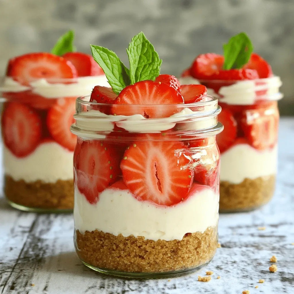Für diese leckeren No Bake Strawberry Cheesecake Jars brauchst du folgende Zutaten: - 1 ½ Tassen Grahamcrackerkrümel - ⅓ Tasse ungesalzene Butter, geschmolzen - 2 Esslöffel Kristallzucker - 8 oz Frischkäse, weich - ½ Tasse Puderzucker - 1 Teelöffel Vanilleextrakt - 1 Tasse Schlagsahne - 2 Tassen frische Erdbeeren, entkelcht und in Scheiben geschnitten - 2 Esslöffel Zitronensaft - 1 Esslöffel Kristallzucker (für die Erdbeeren) - Frische Minzblätter (zum Garnieren) Die Kombination dieser Zutaten sorgt für einen tollen Geschmack. Die Frischkäsefüllung wird cremig und die Erdbeeren bringen Frische. Um die Grahamcrackerkruste zu machen, vermengst du die Grahamcrackerkrümel, die geschmolzene Butter und 2 Esslöffel Zucker in einer Schüssel. Du solltest die Mischung so lange rühren, bis sie die Konsistenz von nassem Sand hat. Dann drückst du die Mischung fest in den Boden der Gläser. Diese Kruste gibt deinem Käsekuchen einen tollen Crunch. Für die Garnierung brauchst du frische Minzblätter. Du kannst etwas von der restlichen Frischkäsemischung auf die Erdbeeren geben. Das sieht hübsch aus und schmeckt auch gut. Stelle sicher, dass du die Gläser gut kühl stellst, damit der Käsekuchen fest wird. So kannst du ihn am besten genießen. Zuerst brauchst du die Grahamcrackerkrümel. Nimm 1 ½ Tassen und gib sie in eine mittlere Schüssel. Füge ⅓ Tasse geschmolzene Butter und 2 Esslöffel Kristallzucker hinzu. Mische alles gut. Die Mischung sollte wie nasser Sand sein. Drücke die Krümel fest auf den Boden deiner Gläser. So entsteht eine feste Schicht. Für die Füllung nimm 8 oz weichen Frischkäse. Schlage ihn mit einem Mixer in einer großen Schüssel glatt. Danach füge ½ Tasse Puderzucker und 1 Teelöffel Vanilleextrakt hinzu. Rühre alles gut um, bis die Mischung gleichmäßig ist. In einer separaten Schüssel schlage 1 Tasse Schlagsahne, bis sich weiche Spitzen bilden. Hebe die Schlagsahne vorsichtig unter die Frischkäsemischung. So bleibt die Füllung leicht und luftig. Jetzt ist es Zeit, die Schichten anzurichten. Fülle die Frischkäsemischung gleichmäßig in die Gläser. Lass dabei etwas Platz für die Erdbeeren. Nimm 2 Tassen geschnittene Erdbeeren. Mische sie mit 1 Esslöffel Zucker und 1 Esslöffel Zitronensaft. Lass die Erdbeeren 10 Minuten ziehen. Das macht ihren Geschmack besser. Verteile die Erdbeeren auf der Frischkäsemischung. Du kannst auch etwas Frischkäsemischung auf die Erdbeeren geben. Garniere das Ganze mit einem frischen Minzblatt. Stelle die Gläser für 2-4 Stunden in den Kühlschrank. So wird der Käsekuchen fest und kühl. Für die beste Frischkäsefüllung ist es wichtig, den Frischkäse zuerst weich zu schlagen. Ich empfehle, ihn bei Raumtemperatur zu lassen. So wird er cremiger. Fügen Sie dann Puderzucker und Vanilleextrakt hinzu. Schlagen Sie alles gut zusammen, bis die Mischung glatt ist. Achten Sie darauf, die Schlagsahne langsam unterzuheben. So bleibt die Füllung leicht und luftig. Erdbeeren sind das Herzstück dieses Desserts. Wählen Sie frische, reife Erdbeeren für den besten Geschmack. Schneiden Sie die Erdbeeren in Scheiben und mischen Sie sie mit Zitronensaft und Zucker. Lassen Sie die Mischung etwa 10 Minuten ziehen. So geben die Erdbeeren ihren Saft ab und werden süßer. Diese Technik macht die Erdbeeren noch aromatischer. Ein häufiges Problem ist zu viel Luft in der Frischkäsefüllung. Schlagen Sie die Schlagsahne nur bis weiche Spitzen entstehen. Zu viel Schlagen macht sie fest. Ein weiterer Fehler ist die falsche Kühlung. Lassen Sie die Gläser mindestens zwei Stunden im Kühlschrank. So festigen sich die Schichten gut. Verwenden Sie auch die richtige Menge Zucker. Zu viel kann die Frische der Erdbeeren überdecken. {{image_4}} Du kannst die Erdbeeren leicht durch andere Früchte ersetzen. Himbeeren, Blaubeeren oder Kirschen passen gut. Diese Früchte bringen eigene Aromen mit. Sie machen den Käsekuchen frisch und lecker. Achte darauf, die Früchte vorher zu schneiden und mit Zucker zu mischen. So entfalten sie ihren besten Geschmack. Wenn du eine vegane Version machen möchtest, ersetze den Frischkäse durch veganen Frischkäse. Nutze Kokoscreme anstelle von Schlagsahne für die luftige Textur. Für die Kruste verwende glutenfreie Kekse oder Haferflocken. Diese einfachen Änderungen machen das Dessert für jeden zugänglich. Füge deinem Käsekuchen spannende Aromen hinzu. Probiere zum Beispiel, etwas Zitronenschale oder Kakaopulver in die Frischkäsemischung zu geben. Du kannst auch Aromen wie Mandel- oder Karamell hinzufügen. So wird dein Käsekuchen einzigartig und interessant. Das Spielen mit Aromen macht Spaß und bringt Abenteuer in die Küche! Um die No Bake Strawberry Cheesecake Jars frisch zu halten, stelle sie in den Kühlschrank. Achte darauf, die Gläser mit einem Deckel oder Frischhaltefolie abzudecken. So bleibt die Cremigkeit intakt. Die Erdbeeren bleiben saftig und lecker. Im Kühlschrank halten die Käsekuchen-Gläser bis zu fünf Tage. Das ist praktisch für eine süße Überraschung! Überprüfe die Jars vor dem Essen. Wenn die Erdbeeren matschig wirken, ist es Zeit, sie wegzuwerfen. Wenn du die Käsekuchen-Gläser einfrieren möchtest, geht das auch. Fülle die Gläser bis zur Oberkante. Decke sie aber nicht ab. So kann die Luft entweichen. Im Gefrierfach halten sie bis zu drei Monate. Zum Essen lasse die Gläser über Nacht im Kühlschrank auftauen. So bleibt der Geschmack frisch und lecker. Ja, du kannst die Erdbeeren durch andere Früchte ersetzen. Himbeeren, Blaubeeren oder Pfirsiche passen gut. Diese Früchte geben deinem Käsekuchen eine neue Note. Achte darauf, die Früchte gut vorzubereiten. Wenn du sie süßer magst, füge etwas Zucker hinzu. Du kannst die Käsekuchen-Gläser bis zu drei Tage im Voraus machen. Stelle sie einfach im Kühlschrank kalt. So haben die Aromen Zeit, sich zu vermischen. Es ist perfekt für Partys oder besondere Anlässe. Ja, du kannst das Rezept leicht verdoppeln oder verdreifachen. Achte darauf, die Zutaten proportional zu ändern. Nutze größere Gläser oder eine große Schüssel. So hast du genug für alle Gäste. Käsekuchen im Glas ist einfach und lecker. Wir haben die Hauptzutaten, die Vorbereitung, und die Zubereitung der Grahamcrackerkruste besprochen. Zudem gab es nützliche Tipps, um die perfekte Frischkäsefüllung zu erzielen und häufige Fehler zu vermeiden. Es gibt viele Variationen, die du ausprobieren kannst, je nach Geschmack und Vorlieben. Achte auf die richtige Lagerung, damit dein Käsekuchen frisch bleibt. Mit diesen Anleitungen hast du alles, was du brauchst, um deinen eigenen Käsekuchen zu machen und zu genießen. Viel Spaß beim Ausprobieren!