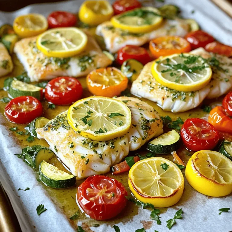 - 4 Kabeljaufilets (ca. 170 g jeweils) - 3 Esslöffel Olivenöl - 1 Tasse Cherrytomaten, halbiert - 1 mittelgroße Zucchini, in Scheiben geschnitten - 1 Paprika (rot oder gelb), in Streifen geschnitten - 3 Zehen Knoblauch, fein gehackt - 1 Teelöffel getrockneter Oregano - 1 Teelöffel getrockneter Thymian - 1 Teelöffel Paprika - Salz und Pfeffer nach Geschmack - Saft von 1 Zitrone - Zitronenscheiben zur Garnierung Wenn Sie diese Zutaten bereit haben, steht einem köstlichen Gericht nichts mehr im Weg. Der Kabeljau bringt einen feinen Geschmack. Das Olivenöl sorgt für eine schöne, goldene Farbe beim Backen. Die frischen Cherrytomaten, Zucchini und Paprika sind nicht nur bunt, sondern auch gesund. Die Kombination aus Knoblauch, Oregano und Thymian hält das Gericht würzig. Paprika, Salz und Pfeffer runden den Geschmack ab. Der frische Zitronensaft bringt eine spritzige Note. Zitronenscheiben geben dem Gericht eine schöne Garnitur und zusätzlichen Geschmack. Diese Zutaten machen das Rezept einfach und lecker. Sie sind in den meisten Läden leicht zu finden. Machen Sie sich bereit, ein Gericht zu genießen, das nicht nur schnell zubereitet ist, sondern auch köstlich schmeckt! Heize den Ofen auf 200 °C vor. Das sorgt für eine gleichmäßige Hitze. Lege ein großes Backblech mit Backpapier aus. Das macht die Reinigung viel einfacher. Nimm eine kleine Schüssel. Gib das Olivenöl, den Saft von einer Zitrone, den gehackten Knoblauch, Oregano, Thymian, Paprika, Salz und Pfeffer hinein. Rühre alles gut um. Achte darauf, dass die Zutaten gleichmäßig vermischt sind. Platziere die Kabeljaufilets auf einer Seite des Backblechs. Bürste die Filets mit der Kräuter-Zitronen-Mischung. Verteile die halbierten Cherrytomaten, Zucchinischeiben und Paprikastreifen auf der anderen Seite. Gieße den Rest der Mischung über das Gemüse und vermenge es leicht. Lege die Zitronenscheiben auf den Kabeljau und um das Gemüse. Schiebe das Blech in den Ofen. Backe alles 15 bis 20 Minuten lang. Der Kabeljau sollte leicht mit einer Gabel auseinanderfallen. Prüfe auch das Gemüse, es sollte zart sein. - Garzeit beachten: Die Garzeit ist wichtig. Backe den Kabeljau 15 bis 20 Minuten. Er ist fertig, wenn er leicht mit einer Gabel auseinanderfällt. Zu langes Backen macht ihn trocken. - Richtige Temperatur wählen: Heize deinen Ofen auf 200 °C vor. Diese Temperatur hilft, den Fisch gleichmäßig zu garen und das Gemüse perfekt zu rösten. - Alternative Gemüsesorten verwenden: Du kannst auch andere Gemüse wie Brokkoli oder Karotten verwenden. Diese bringen neue Farben und Texturen ins Gericht. - Saisonale Variationen einbeziehen: Nutze saisonales Gemüse. Im Frühling sind Spargel und Erbsen toll. Im Herbst sind Kürbis und Rosenkohl lecker. - Kreative Präsentation des Gerichts: Lege das Gemüse um den Kabeljau. Das sieht schön aus und macht das Gericht einladend. Verwende bunte Gemüsesorten für mehr Farbe. - Verwendung von frischen Kräutern: Frische Petersilie oder Schnittlauch geben dem Gericht einen tollen Geschmack. Streue sie vor dem Servieren über den Kabeljau. {{image_4}} Um eine mediterrane Note hinzuzufügen, probiere Feta-Käse. Feta bringt einen salzigen, cremigen Geschmack. Streue ihn einfach über den Kabeljau vor dem Backen. Du kannst auch Oliven als Topping verwenden. Schwarze oder grüne Oliven passen perfekt. Sie geben dem Gericht mehr Tiefe und Textur. Wenn du eine asiatische Note magst, integriere Sojasauce und frischen Ingwer. Diese Zutaten verleihen dem Kabeljau ein umami Aroma. Du kannst auch das Gemüse austauschen. Brokkoli oder Karotten passen gut dazu. Das Gericht wird so frisch und spannend. Probiere andere Kräuter und Gewürze aus. Dill und Koriander bringen unterschiedliche Aromen. Wenn du es scharf magst, füge Chili oder Pfeffer hinzu. So wird dein Kabeljau aufregend und voller Geschmack. Um deine Reste frisch zu halten, lege sie in einen luftdichten Behälter. So bleibt der Geschmack erhalten. Lagere die Reste im Kühlschrank. Ideal ist es, sie innerhalb von zwei Tagen zu verzehren. Nach dieser Zeit kann der Fisch trocken werden und die Qualität leidet. Um den Kabeljau wieder aufzuwärmen, nutze den Ofen. So bleibt die Textur gut. Heize den Ofen auf 180 °C vor. Lege den Fisch auf ein Backblech und backe ihn für etwa 10 Minuten. Die Mikrowelle kann schnell sein, aber sie trocknet den Fisch leicht aus. Wenn du Zeit hast, wähle den Ofen für die beste Qualität. Du kannst den Kabeljau auch einfrieren. Lege die Portionen in einen gefrierfesten Beutel. Drücke die Luft heraus und schließe den Beutel gut. Zum Auftauen lege den Beutel in den Kühlschrank. So bleibt der Geschmack erhalten. Nach dem Auftauen ist es am besten, den Fisch innerhalb von 24 Stunden zu verbrauchen, um die Qualität zu wahren. Der Kabeljau braucht 15 bis 20 Minuten bei 200 °C. Diese Zeit ist perfekt, um den Fisch zart zu machen. Achte darauf, dass er leicht mit einer Gabel auseinanderfällt. So weißt du, dass er fertig ist. Ja, gefrorenen Kabeljau kannst du verwenden. Lass ihn im Kühlschrank auftauen. So bleibt der Fisch frisch. Wenn du ihn direkt backst, erhöhe die Backzeit um 5 bis 10 Minuten. Überprüfe den Garzustand mit einer Gabel. Beilagen wie Reis, Kartoffeln oder ein frischer Salat passen gut dazu. Du kannst auch ein Glas Weißwein servieren, um das Gericht abzurunden. Diese Kombination macht das Essen noch leckerer und festlicher. In diesem Artikel habe ich die Zutaten und Zubereitung eines leckeren Kabeljau-Gerichts vorgestellt. Du lernst, wie man den Fisch optimal backt und das Gemüse ideal kombiniert. Zusätzlich gibt es Tipps zur Lagerung und zum Aufwärmen der Reste. Variationen heben das Gericht weiter hervor. Probiere die mediterrane oder asiatische Note aus und spiele mit den Gewürzen. Mit frischen Kräutern wirst du dein Gericht kreativ verfeinern. Denk daran, gutes Essen bringt Freude!