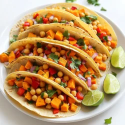 Für diese leckeren Tacos brauchst du folgende Hauptzutaten: - 2 große Süßkartoffeln, geschält und gewürfelt - 1 Dose (425 g) Kichererbsen, abgetropft und abgespült - 1 rote Paprika, gewürfelt - 1 rote Zwiebel, grob gehackt - 8 kleine Maistortillas Diese Zutaten liefern eine tolle Basis für die Tacos. Süßkartoffeln sind süß und nahrhaft. Kichererbsen geben den Tacos eine proteinreiche Füllung. Paprika und Zwiebeln bringen frische und Knusprigkeit. Die verwendeten Gewürze sind wichtig für den Geschmack. Hier ist, was du brauchst: - 2 Eßlöffel Olivenöl - 1 Eßlöffel Chilipulver - 1 Teelöffel Kreuzkümmel - 1/2 Teelöffel geräuchertes Paprikapulver - Salz und Pfeffer nach Geschmack Diese Gewürze geben den Tacos einen tollen Kick. Chilipulver bringt Schärfe, während Kreuzkümmel einen warmen, erdigen Geschmack hinzufügt. Geräuchertes Paprikapulver sorgt für einen rauchigen Akzent. Beim Zubereiten der Tacos gibt es einige einfache Tipps. - Heize den Ofen auf 220°C (425°F) vor. Das sorgt dafür, dass das Gemüse schön röstet. - Mische die Süßkartoffeln, Kichererbsen, Paprika und Zwiebeln in einer großen Schüssel gut. - Achte darauf, dass das Gemüse gleichmäßig mit dem Olivenöl und den Gewürzen bedeckt ist. So erhältst du den besten Geschmack. Diese Schritte machen die Zubereitung einfach und schnell. Du wirst begeistert sein von den Aromen! Heize deinen Ofen auf 220°C vor. Das ist wichtig, um die Süßkartoffeln perfekt zu rösten. Während der Ofen sich aufheizt, bereite die Gemüse vor. Du brauchst zwei große Süßkartoffeln. Schäle sie und würfle sie in kleine Stücke. Nimm eine Dose Kichererbsen, spüle sie ab und lass sie gut abtropfen. Dann würfel eine rote Paprika und hacke eine rote Zwiebel grob. Nimm eine große Schüssel und gib die gewürfelten Süßkartoffeln, Kichererbsen, Paprika und Zwiebel hinein. Träufle zwei Esslöffel Olivenöl darüber. Füge dann einen Esslöffel Chilipulver, einen Teelöffel Kreuzkümmel und einen halben Teelöffel geräuchertes Paprikapulver hinzu. Vergiss nicht, auch Salz und Pfeffer nach Geschmack zu verwenden. Mische alles gut, bis das Gemüse gleichmäßig mit den Gewürzen bedeckt ist. Verteile die Gemüse-Mischung gleichmäßig auf einem mit Backpapier ausgelegten Backblech. Röste das Gemüse im vorgeheizten Ofen für 25 bis 30 Minuten. Die Süßkartoffeln sollten zart und leicht karamellisiert sein. Rühre die Mischung in der Mitte der Garzeit um, damit alles gleichmäßig gart. Während das Gemüse röstet, erhitze acht kleine Maistortillas in einer Pfanne oder über einer offenen Flamme, bis sie geschmeidig sind. Sobald das Gemüse fertig ist, lasse es kurz abkühlen. Fülle die Tortillas mit der Süßkartoffel- und Kichererbsenmischung. Garniere sie mit frischem Koriander und serviere Limettenviertel dazu. Um die Süßkartoffeln und Kichererbsen perfekt zu rösten, gibt es einige wichtige Punkte. Zuerst, die Stücke sollten gleich groß sein. So garen sie gleichmäßig. Ich empfehle, die Süßkartoffeln in 2 cm Würfel zu schneiden. Das sorgt für eine zarte Textur. Stellen Sie sicher, dass Sie genug Platz auf dem Blech lassen. Wenn die Stücke zu eng liegen, dampfen sie anstatt zu rösten. Eine gleichmäßige Schicht verbessert das Röstergebnis. Drehen Sie die Mischung während des Garens einmal um. So wird alles schön knusprig. Die Maistortillas sind der perfekte Begleiter. Erhitzen Sie sie in einer Pfanne bei mittlerer Hitze. Warten Sie, bis sie weich und leicht braun sind. Alternativ können Sie die Tortillas über eine offene Flamme halten. So erhalten sie einen rauchigen Geschmack. Halten Sie die Tortillas warm, indem Sie sie in ein sauberes Küchentuch wickeln. So bleiben sie flexibel und brechen nicht. Für die Präsentation der Tacos, verwenden Sie ein farbenfrohes Servierblatt. Legen Sie die Tacos nebeneinander darauf. Ein zusätzlicher Koriander-Haufen macht das Ganze frisch und einladend. Servieren Sie Limettenviertel dazu. So können die Gäste nach Geschmack Limettensaft hinzufügen. Das bringt einen tollen, frischen Geschmack. {{image_4}} Du kannst die Süßkartoffeln mit vielen anderen Gemüsesorten ersetzen oder ergänzen. Brokkoli, Zucchini oder Spinat sind großartige Optionen. Diese Gemüsesorten fügen Farben und Nährstoffe hinzu. Der Geschmack bleibt trotzdem lecker und frisch. Experimentiere mit verschiedenen Gemüsesorten, um deine Tacos zu personalisieren. Möchtest du mehr Protein? Versuche, schwarze Bohnen oder Pintobohnen hinzuzufügen. Sie sind eine gute Quelle für Eiweiß. Du kannst auch Tofu verwenden, wenn du es magst. Einfach den Tofu in kleine Würfel schneiden und mit dem Gemüse vermengen. So bekommst du eine tolle Textur und einen guten Geschmack. Wenn du es scharf magst, kannst du die Gewürze anpassen. Füge mehr Chilipulver hinzu oder probiere Cayennepfeffer. Du kannst auch frische Jalapeños verwenden. Diese bringen eine frische Schärfe in die Tacos. Achte darauf, die Schärfe gut zu dosieren, damit es nicht zu scharf wird. Lagern Sie die Reste der Tacos in einem luftdichten Behälter. Stellen Sie sicher, dass die Tacos abgekühlt sind, bevor Sie sie wegstellen. So bleibt der Geschmack frisch. Bewahren Sie die Reste bis zu drei Tage im Kühlschrank auf. Um die Tacos wieder aufzuwärmen, nutzen Sie eine Pfanne. Erhitzen Sie sie bei mittlerer Hitze. Fügen Sie etwas Olivenöl hinzu, um ein Ankleben zu verhindern. Wenden Sie die Tacos nach ein paar Minuten, bis sie warm sind. Alternativ können Sie die Tacos auch im Ofen bei 180°C (350°F) erwärmen. So bleiben sie knusprig. Sie können die Süßkartoffel-Kichererbsen-Mischung auch einfrieren. Lassen Sie die Mischung vollständig abkühlen, bevor Sie sie in einem Gefrierbehälter lagern. So bleibt der Geschmack erhalten. Diese Mischung hält sich bis zu drei Monate im Gefrierschrank. Wenn Sie bereit sind zu essen, lassen Sie die Mischung über Nacht im Kühlschrank auftauen. Danach können Sie sie wie gewohnt auf die Tortillas geben. Ja, diese Tacos sind von Natur aus vegan. Die Hauptzutaten sind Süßkartoffeln und Kichererbsen. Außerdem verwenden Sie Olivenöl und Gewürze, die alle pflanzlich sind. Sie brauchen keine tierischen Produkte, um diesen leckeren Geschmack zu erreichen. Fühlen Sie sich frei, zusätzliche Gemüse hinzuzufügen, um die Tacos noch bunter zu machen. Diese Tacos schmecken toll mit verschiedenen Beilagen. Hier sind einige Ideen: - Guacamole: Cremig und frisch, ein perfekter Begleiter. - Salsa: Fügen Sie etwas Schärfe hinzu mit Ihrer Lieblingssalsa. - Salat: Ein einfacher grüner Salat bringt Leichtigkeit. - Reis: Eine Portion Reis rundet das Gericht gut ab. - Joghurt: Veganer Joghurt kann einen schönen Kontrast bieten. Die Reste dieser Tacos sind im Kühlschrank etwa 3 bis 4 Tage haltbar. Stellen Sie sicher, dass Sie sie in einem luftdichten Behälter aufbewahren. Wenn Sie die Reste wieder aufwärmen möchten, nutzen Sie den Ofen oder die Mikrowelle. So bleiben die Tacos lecker und frisch. In diesem Artikel habe ich die besten Zutaten, die richtige Zubereitung und tolle Tipps für Tacos vorgestellt. Du hast gelernt, wie du die Tacos perfekt röstest und sie kreativ variierst. Denke daran, Gemüse und Proteine deiner Wahl zu nutzen. Die Aufbewahrung ist einfach, damit du die Reste genießt. Tacos sind vielseitig und reichhaltig. Experimentiere mit den Möglichkeiten, um neue Geschmackserlebnisse zu entdecken. Viel Spaß beim Zubereiten und Genießen deiner Tacos!