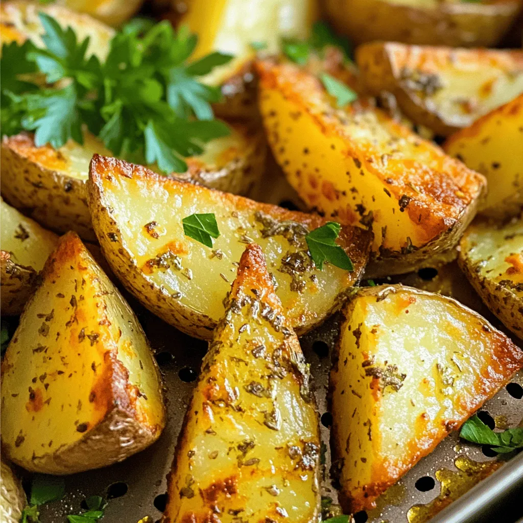 - 4 mittelgroße Russet-Kartoffeln - 3 Esslöffel Olivenöl Die Hauptbestandteile für die Knusprigen Air Fryer Garlic Herb Potato Wedges sind einfach und frisch. Ich wähle immer Russet-Kartoffeln. Sie haben eine gute Textur und werden schön knusprig. Das Olivenöl hilft, die Gewürze gut zu binden. - 4 Knoblauchzehen - 1 Teelöffel getrockneter Oregano - 1 Teelöffel getrockneter Rosmarin - 1 Teelöffel Paprika - Salz und Pfeffer nach Geschmack Die Gewürze sind wichtig für den Geschmack. Ich benutze frischen Knoblauch für mehr Aroma. Oregano und Rosmarin geben den Kartoffeln eine tolle Kräuternote. Paprika sorgt für eine schöne Farbe und etwas Würze. Salz und Pfeffer runden alles ab. - Frische Petersilie Die frische Petersilie ist nicht nur schön anzusehen. Sie bringt auch einen frischen Geschmack. Ich streue sie über die fertigen Kartoffelspalten. So sieht dein Gericht noch besser aus. Es macht das Essen auch ein bisschen gesünder. Heize deine Heißluftfritteuse auf 200 °C vor. Dies dauert etwa fünf Minuten. Das Vorheizen sorgt für gleichmäßiges Garen. So werden die Kartoffelspalten schön knusprig. Wasche vier mittelgroße Russet-Kartoffeln gründlich. Schneide die Kartoffeln in gleichmäßige Spalten. In einer großen Schüssel vermische die Kartoffelspalten mit drei Esslöffeln Olivenöl. Füge vier fein gehackte Knoblauchzehen und einen Teelöffel getrockneten Oregano und Rosmarin hinzu. Mische auch einen Teelöffel Paprika sowie Salz und Pfeffer nach Geschmack. Rühre alles gut um, bis die Kartoffeln gleichmäßig gewürzt sind. Lege die gewürzten Kartoffelspalten in den Korb der Heißluftfritteuse. Achte darauf, dass sie in einer einzigen Schicht liegen. Gare die Kartoffelspalten 15 bis 20 Minuten. Schüttle den Korb nach der Hälfte der Garzeit, um die Knusprigkeit zu steigern. Überprüfe die Kartoffeln auf Garheit. Sie sollten goldbraun und außen knusprig sein. Nimm die Kartoffelspalten heraus und garniere sie mit frisch gehackter Petersilie für mehr Geschmack. Um die perfekte Knusprigkeit zu erzielen, schüttle die Kartoffelspalten während des Garens. Ich empfehle, den Korb in der Mitte der Garzeit zu schütteln. So verteilen sich die heiße Luft und die Wärme gleichmäßig. Achte darauf, dass die Spalten in einer einzigen Schicht im Korb liegen. Wenn du zu viele auf einmal hinlegst, werden sie nicht gleichmäßig knusprig. Eine dünne Schicht sorgt für die beste Textur. Frische Kräuter bringen viel Geschmack. Sie sind lebendiger und aromatischer als getrocknete Kräuter. Frische Petersilie ist ein tolles Beispiel. Sie gibt den Kartoffelspalten einen frischen Kick. Du kannst auch frischen Oregano oder Rosmarin verwenden. Diese Kräuter geben mehr Tiefe und Geschmack. Wenn du die frischen Kräuter am Ende hinzufügst, bleibt ihr Aroma stark. Die Wahl der Kartoffelsorte ist wichtig. Russet-Kartoffeln sind ideal für dieses Rezept. Sie haben eine hohe Stärke und wenig Feuchtigkeit. Das führt zu einer knusprigen Außenseite und einer fluffigen Innenseite. Diese Eigenschaften machen sie perfekt für das Frittieren und Backen. Andere Sorten könnten nicht das gleiche Ergebnis liefern. {{image_4}} Du kannst die Kartoffelspalten nach deinem Geschmack würzen. Probiere zum Beispiel: - Zitronenpfeffer: Füge etwas Zitronenpfeffer hinzu für einen frischen Kick. - Chili-Pulver: Für mehr Schärfe, mische Chili-Pulver unter. - Kümmel: Kümmel gibt einen warmen, erdigen Geschmack. - Paprikaflocken: Diese bringen etwas mehr Farbe und Würze. Jede dieser Optionen kann dir helfen, neue Aromen zu entdecken. Experimentiere und finde deine perfekte Mischung! Die Kartoffelspalten schmecken toll mit verschiedenen Dips. Hier sind ein paar Vorschläge: - Knoblauch-Dip: Kombiniere Joghurt mit Knoblauch und Zitrone. - Sauerrahm und Schnittlauch: Einfach und lecker. - Hummus: Dieser Kichererbsen-Dip passt wunderbar. - Guacamole: Für eine cremige und fruchtige Note. Diese Dips machen deine Kartoffelspalten noch besser. Lass deiner Kreativität freien Lauf! Du kannst dieses Rezept leicht vegan machen. Ersetze das Olivenöl durch: - Kokosöl: Für einen süßen Geschmack. - Avocadoöl: Für eine gesunde Option. Stelle sicher, dass die Dips auch vegan sind. Verwende zum Beispiel pflanzlichen Joghurt. So kannst du trotzdem leckere Kartoffelspalten genießen. Du hast noch Kartoffelspalten übrig? Keine Sorge! Hier sind einige Ideen: - Salat-Topping: Schneide die Reste klein und füge sie zu deinem Salat hinzu. - Wraps: Lege sie in ein Wrap mit frischem Gemüse und Hummus. - Suppen: Püriere sie in einer Suppe für extra Geschmack und Füllung. - Frühstück: Mische sie mit Eiern für ein herzhaftes Frühstück. Die richtige Lagerung ist wichtig, um die Frische zu bewahren. Hier sind einige Tipps: - Lass die Kartoffelspalten zuerst abkühlen. - Lege sie in einen luftdichten Behälter. - So bleiben sie bis zu 3 Tage frisch im Kühlschrank. Um die Reste wieder knusprig zu machen, gehe so vor: 1. Heize die Heißluftfritteuse auf 180 °C vor. 2. Lege die Kartoffelspalten in den Korb. Achte darauf, dass sie nicht überfüllt sind. 3. Erhitze sie für 5 bis 7 Minuten. 4. Schüttle den Korb einmal während des Erhitzens, um eine gleichmäßige Knusprigkeit zu erzielen. Das sorgt dafür, dass deine Kartoffelspalten wieder frisch schmecken! Die Zubereitung dauert insgesamt etwa 25 Minuten. Du benötigst 10 Minuten für die Vorbereitung. Die Garzeit in der Heißluftfritteuse beträgt 15 bis 20 Minuten. Achte darauf, die Kartoffelspalten in der Mitte der Garzeit zu schütteln. Dadurch werden sie schön knusprig. Ja, du kannst die Kartoffeln auch im Ofen zubereiten. Heize den Ofen auf 220 °C vor. Lege die gewürzten Kartoffelspalten auf ein Backblech. Gare sie für etwa 25 bis 30 Minuten, bis sie goldbraun und knusprig sind. Achte darauf, die Spalten einmal zu wenden, um eine gleichmäßige Bräunung zu erreichen. Zu deinen knusprigen Kartoffelspalten passen viele Dips. Hier sind einige beliebte Optionen: - Aioli: Eine cremige Knoblauchmayonnaise. - Sour Cream: Ein klassischer Dip mit frischem Schnittlauch. - Ketchup: Der klassische Begleiter für Pommes. - Guacamole: Eine leckere Avocado-Creme. Experimentiere mit verschiedenen Dips, um deinen Favoriten zu finden! Zusammenfassend haben wir die besten Zutaten für knusprige Kartoffelspalten besprochen. Russet-Kartoffeln eignen sich hervorragend, und die Gewürze bringen tollen Geschmack. Ich habe auch wichtige Tipps gegeben, um die perfekte Knusprigkeit zu erzielen. Variationen und Dips können das Gericht noch interessanter machen. Denke daran, Reste gut aufzubewahren und richtig wieder aufzuwärmen. Mit diesen Schritten kannst du tolle Kartoffelspalten zaubern, die jeder mag. Viel Spaß beim Ausprobieren!