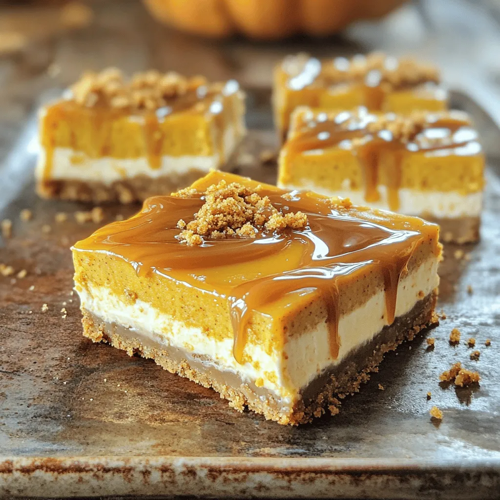 - 2 Tassen Gingersnap-Kekse (zerkrümelt) - 1/2 Tasse ungesalzene Butter (geschmolzen) - 450 g Frischkäse (raumtemperatur) - 1 Tasse Kürbispüree Gingersnap-Kekse bringen einen tollen Geschmack. Sie sind knusprig und süß. Die zerkrümelten Kekse bilden die perfekte Basis für unsere Riegel. Butter sorgt dafür, dass die Kruste gut zusammenhält. Frischkäse macht die Füllung cremig und reichhaltig. Kürbispüree bringt den Herbst auf deinen Teller. Es gibt den Riegeln einen tollen Geschmack und eine schöne Farbe. - 1/4 Tasse brauner Zucker - 1 Tasse weißer Zucker - 3 große Eier - 1 Teelöffel Vanilleextrakt - 1 Teelöffel gemahlener Zimt - 1/2 Teelöffel gemahlene Muskatnuss - 1/2 Teelöffel gemahlener Ingwer - 1/4 Teelöffel Salz - 1 Tasse Karamellsauce (gekauft oder selbstgemacht) Brauner Zucker fügt Tiefe und Feuchtigkeit hinzu. Weißer Zucker bringt Süße. Eier helfen, die Füllung zu binden. Vanilleextrakt verstärkt den Geschmack. Zimt, Muskatnuss und Ingwer bringen Wärme und Aroma. Das Salz hebt alle Aromen hervor und balanciert die Süße. Karamellsauce wird in die Füllung gemischt. Sie gibt ein süßes, klebriges Element. Damit wird der Riegel einfach unwiderstehlich. Heizen Sie Ihren Ofen auf 175°C vor. Fetten Sie eine Backform mit den Maßen 23x33 cm ein. Legen Sie die Form mit Backpapier aus, sodass Sie einen Überhang haben. So können Sie die Riegel später leicht herausheben. Um die Gingersnap-Kruste herzustellen, zerkrümeln Sie die Gingersnap-Kekse. Mischen Sie diese in einer Schüssel mit der geschmolzenen Butter und dem braunen Zucker. Rühren Sie alles gut durch, bis die Mischung feucht ist. Drücken Sie die Mischung gleichmäßig in den Boden der Backform. Backen Sie die Kruste für 10 Minuten und lassen Sie sie dann leicht abkühlen. In einer großen Schüssel schlagen Sie den Frischkäse mit einem Mixer, bis er glatt ist. Fügen Sie das Kürbispüree und den weißen Zucker hinzu. Rühren Sie alles gut durch, bis es gleichmäßig vermischt ist. Schlagen Sie die Eier einzeln unter die Mischung. Achten Sie darauf, nach jedem Ei gut zu vermischen. Geben Sie dann den Vanilleextrakt, Zimt, Muskatnuss, Ingwer und das Salz hinzu. Rühren Sie alles gut, bis es vollständig integriert ist. Gießen Sie die Kürbis-Cheesecake-Füllung gleichmäßig über die abgekühlte Gingersnap-Kruste. Beträufeln Sie die Füllung mit der Karamellsauce. Nutzen Sie ein Messer, um die Karamelsauce vorsichtig in die Cheesecake-Mischung zu marmorieren. Backen Sie die Cheesecake-Riegel für 35-40 Minuten. Die Mitte sollte fest sein, aber noch leicht wackeln. Nehmen Sie die Form aus dem Ofen und lassen Sie sie bei Raumtemperatur etwa eine Stunde abkühlen. Stellen Sie die Riegel dann für mindestens 4 Stunden in den Kühlschrank. Ideal ist es, sie über Nacht kühlen zu lassen. Wenn Sie servieren möchten, heben Sie die Riegel mit dem überhängenden Backpapier heraus und schneiden Sie sie in Quadrate. - Hinweise zur Kombination der Zutaten: Beginnen Sie mit zimmerwarmem Frischkäse. Dies hilft, Klumpen zu vermeiden. Mischen Sie die Zutaten gut, bis die Masse glatt ist. Fügen Sie die Eier einzeln hinzu und rühren Sie nach jedem Ei gut. So wird die Füllung gleichmäßig und cremig. - Bedeutung der Raumtemperatur: Alle Zutaten sollten Zimmertemperatur haben. Dies sorgt für eine bessere Mischung. Kalte Zutaten können die Textur der Füllung negativ beeinflussen. Wenn alles warm ist, erhalten Sie ein besseres Ergebnis. - Anrichten der Riegel: Schneiden Sie die Riegel nach dem Abkühlen in gleichmäßige Quadrate. Servieren Sie sie auf einem schönen Dessertteller. So wirken sie ansprechend und lecker. - Dekorationsideen mit Schlagsahne und Karamell: Ein Klecks Schlagsahne auf jedem Riegel macht sie noch verlockender. Beträufeln Sie die Riegel mit zusätzlicher Karamellsauce. Zerdrückte Gingersnap-Kekse oben drauf geben einen tollen Crunch. {{image_4}} Gingersnap ist eine beliebte Wahl für diese Riegel. Aber du kannst auch andere Kekse verwenden. Probier doch mal Butterkekse oder Haferkekse. Diese Kekse bringen ihren eigenen Geschmack mit. Wenn du eine glutenfreie Option brauchst, gibt es viele Alternativen. Verwende glutenfreie Kekse, die du im Geschäft findest. Alternativ kannst du auch gemahlene Mandeln oder Kokosmehl verwenden. Das gibt der Kruste eine neue Textur und einen tollen Geschmack. Du kannst die Füllung ganz einfach anpassen. Füge zusätzliche Gewürze hinzu, um mehr Tiefe zu bekommen. Zum Beispiel passen Nelken oder Kardamom gut dazu. Ein Teelöffel von jedem Gewürz kann viel ausmachen. Eine weitere leckere Idee ist, Schokoladenstückchen einzufügen. Die Schokolade harmoniert perfekt mit dem Kürbis und der Karamellsauce. Mische etwa eine halbe Tasse Schokoladenstückchen in die Füllung. So erhältst du einen schokoladigen Kick in jedem Bissen. Um die Riegel frisch zu halten, lege sie in einen luftdichten Behälter. Stelle sicher, dass die Riegel vollständig abgekühlt sind. So bewahrst du den Geschmack und die Textur. Sie bleiben im Kühlschrank etwa fünf Tage lang gut. Wenn du sie länger aufbewahren möchtest, kannst du sie einfrieren. Um die Riegel einzufrieren, schneide sie in Stücke. Wickel jedes Stück in Frischhaltefolie ein. Dann lege sie in einen luftdichten Behälter oder einen Gefrierbeutel. So bleiben sie bis zu drei Monate haltbar. Zum Auftauen lege die Riegel einfach in den Kühlschrank. So kannst du sie langsam auftauen und genießen. Die Riegel halten sich im Kühlschrank etwa fünf bis sieben Tage. Lagern Sie sie in einem luftdichten Behälter. So bleiben sie frisch und lecker. Wenn Sie die Riegel gut verpacken, können Sie sie auch für bis zu drei Monate im Gefrierfach aufbewahren. Ja, Sie können eine einfache Karamellsauce zu Hause machen. Hier ist ein schnelles Rezept: - 1 Tasse Zucker - 6 Esslöffel ungesalzene Butter - 1/2 Tasse Sahne - Eine Prise Salz 1. Schmelzen Sie den Zucker in einem Topf bei mittlerer Hitze. Rühren Sie, bis er schmilzt und goldbraun wird. 2. Fügen Sie die Butter hinzu und rühren Sie, bis sie geschmolzen ist. 3. Nehmen Sie den Topf vom Herd und gießen Sie die Sahne hinein. Rühren Sie gut. 4. Fügen Sie eine Prise Salz hinzu und lassen Sie die Sauce abkühlen. Sie können mehrere Alternativen verwenden. Für eine vegane Option probieren Sie pflanzlichen Frischkäse oder Seidentofu. Für eine laktosefreie Version wählen Sie laktosefreien Frischkäse. Beide Varianten funktionieren gut und sorgen für einen köstlichen Geschmack. Zusammengefasst, haben wir wichtige Zutaten für unseren Cheesecake-Riegel besprochen. Wir haben die Hauptzutaten sowie Tipps für die Zubereitung und Präsentation behandelt. Außerdem sahen wir uns Variationen an, um den Riegel an persönliche Vorlieben anzupassen. Denke daran, die Riegel gut zu lagern, um ihre Frische zu bewahren. Mit den genannten Ratschlägen erreichst du den perfekten Cheesecake-Riegel. Jetzt bist du bereit, deine eigenen köstlichen Riegel zu backen!