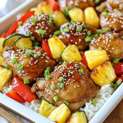 - 4 Hähnchenkeulen ohne Knochen und Haut - 1 Tasse Teriyaki-Sauce (fertig gekauft oder selbstgemacht) - 1 frische Ananas, in 2,5 cm große Würfel geschnitten - 2 rote Paprika, in Streifen geschnitten - 1 Zucchini, in Scheiben geschnitten - 1 rote Zwiebel, in Ringe geschnitten - 2 Esslöffel Olivenöl - 2 Knoblauchzehen, fein gehackt - 1 Teelöffel frischer Ingwer, gerieben - Sesamsamen, zum Garnieren - Gehackte Frühlingszwiebeln, zum Garnieren - Gekochter Reis oder Quinoa Um die besten Aromen zu erhalten, wähle frische Zutaten. Die Hähnchenkeulen bringen saftiges Fleisch. Die Teriyaki-Sauce sorgt für süß-würzige Noten. Ananas gibt dem Gericht eine fruchtige Frische. Rote Paprika und Zucchini liefern Farbe und Crunch. Rote Zwiebeln fügen eine milde Süße hinzu. Nutze hochwertige Olivenöl für einen volleren Geschmack. Knoblauch und Ingwer geben dem Gericht Tiefe. Sesamsamen und Frühlingszwiebeln sind perfekte Garnierungen. Gekochter Reis oder Quinoa sind tolle Beilagen. Sie nehmen die köstliche Sauce gut auf. - Backofen vorheizen: Heize deinen Ofen auf 200°C vor. Das sorgt für gleichmäßiges Garen. Lege ein Backblech mit Backpapier aus. So wird die Reinigung einfach. - Marinade zubereiten: Mische in einer Schüssel die Teriyaki-Sauce, gehackten Knoblauch und geriebenen Ingwer. Schlage die Mischung gut durch. Gib die Hähnchenkeulen in einen Beutel und gieße die Marinade darüber. Verschließe den Beutel und lasse das Hähnchen mindestens 30 Minuten marinieren. Wenn du mehr Zeit hast, lasse es bis zu 4 Stunden im Kühlschrank. - Gemüse und Ananas vorbereiten: Schneide die Ananas in kleine Würfel. In einer großen Schüssel vermenge die Ananaswürfel, roten Paprika, Zucchini und rote Zwiebel mit Olivenöl und der restlichen Marinade. Rühre alles gut um, bis alles gleichmäßig bedeckt ist. - Anordnen der Zutaten auf dem Backblech: Lege die marinierten Hähnchenkeulen in die Mitte des Backblechs. Verteile die Gemüse- und Ananasmischung gleichmäßig um das Hähnchen. So gart alles gleichmäßig. - Backzeit und Temperatur: Schiebe das Backblech in den Ofen. Backe das Ganze 25-30 Minuten. Achte darauf, dass das Hähnchen eine Innentemperatur von 75°C erreicht. Das Gemüse sollte weich sein. - Anrichten der Schalen: Nimm das Backblech aus dem Ofen und lasse es kurz abkühlen. Löffle gekochten Reis oder Quinoa in Schalen. Toppe sie mit Hähnchenkeulen und dem gerösteten Gemüse und der Ananas. - Garnieren der Gerichte: Bestreue die Schalen mit Sesamsamen und gehackten Frühlingszwiebeln. So bekommt das Gericht mehr Geschmack und sieht schön aus. - Nicht übermarinieren: Marinieren Sie das Hähnchen nicht länger als vier Stunden. Zu langes Marinieren kann das Fleisch zäh machen. - Tipps zum Marinieren im Kühlschrank: Verwenden Sie einen verschließbaren Beutel. So verteilt sich die Marinade gleichmäßig. Stellen Sie den Beutel auf einen Teller, falls etwas ausläuft. - Temperaturüberprüfung des Hähnchens: Nutzen Sie ein Fleischthermometer. Die Innentemperatur sollte 75°C oder 165°F erreichen. - Verschiedene Gemüsegarstufen beachten: Einige Gemüse garen schneller als andere. Schneiden Sie das Gemüse in gleich große Stücke. So garen sie gleichmäßig. - Ideen für eine ansprechende Präsentation: Servieren Sie das Gericht in frischen Ananas-Hälften. Das sieht toll aus und schmeckt frisch. - Verwendung von frischen Kräutern: Garnieren Sie die Schalen mit frischen Kräutern wie Koriander oder Petersilie. Das verleiht dem Gericht Farbe und Geschmack. {{image_4}} Für die Sheet Pan Teriyaki Chicken Pineapple Bowls habe ich Hähnchenkeulen gewählt. Du kannst jedoch auch Hähnchenbrust verwenden. Hähnchenbrust ist magerer und kocht schneller. Eine andere tolle Option ist Tofu. Tofu nimmt die Aromen der Marinade gut auf. Es ist eine großartige Wahl für Veganer und Vegetarier. Du kannst auch Fisch probieren. Lachs oder Kabeljau geben dem Gericht eine neue Geschmacksrichtung. Achte darauf, die Garzeit für Fisch anzupassen. Er benötigt weniger Zeit als Hähnchen. Gemüse ist ein wichtiger Teil dieser Schalen. Du kannst saisonales Gemüse verwenden, um Abwechslung zu schaffen. Zum Beispiel sind Kürbis und Brokkoli im Herbst lecker. Im Sommer passen Zucchini und Paprika gut dazu. Wenn du vegan bist, kannst du auch die Ananas-Schalen verwenden. Diese sind eine tolle Basis für deine Gemüsefüllung. Du kannst sie mit Paprika, Zucchini und Pilzen füllen. Die Teriyaki-Sauce macht den Geschmack aus. Du kannst verschiedene Teriyaki-Saucen ausprobieren. Manche sind süßer, andere haben mehr Schärfe. Wenn du gerne experimentierst, erstelle eine hausgemachte Marinade. Mische Sojasauce, Honig, Knoblauch und Ingwer. Das gibt deinem Gericht eine persönliche Note. Sei kreativ mit den Aromen, um dein perfektes Rezept zu finden. Die besten Methoden zur Aufbewahrung dieser köstlichen Schalen sind einfach und effektiv. Ich empfehle, die Reste in luftdichte Behälter zu geben. Damit bleibt das Hähnchen saftig und das Gemüse frisch. Wenn du die Reste im Kühlschrank lagerst, sollten sie innerhalb von drei Tagen verzehrt werden. Wenn du längerfristig aufbewahren möchtest, kannst du die Schalen im Gefrierschrank lagern. Achte darauf, die Speisen gut zu verpacken, um Gefrierbrand zu vermeiden. Die Reste bleiben im Kühlschrank etwa drei Tage frisch. Im Gefrierschrank halten sie bis zu drei Monate. Achte darauf, die Reste gut zu beschriften, damit du weißt, wann du sie gemacht hast. Um die Speisen wieder zu erwärmen, kannst du sie im Ofen bei 180 °C erhitzen. Dies sorgt dafür, dass das Hähnchen zart bleibt und das Gemüse nicht matschig wird. Meal Prepping macht das Kochen einfacher. Du kannst die Zutaten an einem Tag vorbereiten und sie in Portionen aufteilen. So hast du für die Woche gesunde Mahlzeiten bereit. Teile das gebackene Hähnchen und Gemüse in gleich große Portionen auf. Fülle dann jede Schale mit Reis oder Quinoa. Lagere die Schalen im Kühlschrank oder Gefrierschrank. So hast du schnell, gesunde Mahlzeiten zur Hand, wenn der Hunger kommt. Ich empfehle, das Hähnchen mindestens 30 Minuten zu marinieren. So nimmt es den köstlichen Teriyaki-Geschmack gut auf. Wenn du mehr Zeit hast, lasse es bis zu 4 Stunden im Kühlschrank. Das macht das Hähnchen noch zarter und würziger. Ja, du kannst das Rezept im Voraus zubereiten. Bereite das Hähnchen und das Gemüse am Vortag vor und stelle sie in den Kühlschrank. Du kannst die Marinade auch im Voraus machen und das Hähnchen darin einlegen. Das spart Zeit, wenn du es später backen möchtest. Zu den Ananas-Schalen passen einige Beilagen sehr gut. Hier sind ein paar Vorschläge: - Gekochter Reis - Quinoa - Grüner Salat - Gurkensalat - Gedämpftes Gemüse All diese Beilagen ergänzen die Aromen der Teriyaki-Hähnchen-Ananas-Schalen perfekt. Dieser Blogbeitrag hat gezeigt, wie man köstliche Ananas-Schalen mit Hähnchenkeulen zubereitet. Wir haben die richtigen Zutaten, die Marinade, die Backzeit und kreative Serviervorschläge besprochen. Denke daran, die Marinierzeit abzustimmen und mit verschiedenen Gemüsevariationen zu experimentieren. Probiere auch andere Saucen aus, um immer wieder neue Geschmäcker zu kreieren. Mit diesen Tipps machst du jede Mahlzeit zu einem besonderen Erlebnis. Viel Erfolg beim Nachkochen!