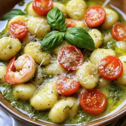 Für dieses Gericht brauchst du einige Hauptzutaten: - 450 g frische Garnelen, geschält und entdarmt - 1 Packung (450 g) Kartoffelgnocchi - 240 ml Schlagsahne - 120 g Basilikumpesto - 2 Esslöffel Olivenöl - 2 Knoblauchzehen, fein gehackt - 75 g Kirschtomaten, halbiert - 30 g geriebener Parmesan - Salz und Pfeffer, nach Geschmack - Frische Basilikumblätter, zur Dekoration Diese Zutaten sorgen für den vollen Geschmack und die cremige Textur. Die Garnelen bringen eine süße Note, während das Pesto für den frischen Geschmack sorgt. Wenn du keine frischen Garnelen findest, kannst du gefrorene Garnelen verwenden. Sie sind oft gleichwertig. Achte darauf, sie gut aufzutauen. Für die Gnocchi kannst du auch andere Sorten nutzen, wie z.B. Vollkorn- oder Spinatgnocchi. Diese Varianten bieten neue Geschmäcker und Farben. Salz und Pfeffer sind wichtig für den Geschmack. Du kannst auch Chili-Flocken hinzufügen, wenn du es schärfer magst. Parmesan ist ein Muss für die Cremigkeit. Du kannst auch Pecorino verwenden, wenn du einen stärkeren Käsegeschmack möchtest. Diese kleinen Änderungen machen den großen Unterschied im Gericht. Zuerst bringst du einen großen Topf mit Salzwasser zum Kochen. Gib die Kartoffelgnocchi ins Wasser und koche sie laut den Anweisungen auf der Verpackung. Normalerweise dauert das 2 bis 3 Minuten. Du weißt, dass sie fertig sind, wenn sie an die Oberfläche schwimmen. Dann gieße sie ab und stelle sie beiseite. Erhitze nun das Olivenöl in einer großen Pfanne bei mittlerer Hitze. Füge die fein gehackten Knoblauchzehen hinzu. Brate sie etwa 30 Sekunden, bis sie duften. Dann kommen die geschälten Garnelen in die Pfanne. Würze sie mit Salz und Pfeffer. Brate die Garnelen 2 bis 3 Minuten auf jeder Seite, bis sie rosa und undurchsichtig sind. Nimm die Garnelen danach aus der Pfanne und lege sie beiseite. In der gleichen Pfanne reduziere die Hitze auf niedrig. Gieße die Schlagsahne hinein und rühre das Basilikumpesto gut unter. Lass die Sauce 2 bis 3 Minuten köcheln, bis sie schön cremig ist. Jetzt gib die gekochten Gnocchi und die halbierten Kirschtomaten in die Pfanne. Füge die gebratenen Garnelen hinzu. Mische alles sanft, bis die Gnocchi und die Garnelen gleichmäßig mit der cremigen Sauce bedeckt sind. Rühre nun den geriebenen Parmesan unter die Mischung. Warte, bis der Käse schmilzt und die Sauce noch cremiger wird. Schmecke die Sauce nach Belieben mit Salz und Pfeffer ab. Verteile die cremigen Pesto Garnelen Gnocchi auf Schalen. Garniere sie mit frischen Basilikumblättern. Ein zusätzlicher Sprinkler Parmesan obenauf macht das Gericht noch schöner. Ein Schuss Olivenöl sorgt für einen tollen Glanz. Garnelen sind schnell gar. Achte darauf, sie nicht zu lange zu braten. - Brate die Garnelen nicht länger als 2-3 Minuten pro Seite. - Sie sind perfekt, wenn sie rosa und undurchsichtig sind. - Überprüfe die Konsistenz. Sie sollten fest, aber nicht zäh sein. Die Sauce ist der Star dieses Gerichts. Du kannst sie ganz einfach verbessern. - Füge einen Spritzer Zitronensaft hinzu für mehr Frische. - Ein Hauch von Chili bringt Würze in die Mischung. - Probiere andere Kräuter wie Petersilie oder Schnittlauch. Die Präsentation macht das Essen noch schöner. Hier sind ein paar einfache Tipps. - Verwende flache Schalen für eine schöne Anordnung. - Garniere mit extra Parmesan und frischen Basilikumblättern. - Ein Schuss Olivenöl sorgt für einen tollen Glanz. {{image_4}} Wenn du eine vegetarische Option suchst, lass die Garnelen weg. Du kannst die Gnocchi mit frischem Gemüse zubereiten. Probiere Zucchini oder Auberginen. Diese Gemüsesorten passen gut zur cremigen Pestosauce. Sie geben dem Gericht mehr Farbe und Geschmack. Du kannst auch Tofu anstelle der Garnelen verwenden. Achte darauf, den Tofu vorher anzubraten, damit er schön knusprig wird. Für eine glutenfreie Variante kannst du spezielle glutenfreie Gnocchi verwenden. Diese sind oft aus Kartoffeln oder anderen glutenfreien Mehlen gemacht. Achte beim Kauf auf die Zutatenliste. So stellst du sicher, dass es wirklich glutenfrei ist. Die Zubereitung bleibt gleich. Der Geschmack wird auch lecker sein! Du kannst das Gericht ganz einfach erweitern. Füge frischen Spinat hinzu, um mehr Nährstoffe zu bekommen. Spinat passt perfekt zur cremigen Sauce. Eine andere Idee ist, Peperoni zu verwenden. Diese geben dem Gericht eine schöne Schärfe und Farbe. Du kannst auch Erbsen oder Brokkoli hinzufügen. Experimentiere mit deinen Lieblingszutaten! Du solltest die übrig gebliebenen cremigen Pesto Garnelen Gnocchi in einem luftdichten Behälter aufbewahren. Lass das Gericht zuerst auf Raumtemperatur abkühlen. Danach schließe den Behälter gut. So bleibt der Geschmack frisch. Du kannst die Gnocchi bis zu drei Tage im Kühlschrank lagern. Um die Gnocchi aufzuwärmen, nimm eine Pfanne und füge etwas Olivenöl hinzu. Erhitze die Pfanne bei mittlerer Hitze. Gib die Gnocchi in die Pfanne und rühre sie vorsichtig um. So bleiben die Garnelen und die Sauce cremig. Du kannst auch einen Spritzer Wasser hinzufügen, um die Sauce zu beleben. Alternativ kannst du die Gnocchi in der Mikrowelle aufwärmen. Stelle sie in eine mikrowellengeeignete Schüssel und decke sie ab. Erhitze sie für 1-2 Minuten. Im Kühlschrank sind die Gnocchi bis zu drei Tage haltbar. Wenn du sie länger aufbewahren möchtest, friere sie ein. Die Gnocchi halten sich im Gefrierschrank bis zu drei Monate. Stelle sicher, dass sie gut verpackt sind. Wenn du sie einfrieren möchtest, empfehle ich, die Sauce separat zu lagern. So bleibt die Textur besser. Die Zubereitung dauert nur etwa 25 Minuten. Die Vorbereitungszeit beträgt 10 Minuten. Das Kochen der Gnocchi nimmt etwa 2-3 Minuten in Anspruch. Die Garnelen sind schnell gar, sie brauchen nur 2-3 Minuten pro Seite. So kannst du schnell ein leckeres Gericht zubereiten. Ja, du kannst dein eigenes Basilikumpesto machen. Mixe frisches Basilikum, Knoblauch, Pinienkerne, Parmesan und Olivenöl in einem Mixer. Achte darauf, die Zutaten gut zu pürieren. Das selbstgemachte Pesto hat einen frischen Geschmack. Es ist einfach und macht dein Gericht noch besser. Als Beilage passen verschiedene Salate gut. Ein einfacher grüner Salat ist eine gute Wahl. Auch geröstetes Gemüse ergänzt das Gericht perfekt. Wenn du etwas mehr möchtest, probiere ein knuspriges Baguette. Es hilft, die köstliche Sauce aufzutunken. Ja, dieses Gericht ist ideal für Meal Prep. Du kannst die Gnocchi und Garnelen im Voraus zubereiten. Lagere die Portionen in luftdichten Behältern im Kühlschrank. So hast du schnell ein leckeres Essen zur Hand. Erwärme einfach die Portionen in der Mikrowelle oder in einer Pfanne. Cremige Pesto Garnelen Gnocchi ist einfach zuzubereiten. Wir haben die besten Zutaten und Schritt-für-Schritt-Anleitungen durchgegangen. Denke daran, auch Variationen und Tipps für die perfekte Zubereitung zu nutzen. Die richtige Lagerung sorgt dafür, dass du Reste genießen kannst. Egal, ob du Garnelen magst oder nicht, dieses Gericht kann jedem schmecken. Nutze die neuen Ideen, um deine Mahlzeiten zu bereichern. Viel Spaß beim Kochen und Genießen!