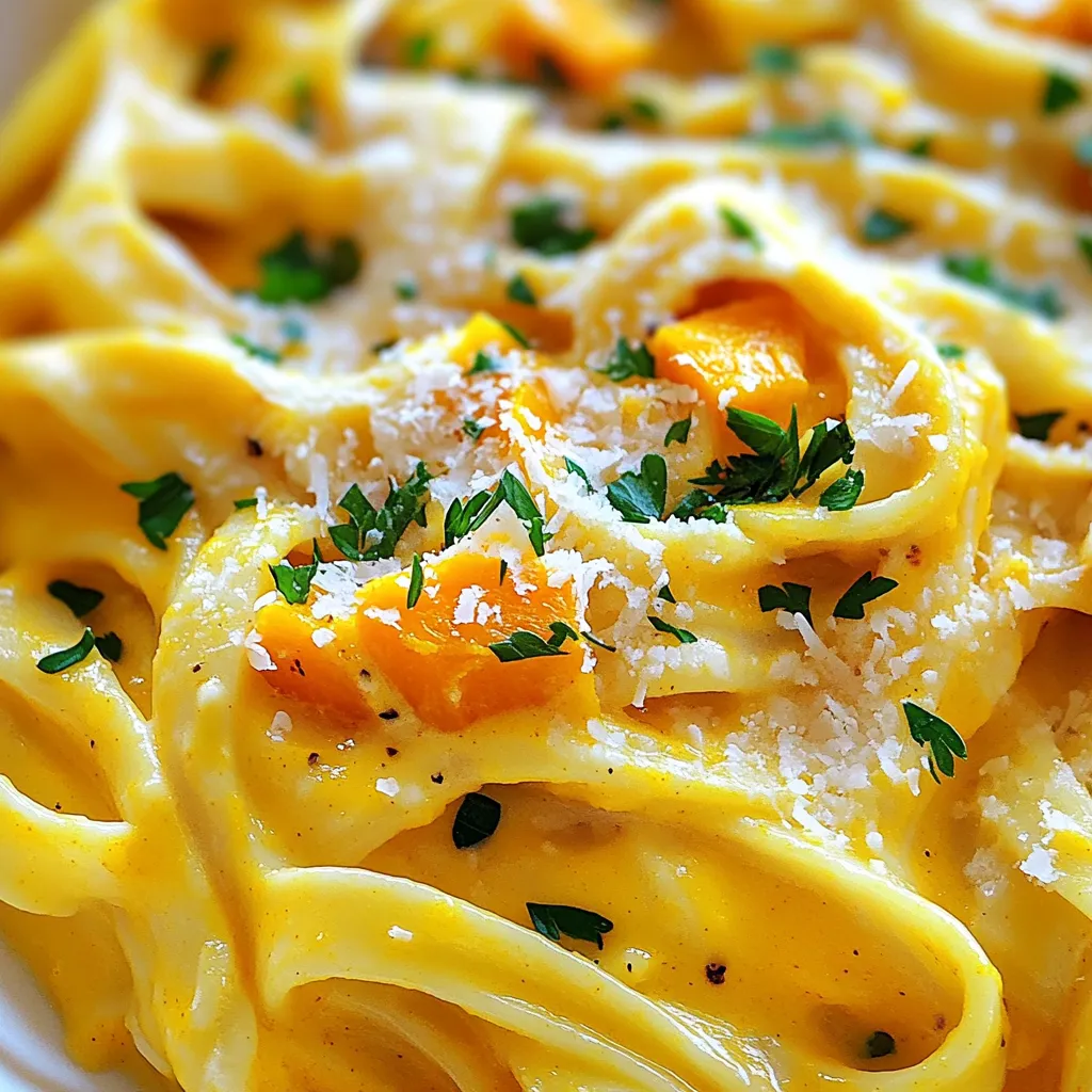 - 1 mittelgroßer Butternut-Kürbis, geschält und gewürfelt - 340 Gramm Fettuccine-Nudeln - 1 Tasse frisch geriebener Parmesan-Käse - 1 Tasse Gemüsebrühe - 1/2 Tasse Sahne - Gewürze: - 1/4 Teelöffel Muskatnuss - 1/2 Teelöffel Salz - 1/4 Teelöffel schwarzer Pfeffer Die Hauptzutaten in diesem Rezept sind einfach und gut. Der Butternut-Kürbis gibt dem Gericht seine süße und cremige Note. Fettuccine-Nudeln sind perfekt, um die Soße gut aufzunehmen. Der Parmesan-Käse fügt einen reichen, salzigen Geschmack hinzu. Die weiteren Zutaten runden das Gericht ab. Gemüsebrühe bringt Tiefe in den Geschmack. Sahne sorgt für die cremige Konsistenz. Die Gewürze sind wichtig. Muskatnuss gibt eine warme Note, während Salz und Pfeffer das Gesamtbild abrunden. Jede Zutat hat ihren Platz in diesem Rezept. Sie arbeiten zusammen, um eine köstliche und cremige Soße zu schaffen. Heize deinen Ofen auf 200°C vor. Nimm einen mittelgroßen Butternut-Kürbis und schäle ihn. Würfle den Kürbis in kleine Stücke. Gib die gewürfelten Kürbisstücke in eine Schüssel. Füge 1 Esslöffel Olivenöl und eine Prise Salz hinzu. Vermenge alles gut. Lege die Kürbisstücke auf ein Backblech in einer einzelnen Schicht. Röste sie für 25 bis 30 Minuten. Sie sollten zart und leicht karamellisiert sein. Fülle einen großen Topf mit Wasser und bringe es zum Kochen. Füge eine Prise Salz hinzu. Gib die Fettuccine-Nudeln ins kochende Wasser. Koche die Nudeln nach Packungsanweisung, bis sie al dente sind. Das dauert etwa 8 bis 10 Minuten. Reserviere 1 Tasse Nudelwasser, bevor du die Nudeln abgießt. Lass die Nudeln in einem Sieb abtropfen und stelle sie beiseite. Erhitze einen mittleren Topf bei mittlerer Hitze. Füge 1 Esslöffel Olivenöl hinzu. Hacke 2 Knoblauchzehen fein und gib sie in den Topf. Sautiere den Knoblauch etwa 1 Minute lang. Er sollte duften, aber nicht bräunen. Jetzt kommen die gerösteten Kürbisstücke in den Topf. Füge 1 Tasse Gemüsebrühe hinzu. Lass die Mischung sanft köcheln für etwa 5 Minuten. Nimm einen Stabmixer und püriere die Mischung. Sie soll glatt und cremig werden. Wenn du keinen Stabmixer hast, kannst du die Mischung vorsichtig in einen normalen Mixer umfüllen. Achte darauf, Dampf entweichen zu lassen. Gib die pürierte Mischung zurück in den Topf. Rühre 1/2 Tasse Sahne, 1/4 Teelöffel Muskatnuss, 1/2 Teelöffel Salz und 1/4 Teelöffel schwarzen Pfeffer ein. Füge 1 Tasse frisch geriebenen Parmesan-Käse hinzu. Erwärme die Soße auf niedriger Hitze für 3 bis 4 Minuten. Ist die Soße zu dick? Füge nach und nach das reservierte Nudelwasser hinzu, bis die Konsistenz passt. Jetzt kannst du die abgetropften Fettuccine in die Soße geben. Vermenge alles vorsichtig, so dass die Nudeln gleichmäßig bedeckt sind. Um die perfekte Konsistenz für die Soße zu erreichen, nutze das Nudelwasser. Es hat Stärke und hilft, die Soße schön cremig zu machen. Beginne mit einem kleinen Schöpflöffel. Rühre gut um, bis die Soße die gewünschte Dicke hat. Das Verhältnis zwischen Sahne und Brühe ist wichtig. Wenn du eine reichhaltige Soße magst, nutze mehr Sahne. Für eine leichtere Variante, erhöhe die Brühe. Die Backzeit und Temperatur haben großen Einfluss auf den Geschmack des Kürbisses. Röste den Butternut-Kürbis bei 200°C für 25-30 Minuten. Achte darauf, dass die Stücke gleichmäßig verteilt sind. So werden sie gleichmäßig gar und bekommen eine schöne Karamellisierung. Vorbereitungsstrategien sind auch wichtig. Schneide den Kürbis in gleich große Stücke. Dadurch garen sie gleichmäßig. Die Wahl der Servierschalen kann das Gericht aufwerten. Tiefe Teller sind ideal. Sie halten die Soße besser und sehen schön aus. Garnitur-Ideen machen das Gericht lebendiger. Verwende frisch gehackte Petersilie oder zusätzlichen Parmesan. Ein Spritzer Olivenöl kann auch eine feine Note hinzufügen. {{image_4}} Für eine vegetarische oder vegane Version des Butternut Squash Alfredo können Sie pflanzliche Sahne verwenden. Diese ist leicht zu finden und macht die Sauce cremig. Alternativen zu Parmesan sind Hefeflocken oder eine Mischung aus gemahlenen Nüssen. Diese geben auch einen herzhaften Geschmack. Möchten Sie etwas mehr Farbe und Geschmack? Fügen Sie Pilze oder frischen Spinat hinzu. Diese Zutaten bringen Textur und zusätzliche Nährstoffe in Ihr Gericht. Nüsse oder Samen sind großartige Toppings. Sie bringen einen schönen Crunch und mehr Geschmack. Experimentieren Sie mit verschiedenen Kräutern und Gewürzen. Thymian oder Rosmarin passen gut zu dieser Sauce. Wenn Sie es schärfer mögen, erhöhen Sie die Schärfe mit Chili oder frisch gemahlenem Pfeffer. Diese kleinen Änderungen machen Ihr Gericht einzigartig und aufregend. Um Reste von Butternut Squash Alfredo aufzubewahren, gebe ich sie in einen luftdichten Behälter. Im Kühlschrank halten sie sich 3 bis 5 Tage. Du kannst sie auch im Gefrierschrank lagern. In einem gefrierfesten Behälter bleiben sie bis zu 3 Monate frisch. Achte darauf, die Reste gut einzupacken, um Gefrierbrand zu vermeiden. Wenn du die Reste wieder aufwärmen möchtest, gibt es zwei einfache Wege. Die Mikrowelle ist schnell und einfach. Stelle die Reste in eine Schüssel und decke sie ab. Erhitze sie in kurzen Intervallen. So bleibt die Soße cremig. Alternativ kannst du die Reste auf dem Herd erwärmen. Gib die Reste in einen Topf und füge etwas Nudelwasser hinzu. Diese Methode hilft, die Soße nicht zu trocken werden zu lassen. Die Haltbarkeit der Zutaten ist wichtig. Frischer Butternut-Kürbis ist bis zu einer Woche haltbar. Lagere ihn an einem kühlen, trockenen Ort. Parmesan-Käse bleibt im Kühlschrank mehrere Wochen frisch, wenn du ihn gut verpackst. Achte darauf, die Sahne nach dem Öffnen innerhalb von 7 bis 10 Tagen zu verwenden. So verlängerst du die Frische und Qualität deiner Zutaten. Um Butternut-Kürbis schnell zu schälen, benutze einen Gemüseschäler. Beginne an der Oberseite und arbeite nach unten. Ein stabiler Untergrund hilft, ihn festzuhalten. Du kannst den Kürbis auch leicht anwärmen, um die Haut weicher zu machen. Das macht das Schälen einfacher. Ein scharfes Messer hilft, die Würfel gleichmäßig zu schneiden. Ja, du kannst frische Fettuccine verwenden. Frische Nudeln haben einen anderen Geschmack und eine andere Textur. Sie garen schneller als getrocknete Nudeln. Achte darauf, sie nur kurz zu kochen, etwa 2-3 Minuten. So bleiben sie al dente und passen gut zur Butternut-Kürbis Alfredo. Butternut-Kürbis ist sehr gesund. Er enthält viele Vitamine, Mineralien und Antioxidantien. Er ist reich an Vitamin A und C. Diese Vitamine stärken das Immunsystem. Der Kürbis hat auch Ballaststoffe, die die Verdauung fördern. Er hat wenig Kalorien, was ihn zu einer guten Wahl für viele Gerichte macht. Um die Soße zu verdicken, kannst du mehr Parmesan-Käse hinzufügen. Das gibt der Soße eine cremige Konsistenz. Wenn sie zu dick ist, füge etwas reserviertes Nudelwasser hinzu. Das Wasser enthält Stärke und hilft, die Soße zu binden. Auch das langsame Köcheln der Soße kann die Konsistenz verbessern. Diese Anleitung bietet dir alles für ein leckeres Gericht mit Butternut-Kürbis. Wir haben die Hauptzutaten und Schritte erklärt. Du hast gelernt, wie du die perfekte Soße zubereitest und den Kürbis richtig rösten kannst. Denk auch an Variationen und Lagerungstipps. Mit diesen Tipps kannst du deine Gerichte neu erfinden. Hab Spaß beim Kochen und lade Freunde ein, um deine Kreationen zu teilen! Mach dein Essen zu einem echten Erlebnis.