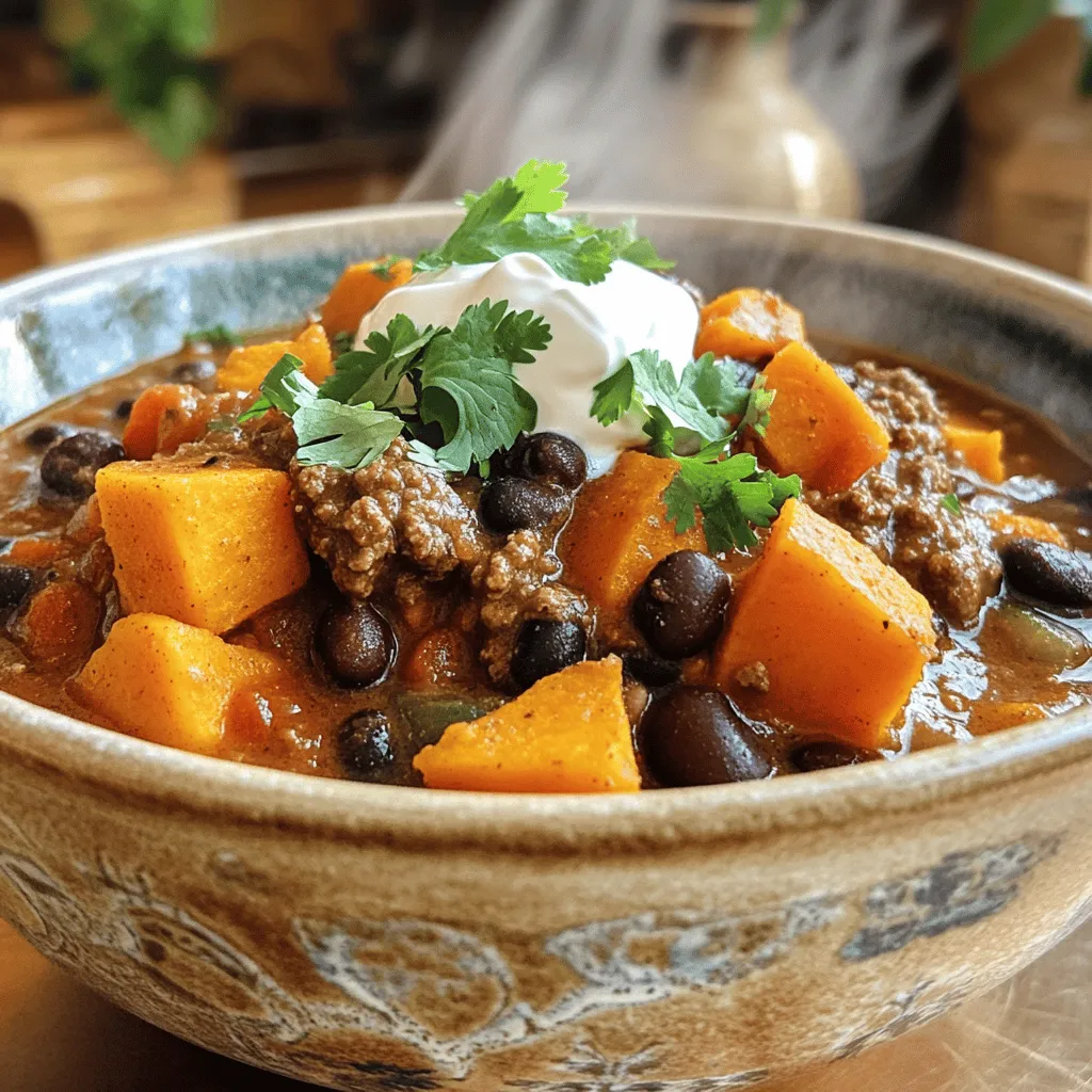 Hier sind die Zutaten für das schmackhafte Beef und Sweet Potato Chili. - 450 g Rinderhackfleisch - 2 mittlere Süßkartoffeln, gewürfelt - 1 Dose (425 g) schwarze Bohnen, abgetropft und abgespült - 1 Dose (425 g) gewürfelte Tomaten mit grünen Chilischoten - 1 mittlere Zwiebel, gehackt - 2 Knoblauchzehen, gehackt - 1 grüne Paprika, gewürfelt - 1 Esslöffel Chilipulver - 1 Teelöffel Kreuzkümmel - ½ Teelöffel geräuchertes Paprikapulver - ½ Teelöffel Salz - ¼ Teelöffel schwarzer Pfeffer - 500 ml Rinderbrühe - 2 Esslöffel Olivenöl - Frischer Koriander zur Garnitur - Sauerrahm zum Servieren (optional) Für dieses Chili ist frisches Gemüse wichtig. Die Süßkartoffeln geben eine natürliche Süße. Die schwarzen Bohnen fügen Protein hinzu. Gewürze wie Chilipulver und Kreuzkümmel bringen den Geschmack. Das Rinderhackfleisch sorgt für eine herzhafte Basis. Wenn du das Chili machst, achte auf die Qualität der Zutaten. Frische Zwiebeln und Knoblauch machen einen großen Unterschied. Verwende hochwertige Brühe für mehr Geschmack. Wenn du magst, kannst du auch andere Bohnen verwenden. Die Zutatenliste ist einfach. Du findest alles im Supermarkt. Bereite alles vor, bevor du kochst. So geht es schneller und einfacher. - Schritt 1: Zwiebel und Knoblauch anbraten Erhitze das Olivenöl in einem großen Topf bei mittlerer Hitze. Füge die gehackte Zwiebel und den Knoblauch hinzu. Brate die Mischung für 2-3 Minuten, bis sie weich ist und gut duftet. - Schritt 2: Rinderhackfleisch anbraten und würzen Gib das Rinderhackfleisch in den Topf. Zerdrücke das Fleisch mit einem Kochlöffel, während du es brätst. Würze es mit Chilipulver, Kreuzkümmel, geräuchertem Paprikapulver, Salz und schwarzem Pfeffer. Brate das Fleisch für etwa 5-7 Minuten, bis es schön braun ist. - Schritt 3: Gemüse hinzufügen und kurz mitkochen Füge die gewürfelte grüne Paprika und die gewürfelten Süßkartoffeln hinzu. Koche alles für weitere 3-4 Minuten. Das Gemüse sollte leicht weich werden, aber noch Biss haben. - Schritt 4: Tomaten und Brühe hinzufügen Gieße die gewürfelten Tomaten mit ihrem Saft und die Rinderbrühe in den Topf. Füge die abgetropften schwarzen Bohnen hinzu. Rühre alles gut um, um die Zutaten zu verbinden. - Schritt 5: Chili köcheln lassen Erhöhe die Hitze und bringe die Mischung zum Kochen. Sobald es kocht, reduziere die Hitze auf niedrig und decke den Topf ab. Lass das Chili für etwa 30-35 Minuten köcheln. Rühre gelegentlich um, damit nichts anbrennt. - Schritt 6: Abschmecken und anpassen Probiere das Chili nach dem Köcheln. Passe die Gewürze nach deinem Geschmack an. Wenn du es schärfer magst, füge mehr Chilipulver oder eine Prise Cayenne-Pfeffer hinzu. - Schritt 7: Servieren Serviere das Chili heiß. Garniere es mit frischem Koriander und einem Klecks Sauerrahm, wenn du magst. - Optimale Gewürzverteilung Beginnen Sie mit den Gewürzen, wenn das Fleisch brät. Mischen Sie die Gewürze gut unter das Fleisch. So verteilen sich die Aromen gleichmäßig. - Anpassen der Schärfe Mögen Sie es scharf? Fügen Sie Cayenne-Pfeffer hinzu oder mehr Chilipulver. Probieren Sie das Chili während des Kochens. Das hilft Ihnen, die perfekte Schärfe zu finden. - Anwendung von frischen Kräutern Frischer Koriander bringt Farbe und Geschmack. Fügen Sie ihn kurz vor dem Servieren hinzu. Er gibt dem Chili eine frische Note. - Anrichten für eine ansprechende Präsentation Servieren Sie das Chili in rustikalen Schalen. Toppen Sie es mit Koriander und einem Klecks Sauerrahm. Das sieht toll aus und schmeckt noch besser. {{image_4}} Es gibt viele Wege, unser Beef und Sweet Potato Chili zu variieren. Hier sind einige leckere Ideen: - Vegetarische Version mit Linsen oder Tofu: Wenn du kein Fleisch magst, probiere Linsen oder Tofu. Sie geben dem Gericht eine tolle Textur und sind sehr nahrhaft. - Verwendbare Hülsenfrüchte oder Gemüse: Du kannst auch Kichererbsen oder weiße Bohnen verwenden. Zucchini oder Karotten passen auch gut ins Chili. - Verschiedene Gewürzkombinationen: Experimentiere mit Gewürzen! Füge etwas Zimt oder Oregano hinzu. Das gibt dem Chili eine neue Tiefe. - Süßkartoffeln ersetzen durch normale Kartoffeln oder Kürbis: Wenn du keine Süßkartoffeln hast, nimm normale Kartoffeln oder Kürbis. Beide sind lecker und geben dem Gericht ein anderes Aroma. Mit diesen Variationen kannst du dein Chili anpassen und immer wieder neu entdecken! Nach dem Kochen ist das richtige Lagern von Chili wichtig. - Kaltlagerung: Lassen Sie das Chili zuerst abkühlen. Füllen Sie es dann in luftdichte Behälter. So bleibt der Geschmack frisch. - Portionierung für einfache Handhabung: Teilen Sie das Chili in kleinere Portionen auf. So können Sie es leicht aufwärmen und genießen, wann immer Sie möchten. - Haltbarkeit im Kühlschrank und Gefrierschrank: Im Kühlschrank bleibt Ihr Chili etwa drei bis fünf Tage gut. Im Gefrierschrank können Sie es bis zu drei Monate aufbewahren. Achten Sie darauf, es gut zu verpacken, um Gefrierbrand zu vermeiden. Wie lange dauert es, das Chili zuzubereiten? Die gesamte Zubereitungszeit beträgt etwa 50 Minuten. Davon sind 15 Minuten für die Vorbereitung. Das Kochen selbst dauert etwa 30-35 Minuten. Ist das Rezept glutenfrei? Ja, das Rezept ist glutenfrei. Alle Zutaten enthalten kein Gluten. Verwenden Sie sicherheitshalber glutenfreie Brühe. Kann ich Rinderhackfleisch durch eine andere Proteinquelle ersetzen? Ja, Sie können das Rinderhackfleisch durch Hähnchen, Pute oder sogar Linsen ersetzen. Diese Alternativen bieten einen leckeren Geschmack. Wie kann ich das Chili im Voraus zubereiten? Sie können das Chili einen Tag vorher kochen. Lassen Sie es abkühlen und bewahren Sie es im Kühlschrank auf. Erwärmen Sie es vor dem Servieren. Was passt gut als Beilage zum Chili? Guten Beilagen sind knuspriges Brot oder Tortilla-Chips. Auch ein frischer Salat kann gut dazu passen. Zusammenfassend haben wir die Zutaten und die Zubereitung für ein schmackhaftes Chili durchgearbeitet. Wir haben Tipps gegeben, um den Geschmack zu optimieren und Variationen vorgestellt, um das Rezept anzupassen. Richtiges Lagern stellt sicher, dass Ihr Chili frisch bleibt. Denken Sie daran, das Chili nach Ihrem Geschmack zu gestalten. So wird es nicht nur lecker, sondern auch einzigartig. Lassen Sie Ihrer Kreativität freien Lauf und genießen Sie jedes Löffel!