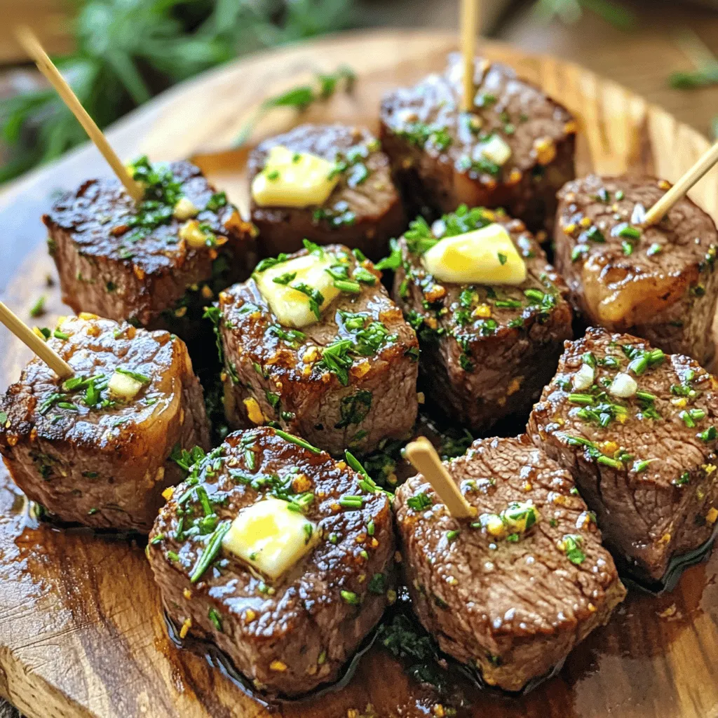 Für die Garlic Butter Steak Bites brauchst du: - 450 g Sirloinsteak, in würfelgroße Stücke geschnitten - 4 Esslöffel ungesalzene Butter - 4 Knoblauchzehen, fein gehackt - 1 Teelöffel frischer Rosmarin, gehackt (oder ½ Teelöffel getrocknet) - 1 Teelöffel frische Thymianblätter (oder ½ Teelöffel getrocknet) - Salz und Pfeffer nach Geschmack - 1 Esslöffel Olivenöl Die Gewürze machen das Gericht besonders. Rosmarin und Thymian bringen viel Geschmack. Sie passen gut zum Steak. Frischer Knoblauch gibt dem Gericht ein tolles Aroma. Denke daran, die Gewürze frisch zu verwenden. Das hebt das Gericht auf ein neues Level. Zum Garnieren verwendest du frische Petersilie. Sie gibt Farbe und frischen Geschmack. Du kannst die Steakbites auf einer schönen Platte anrichten. Kleine Spieße helfen beim Servieren. Für eine vollständige Mahlzeit empfehle ich geröstetes Gemüse oder einen frischen Salat als Beilage. So wird dein Essen noch leckerer und gesünder. Zuerst würze die Steakwürfel großzügig mit Salz und Pfeffer. Lass sie dann etwa 15 Minuten bei Zimmertemperatur stehen. Diese Zeit hilft, das Fleisch zart zu machen und den Geschmack zu intensivieren. Nimm eine große Gusseisenpfanne oder einen schweren Topf. Erhitze das Olivenöl bei mittelhoher Hitze. Warte, bis das Öl leicht schimmert. Dies zeigt dir, dass es heiß genug ist, um das Steak zu braten. Lege die Steakwürfel in einer einzigen Schicht in die heiße Pfanne. Achte darauf, die Pfanne nicht zu überladen. Brate sie etwa 2 Minuten lang an, ohne sie zu bewegen. Drehe die Würfel dann um und brate sie weitere 2 Minuten. So erhältst du eine schöne braune Kruste und das Steak bleibt innen medium-rare. Nimm die Steakbites aus der Pfanne und stelle sie beiseite. Reduziere die Hitze auf mittlere Stufe. Gib die ungesalzene Butter in die gleiche Pfanne. Lass die Butter schmelzen. Rühre den gehackten Knoblauch, Rosmarin und Thymian ein, wenn die Butter geschmolzen ist. Rühre etwa 1–2 Minuten, bis der Knoblauch duftet. Pass auf, dass der Knoblauch nicht verbrennt. Jetzt kommen die angebratenen Steakbites zurück in die Pfanne. Vermenge sie gründlich mit der Knoblauchbutter. Lass alles eine weitere Minute kochen, damit die Aromen gut zusammenkommen. Nimm die Pfanne vom Herd. Streue frisch gehackte Petersilie über die Steakbites, bevor du sie servierst. Dies gibt dem Gericht eine schöne Farbe und Frische. Wählen Sie das beste Steak für Ihr Gericht. Sirloin ist eine gute Wahl. Es hat den richtigen Fettgehalt. Das macht es zart und saftig. Sie können auch Ribeye oder Filetsteak verwenden. Diese Optionen bringen extra Geschmack mit. Achten Sie darauf, frisches Fleisch zu wählen. Es sollte eine leuchtende Farbe haben und leicht marmoriert sein. Die Garstufen sind wichtig für den Geschmack. Medium-rare ist ideal für Steakbites. So bleibt das Fleisch zart und saftig. Verwenden Sie ein Fleischthermometer. Für medium-rare sollte die Temperatur 55–57 °C betragen. Lassen Sie das Steak nach dem Braten ruhen. So können sich die Säfte setzen. Das Ergebnis ist ein saftiger Bissen. Knoblauchbutter ist der Star dieses Rezepts. Sie können sie anpassen und variieren. Fügen Sie Kräuter wie Petersilie oder Oregano hinzu. Das gibt einen frischen Geschmack. Auch eine Prise Chili kann die Butter aufpeppen. Experimentieren Sie mit verschiedenen Käsesorten. Parmesan oder Feta bringen eine neue Note. Seien Sie kreativ und finden Sie Ihre Lieblingskombination! {{image_4}} Du kannst die Aromen deiner Steak Bites leicht ändern. Probiere frische Kräuter wie Basilikum oder Oregano. Diese Kräuter geben deinem Gericht eine neue Note. Auch Schnittlauch oder Estragon sind tolle Optionen. Sie passen gut zu dem saftigen Steak und der Knoblauchbutter. Experimentiere mit verschiedenen Kombinationen, um deine perfekte Mischung zu finden. Die Steak Bites schmecken gut mit vielen Beilagen. Röste Gemüse wie Paprika, Zucchini oder Karotten im Ofen. Diese Farben und Geschmäcker bringen Freude auf den Teller. Ein frischer Salat ist auch eine leichte Beilage. Du kannst einen einfachen grünen Salat mit einem leichten Dressing machen. Serviere auch kleine Brötchen oder Baguette, um die köstliche Knoblauchbutter aufzusaugen. Wenn du eine vegetarische Option suchst, sind Pilze eine tolle Wahl. Brate große Champignons oder Portobello-Pilze in der Knoblauchbutter an. Du kannst auch Zucchini oder Auberginenwürfel verwenden. Diese Gemüse haben eine schöne Textur und nehmen die Aromen gut auf. So bekommst du einen leckeren, fleischfreien Genuss, der alle begeistert. Um die Reste der Garlic Butter Steak Bites richtig zu lagern, lasse sie zuerst abkühlen. Lege die Steakbites in einen luftdichten Behälter. Du kannst auch Frischhaltefolie verwenden. Stelle sicher, dass der Behälter gut verschlossen ist. So bleiben die Bites frisch und lecker. Wenn du die Steak Bites wieder aufwärmen möchtest, empfehle ich, sie in einer Pfanne zu erhitzen. Füge etwas Olivenöl oder Butter hinzu, um den Geschmack zu verstärken. Erwärme sie bei niedriger Hitze, damit sie saftig bleiben. Du kannst auch die Mikrowelle verwenden, aber achte darauf, sie nicht zu überhitzen. Im Kühlschrank halten die Steak Bites etwa 3 bis 4 Tage. Stelle sicher, dass sie gut verpackt sind. Wenn du sie länger aufbewahren möchtest, friere sie ein. Im Gefrierfach sind sie bis zu 3 Monate haltbar. Packe sie in einen gefriergeeigneten Behälter oder Beutel. So kannst du sie später genießen, wenn du Lust darauf hast. Die Zubereitung dauert insgesamt 25 Minuten. Du bereitest das Steak in 10 Minuten vor. Die Kochzeit beträgt etwa 15 Minuten. Das geht schnell, aber du wirst es genießen. Du kannst Rinderfilet oder Ribeye verwenden. Beide sind zart und geschmackvoll. Wenn du etwas anderes möchtest, probiere Hähnchenbrust oder Tofu. Diese Optionen sind auch lecker und passen gut zur Knoblauchbutter. Ja, du kannst die Knoblauchbutter im Voraus machen. Stelle sie in einem luftdichten Behälter kalt. Du kannst sie bis zu einer Woche aufbewahren. Vor dem Servieren einfach wieder erhitzen. So sparst du Zeit beim Kochen. Geröstetes Gemüse oder ein frischer Salat sind tolle Beilagen. Auch Kartoffelpüree oder Reis passen gut zu Steakbites. Du kannst auch knuspriges Brot servieren, um die köstliche Butter aufzusaugen. In diesem Artikel habe ich die Zutaten, die Zubereitung und die Tipps für Garlic Butter Steak Bites erklärt. Du hast erfahren, wie man das perfekte Steak auswählt und garst. Es gibt auch spezielle Variationen und Aufbewahrungstipps. Am Ende spielt die Kreativität eine große Rolle beim Kochen. Probier die verschiedenen Kräuter und Beilagen aus. So wird jedes Gericht zu deinem persönlichen Meisterwerk. Viel Spaß beim Kochen und Genießen!