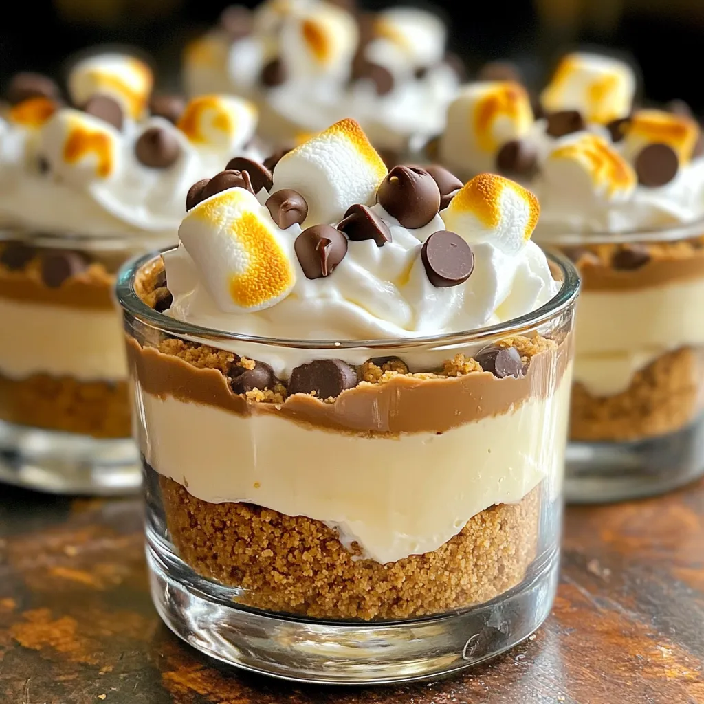 Die Füllung ist der Star dieses Desserts. Hier sind die Zutaten, die du brauchst: - 225 g Frischkäse, weich - 1/2 Tasse Puderzucker - 1 Teelöffel Vanilleextrakt - 1 Tasse Schlagsahne (oder Schlagcreme) - 1/2 Tasse Mini-Marshmallows - 1/2 Tasse Schokoladenstückchen (halb-süß oder Vollmilch) Diese Zutaten machen die Füllung cremig und süß. Der Frischkäse bringt die perfekte Textur. Der Puderzucker fügt die Süße hinzu, während der Vanilleextrakt für einen tollen Geschmack sorgt. Die Schlagsahne macht die Füllung luftig und leicht. Die Kruste gibt dem Dessert Crunch. Du brauchst: - 1 Tasse Graham-Cracker-Brösel - 4 Esslöffel ungesalzene Butter, geschmolzen Die Graham-Cracker-Brösel sorgen für einen knusprigen Biss. Die geschmolzene Butter verbindet alles und hält die Kruste zusammen. Die Dekoration macht dein Dessert besonders. Verwende: - Zusätzliche Mini-Marshmallows - Schokolade zur Dekoration Die zusätzlichen Mini-Marshmallows geben einen süßen Touch. Die Schokolade sorgt für einen hübschen Look und mehr Geschmack. Du kannst sie auch leicht abflämmen, um einen gerösteten Effekt zu erzielen. So wird dein No-Bake S’mores Cheesecake Cup nicht nur lecker, sondern sieht auch toll aus! Um den Boden für die Becher zu machen, mische die Graham-Cracker-Brösel mit geschmolzener Butter. Nimm eine mittlere Schüssel, um alles gut zu vermengen. Rühre, bis alle Brösel mit Butter bedeckt sind. Dann nimm einige Esslöffel der Mischung. Fülle sie in deine Servierbecher. Drücke die Brösel sanft nach unten, um eine feste Kruste zu bilden. Das gibt deinem Dessert eine tolle Basis. Für die Cheesecake-Füllung nimm weichen Frischkäse und Puderzucker. Mische beides in einer Rührschüssel. Verwende einen Mixer, um alles glatt zu rühren. Füge dann den Vanilleextrakt hinzu und rühre weiter, bis die Mischung homogen ist. Jetzt kommt der wichtigste Teil: die Schlagsahne. Hebe sie vorsichtig unter die Frischkäse-Mischung. Das macht die Füllung schön cremig und leicht. Jetzt ist es Zeit, die Becher zu schichten. Löffle eine Schicht der Cheesecake-Füllung auf die Graham-Cracker-Kruste. Danach gib eine Schicht Mini-Marshmallows und Schokoladenstückchen darauf. Wiederhole diesen Vorgang. Füge eine weitere Schicht Graham-Cracker-Mischung hinzu, gefolgt von mehr Cheesecake-Füllung, Marshmallows und Schokolade. Schichte, bis die Becher voll sind. Danach stell sie für mindestens drei Stunden in den Kühlschrank. So wird alles fest und lecker. Um die perfekte Cheesecake-Füllung zu machen, ist es wichtig, den Frischkäse gut vorzubereiten. Lass ihn zuerst auf Zimmertemperatur kommen. So wird er weich und lässt sich besser mischen. Nutze einen Handmixer, um den Frischkäse mit dem Puderzucker zu verrühren. Achte darauf, keine Klumpen zu haben. Füge den Vanilleextrakt hinzu und vermische alles gut. Nun kommt der wichtigste Teil: Füge die Schlagsahne vorsichtig hinzu. Faltete sie in die Mischung, um die Luftigkeit zu bewahren. So bleibt die Füllung cremig und leicht. Für die Zubereitung dieser Cheesecake-Becher brauchst du einige Utensilien. Hier eine Liste: - Mischschüssel: Eine große Schüssel zum Mischen der Zutaten. - Handmixer: Für das schnelle und einfache Mixen der Füllung. - Löffel: Ein Esslöffel, um die Mischung in die Becher zu füllen. - Maßbecher: Zum genauen Messen der Zutaten. - Servierbecher: Schöne Becher, um die Cheesecake-Mischung zu präsentieren. Mit diesen Utensilien klappt die Zubereitung noch besser. Einige Fehler können die Cheesecake-Becher ruinieren. Hier sind die häufigsten: - Kalter Frischkäse: Verwende kalten Frischkäse. Das macht das Mischen schwerer und die Füllung klumpig. - Zu viel Luft: Wenn du die Schlagsahne zu fest rührst, wird die Füllung nicht leicht. Mische sie sanft unter. - Nicht kühlen: Lass die Becher nicht lange genug im Kühlschrank. Sie brauchen Zeit, um fest zu werden. - Nicht schichten: Schichte die Füllung und die Zutaten gleichmäßig. So schmeckt jeder Biss gleich gut. Vermeide diese Fehler, um die besten Cheesecake-Becher zu machen! {{image_4}} Wenn du eine vegane Version der No-Bake S’mores Cheesecake Cups machen möchtest, ist das einfach. Verwende vegane Butter anstelle von ungesalzener Butter. Für die Füllung kannst du veganen Frischkäse verwenden. Viele Marken bieten gute Optionen an. Auch die Schlagsahne gibt es pflanzlich, aus Kokos oder Soja. So hast du eine leckere vegane Variante. Du kannst die Aromen leicht ändern. Für eine fruchtige Note füge pürierte Erdbeeren oder Himbeeren zur Cheesecake-Füllung hinzu. Wenn du es schokoladiger magst, nutze dunkle Schokolade oder Schokoladensauce. Auch Karamell kann eine tolle Ergänzung sein. Sei kreativ und passe die Füllung an deinen Geschmack an. Im Herbst kannst du Kürbispüree in die Füllung geben. Es bringt eine schöne Farbe und einen tollen Geschmack. Für den Sommer sind frische Beeren eine gute Wahl. Garniere die Becher mit frischen Minzblättern für einen frischen Kick. Im Winter kannst du einen Hauch von Zimt oder Muskatnuss hinzufügen, um das Dessert festlicher zu gestalten. Um die Cheesecake-Becher frisch zu halten, stelle sie in den Kühlschrank. Verwende einen luftdichten Behälter. So bleibt die Creme schön und die Kruste knusprig. Decke die Becher auch mit Frischhaltefolie ab, wenn du keinen Behälter hast. Achte darauf, die Becher nicht zu stark zu stapeln. Dies schützt die Dekoration. Die Cheesecake-Becher halten sich im Kühlschrank bis zu fünf Tage. Achte darauf, dass sie gut abgedeckt sind. Nach ein paar Tagen kann die Textur jedoch etwas weicher werden. Der Geschmack bleibt meist gleich, aber die Frische ist wichtig für das beste Erlebnis. Wenn du Reste hast, kannst du die Cheesecake-Becher auch einfrieren. Stelle sicher, dass sie gut verpackt sind. Verwende dafür gefrierfeste Behälter oder Folie. Die Becher halten sich bis zu zwei Monate im Gefrierfach. Zum Auftauen, lege sie einfach über Nacht in den Kühlschrank. So bleibt die Konsistenz am besten erhalten. Ja, du kannst andere Kekse verwenden. Einige gute Alternativen sind Oreo-Kekse oder Butterkekse. Diese Kekse geben einen anderen Geschmack, aber sie sind ebenfalls lecker. Du musst die Kekse einfach zerbröseln und mit der geschmolzenen Butter vermischen. So erhältst du eine neue Kruste für deine Cheesecake-Becher. Die Becher sollten mindestens 3 Stunden im Kühlschrank gekühlt werden. Dies hilft, die Füllung fest zu machen. Wenn du mehr Zeit hast, lasse sie über Nacht kühlen. So wird der Geschmack intensiver und die Textur besser. Auch die Schichten verbinden sich gut. Für dieses Rezept empfehle ich halb-süße oder Vollmilch-Schokoladenstückchen. Diese Sorten passen gut zur Süße der Cheesecake-Füllung. Du kannst auch Zartbitterschokolade verwenden, wenn du es etwas weniger süß magst. Probiere verschiedene Sorten aus, um deinen Favoriten zu finden! In diesem Artikel haben wir die Hauptzutaten für Cheesecake-Becher besprochen, von der Füllung bis zur Kruste. Ich habe dir eine Schritt-für-Schritt-Anleitung gegeben, um das Dessert einfach zuzubereiten. Zusätzlich teilte ich Tipps für die perfekte Füllung sowie Variationen für jeden Geschmack. Wir haben auch die richtige Lagerung und Haltbarkeit behandelt. Egal, ob du Anfänger oder Profi bist, diese Cheesecake-Becher sind ein Hit. Viel Spaß beim Ausprobieren!