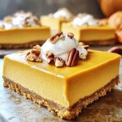 - Hauptzutaten für die Riegel - 1 ½ Tassen Graham-Cracker-Brösel - ½ Tasse ungesalzene Butter, geschmolzen - 2 Esslöffel Zucker - 450 g Frischkäse, weich - 1 Tasse Kürbispüree - 1 Tasse Zucker - 3 große Eier - 1 Teelöffel Vanilleextrakt - 1 Teelöffel gemahlener Zimt - ½ Teelöffel gemahlene Muskatnuss - ¼ Teelöffel Ingwerpulver - ¼ Teelöffel Salz - Optionale Garnierungen - Schlagsahne, zum Servieren - Gehackte Pekannüsse oder Walnüsse Diese Zutaten sind einfach zu finden. Der Graham-Cracker-Boden gibt diesen Riegeln einen tollen Crunch. Die Mischung aus Kürbis und Frischkäse macht sie cremig und lecker. Jede Zutat hat ihren Platz. Die Gewürze bringen den Herbst direkt auf deinen Teller. Wenn du magst, kannst du die Riegel mit Schlagsahne und Nüssen toppen. Das gibt einen extra Kick. Die Kombination aus Kälte und Crunch ist einfach unwiderstehlich. Heize deinen Ofen auf 175°C vor. Nimm eine 23x33 cm große Backform. Lege sie mit Backpapier aus. Lass genug Papier überstehen. So kannst du die Riegel später leicht herausnehmen. In einer Rührschüssel vermenge die Graham-Cracker-Brösel, die geschmolzene Butter und 2 Esslöffel Zucker. Rühre alles gut um, bis die Brösel gleichmäßig bedeckt sind. Drücke die Mischung gleichmäßig in den Boden der Form. Backe die Kruste für 10 Minuten. Lass sie danach abkühlen. Nimm eine große Rührschüssel. Rühre den weichen Frischkäse mit einem Handmixer glatt. Füge das Kürbispüree, den Zucker, die Eier, den Vanilleextrakt, den Zimt, die Muskatnuss, den Ingwer und das Salz hinzu. Schlage die Mischung, bis sie cremig ist. Achte darauf, dass keine Klumpen bleiben. Gieße die Cheesecake-Mischung über die abgekühlte Kruste. Verteile sie gleichmäßig mit einem Spatel. Backe die Mischung 30-35 Minuten. Die Ränder sollten fest sein, die Mitte darf leicht wackeln. Nimm die Form aus dem Ofen. Lass sie 1 Stunde bei Raumtemperatur abkühlen. Stelle die Form dann in den Kühlschrank. Lass die Riegel mindestens 3 Stunden kühlen, besser über Nacht. Heben die Riegel mit dem Überhang aus der Form. Schneide sie in Riegel und serviere sie kühl. Du kannst sie mit Schlagsahne und gehackten Pekannüssen oder Walnüssen garnieren. Um die beste Konsistenz für den Frischkäse zu bekommen, achte darauf, dass er weich ist. Nimm ihn rechtzeitig aus dem Kühlschrank. Bei Raumtemperatur wird er leichter cremig. Mixe den Frischkäse gut, bevor du andere Zutaten hinzufügst. So entstehen keine Klumpen. Wenn du die Füllung zu lange rührst, kann sie Luftblasen bekommen. Diese Blasen können während des Backens aufplatzen. Das sieht nicht schön aus. Die Kruste ist wichtig für den Geschmack. Du kannst verschiedene Arten von Krusten ausprobieren. Verwende z.B. Kekse oder Haferflocken anstelle von Graham-Crackern. Für einen besonderen Twist, füge etwas Kakaopulver hinzu. Mische die Brösel gut mit der geschmolzenen Butter. Achte darauf, dass die Kruste gleichmäßig fest gedrückt wird. So bleibt sie beim Schneiden ganz. Die Anrichtung macht viel aus. Du kannst die Riegel in gleichmäßige Stücke schneiden. Garniere sie mit Schlagsahne für einen tollen Look. Die gehackten Pekannüsse oder Walnüsse geben einen schönen Crunch. Eine Prise Zimt oben drauf sieht auch gut aus. Du kannst auch ein paar Kürbiskerne streuen. Das macht die Riegel noch ansprechender. {{image_4}} Möchten Sie Ihrem Kürbis-Gewürz-Cheesecake eine besondere Note geben? Fügen Sie Schokolade hinzu! Schokoladenstückchen schmecken großartig in der Füllung. Karamell ist auch eine tolle Idee. Sie können einen Karamellstrudel verwenden oder etwas Karamellsauce oben drauf geben. Nüsse wie Pekannüsse oder Walnüsse bringen einen tollen Crunch. Streuen Sie sie einfach vor dem Servieren darüber. Wenn Sie es gesünder mögen, probieren Sie griechischen Joghurt anstelle von Frischkäse. Das macht die Riegel cremig, aber mit weniger Fett. Honig kann den Zucker ersetzen. Es gibt viele Möglichkeiten, die Riegel gesünder zu gestalten, ohne den Geschmack zu verlieren. Diese Riegel sind perfekt für den Herbst, aber warum nicht auch im Winter oder Sommer variieren? Für eine Weihnachtsversion fügen Sie etwas Muskatnuss oder Lebkuchengewürz hinzu. Im Sommer können Sie frische Beeren wie Himbeeren oder Erdbeeren verwenden. Diese Früchte bringen Frische und Farbe! Die Lagerung von Kürbis-Gewürz-Cheesecake-Riegeln ist einfach. Bewahren Sie die Riegel im Kühlschrank auf. Legen Sie sie in einen luftdichten Behälter. So bleiben sie frisch und lecker. Der Gefrierschrank ist auch eine Option. Wickeln Sie die Riegel gut in Folie ein. So bewahren Sie den Geschmack und die Textur. Diese Riegel sind im Kühlschrank etwa eine Woche haltbar. Achten Sie darauf, dass sie gut verpackt sind. Im Gefrierschrank können die Riegel bis zu drei Monate halten. Markieren Sie das Datum auf der Verpackung. So wissen Sie, wann Sie sie gemacht haben. Um die Riegel wieder aufzuleben, nehmen Sie sie aus dem Kühlschrank. Lassen Sie sie bei Raumtemperatur stehen. Sie können sie auch in der Mikrowelle leicht erwärmen. Eine kurze Zeit bei niedriger Hitze reicht aus. Servieren Sie sie gerne mit Schlagsahne oder Nüssen. So schmecken sie noch besser! Die Riegel sollten mindestens 3 Stunden kühl stehen. So festigen sie sich gut. Am besten lassen Sie sie über Nacht im Kühlschrank. Dies bringt den besten Geschmack und die beste Textur. Ja, Sie können die Riegel ohne Eier zubereiten. Verwenden Sie stattdessen eine Mischung aus Apfelmus oder Leinsamen. Zwei Esslöffel Apfelmus ersetzen ein Ei gut. Ja, Sie können das Rezept anpassen. Verdoppeln Sie die Zutaten für eine große Form. Halbieren Sie die Mengen für eine kleinere Portion. Passen Sie die Backzeit an, wenn nötig. Schlagsahne passt perfekt zu diesen Riegeln. Sie können auch gehackte Pekannüsse oder Walnüsse verwenden. Ein wenig Karamellsauce macht die Riegel noch besser. Die Anleitung zeigt, wie man leckere Riegel zubereitet. Wir haben Zutaten, Zubereitung und Tipps behandelt. Diese Riegel bieten viele Variationen für jeden Geschmack. Experimentiere mit Aromen und gesunden Alternativen. Achte auf die Lagerung, damit sie lange frisch bleiben. Nutze die Antworten auf häufige Fragen, um Fehler zu vermeiden. Bereite dich auf köstliche Snacks vor, die einfach zu machen sind. So bist du bereit, deine Riegel zu genießen und zu teilen.