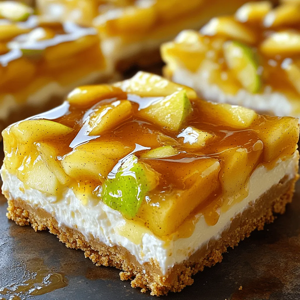 Für die Käsekuchen-Schicht benötigen Sie: - 450 g Frischkäse, weich - 200 g Zucker - 3 große Eier - 1 Teelöffel Vanilleextrakt - 1 Teelöffel gemahlener Zimt - 1/2 Teelöffel Muskatnuss Diese Zutaten bilden die Basis für den cremigen Käsekuchen. Der Frischkäse sorgt für die perfekte Textur. Der Zucker macht ihn süß, während die Gewürze dem Kuchen Tiefe geben. Der Boden besteht aus: - 2 Tassen Graham-Cracker-Brösel - 1/2 Tasse ungesalzene Butter, geschmolzen - 2 Esslöffel Zucker Die Graham-Cracker-Brösel sind knusprig und süß. Die Butter bindet alles zusammen, während der Zucker den Boden etwas auflockert. Diese Mischung bildet eine leckere Basis für die Riegel. Um den Apfelgeschmack zu intensivieren, brauchen Sie: - 2 Tassen sautierte Äpfel (von 2-3 Äpfeln, geschält und gewürfelt) - 1 Esslöffel Zitronensaft Die Äpfel bringen Frische und einen süß-sauren Geschmack. Der Zitronensaft hilft, die Äpfel frisch zu halten und verstärkt den Geschmack. Diese Zutaten machen die Riegel besonders lecker. Heize deinen Ofen auf 163°C (325°F) vor. Nimm eine Backform von 23x33 cm (9x13 Zoll) und lege sie mit Backpapier aus. Lass das Papier an den Seiten überstehen. So kannst du die Riegel später leicht herausnehmen. In einer mittelgroßen Schüssel vermenge 2 Tassen Graham-Cracker-Brösel, 1/2 Tasse geschmolzene Butter und 2 Esslöffel Zucker. Mische alles gut, bis es zusammenhält. Drücke die Mischung gleichmäßig auf den Boden der Backform. Backe den Boden 10 Minuten lang und lasse ihn dann abkühlen. In einer großen Schüssel schlägst du 450 g weichen Frischkäse mit einem Handmixer glatt. Füge langsam 200 g Zucker hinzu und rühre weiter, bis alles gut vermischt ist. Gib dann 3 große Eier nacheinander hinzu. Rühre nach jedem Ei gut um. Füge 1 Teelöffel Vanilleextrakt, 1 Teelöffel gemahlenen Zimt und 1/2 Teelöffel Muskatnuss hinzu. Nimm 2 Tassen sautierte Äpfel und falte sie vorsichtig in die Käsekuchen-Mischung. Achte darauf, dass die Äpfel gleichmäßig verteilt sind. Die Äpfel sollten vorher mit 1 Esslöffel Zitronensaft leicht gekocht werden. Gieße die Apfel-Käsekuchen-Füllung über den gebackenen Graham-Cracker-Boden. Verteile die Füllung glatt. Backe die Riegel für 35-40 Minuten. Die Mitte sollte fest sein, aber leicht wackeln, wenn du die Form schüttelst. Lass die Riegel etwa eine Stunde bei Raumtemperatur abkühlen. Stelle sie dann für mindestens 4 Stunden in den Kühlschrank, bis sie fest sind. Vor dem Servieren träufel Karamellsauce über die Riegel. Um die perfekte Konsistenz zu erreichen, ist es wichtig, den Frischkäse weich zu machen. Lass ihn mindestens eine Stunde vor der Zubereitung bei Raumtemperatur stehen. Wenn der Frischkäse zu kalt ist, wird die Mischung klumpig. Schlage ihn mit einem Handmixer, bis er ganz glatt ist. Füge die Eier einzeln hinzu. Rühre gut nach jeder Zugabe. So wird die Masse luftig und cremig. Für den besten Geschmack solltest du die Äpfel richtig sautieren. Schäle die Äpfel und schneide sie in kleine Würfel. Erhitze etwas Butter in einer Pfanne und füge die Äpfel hinzu. Koche sie etwa fünf Minuten lang. Füge eine Prise Zimt und Zitronensaft hinzu. So bleiben die Äpfel frisch und bekommen einen tollen Geschmack. Lass die Äpfel abkühlen, bevor du sie zur Käsekuchen-Mischung gibst. Risse im Käsekuchen sind oft ein Problem. Um das zu vermeiden, backe die Riegel bei niedriger Hitze. Stelle sicher, dass du den Kuchen nicht überbackst. Die Mitte sollte leicht wackeln, wenn du die Form schüttelst. Lass die Riegel nach dem Backen langsam abkühlen. Stelle sie nicht sofort in den Kühlschrank. So verhinderst du, dass sich Risse bilden. {{image_4}} Du kannst andere Früchte für die Käsekuchen-Riegel verwenden. Zum Beispiel eignen sich Birnen oder Pfirsiche gut. Diese Früchte bringen neue Geschmäcker und Texturen. Schneide sie einfach klein, wie die Äpfel. Sautiere sie kurz mit etwas Zucker und Zimt. So bleiben sie saftig und lecker. Wenn du glutenfrei kochen möchtest, ersetze die Graham-Cracker durch glutenfreie Kekse. Es gibt viele Optionen im Handel. Du kannst auch glutenfreies Mehl verwenden. Achte darauf, dass alle anderen Zutaten ebenfalls glutenfrei sind. So bleibt das Rezept für jeden geeignet. Für das perfekte Finish kannst du verschiedene Toppings ausprobieren. Anstelle von Karamellsauce kannst du Schokoladensauce verwenden. Oder streue gehackte Nüsse darüber. Frische Sahne passt auch gut. Experimentiere mit dem, was dir schmeckt. So machst du deine Riegel noch besonderer. Um die Apple Pie Cheesecake Bars frisch zu halten, lege sie in einen luftdichten Behälter. Achte darauf, dass die Riegel gut abgedeckt sind. So bleibt die Textur weich und die Aromen erhalten. Stelle den Behälter in den Kühlschrank. So kannst du sie bis zu einer Woche genießen. Die Riegel sind im Kühlschrank bis zu einer Woche haltbar. Wenn du sie länger aufbewahren möchtest, friere sie ein. Halte sie gut verpackt, damit sie keinen Gefrierbrand bekommen. So bleiben sie frisch, bis du bereit bist, sie zu essen. Um die Riegel einzufrieren, lass sie zuerst vollständig abkühlen. Schneide die Riegel in Stücke und lege sie in einen luftdichten Behälter oder in Frischhaltefolie. Du kannst auch Backpapier zwischen die Schichten legen, um ein Zusammenkleben zu vermeiden. Die Riegel halten sich im Gefrierfach bis zu drei Monate. Wenn du sie essen möchtest, lass sie einfach über Nacht im Kühlschrank auftauen. Ja, du kannst frische Äpfel nutzen. Allerdings haben sautierte Äpfel mehr Geschmack. Sautieren macht sie weich und süß. Frische Äpfel haben mehr Biss und sind knackig. Wenn du frische Äpfel verwendest, schneide sie klein. Füge etwas mehr Zimt oder Zucker hinzu, um den Geschmack zu verbessern. Um den Zuckergehalt zu senken, probiere diese Tipps: - Verwende weniger Zucker in der Käsekuchenfüllung. - Ersetze Zucker durch ein Süßungsmittel wie Erythrit. - Nutze reife, süße Äpfel. Sie haben natürlichen Zucker. - Füge Zimt oder Muskatnuss hinzu. Diese Gewürze verstärken den süßen Geschmack. Die Riegel schmecken am besten kalt. Schneide sie in gleichmäßige Stücke. Träufle frische Karamellsauce oben drauf. Du kannst auch Sahne oder Eiscreme dazu servieren. Stelle sicher, dass du die Riegel in einer schönen Form präsentierst. Das macht den Genuss noch besser. Ja, du kannst die Riegel im Voraus machen. Bereite sie einen Tag vorher zu und kühle sie über Nacht. Das verbessert den Geschmack und die Konsistenz. Achte darauf, die Riegel gut abzudecken. So bleiben sie frisch und lecker bis zum Servieren. In diesem Blogbeitrag haben wir die Zutaten für den perfekten Käsekuchen beleuchtet. Wir haben Schritt für Schritt erklärt, wie du die Riegel zubereitest und gibst dir nützliche Tipps zu Konsistenz und Lagerung. Variationen und häufige Fragen helfen weiter, falls du etwas anderes ausprobieren möchtest. Egal, ob du Obst hinzufügst oder eine glutenfreie Version wählst, die Möglichkeiten sind groß. Viel Spaß beim Backen und Genießen deiner Käsekuchen-Riegel!