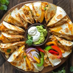 - 2 Tassen gekochtes, zerzupftes Hühnchen - 1 Esslöffel Chipotle-Sauce (oder mehr für zusätzliche Schärfe) - 1 Tasse geriebener Cheddar-Käse - 1 Tasse geriebener Mozzarella-Käse - 4 große Weizentortillas - 1 Paprika, in Scheiben geschnitten (jede Farbe nach Wahl) - 1 kleine rote Zwiebel, dünn geschnitten - 1 Esslöffel Olivenöl - Salz und Pfeffer nach Geschmack - Sauerrahm und Guacamole zum Servieren Frische Zutaten machen einen großen Unterschied. Wählen Sie Hühnchen, das knusprig und saftig ist. Achten Sie darauf, dass die Paprika knackig und leuchtend ist. Die Zwiebel sollte fest und ohne dunkle Flecken sein. Kaufen Sie Käse in Blöcken und reiben Sie ihn selbst. Das gibt mehr Geschmack und eine bessere Textur. Für eine glutenfreie Option nutzen Sie Mais-Tortillas. Veganer können das Hühnchen durch gebratene Pilze oder Tofu ersetzen. Verwenden Sie pflanzlichen Käse oder lassen Sie ihn ganz weg. Diese Alternativen machen Ihre Quesadillas trotzdem lecker. Zuerst nimmst du ein großes Stück gekochtes Hühnchen. Zerzupfe es mit zwei Gabeln in kleine Stücke. In einer Schüssel vermischst du das Hühnchen mit einem Esslöffel Chipotle-Sauce. Rühre gut um, bis das Hühnchen gleichmäßig mit der scharfen Sauce überzogen ist. Jetzt erhitzt du eine große Pfanne bei mittlerer Hitze. Gib einen Esslöffel Olivenöl hinein. Wenn das Öl heiß ist, füge die geschnittene Paprika und die rote Zwiebel hinzu. Dünste das Gemüse für 3 bis 4 Minuten, bis es leicht weich ist. Würze es mit Salz und Pfeffer. Nimm eine Tortilla und lege ein Viertel der Hühnchenmischung in die Mitte. Streue eine Mischung aus Cheddar- und Mozzarella-Käse darüber. Füge eine Portion des sautierten Gemüses hinzu. Falte die Tortilla in der Mitte, sodass sie wie ein Halbmond aussieht. Brate die Quesadilla in der heißen Pfanne für 2 bis 3 Minuten auf jeder Seite. Sie sollte goldbraun und knusprig sein. Der Käse muss geschmolzen sein. Wiederhole diesen Schritt mit den restlichen Tortillas und der Füllung. Lass die fertigen Quesadillas eine Minute abkühlen, bevor du sie in Stücke schneidest. Um die perfekte Quesadilla zu machen, achte auf die Tortillas. Sie sollten frisch sein. Dickere Tortillas halten die Füllung besser. Denke daran, das Hühnchen gut mit der Chipotle-Sauce zu vermengen. So schmeckt es jedem. Wenn du mehr Schärfe magst, füge einfach mehr Sauce hinzu. Erhitze das Olivenöl gut, bevor du das Gemüse hinzufügst. Das hilft, die Aromen besser zu entfalten. Brate das Gemüse nur kurz an, damit es knackig bleibt. Verteile die Füllung gleichmäßig auf der Tortilla. So bleibt alles gut zusammen. Falte die Tortilla vorsichtig in der Mitte. Drücke leicht darauf, um die Füllung zu fixieren. Achte beim Braten darauf, die Quesadilla nicht zu überfüllen. So wird sie goldbraun und knusprig. Eine schöne Präsentation macht alles besser. Schneide die Quesadilla in vier Stücke. Lege sie fächerförmig auf einen großen Teller. Stelle eine kleine Schüssel mit Sauerrahm und Guacamole in die Mitte. Das sieht toll aus und schmeckt gut. Garnieren kannst du mit frischem Koriander. Das gibt Farbe und einen frischen Geschmack. Achte darauf, die Quesadillas warm zu servieren. So sind sie am besten. Ein häufiger Fehler ist, die Tortillas zu lange in der Pfanne zu lassen. Achte darauf, dass sie nicht anbrennen. Eine andere Falle ist, zu viel Füllung zu verwenden. Dann wird es schwer, die Quesadilla zu wenden. Wenn das Gemüse zu weich ist, verliert es seinen Biss. Brate es nur kurz an, um die Frische zu bewahren. Überprüfe auch den Käse. Er sollte gut schmelzen, aber nicht zu viel Flüssigkeit abgeben. So bleibt die Quesadilla knusprig. {{image_4}} Wenn Sie eine vegetarische Quesadilla machen möchten, ersetzen Sie das Hühnchen. Verwenden Sie stattdessen schwarze Bohnen oder gebratene Champignons. Diese Zutaten sind lecker und nahrhaft. Fügen Sie etwas Chipotle-Sauce hinzu, um den Geschmack aufzupeppen. Eine Mischung aus Gemüse wie Zucchini, Spinat und Mais funktioniert auch gut. Für schärfere Quesadillas können Sie mehr Chipotle-Sauce verwenden. Auch Jalapeños sind eine gute Wahl. Schneiden Sie die Jalapeños in Scheiben und fügen Sie sie zur Füllung hinzu. Servieren Sie die Quesadillas mit Salsa oder scharfer Soße. Diese Soßen bringen zusätzlichen Geschmack. Wenn Sie es milder mögen, bieten Sie eine Avocado-Soße an. Experimentieren Sie mit verschiedenen Käsesorten für neue Geschmäcker. Gouda oder Pepper Jack Käse können interessante Akzente setzen. Auch die Tortillas können variieren. Vollkorn- oder Mais-Tortillas sind gesunde Alternativen. Fügen Sie frische Kräuter wie Koriander oder Basilikum hinzu für einen frischen Kick. Diese kleinen Änderungen machen die Quesadillas spannend und lecker. Wenn du Quesadillas übrig hast, kannst du sie einfach aufbewahren. Lass sie zuerst etwas abkühlen. Wickel sie dann in Frischhaltefolie oder lege sie in einen luftdichten Behälter. So bleiben sie frisch. Du kannst sie bis zu drei Tage im Kühlschrank lagern. Achte darauf, dass sie nicht an Feuchtigkeit verlieren. Das Einfrieren ist auch eine gute Idee. Lege die Quesadillas in einen gefrierfesten Beutel. Vergiss nicht, die Luft herauszudrücken. So bleiben sie bis zu zwei Monate frisch. Zum Auftauen, nimm sie einfach aus dem Gefrierfach und lasse sie über Nacht im Kühlschrank. Du kannst sie auch direkt in die Pfanne legen, aber sie brauchen dann länger zum Aufwärmen. Um die Quesadillas aufzuwärmen, benutze eine Pfanne. Erhitze sie bei mittlerer Hitze. So bleiben sie knusprig. Brate sie 2-3 Minuten auf jeder Seite. Wenn du einen Ofen verwenden möchtest, heize ihn auf 180 Grad vor. Lege die Quesadillas auf ein Backblech und backe sie für 10 Minuten. So schmecken sie fast wie frisch zubereitet. Es dauert nur 15 Minuten, um diese Quesadillas zuzubereiten. Die Vorbereitungszeit beträgt etwa 5 Minuten. Die Kochzeit ist schnell und macht Spaß. In nur 10 Minuten sind die Quesadillas knusprig und lecker. Ja, du kannst die Quesadilla auch im Ofen zubereiten. Vorheize den Ofen auf 200 Grad Celsius. Lege die gefüllten Quesadillas auf ein Backblech. Backe sie etwa 10 Minuten, bis sie goldbraun sind. So wird die Quesadilla gleichmäßig knusprig. Zu Chipotle-Hühnchen-Quesadillas passen viele Beilagen. Hier sind einige tolle Optionen: - Sauerrahm - Guacamole - Salsa - Frischer Koriander - Geschnittene Avocado Diese Beilagen bringen Farbe und Geschmack. Sie ergänzen die Quesadillas perfekt und machen dein Essen noch besser! In diesem Artikel haben wir die besten Zutaten für köstliche Quesadillas besprochen. Wir haben Tipps zur Auswahl frischer Zutaten gegeben und alternative Optionen für spezielle Diäten erkundet. Die Schritt-für-Schritt-Anleitung hilft dir, Hühnchen und Gemüse perfekt zuzubereiten. Ich habe dir Tricks für die perfekte Quesadilla präsentiert und Variationen für jeden Geschmack vorgestellt. Denke daran, übrig gebliebene Quesadillas richtig zu lagern. Nutze diese Tipps, um deine nächsten Quesadillas zu einem Hit zu machen!