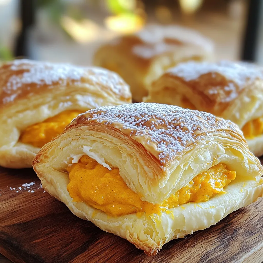 Hier sind die Zutaten, die Sie für Ihre Kürbis Cream Cheese Danish benötigen: - 1 Blatt Blätterteig (aufgetaut) - 115 g Frischkäse, weich - 120 g Kürbispüree - 50 g Zucker - 1 Teelöffel Vanilleextrakt - 1 Teelöffel Kürbiskuchengewürz - 1 Ei (für die Eimasse) - 1 Esslöffel Milch (für die Eimasse) - Puderzucker zum Bestäuben (optional) Wählen Sie frisches Kürbispüree. Es sollte kräftig und aromatisch sein. Wenn Sie Dosen verwenden, prüfen Sie die Zutatenliste. Achten Sie darauf, keinen zusätzlichen Zucker oder Konservierungsstoffe zu wählen. Der Frischkäse muss weich sein. Dies hilft, eine glatte Füllung zu machen. Vanilleextrakt bringt das Aroma zur Geltung. Verwenden Sie echten Vanilleextrakt, wenn möglich. Das Kürbiskuchengewürz gibt den typischen Geschmack. Für eine glutenfreie Option können Sie glutenfreien Blätterteig verwenden. Viele Marken bieten das an. Für Veganer kann Frischkäse durch pflanzlichen Frischkäse ersetzt werden. Zudem kann man das Ei durch ein Leinsamen-Ei ersetzen: Mischen Sie 1 Esslöffel gemahlene Leinsamen mit 2,5 Esslöffeln Wasser. Lassen Sie es kurz stehen, bis es dick wird. Für weniger Zucker können Sie Honig oder Ahornsirup verwenden. Diese Alternativen passen gut dazu. Zuerst heizen Sie den Ofen auf 200°C vor. Das ist wichtig für die perfekte Backtemperatur. Legen Sie ein Backblech mit Backpapier aus. So kleben die Danish nicht fest. Nehmen Sie das aufgetaute Blatt Blätterteig. Rollen Sie es auf einer leicht bemehlten Fläche aus. Es sollte etwa 3 mm dick sein. Schneiden Sie den Teig in vier gleich große Quadrate. Dies hilft, die Füllung gleichmäßig zu verteilen. In einer Schüssel vermischen Sie den weichen Frischkäse, das Kürbispüree, den Zucker, den Vanilleextrakt und das Kürbiskuchengewürz. Rühren Sie alles gut durch, bis die Masse glatt ist. Nehmen Sie einen großzügigen Löffel der Füllung und geben Sie ihn in die Mitte jedes Teigquadrats. Falten Sie dann die Ecken zur Mitte, um eine Tasche zu formen. Drücken Sie die Ränder gut zusammen, damit die Füllung nicht herausläuft. In einer kleinen Schüssel verquirlen Sie das Ei mit der Milch. Bestreichen Sie die Oberseite der Danish mit dieser Mischung. Das gibt eine schöne, glänzende Oberfläche. Backen Sie die Danish im vorgeheizten Ofen für 15 bis 20 Minuten. Sie sollten goldbraun und aufgegangen sein. Nehmen Sie sie heraus und lassen Sie sie kurz abkühlen. Bestäuben Sie sie mit Puderzucker, wenn Sie möchten. Um die beste Kürbis-Cremekäse-Danish zu machen, folgen Sie diesen Tipps: - Blätterteig richtig ausrollen: Rollen Sie den Teig gleichmäßig auf etwa 3 mm Dicke. So wird er schön knusprig. - Füllung gut vermischen: Mischen Sie Frischkäse, Kürbispüree, Zucker, Vanille und Gewürze gut. Eine glatte Masse schmeckt besser. - Ecken schön verschließen: Drücken Sie die Ränder gut zusammen. Das hält die Füllung sicher im Inneren. - Eimasse verwenden: Bestreichen Sie die Oberseite mit der Eimasse. Dies gibt eine goldene Farbe und Glanz. Hier sind einige häufige Fehler und Tipps, um sie zu vermeiden: - Teig zu dick ausrollen: Wenn der Blätterteig zu dick ist, wird er nicht knusprig. Achten Sie auf die Dicke. - Füllung überfüllen: Zu viel Füllung kann auslaufen. Ein großzügiger Löffel reicht aus. - Backzeit nicht beachten: Behalten Sie die Danish im Auge. Sie sollten goldbraun sein, nicht verbrannt. - Nicht abkühlen lassen: Lassen Sie die Danish etwas abkühlen, bevor Sie sie servieren. So genießen Sie den besten Geschmack. Hier sind einige Ideen, wie Sie Ihre Kürbis-Cremekäse-Danish servieren können: - Mit Puderzucker bestäuben: Ein Hauch Puderzucker macht sie süßer und hübscher. - Mit einer Tasse Kaffee: Diese Danish passen perfekt zu einer warmen Tasse Kaffee oder Tee. - Ein bisschen Sahne: Servieren Sie sie mit Schlagsahne für extra Genuss. - Frische Früchte: Eine Beilage von frischen Äpfeln oder Birnen ergänzt die Aromen gut. {{image_4}} Wenn du eine vegane Füllung probieren möchtest, gibt es tolle Optionen. Du kannst den Frischkäse durch veganen Frischkäse ersetzen. Statt des Eies nimmst du einfach eine Mischung aus Leinsamen und Wasser. Diese Mischung gibt den Danish eine schöne Bindung. Verwende auch Kokosmilch, um die Füllung cremig zu machen. Diese Schritte helfen dir, einen leckeren veganen Kürbis-Cream Cheese Danish zu kreieren. Für besondere Geschmackserlebnisse kannst du die Füllung anpassen. Füge Nüsse wie Walnüsse oder Pekannüsse für Crunch hinzu. Zimt kann eine warme Note bringen. Wenn du Schokolade magst, mische ein paar Schokoladenstückchen in die Füllung. Auch ein Hauch von Ahornsirup kann die Süße verstärken. Experimentiere mit verschiedenen Zutaten, um deinen perfekten Danish zu finden. Die Füllung muss nicht nur Kürbis sein. Im Frühling kannst du frische Beeren und Vanille verwenden. Im Sommer sind Zitrusfrüchte wie Orange oder Zitrone erfrischend. Im Herbst bleibt Kürbis eine tolle Wahl, aber du könntest auch Äpfel mit Zimt ausprobieren. Im Winter sind Füllungen mit Schokolade oder Karamell super. Jede Saison hat ihre eigenen Aromen, die du nutzen kannst. Um die Kürbis-Cremekäse-Danish frisch zu halten, bewahre sie in einem luftdichten Behälter auf. Du kannst sie auch in Frischhaltefolie wickeln. Lagere sie im Kühlschrank und genieße sie innerhalb von zwei bis drei Tagen. So bleibt der Blätterteig knusprig und die Füllung cremig. Wenn du mehr Danish gemacht hast, friere sie ein. Lass sie zuerst vollständig abkühlen. Lege sie dann in einen Gefrierbeutel oder einen luftdichten Behälter. Beschrifte den Beutel mit dem Datum. So weißt du, wie lange sie schon eingefroren sind. Du kannst sie bis zu drei Monate im Gefrierfach aufbewahren. Zum Auftauen lege sie einfach über Nacht in den Kühlschrank. Falls du Reste hast, bewahre sie gut verpackt im Kühlschrank auf. Du kannst sie auch leicht aufwärmen. Stelle den Ofen auf 180°C und backe sie für 5 bis 10 Minuten. So werden sie wieder warm und knusprig. Vermeide die Mikrowelle, da der Blätterteig weich werden könnte. Die Danish sind frisch am besten. Sie halten sich bei Raumtemperatur etwa 2 Tage. Wenn Sie sie im Kühlschrank lagern, bleiben sie 4-5 Tage gut. Achten Sie darauf, sie in einem luftdichten Behälter aufzubewahren. So bleibt ihre Frische erhalten. Sie können die Danish auch einfrieren. So haben Sie länger Freude an diesem leckeren Snack. Ja, Sie können Blätterteig selbst machen! Es braucht jedoch Zeit und Geduld. Die Grundzutaten sind Mehl, Wasser, Butter und etwas Salz. Sie müssen die Butter in den Teig einarbeiten, um die Schichten zu bilden. Dies kann einige Stunden in Anspruch nehmen. Für viele ist es einfacher, fertigen Blätterteig zu kaufen. Dieser spart Zeit und schmeckt dennoch lecker. Kürbispüree finden Sie in vielen Supermärkten. Schauen Sie in der Konservenabteilung nach. Oft gibt es auch frisches Kürbispüree in der Obst- und Gemüseabteilung. Wenn Sie im Herbst einkaufen, können Sie oft frische Kürbisse finden. Diese können Sie selbst kochen und pürieren. Das gibt Ihrer Danish einen besonderen Geschmack. In diesem Artikel habe ich die wichtigsten Punkte zu Kürbis-Cremekäse-Danish behandelt. Wir haben die Zutaten und ihre Auswahl besprochen. Zudem gab es Tipps zur Zubereitung und einige häufige Fehler, die man vermeiden sollte. Ich habe Variationen und Lagerungshinweise gegeben, die dir helfen. Ein perfektes Rezept macht das Kochen leichter und Spaß. Nutze die Tipps, um deine eigenen Kreationen zu schaffen. So wirst du in der Küche noch sicherer und kreativer!