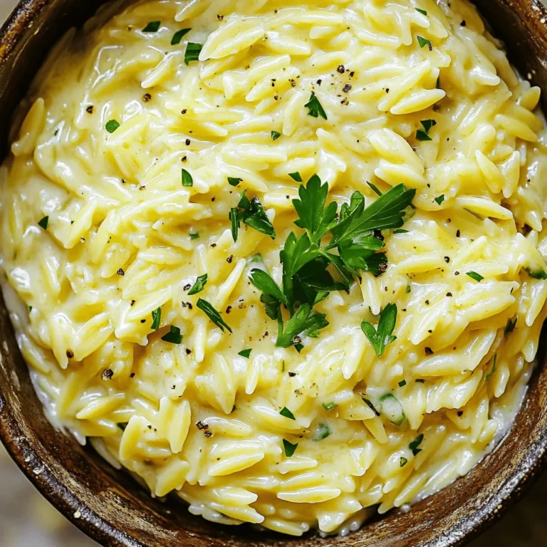 Für dieses leckere Rezept brauchst du: - 1 Tasse Orzo-Pasta - 3 Tassen Gemüsebrühe - 1 Esslöffel Olivenöl - 3 Zehen Knoblauch, fein gehackt - 1 kleine Schalotte, fein gewürfelt - 1 Tasse Schlagsahne - 1 Tasse frisch geriebener Parmesan-Käse - 1 Teelöffel italienische Gewürzmischung - Salz und Pfeffer nach Geschmack - Frische Petersilie, gehackt (zum Garnieren) - Wähle frischen Knoblauch für mehr Aroma. - Verwende hochwertige Brühe für den besten Geschmack. - Achte darauf, den Parmesan frisch zu reiben. Das macht die Sauce cremiger. - Petersilie bringt Farbe und Geschmack ins Gericht. - Statt Schlagsahne kannst du auch Mandelmilch oder Kokosmilch nehmen. - Nutze Gemüsebrühe für mehr Geschmack; Hühnerbrühe geht auch. - Wenn du keinen Parmesan hast, probiere Pecorino oder Grana Padano. - Schalotten kannst du durch Zwiebeln ersetzen, wenn nötig. Für dieses Rezept brauchst du nur eine Tasse Orzo-Pasta und drei Tassen Gemüsebrühe. Die Brühe wird die Basis für den Geschmack. Stelle sicher, dass der Knoblauch fein gehackt ist. Eine kleine Schalotte gibt dem Gericht zusätzliche Süße. Du benötigst auch Schlagsahne und frisch geriebenen Parmesan-Käse. Vergiss die italienische Gewürzmischung nicht. Salz und Pfeffer runden den Geschmack ab. Frische Petersilie ist perfekt zum Garnieren. Zuerst bringe die Gemüsebrühe in einem mittelgroßen Topf zum Köcheln. Füge die Orzo-Pasta hinzu und koche sie gemäß der Packungsanweisung, etwa acht bis zehn Minuten. Sie sollte al dente sein. Abgießen und beiseite stellen. In einer großen Pfanne erhitze das Olivenöl bei mittlerer Hitze. Gib den gehackten Knoblauch und die Schalotte hinzu. Brate sie für drei bis vier Minuten an, bis sie duftend und durchsichtig sind. Reduziere dann die Hitze und rühre die Schlagsahne ein. Die Schlagsahne sollte leicht warm werden, aber nicht kochen. Jetzt kommt der Parmesan-Käse. Füge ihn nach und nach hinzu und rühre, bis er schmilzt. Dadurch wird die Sauce schön cremig. Gib die gekochte Orzo-Pasta in die Pfanne und vermenge alles gut. Die Pasta sollte gleichmäßig mit der Sauce überzogen sein. Füge die italienische Gewürzmischung sowie Salz und Pfeffer nach Geschmack hinzu. Lass das Orzotto einige Minuten bei niedriger Hitze köcheln, damit sich die Aromen gut vermischen. Für die perfekte Konsistenz achte darauf, die Schlagsahne nicht zu lange zu erhitzen. Wenn sie zu heiß wird, kann sie gerinnen. Der Parmesan sollte frisch gerieben sein. So schmilzt er besser und macht die Sauce cremiger. Wenn das Orzotto zu dick wird, kannst du etwas mehr Gemüsebrühe hinzufügen. Rühre gut um, bis die gewünschte Konsistenz erreicht ist. Ein häufiger Fehler ist, die Orzo-Pasta zu lange zu kochen. Sie sollte al dente sein, also noch einen leichten Biss haben. Wenn sie zu weich ist, wird das Gericht matschig. Ein weiterer Fehler ist, die Schlagsahne zu schnell zu erhitzen. Sie sollte nur leicht warm sein, damit sie nicht gerinnt. Achte darauf, auch die Brühe nicht zu stark zu würzen, da der Parmesan bereits viel Geschmack bringt. Um das Orzotto noch besser zu machen, kannst du frische Kräuter hinzufügen. Basilikum oder Thymian passen gut zu den Aromen. Du kannst auch eine Prise Zitronensaft hinzufügen. Dies bringt Frische und hebt den Geschmack. Für mehr Textur kannst du geröstete Pinienkerne oder Walnüsse untermischen. Sie fügen einen tollen Crunch hinzu. Serviere das Orzotto warm in tiefen Tellern. Garniere es mit frischer Petersilie für Farbe und Geschmack. Du kannst auch extra Parmesan darüber streuen. Das sieht nicht nur gut aus, sondern schmeckt auch fantastisch. Verwende schöne Schalen, um das Gericht ansprechend zu präsentieren. So wird es zum Highlight jeder Mahlzeit. {{image_4}} Um dieses Rezept vegan zu machen, ersetze die Schlagsahne durch Kokosmilch oder Cashew-Sahne. Es gibt auch pflanzlichen Parmesan, den du verwenden kannst. Achte darauf, dass alle Zutaten vegan sind. So bleibt der Geschmack reichhaltig und cremig, ohne tierische Produkte. Du kannst das Rezept aufpeppen, indem du Gemüse hinzufügst. Zucchini, Spinat oder Erbsen passen gut. Koche das Gemüse zusammen mit der Pasta. Du kannst auch etwas Zitronensaft für Frische oder Chili-Flocken für Würze hinzufügen. Diese kleinen Änderungen machen das Gericht noch interessanter. Wenn du Gluten meiden musst, nutze glutenfreie Orzo-Pasta. Bei Nussallergien achte darauf, dass die Pflanzencreme nussfrei ist. Du kannst auch andere Käsesorten ausprobieren, wenn du keine Laktose verträgst. So bleibt das Gericht für alle genussvoll und sicher. Um übrig gebliebenen Orzo richtig zu lagern, lassen Sie ihn zuerst abkühlen. Geben Sie ihn dann in einen luftdichten Behälter. Dies schützt ihn vor Feuchtigkeit und Gerüchen. Bewahren Sie den Behälter im Kühlschrank auf. So bleibt der Orzo frisch. Er kann bis zu drei Tage aufbewahrt werden. Wenn Sie den Orzo wieder aufwärmen, nutzen Sie eine Pfanne oder die Mikrowelle. Fügen Sie einen Esslöffel Wasser oder Brühe hinzu. Das hilft, die cremige Textur wiederherzustellen. Rühren Sie den Orzo gut um, damit er gleichmäßig erwärmt wird. Servieren Sie ihn heiß mit frischer Petersilie. So bleibt das Gericht ansprechend und lecker. Wenn Sie den Orzo länger aufbewahren möchten, können Sie ihn einfrieren. Teilen Sie den abgekühlten Orzo in Portionen auf. Nutzen Sie gefriergeeignete Beutel oder Behälter. So bleibt der Orzo bis zu drei Monate haltbar. Zum Auftauen legen Sie ihn einfach über Nacht in den Kühlschrank. Erwärmen Sie ihn dann wie oben beschrieben. Orzo ist eine kleine, reisähnliche Pasta. Sie hat eine Form, die an Reis erinnert. Orzo wird aus Hartweizengrieß gemacht und hat einen milden Geschmack. Man kann Orzo in verschiedenen Gerichten verwenden. Sie passt gut zu Salaten, Suppen und Aufläufen. In diesem Rezept machen wir ein cremiges Gericht mit Orzo. Ja, du kannst das Rezept leicht anpassen. Du kannst verschiedene Brühen verwenden, um den Geschmack zu ändern. Gemüsebrühe ist eine gute Wahl. Wenn du mehr Gemüse magst, füge Erbsen oder Spinat hinzu. Für eine proteinreiche Variante kannst du Hühnchen oder Garnelen hinzufügen. Auch die Käseauswahl kannst du ändern. Probiere Feta oder Mozzarella für verschiedene Geschmäcker. Um das Gericht würziger zu machen, füge mehr Gewürze hinzu. Du kannst Chili-Flocken für etwas Schärfe verwenden. Auch frische Kräuter wie Basilikum oder Thymian geben mehr Aroma. Wenn du es noch würziger magst, probiere geräucherten Paprika oder eine Prise Muskatnuss. Teste die Mischung nach jedem Hinzufügen und finde deinen perfekten Geschmack. Dieser Artikel hat dir geholfen, alles über Orzotto zu lernen. Du hast die wichtigsten Zutaten entdeckt und nützliche Tipps erhalten. Die Schritt-für-Schritt-Anleitung erleichtert das Kochen. Unsere Tipps und Tricks zeigen, wie du häufige Fehler vermeidest. Mit den Variationen kannst du das Gericht anpassen. Schließlich hast du auch erfahren, wie du Orzotto richtig lagerst. Nutze dieses Wissen, um dein Orzotto perfekt zuzubereiten und zu genießen.