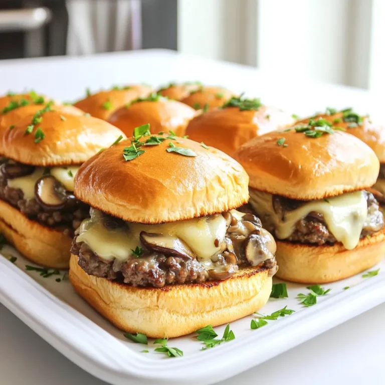 Für diese leckeren Slider brauchst du: - 450 g Rinderhackfleisch (oder pflanzenbasiertes Hackfleisch) - 230 g Cremini-Pilze, fein gehackt - 1 kleine Zwiebel, fein gehackt - 2 Knoblauchzehen, gehackt - 1 Esslöffel Worcestersoße - 1 Teelöffel getrockneter Thymian - Salz und Pfeffer nach Geschmack - 115 g Emmentaler Käse, in Scheiben - 12 Slider-Brötchen - 2 Esslöffel Butter, geschmolzen - Frische Petersilie, gehackt (zur Garnitur, optional) Diese Zutaten sind einfach zu finden und machen die Slider köstlich. Die Würze deiner Slider kommt von der Worcestersoße und dem Thymian. Diese geben den Burgern ein tolles Aroma. Salz und Pfeffer sind wichtig, um den Geschmack zu heben. Du kannst auch andere Kräuter ausprobieren, wenn du magst. Zu den Slider passen viele Beilagen gut. Süßkartoffelpommes sind eine tolle Wahl. Sie sind knusprig und süß. Ein frischer Salat bringt eine schöne Frische auf den Tisch. Du kannst die Slider auch mit gehackter Petersilie garnieren. Das sieht schön aus und schmeckt gut. Zuerst sammeln wir alle Zutaten. Das macht die Zubereitung einfacher. Du brauchst: - 450 g Rinderhackfleisch (oder pflanzenbasiertes Hackfleisch) - 230 g Cremini-Pilze, fein gehackt - 1 kleine Zwiebel, fein gehackt - 2 Knoblauchzehen, gehackt - 1 Esslöffel Worcestersoße - 1 Teelöffel getrockneter Thymian - Salz und Pfeffer nach Geschmack - 115 g Emmentaler Käse, in Scheiben - 12 Slider-Brötchen - 2 Esslöffel Butter, geschmolzen - Frische Petersilie, gehackt (optional) Stelle sicher, dass alles bereit ist. So kannst du schnell arbeiten. Erhitze einen Schuss Olivenöl in einer großen Pfanne bei mittlerer Hitze. Füge die Zwiebeln und den Knoblauch hinzu. Brate sie für etwa 3-4 Minuten, bis sie weich sind. Jetzt kommen die gehackten Pilze dazu. Koche sie für 5-7 Minuten. Sie sollen weich und zart werden. Füge das Rinderhackfleisch hinzu. Brate es gut durch. Zerkleinere es mit einem Löffel, bis es gleichmäßig gebräunt ist. Jetzt ist es Zeit für die Würze. Gib die Worcestersoße, den Thymian, Salz und Pfeffer hinzu. Rühre alles gut um und lasse es 2-3 Minuten köcheln. Das hilft den Aromen, sich zu verbinden. Heize den Ofen auf 175 °C vor. Schneide die Slider-Brötchen in der Mitte durch. Lege die unteren Hälften auf ein Backblech. Verteile die Pilz- und Fleischmischung auf jedem Brötchen. Lege eine Scheibe Emmentaler Käse darauf. Setze die oberen Hälften der Brötchen auf den Käse. Bestreiche sie mit der geschmolzenen Butter. Das gibt ihnen eine schöne Farbe beim Backen. Backe die Slider für 10-12 Minuten, bis die Brötchen goldbraun sind und der Käse schmilzt. Nimm sie aus dem Ofen. Garniere sie nach Belieben mit gehackter Petersilie. Jetzt sind deine herzhaften Pilz- und Käse-Slider bereit zum Genießen! Um die perfekten Slider zu machen, nutze frische Zutaten. Frische Pilze bringen mehr Geschmack. Achte darauf, die Zwiebeln und den Knoblauch gut zu braten. Das bringt eine tolle Basis für den Geschmack. Mische die Worcestersoße gut unter das Fleisch. Sie gibt Umami und Tiefe. Ein häufiger Fehler ist, die Mischung nicht genug zu würzen. Salz und Pfeffer sind wichtig für den Geschmack. Achte darauf, die Pilze vollständig zu kochen, bevor du das Fleisch hinzufügst. So bleiben sie zart. Verwende auch die richtige Hitze beim Braten. Zu hohe Hitze kann die Mischung austrocknen. Für eine ansprechende Präsentation, serviere die Slider auf einem schönen Holzbrett. Nutze kleine Spieße, um sie zu fixieren. So können deine Gäste sie einfach nehmen. Ergänze das Gericht mit Süßkartoffelpommes oder einem frischen Salat. Das sieht toll aus und schmeckt lecker! {{image_4}} Wenn Sie eine vegetarische oder vegane Option möchten, nutzen Sie pflanzenbasiertes Hackfleisch. Es gibt viele Marken, die echten Fleischgeschmack bieten. Verwenden Sie auch mehr Pilze, wie Shiitake oder Portobello, um den Umami-Geschmack zu verstärken. Ersetzen Sie den Emmentaler Käse durch einen veganen Käse oder Hefeflocken. Diese geben einen köstlichen, käsigen Geschmack. Experimentieren Sie mit verschiedenen Käsesorten für Ihre Slider. Cheddar gibt einen scharfen Geschmack. Gouda hat eine süßliche Note. Für einen würzigen Kick probieren Sie Blauschimmelkäse. Jede Käsesorte bringt einen neuen Geschmack und macht Ihre Slider noch interessanter. Denken Sie daran, dass der Käse gut schmelzen sollte. Fügen Sie zusätzliche Füllungen für mehr Geschmack hinzu. Gebratene Paprika oder Zucchini passen gut. Auch Avocado oder Spinat sind tolle Optionen. Für einen frischen Kick können Sie Rucola oder frische Kräuter verwenden. Diese Füllungen machen die Slider nicht nur leckerer, sondern auch bunter. Um deine Slider frisch zu halten, lege sie in einen luftdichten Behälter. Du kannst sie auch in Frischhaltefolie einwickeln. So bleiben sie bis zu drei Tage im Kühlschrank gut. Wenn du die Slider länger aufbewahren möchtest, friere sie ein. Achte darauf, sie in Portionen zu verpacken. So kannst du später einfach eine Portion auftauen. Um die Slider wieder warm zu machen, benutze den Ofen oder die Mikrowelle. Im Ofen erhitzt du sie bei 175 °C für etwa 10 Minuten. So werden die Brötchen schön knusprig. In der Mikrowelle dauert es nur 1-2 Minuten, aber die Brötchen werden weich. Wenn du die Slider im Ofen erwärmst, decke sie mit Aluminiumfolie ab, damit sie nicht austrocknen. Die Slider halten im Kühlschrank etwa drei Tage. Im Gefrierschrank sind sie bis zu drei Monate haltbar. Wenn du sie einfrierst, lasse sie zuerst abkühlen. Lege die Slider dann in einen gefrierfesten Behälter. So bleiben die Aromen frisch. Zum Auftauen stellst du sie einfach über Nacht in den Kühlschrank oder bei Raumtemperatur für einige Stunden. Die Zubereitung der Slider dauert etwa 30 Minuten. Du brauchst 15 Minuten für die Vorbereitung und 15 Minuten zum Kochen. Das macht die Slider schnell und einfach. Ja, du kannst die Slider im Voraus zubereiten. Mache die Pilz- und Fleischmischung einen Tag vorher. Bewahre sie im Kühlschrank auf. Am Tag des Servierens einfach die Mischung in die Brötchen füllen und backen. Zu den Slider passen viele Beilagen. Hier sind einige Ideen: - Süßkartoffelpommes - Frischer Salat - Knusprige Chips - Gemüsesticks mit Dip - Eine herzhafte Suppe Die Vorbereitung von köstlichen Slidern ist einfach und macht Spaß. Wir haben die wichtigsten Zutaten, die Zubereitung und nützliche Tipps durchgesprochen. Denke daran, dass die richtige Lagerung die Frische erhält. Sei kreativ mit Variationen und passe die Slider an deinen Geschmack an. Experimente mit verschiedenen Aromen und Füllstoffen fördern das Kochen. Mit diesen Ideen und Schritten zauberst du tolle Slider, die allen schmecken werden. Plane dein nächstes Essen. Du wirst begeistert sein!