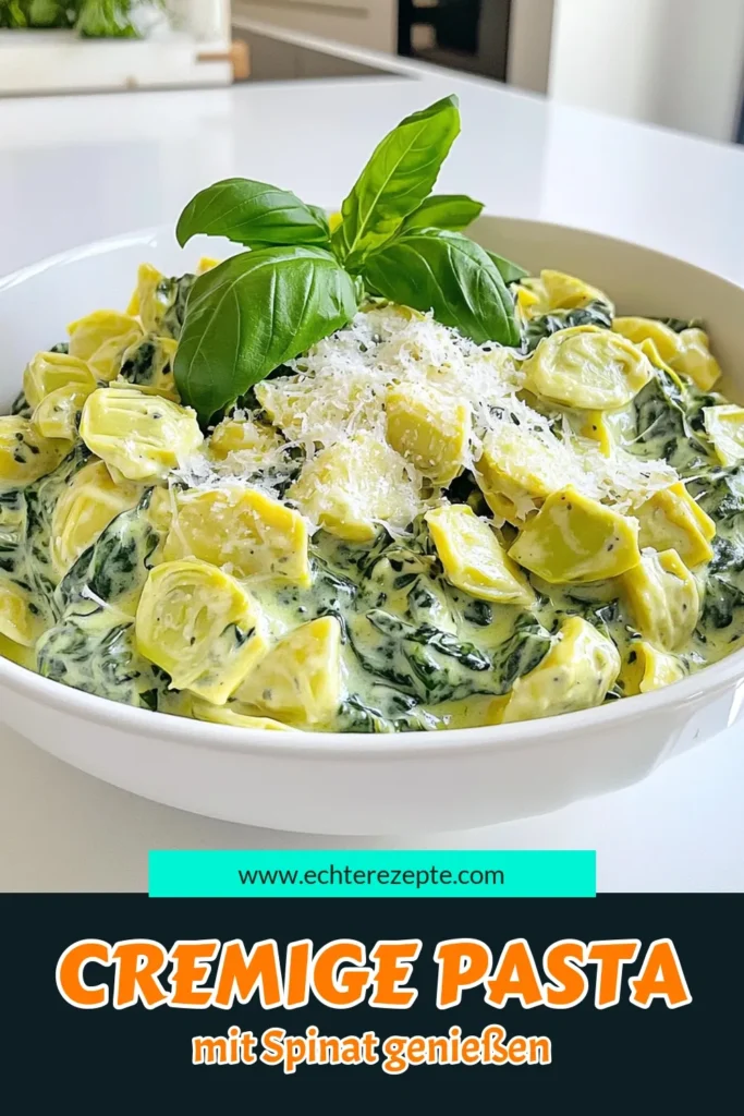 Entdecke dein neues Lieblingsgericht mit dieser cremigen Spinat-Artischocken-Pasta! Diese leckere und einfache Pasta ist perfekt für ein schnelles Abendessen und überzeugt mit frischem Spinat, zarten Artischocken und einer köstlichen, cremigen Soße. Perfekt für jeden Anlass! Klicke hier, um das vollständige Rezept zu entdecken und genieße ein genussvolles Essen. #PastaRezepte #SpinatArtischockenPasta #Kochliebe #Leckereinliebe