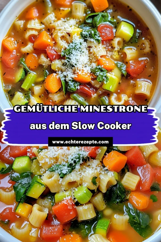 Genießen Sie eine herzliche Slow Cooker Gemüse-Minestrone, die perfekt für jede Jahreszeit ist! Diese einfache und gesunde Suppe kombiniert frisches Gemüse, köstliche Gewürze und zarte Pasta, alles in nur einem Topf. Ideal für Familienessen oder Meal Prep, lässt sie sich bequem im Slow Cooker zubereiten. Klicken Sie jetzt und entdecken Sie das vollständige Rezept! #GemüseMinestrone #SlowCookerRezepte #GesundeErnährung #VegetarischeRezepte