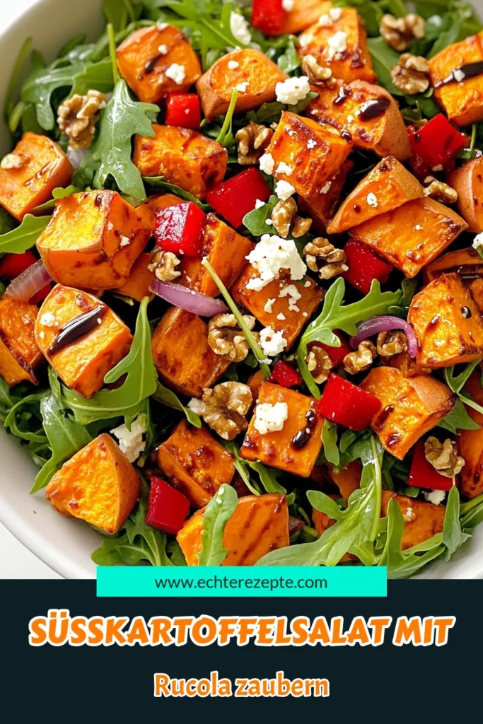 Genießen Sie einen köstlichen gerösteten Süßkartoffelsalat mit Rucola, der einfach zuzubereiten ist! Dieser Salat kombiniert die Süße der gerösteten Süßkartoffeln mit dem würzigen Rucola und knackigem Gemüse, perfekt für jede Mahlzeit. Entdecken Sie, wie Sie mit frischen Zutaten, Feta-Käse und Walnüssen einen gesunden und schmackhaften Salat kreieren. Klicken Sie hier für das vollständige Rezept! #Süßkartoffelsalat #GesundeRezepte #Vegetarisch #Salatliebe