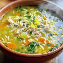 Für diese leckere Suppe benötigst du folgende Hauptzutaten: - 1 Esslöffel Olivenöl - 1 mittelgroße Zwiebel, gewürfelt - 2 Karotten, gewürfelt - 2 Selleriestangen, gewürfelt - 3 Knoblauchzehen, fein gehackt - 6 Tassen natriumarme Hühnerbrühe - 2 Tassen gegartes Hühnchen, zerkleinert - 1 Tasse Orzo-Nudeln Diese Zutaten bilden die Basis für eine köstliche und nahrhafte Suppe. Das zerkleinerte Hühnchen kannst du ganz einfach von einem Rotisserie-Hühnchen nehmen. So sparst du Zeit und erhältst viel Geschmack. Um die Suppe geschmackvoll zu machen, füge diese Gewürze hinzu: - Abgeriebene Schale und Saft von 1 großen Zitrone - 1 Teelöffel getrockneter Thymian - 1 Teelöffel getrockneter Oregano - Salz und Pfeffer nach Geschmack Die Zitrone bringt Frische und einen tollen Kick. Die Kräuter geben der Suppe Tiefe und Aroma. Achte darauf, die Gewürze gut zu dosieren, um den perfekten Geschmack zu erzielen. Zum Schluss kommen noch einige frische Zutaten dazu: - 2 Tassen frischer Spinat - Frische Petersilie, gehackt, zum Garnieren Der frische Spinat macht die Suppe bunt und gesund. Die Petersilie als Garnierung sorgt für einen schönen Farbkontrast und zusätzlichen Geschmack. Diese frischen Zutaten heben die Suppe auf die nächste Stufe. Zuerst bereite alle Zutaten vor. Das macht das Kochen einfacher und schneller. Würfle die Zwiebel, Karotten und Sellerie. Hacke dann den Knoblauch fein. Zerkleinere das Hühnchen, falls es noch nicht zubereitet ist. Achte darauf, die Zitrone gut zu waschen. Du brauchst die Schale und den Saft. Erhitze einen großen Topf bei mittlerer Hitze. Gib 1 Esslöffel Olivenöl in den Topf. Füge die gewürfelte Zwiebel, Karotten und Sellerie hinzu. Brate das Gemüse für etwa 5 Minuten an, bis es weich ist. Danach kommt der Knoblauch dazu. Brate ihn für 1 weitere Minute an. Er muss duften. Gieße jetzt die Hühnerbrühe hinein und bringe die Mischung zum Kochen. Sobald die Brühe kocht, füge das zerkleinerte Hühnchen und die Orzo-Nudeln hinzu. Streue den getrockneten Thymian und Oregano darauf. Würze mit Salz und Pfeffer. Reduziere die Hitze und lass die Suppe 10 bis 12 Minuten köcheln. Die Orzo-Nudeln sollten zart sein. Rühre dann die Zitronenschale und den Zitronensaft ein. Füge den frischen Spinat hinzu und koche für 2 bis 3 Minuten. Der Spinat soll welken. Probier die Suppe und passe die Würze nach deinem Geschmack an. Wählen Sie frisches oder zartes Hühnchen für die beste Suppe. Rotisserie-Hühnchen ist auch eine gute Wahl. Es spart Zeit und bringt tollen Geschmack. Zerkleinern Sie das Hühnchen in kleine Stücke. So verteilt sich der Geschmack gleichmäßig in der Suppe. Fügen Sie mehr Gemüse hinzu, um die Suppe zu bereichern. Paprika, Zucchini oder Erbsen passen gut. Für einen würzigeren Kick können Sie rote Pfefferflocken verwenden. Auch frische Kräuter wie Basilikum oder Dill bringen neuen Geschmack. Experimentieren Sie mit Ihren Lieblingszutaten für eine persönliche Note. Um die Suppe cremiger zu machen, fügen Sie einen Schuss Sahne oder griechischen Joghurt hinzu. Diese Zutaten sorgen für eine reichhaltige Textur. Eine weitere gute Option ist, etwas geriebenen Käse wie Parmesan zu verwenden. Diese Tipps helfen, die Suppe noch köstlicher zu machen. {{image_4}} Möchten Sie eine vegetarische Version der Zitronen-Hühnchen Orzo-Suppe? Das ist einfach! Ersetzen Sie das Hühnchen durch Kichererbsen oder Tofu. Diese Zutaten bieten eine gute Proteinquelle. Sie können auch Gemüsebrühe anstelle von Hühnerbrühe verwenden. So bleibt der Geschmack frisch und lecker. Um die Suppe noch nahrhafter zu machen, fügen Sie mehr Gemüse hinzu. Brokkoli, Zucchini oder Erbsen passen gut. Diese Gemüsesorten bringen Farbe und Textur in die Suppe. Achten Sie darauf, das Gemüse so zu schneiden, dass es gleichmäßig gart. Geben Sie das Gemüse in den Topf, wenn die Brühe kocht. So bleibt alles knackig. Wenn Sie keine Orzo-Nudeln haben oder eine Alternative suchen, gibt es viele Optionen. Reis oder kleine Pasta wie Farfalle sind gute Ersatzstoffe. Sie können sogar Quinoa verwenden, um die Suppe gesünder zu machen. Achten Sie darauf, die Garzeit anzupassen, wenn Sie die Nudeln ändern. So wird die Suppe immer perfekt! Um die Zitronen-Hühnchen Orzo-Suppe gut zu lagern, lassen Sie sie zuerst abkühlen. Gießen Sie die Suppe dann in einen luftdichten Behälter. Sie können die Suppe bis zu drei Tage im Kühlschrank aufbewahren. Wenn Sie die Suppe länger aufbewahren möchten, frieren Sie sie ein. Verwenden Sie dafür einen gefriersicheren Behälter oder einen Gefrierbeutel. Achten Sie darauf, etwas Platz zu lassen, da die Suppe beim Gefrieren expandiert. Wenn Sie die Suppe aufwärmen, machen Sie das am besten auf dem Herd. Geben Sie die Suppe in einen Topf und fügen Sie etwas Wasser oder Brühe hinzu. Dies hilft, die Textur zu verbessern. Erhitzen Sie die Suppe langsam bei mittlerer Hitze. Rühren Sie oft um, damit nichts anbrennt. Wenn Sie die Mikrowelle verwenden, stellen Sie die Suppe in eine mikrowellengeeignete Schüssel. Decken Sie die Schüssel ab und erwärmen Sie sie in kurzen Intervallen. Halten Sie sich an die Haltbarkeit der Suppe. Im Kühlschrank bleibt sie drei Tage frisch. Im Gefrierfach kann sie bis zu drei Monate haltbar sein. Achten Sie auf Veränderungen im Geruch oder in der Farbe der Suppe. Wenn Sie Zweifel haben, werfen Sie sie lieber weg. Sicherheit geht vor! Ja, Sie können die Suppe im Voraus zubereiten. Sie schmeckt sogar besser, wenn sie etwas zieht. Lassen Sie die Suppe abkühlen, bevor Sie sie in den Kühlschrank stellen. Sie hält sich bis zu drei Tage. Wenn Sie sie aufwärmen, fügen Sie etwas Brühe hinzu. So bleibt die Konsistenz gut. Viele Beilagen passen gut zu dieser Suppe. Hier sind einige Vorschläge: - Frisches Brot oder Brötchen - Ein einfacher grüner Salat - Knoblauchbrot für extra Geschmack - Gegrilltes Gemüse für mehr Biss Diese Beilagen ergänzen die Aromen der Suppe perfekt. Sie sorgen für ein ausgewogenes Essen. Ja, Sie können die Orzo-Nudeln weglassen. Die Suppe bleibt trotzdem lecker. Sie können stattdessen Reis oder Quinoa verwenden. Diese Optionen fügen eine andere Textur hinzu. Wenn Sie eine kohlenhydratarme Diät machen, versuchen Sie einfach, mehr Gemüse zu verwenden. In diesem Blogbeitrag haben wir uns mit der Zitronen-Hühnchen Orzo-Suppe beschäftigt. Wir haben die wichtigsten Zutaten, die Schritt-für-Schritt-Anleitung und nützliche Tipps besprochen. Auch Variationen für spezielle Diäten und Aufbewahrungshinweise wurden behandelt. Denke daran, dass diese Suppe nicht nur lecker, sondern auch anpassbar ist. Experimentiere mit Zutaten und finde deinen eigenen perfekten Geschmack. Mit den richtigen Tipps kannst du eine köstliche Suppe zaubern, die jedem gefällt.