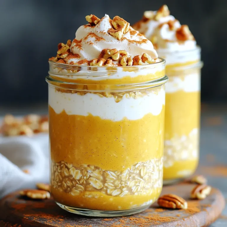 - 1 Tasse Haferflocken (gerollt) - 1 Dose (425 g) Kürbispüree - 1 Tasse Mandelmilch (oder pflanzliche Milch nach Wahl) Die Hauptzutaten sind einfach zu finden. Haferflocken geben einen guten Biss. Kürbispüree bringt den wunderbaren Geschmack des Herbstes. Mandelmilch sorgt für eine cremige Textur. Diese Zutaten bilden die Basis für dein Frühstück. - 1/2 Tasse griechischer Joghurt (natur oder Vanille) - 2 Esslöffel Ahornsirup (nach Geschmack anpassen) - 1 Teelöffel Vanilleextrakt Griechischer Joghurt fügt eine schöne Cremigkeit hinzu. Er macht die Mischung auch proteinreich. Ahornsirup bringt Süße. Du kannst die Menge nach deinem Geschmack ändern. Vanilleextrakt gibt einen tollen Duft und Geschmack, der alles abrundet. - 1 Teelöffel Kürbiskuchengewürz - 1/4 Teelöffel Salz - Optionale Toppings: gehackte Pekannüsse, ein Klecks Schlagsahne (kokosbasierte für milchfrei), eine Prise Zimt Kürbiskuchengewürz sorgt für den typischen Geschmack. Es enthält Zimt, Muskat und Ingwer, die gut harmonieren. Salz hebt die Aromen hervor. Toppings wie Pekannüsse geben einen schönen Crunch. Ein Klecks Schlagsahne macht es extra lecker. Diese Zutaten machen dein Frühstück besonders. - Zusammenstellung der Zutaten: Du brauchst diese Zutaten: - 1 Tasse Haferflocken (gerollt) - 1 Dose (425 g) Kürbispüree - 1 Tasse Mandelmilch - 1/2 Tasse griechischer Joghurt - 2 Esslöffel Ahornsirup - 1 Teelöffel Vanilleextrakt - 1 Teelöffel Kürbiskuchengewürz - 1/4 Teelöffel Salz - Optionale Toppings: gehackte Pekannüsse, Schlagsahne, Zimt - Vorbereitung der Schüsseln: Wähle zwei Gläser oder Behälter mit Deckeln. Diese sollten sauber und trocken sein. - Vermengen der trockenen und feuchten Zutaten: In einer großen Schüssel vermenge die Haferflocken, das Kürbispüree, die Mandelmilch, den Joghurt, den Ahornsirup, den Vanilleextrakt, das Kürbiskuchengewürz und das Salz. - Sicherstellen der gleichmäßigen Verteilung: Rühre alles gut um, bis du eine glatte Mischung hast. Achte darauf, dass die Haferflocken gleichmäßig mit der Flüssigkeit bedeckt sind. - Aufteilen der Mischung in Behälter: Teile die Mischung gleichmäßig auf die zwei Gläser auf. Drücke die Mischung leicht an, um Luftblasen zu entfernen. - Hinweise zur Kühlung über Nacht: Verschließe die Gläser gut und stelle sie in den Kühlschrank. Lass sie über Nacht stehen oder mindestens vier Stunden, damit die Haferflocken die Flüssigkeit aufnehmen. Am Morgen kannst du die Haferflocken gut umrühren. Wenn du eine cremigere Konsistenz möchtest, füge einen Spritzer Mandelmilch hinzu. Um die beste Konsistenz für deine Kürbiskuchen Overnight Oats zu erreichen, musst du die Flüssigkeitsmenge anpassen. Wenn die Mischung zu dick ist, füge mehr Mandelmilch hinzu. Das macht die Oats cremiger. Du kannst auch mehr griechischen Joghurt hinzufügen, um einen volleren Geschmack zu bekommen. Meal Prep macht das Frühstück einfach. Bereite mehrere Portionen vor, damit du sie für die Woche hast. Teile die Mischung in Gläser auf, die gut verschlossen werden können. Bewahre sie im Kühlschrank auf, damit sie frisch bleiben. So hast du jeden Morgen ein schnelles und leckeres Frühstück. Ein häufiger Fehler ist, zu viel Flüssigkeit zu verwenden. Das kann dazu führen, dass deine Oats matschig werden. Mische die Zutaten gründlich, damit alles gut verteilt ist. Wenn du nicht richtig mischst, schmeckst du bestimmte Zutaten nicht. Achte darauf, dass alles gleichmäßig vermengt ist, um den besten Geschmack zu erzielen. {{image_4}} Die Kürbiskuchen Overnight Oats bieten viele gesunde Optionen. Du kannst Haferflocken für Kinder verwenden. Diese sind nahrhaft und voller Ballaststoffe. Sie fördern die Verdauung und halten lange satt. Außerdem kann man ungesüßten Joghurt nutzen. Dieser Joghurt hat weniger Zucker und ist reich an Proteinen. So bleibt das Frühstück gesund und lecker. Du kannst den Geschmack deiner Overnight Oats leicht anpassen. Eine gute Idee ist, Chiasamen hinzuzufügen. Diese kleinen Samen sind voller Nährstoffe und sorgen für eine tolle Textur. Du kannst auch die Toppings variieren. Schokoladenstückchen machen die Haferflocken süßer. Frisches Obst bringt Frische und Farbe. Beeren oder Bananen sind gute Optionen. Wenn du eine vegane Variante möchtest, ist das ganz einfach. Nutze pflanzliche Milch wie Mandelmilch oder Hafermilch. Diese Alternativen sind lecker und gesund. Statt griechischem Joghurt kannst du pflanzlichen Joghurt verwenden. So verzichtest du auf tierische Produkte. Diese Anpassungen machen das Rezept für alle geeignet. Wie lange halten sich die Overnight Oats im Kühlschrank? Die Overnight Oats bleiben bis zu fünf Tage frisch im Kühlschrank. Dies ist ideal für Meal Prep. Ich empfehle, sie in luftdichten Behältern zu lagern. So bleiben sie länger lecker und frisch. Tipps zur Vermeidung von Matsche Um Matsche zu vermeiden, achte auf das richtige Mischverhältnis. Verwende die angegebene Menge Mandelmilch und Joghurt. Wenn du mehr Flüssigkeit hinzufügst, werden sie matschig. Ein Spritzer mehr Milch am Morgen hilft, die Konsistenz zu verbessern. Richtige Vorbereitung für das Einfrieren Für das Einfrieren teile die Oats in Portionen. Verwende gefrierfeste Behälter. Lass etwas Platz, da sich die Mischung beim Gefrieren ausdehnt. So bleibt alles schön fest. Wie man gefrorene Overnight Oats auftaut Um gefrorene Overnight Oats aufzutauen, lege sie einfach in den Kühlschrank. Lass sie dort über Nacht auftauen. Alternativ kannst du sie in der Mikrowelle auftauen. Achte darauf, sie dabei häufig umzurühren. Ideen für das warme Servieren Du kannst die Overnight Oats auch warm genießen. Erwärme sie einfach in der Mikrowelle oder auf dem Herd. Füge etwas mehr Mandelmilch hinzu, um sie cremiger zu machen. Kombinationen mit anderen Frühstücksoptionen Die Oats passen gut zu frischem Obst oder Nüssen. Probiere sie mit Bananen oder Beeren. Diese Kombinationen machen das Frühstück noch nahrhafter und leckerer. Um Overnight Oats cremiger zu machen, können Sie die Flüssigkeit anpassen. Fügen Sie mehr Mandelmilch oder griechischen Joghurt hinzu. Diese Zutaten machen die Mischung reichhaltiger. Auch die Art der Haferflocken spielt eine Rolle. Verwenden Sie zarte Haferflocken, sie werden schneller weich. Wenn Sie die Oats nach dem Kühlen umrühren, können Sie auch die Konsistenz anpassen. Ein Spritzer mehr Mandelmilch kann helfen, wenn sie zu fest ist. Ja, Sie können andere Milchsorten verwenden. Jede Milch hat ihren eigenen Geschmack. Soja-, Hafer- oder Kokosmilch sind gute Alternativen. Sojamilch hat einen neutralen Geschmack und viel Protein. Hafermilch ist süß und cremig. Kokosmilch gibt einen tropischen Flair. Experimentieren Sie mit verschiedenen Sorten, um Ihre Lieblingskombination zu finden. Die Overnight Oats sind im Kühlschrank etwa 3 bis 5 Tage haltbar. Lagern Sie sie in einem luftdichten Behälter. Achten Sie darauf, die Haferflocken gut zu mischen, bevor Sie sie essen. Wenn Sie sie einfrieren möchten, sind sie bis zu 3 Monate haltbar. Achten Sie darauf, die Portionen gut abzudecken. Zum Auftauen einfach über Nacht im Kühlschrank lassen oder kurz in der Mikrowelle erhitzen. Overnight Oats sind einfach, vielseitig und gesund. Wir haben die wichtigsten Zutaten wie Haferflocken, Kürbispüree und Mandelmilch besprochen. Ich habe dir auch gezeigt, wie du sie zubereitest und Tipps gegeben, um sie perfekt zu machen. Variationen mit gesunden und veganen Optionen erweitern dein Frühstück. Halte deine Oats frisch und lecker mit den richtigen Lagermethoden. Nutze die FAQs, um häufige Fragen zu beantworten. Probiere diese Mischung aus, und du wirst begeistert sein!