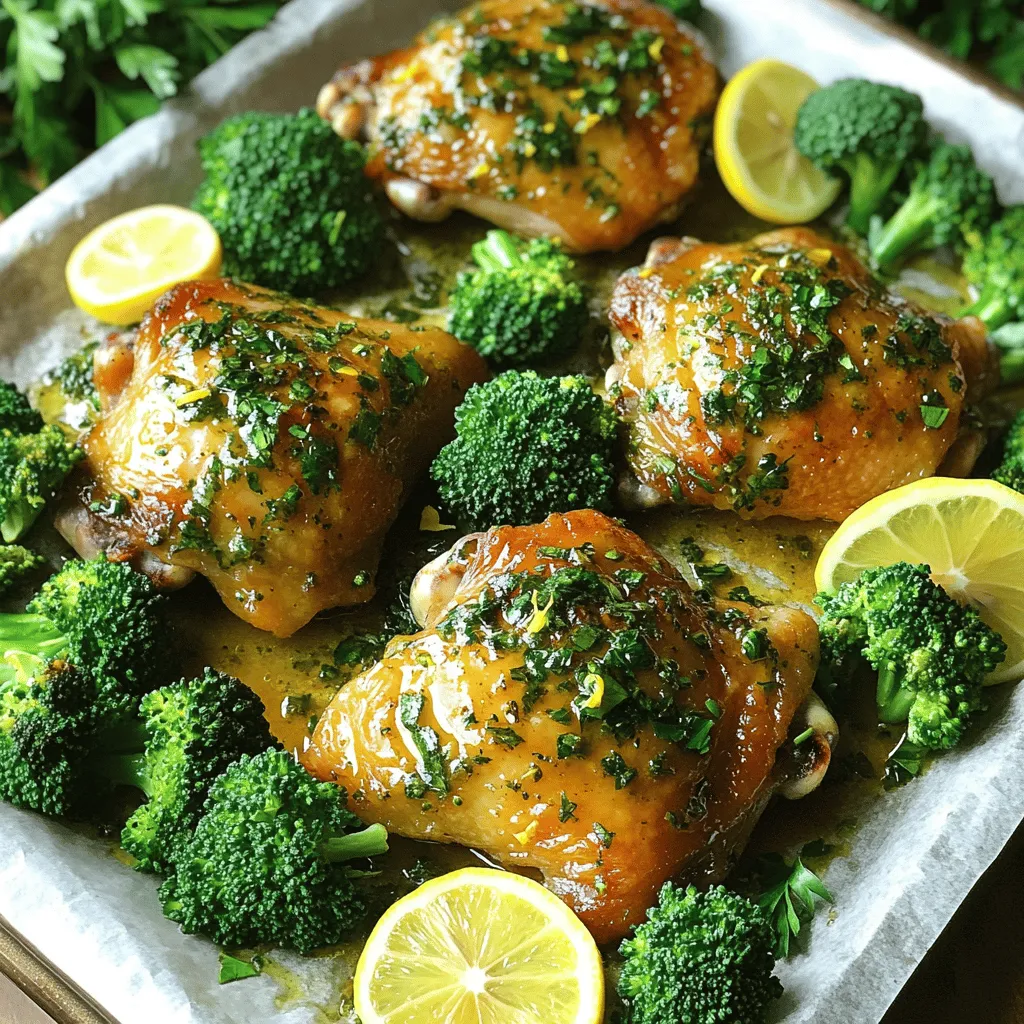 - Hähnchenunterkeulen: Diese Teile sind saftig und zart. Sie sind perfekt für den Ofen. - Frische Brokkoliröschen: Brokkoli gibt Farbe und Geschmack. Er ist auch gesund. - Zitrone und ihre Verwendung: Die Zitrone bringt Frische. Ihr Saft und Abrieb machen das Gericht lebendig. - Olivenöl und seine Vorteile: Olivenöl ist gesund. Es macht das Hähnchen knusprig und gibt Geschmack. - Grundlegende Gewürze: - Oregano: Dieses Kraut hat einen tollen Duft und passt gut zu Hähnchen. - Knoblauchpulver: Es gibt dem Gericht einen herzhaften Geschmack. - Zwiebelpulver: Es fügt einen milden, süßen Geschmack hinzu. - Benötigte Küchenutensilien für das Rezept: - Ein großes Backblech. - Schüsseln zum Mischen der Marinade. - Ein Zestenreißer für die Zitrone. - Tipps zur Auswahl des richtigen Backblechs: Wählen Sie ein Blech, das groß genug ist. So kann das Hähnchen gleichmäßig garen. Ein mit Backpapier ausgelegtes Blech erleichtert die Reinigung. Heize deinen Backofen auf 200°C (400°F) vor. Dies ist die perfekte Temperatur, um das Hähnchen knusprig zu machen. Lege ein großes Backblech mit Backpapier aus. Das Backpapier hilft, die Reinigung einfach zu halten. Vermische in einer Schüssel die folgenden Zutaten: - Abgeriebene Schale und Saft von 1 großen Zitrone - 3 Esslöffel Olivenöl - 2 Teelöffel getrockneter Oregano - 1 Teelöffel Knoblauchpulver - 1 Teelöffel Zwiebelpulver - Salz und Pfeffer nach Geschmack Diese Marinade gibt dem Hähnchen und Brokkoli viel Geschmack. Rühre alles gut um, damit sich die Aromen verbinden. Wenn du die Marinade länger stehen lässt, wird sie noch besser. Lege die Hähnchenunterkeulen auf eine Seite des Backblechs. Gieße die Hälfte der Marinade darüber. Achte darauf, dass das Hähnchen gut bedeckt ist. Auf der anderen Seite des Blechs legst du die frischen Brokkoliröschen. Träufle die restliche Marinade darüber und vermenge alles gut. So wird der Brokkoli auch lecker. Verteile das Hähnchen und den Brokkoli gleichmäßig auf dem Blech. Diese Verteilung hilft, dass alles gleichmäßig gart. Backe das Gericht 25-30 Minuten im Ofen. Überprüfe das Hähnchen nach 25 Minuten. Die innere Temperatur sollte 74°C (165°F) erreichen. Das Hähnchen ist fertig, wenn es saftig und durchgegart ist. Der Brokkoli sollte zart und leicht knusprig sein. Wenn alles gut aussieht, nimm das Backblech aus dem Ofen. Lass das Gericht ein paar Minuten ruhen, bevor du es servierst. Variationen der Marinade Sie können die Marinade nach Ihrem Geschmack anpassen. Fügen Sie frische Kräuter wie Thymian oder Rosmarin hinzu. Für einen scharfen Kick verwenden Sie rote Paprika oder Chili. Mögen Sie es süß? Ein Hauch von Honig kann Wunder wirken. Optimaler Zeitpunkt zum Wenden des Hähnchens Wenden Sie das Hähnchen nach der Hälfte der Backzeit. So bräunt es gleichmäßig und bleibt saftig. Achten Sie darauf, dass es nicht zu oft gewendet wird. Zu viel Bewegung kann den Garprozess stören. Stilvolle Präsentation des Gerichts Präsentieren Sie das Hähnchen und den Brokkoli direkt auf dem Backblech. Das sieht rustikal und einladend aus. Alternativ können Sie jede Portion auf Tellern anrichten. Garnieren Sie mit Zitronenscheiben und frischer Petersilie für einen Farbtupfer. Beilagen, die gut dazu passen Ein frischer grüner Salat passt hervorragend. Auch Reis oder Quinoa sind gute Begleiter. Sie können auch knusprige Brötchen anbieten, um die Säfte aufzunehmen. Was beim Backen schiefgehen kann Achten Sie darauf, dass das Hähnchen genug Platz auf dem Blech hat. Wenn es zu eng ist, gart es nicht gleichmäßig. Überprüfen Sie auch die Temperatur des Ofens. Ein ungenauer Ofen kann die Garzeit beeinträchtigen. Tipps für die Vermeidung von Trockenheit Um Trockenheit zu vermeiden, marinieren Sie das Hähnchen gut. Lassen Sie es auch nicht zu lange im Ofen. Überprüfen Sie die innere Temperatur mit einem Thermometer, um sicherzugehen, dass es perfekt gegart ist. {{image_4}} Für eine vegane Option können Sie das Hähnchen durch Tofu ersetzen. Tofu nimmt den Geschmack gut auf. Marinieren Sie ihn wie das Hähnchen. Zusätzlich können Sie anderes Gemüse verwenden, wenn Sie keinen Brokkoli mögen. Zucchini, Paprika oder Karotten sind tolle Alternativen. Sie bringen Farben und viele Nährstoffe auf den Tisch. Wenn Sie Hähnchenbrust anstelle von Unterkeulen verwenden möchten, funktioniert das gut. Hähnchenbrust braucht weniger Zeit zum Garen. Achten Sie darauf, die Backzeit zu reduzieren. Für eine andere Geschmacksrichtung können Sie Fisch oder Meeresfrüchte verwenden. Lachs oder Garnelen passen perfekt. Sie sollten ebenfalls die Marinade nutzen, um den Geschmack zu verstärken. Experimentieren Sie mit verschiedenen Kräutern, um neue Geschmäcker zu entdecken. Thymian, Rosmarin oder Basilikum sind gute Optionen. Diese Kräuter ergänzen das Zitronenaroma. Auch die Marinade lässt sich leicht variieren. Fügen Sie Honig für eine süße Note hinzu oder verwenden Sie Senf für einen scharfen Kick. Um die Reste Ihres Lemon Herb Chicken und Broccoli richtig zu lagern, brauchen Sie einen luftdichten Behälter. Solche Behälter halten die Frische. Stellen Sie sicher, dass das Gericht abgekühlt ist, bevor Sie es in den Kühlschrank stellen. Auf diese Weise verhindern Sie, dass sich Feuchtigkeit bildet. Für die beste Haltbarkeit verwenden Sie Glasbehälter. Diese sind langlebig und leicht zu reinigen. Kunststoffbehälter sind auch gut, achten Sie aber darauf, dass sie BPA-frei sind. Möchten Sie das Gericht einfrieren? Teilen Sie es in Portionen auf. Verwenden Sie Gefrierbeutel oder spezielle Gefrierbehälter. Diese verhindern, dass das Essen Gefrierbrand bekommt. Achten Sie darauf, die Luft herauszudrücken, bevor Sie sie verschließen. Zum Auftauen legen Sie die Portionen einfach über Nacht in den Kühlschrank. Dies sorgt für gleichmäßiges Auftauen. Wenn Sie es schnell brauchen, können Sie die Mikrowelle nutzen, aber dies kann die Textur beeinflussen. Um den besten Geschmack zu erhalten, erwärmen Sie die Reste im Ofen. Stellen Sie den Ofen auf 180°C (350°F) und backen Sie das Gericht für etwa 15-20 Minuten. Wie lange sind die Reste genießbar? Im Kühlschrank bleiben sie für 3 bis 4 Tage frisch. Wenn Sie das Gericht eingefroren haben, halten es bis zu 3 Monate. Achten Sie darauf, den Zustand des Essens zu überprüfen, bevor Sie es essen. Lebensmittelsicherheit ist wichtig. Wenn das Essen einen seltsamen Geruch hat oder die Farbe ändert, werfen Sie es weg. Sicherheit sollte immer an erster Stelle stehen. Das Hähnchen sollte 25 bis 30 Minuten backen. Die ideale Temperatur ist 200°C. Prüfen Sie die Innentemperatur. Sie sollte bei 74°C liegen. So stellen Sie sicher, dass das Hähnchen gut durch ist. Der Brokkoli wird in dieser Zeit zart und leicht knusprig. Ja, Sie können das Rezept im Voraus zubereiten. Marinieren Sie das Hähnchen und den Brokkoli einige Stunden vorher. Lassen Sie die Marinade die Aromen einziehen. Lagern Sie das Hähnchen im Kühlschrank. Nehmen Sie es vor dem Backen aus dem Kühlschrank und lassen Sie es etwas stehen. So gart es gleichmäßiger. Es gibt viele Alternativen zu Brokkoli. Sie können Blumenkohl oder grüne Bohnen verwenden. Auch Zucchini oder Karotten sind gute Optionen. Diese Gemüse haben ähnliche Garzeiten. So bleibt das Gericht einfach und lecker. Ja, das Rezept ist glutenfrei. Alle Zutaten enthalten kein Gluten. Achten Sie jedoch darauf, glutenfreie Produkte zu verwenden. Zum Beispiel, falls Sie eine Marinade ändern oder zusätzliche Gewürze hinzufügen. So bleibt das Gericht für alle geeignet. Dieses Rezept kombiniert Hähnchenunterkeulen, frischen Brokkoli und eine leckere Marinade. Wir haben die wichtigsten Zutaten, Gewürze und Küchenutensilien besprochen. Außerdem gab ich wertvolle Tipps, um Fehler beim Backen zu vermeiden. Variationen wie vegetarische Alternativen und andere Gemüse wurden ebenfalls erwähnt. Mit diesen einfachen Schritten und Ideen werden Sie ein köstliches Gericht zaubern. Genießen Sie das Kochen und experimentieren Sie mit neuen Zutaten!