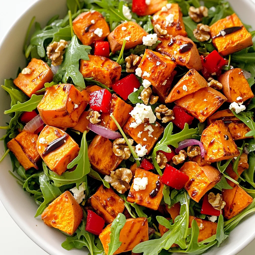 - 2 mittelgroße Süßkartoffeln, geschält und gewürfelt - 4 Tassen frischer Rucola - 1 roter Paprika, gewürfelt - 1/2 Tasse rote Zwiebel, dünn geschnitten Die Süßkartoffeln sind der Star dieses Salats. Sie bringen eine süße Note und eine tolle Farbe. Ich schäle sie und schneide sie in kleine Stücke. Dadurch garen sie gleichmäßig und werden schön zart. Rucola ist frisch und würzig. Er gibt dem Salat einen tollen Biss. Der rote Paprika sorgt für eine knackige Textur und eine schöne Farbe. Die rote Zwiebel fügt einen süßen, leicht scharfen Geschmack hinzu. - 1/4 Tasse Feta-Käse, zerkrümelt - 1/4 Tasse Walnüsse, grob gehackt - 2 Esslöffel Olivenöl - 1 Teelöffel gemahlener Kreuzkümmel - 1 Teelöffel geräuchertes Paprikapulver - Salz und Pfeffer nach Geschmack - 1 Esslöffel Balsamico-Essig Feta-Käse bringt Cremigkeit und einen salzigen Kick in den Salat. Die Walnüsse fügen crunchige Elemente hinzu. Ich verwende Olivenöl für einen reichen Geschmack. Kreuzkümmel und geräuchertes Paprikapulver geben dem Gericht Tiefe. Salz und Pfeffer verbessern alle Aromen. Ein Spritzer Balsamico-Essig rundet alles ab und fügt eine frische Säure hinzu. Zuerst schälen Sie die Süßkartoffeln. Schneiden Sie sie dann in gleichmäßige Würfel. So garen sie gleichmäßig. Nehmen Sie vier Tassen frischen Rucola. Waschen Sie ihn gut und lassen Sie ihn abtropfen. Als Nächstes würfeln Sie einen roten Paprika. Schneiden Sie auch eine halbe rote Zwiebel in dünne Scheiben. Heizen Sie den Ofen auf 220°C vor. Geben Sie die gewürfelten Süßkartoffeln in eine große Schüssel. Fügen Sie zwei Esslöffel Olivenöl, einen Teelöffel Kreuzkümmel und einen Teelöffel geräuchertes Paprikapulver hinzu. Streuen Sie Salz und Pfeffer nach Geschmack über die Mischung. Vermengen Sie alles gut, sodass die Süßkartoffeln gleichmäßig bedeckt sind. Legen Sie sie auf ein Backblech mit Backpapier. Rösten Sie die Süßkartoffeln für 25 bis 30 Minuten. Rühren Sie sie nach 15 Minuten um, damit sie gleichmäßig bräunen. Lassen Sie die gerösteten Süßkartoffeln einige Minuten abkühlen. In einer großen Salatschüssel kombinieren Sie den Rucola, den gewürfelten Paprika und die Zwiebel. Geben Sie die abgekühlten Süßkartoffeln dazu. Träufeln Sie einen Esslöffel Balsamico-Essig über den Salat. Werfen Sie alles vorsichtig, bis die Zutaten gut vermischt sind. Streuen Sie zuletzt den zerkrümelten Feta-Käse und die gehackten Walnüsse darüber. Servieren Sie den Salat sofort oder lassen Sie ihn kurz stehen, um die Aromen zu entfalten. Um die Süßkartoffeln perfekt zu rösten, ist die Temperatur entscheidend. Heize den Ofen auf 220°C vor. Diese Hitze sorgt für eine schöne Karamellisierung. Röste die Süßkartoffeln für 25 bis 30 Minuten. Rühre sie nach der Hälfte um. So werden sie gleichmäßig braun. Für die gleichmäßige Bräunung ist es wichtig, die Würfel gleich groß zu schneiden. Halte die Stücke etwa 2 cm groß. So garen sie gleichmäßig. Achte darauf, die Süßkartoffeln in einer einzigen Schicht auf dem Blech zu verteilen. Überlappungen können das Rösten beeinträchtigen. Um mehr Geschmack hinzuzufügen, kannst du Avocado oder Kichererbsen verwenden. Beides bringt eine cremige Textur und gesunde Fette. Diese Zutaten passen gut zu den Süßkartoffeln und dem Rucola. Für alternative Dressings sind Zitronensaft oder Joghurt gute Optionen. Du kannst auch ein leichtes Senf-Dressing ausprobieren. Es gibt viele Möglichkeiten, den Salat zu variieren. Füge Nüsse oder Samen für zusätzlichen Crunch hinzu. {{image_4}} Für die Lagerung des Röstenden Süßkartoffelsalates empfehle ich, ihn in einem luftdichten Behälter im Kühlschrank aufzubewahren. So bleibt der Salat frisch und lecker. Achte darauf, dass der Salat vollständig abgekühlt ist, bevor du ihn verpackst. Das schützt die Textur der Zutaten. Um die Frische zu erhalten, lege ein Papiertuch in den Behälter. Das Tuch nimmt überschüssige Feuchtigkeit auf. Du kannst auch die Walnüsse separat aufbewahren, um ihre Knusprigkeit zu bewahren. Füge sie erst kurz vor dem Servieren hinzu. Der Salat bleibt im Kühlschrank bis zu drei Tage haltbar. Er wird mit jedem Tag etwas weicher, aber die Aromen bleiben gut. Wenn du Reste hast, kannst du sie leicht wiederverwenden. Mische sie mit frischem Rucola oder etwas mehr Balsamico-Essig für einen neuen Geschmack. Vermeide es, den Salat einzufrieren. Die Konsistenz der Süßkartoffeln und des Rucolas verändert sich beim Auftauen. So bleibt der Salat frisch und schmackhaft, auch nach dem ersten Genuss. Der geröstete Süßkartoffelsalat hat pro Portion etwa 300 Kalorien. Die Makronährstoffe sind: - Kohlenhydrate: 40 g - Fette: 15 g - Eiweiß: 7 g Diese Werte können je nach Zutaten leicht variieren. Der Salat bietet eine gute Balance aus Nährstoffen. Süßkartoffeln sind sehr gesund. Sie enthalten viele Vitamine, besonders Vitamin A. Dieses Vitamin hilft den Augen. Sie sind auch reich an Ballaststoffen. Ballaststoffe fördern die Verdauung. Rucola ist ein nährstoffreicher Blattgemüse. Er enthält viel Vitamin K. Dieses Vitamin unterstützt die Knochengesundheit. Rucola hat auch Antioxidantien. Diese schützen den Körper vor freien Radikalen. Du kannst die Süßkartoffeln auf verschiedene Arten zubereiten. Probiere sie mal einfach zu kochen oder zu dämpfen. Wenn du mehr Textur möchtest, schneide sie in dünnere Scheiben. Du kannst auch andere Gewürze verwenden. Zimt oder Chili geben einen neuen Geschmack. Wenn du Lust auf etwas Süßes hast, füge Honig oder Ahornsirup hinzu, bevor du sie röstest. Ja, dieser Salat kann vegan sein. Du kannst den Feta-Käse weglassen oder durch eine pflanzliche Alternative ersetzen. Auch die Walnüsse sind vegan. Achte darauf, dass das Olivenöl rein pflanzlich ist. Alle anderen Zutaten sind ebenfalls vegan. Der Salat bleibt frisch und lecker. Du kannst den Salat im Voraus zubereiten. Röste die Süßkartoffeln und lass sie abkühlen. Mische den Rucola und das Gemüse in einer Schüssel. Gib die Süßkartoffeln erst kurz vor dem Servieren dazu. Das sorgt dafür, dass der Salat knusprig bleibt. Lagere alles getrennt, um die Frische zu bewahren. Im Kühlschrank bleibt der Salat bis zu drei Tage frisch. In diesem Artikel haben wir die Zutaten und Schritte für einen leckeren Salat besprochen. Süßkartoffeln, Rucola und Feta-Käse geben dem Gericht Geschmack und Nährstoffe. Mit unseren Tipps bleibt der Salat frisch und lecker. Experimentiere mit neuen Zutaten und Dressings für zusätzliche Variationen. Egal, ob für ein Festessen oder einen schnellen Snack, dieser Salat passt immer. Probiere ihn aus und genieße die vielen Vorteile!