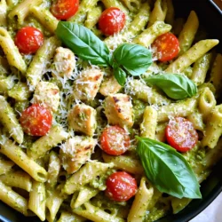 Für mein Ein-Topf cremiges Pesto-Hühnchen-Pasta-Gericht brauchst du: - 2 Esslöffel Olivenöl - 450 g Hähnchenbrust, gewürfelt - 3 Knoblauchzehen, fein gehackt - 500 ml Hühnerbrühe - 240 ml Schlagsahne - 340 g Penne-Pasta (oder Pasta nach Wahl) - 120 ml Basilikum-Pesto (gekauft oder selbstgemacht) - 200 g Kirschtomaten, halbiert - 50 g frisch geriebener Parmesan - Salz und Pfeffer nach Geschmack - Frische Basilikumblätter zum Garnieren Diese Zutaten machen das Gericht einfach und schnell. Die Gewürze sind wichtig. Sie geben dem Gericht Geschmack. Du brauchst nur Salz und Pfeffer. Diese sorgen für die richtige Würze. Das Pesto bringt auch viel Geschmack. Es fügt Kräuter und eine tolle Frische hinzu. Frische Zutaten machen den Unterschied. Du kannst frischen Spinat oder Erbsen hinzufügen. Auch Zucchini passt gut. Diese Gemüsesorten bringen Farbe und Nährstoffe. Sie machen das Gericht noch gesünder. Mische gerne, was dir gefällt. Frische Kräuter sind auch toll. Sie machen die Pasta noch aromatischer. Erhitze zwei Esslöffel Olivenöl in einem großen Topf bei mittlerer Hitze. Füge 450 Gramm gewürfelte Hähnchenbrust hinzu. Würze das Hähnchen mit Salz und Pfeffer. Brate das Hähnchen für etwa 5 bis 7 Minuten. Es sollte goldbraun sein und nicht mehr rosa. Das Hähnchen ist nun bereit für die nächsten Schritte. Jetzt kommt der Knoblauch ins Spiel. Gib drei fein gehackte Knoblauchzehen in den Topf. Brate den Knoblauch etwa 30 Sekunden lang. Er wird aromatisch und duftet köstlich. Fülle dann 500 Milliliter Hühnerbrühe ein und bringe die Mischung zum Köcheln. Dies gibt der Pasta viel Geschmack. Rühre 340 Gramm Penne-Pasta ein, sodass sie in der Brühe liegt. Koche die Pasta mit geschlossenem Deckel für etwa 10 Minuten. Rühre gelegentlich um, bis die Pasta al dente ist. Sobald die Pasta gar ist, reduziere die Hitze. Füge 240 Milliliter Schlagsahne und 120 Milliliter Basilikum-Pesto hinzu. Mische alles gut. Jetzt kommen 200 Gramm halbierte Kirschtomaten und 50 Gramm frisch geriebener Parmesan dazu. Rühre weiter, bis der Käse schmilzt und die Sauce schön cremig ist. Schmecke die Mischung mit Salz und Pfeffer ab. Lass alles noch für 2 bis 3 Minuten köcheln. Jetzt ist dein Gericht fertig! Um das Hähnchen perfekt zu braten, erwärmen Sie das Olivenöl gut. Fügen Sie die gewürfelte Hähnchenbrust hinzu. Würzen Sie mit Salz und Pfeffer. Braten Sie das Hähnchen 5-7 Minuten an, bis es goldbraun ist. Dies sorgt für einen tollen Geschmack. Vermeiden Sie Überkochen, damit das Hähnchen saftig bleibt. Die Kombination von Schlagsahne und Pesto macht die Sauce cremig. Fügen Sie die Schlagsahne erst nach dem Kochen der Pasta hinzu. Rühren Sie das Pesto langsam ein, um die Aromen gut zu vermischen. Der Parmesan verleiht der Sauce eine extra cremige Textur. Achten Sie darauf, den Parmesan nach und nach hinzuzufügen, damit er gut schmilzt. Um die Pasta al dente zu kochen, folgen Sie den Anweisungen auf der Verpackung. Rühren Sie die Pasta gut in die Brühe ein. Decken Sie den Topf ab, damit die Pasta gleichmäßig gart. Überprüfen Sie die Pasta nach 10 Minuten. Sie sollte weich, aber noch bissfest sein. Wenn Sie die Pasta überkochen, wird sie matschig. {{image_4}} Du kannst das Hähnchen ganz einfach durch Tofu ersetzen. Nimm festen Tofu und schneide ihn in Würfel. Brate den Tofu in Olivenöl, bis er goldbraun ist. Folge dann dem Rezept wie gewohnt. Du erhältst ein leckeres, cremiges Gericht, das vegetarisch ist und voller Geschmack steckt. Penne ist toll, aber du kannst jede Pasta verwenden, die du magst. Fusilli, Farfalle oder Spaghetti passen gut. Denke daran, die Kochzeit je nach Pasta anzupassen. Für glutenfreie Optionen probiere Linsen- oder Kichererbsenpasta. Diese Optionen sind gesund und bieten neue Geschmäcker. Gemüse macht das Gericht noch bunter und gesünder. Füge Spinat, Erbsen oder Zucchini hinzu. Diese Gemüse bringen Farbe und Nährstoffe. Du kannst sie einfach in den Topf geben, wenn die Pasta kurz vor dem Garwerden ist. So bleiben sie frisch und knackig. Lagern Sie Ihre Reste in einem luftdichten Behälter. Lassen Sie die Pasta zuerst auf Raumtemperatur abkühlen. Das verhindert, dass sie matschig wird. Sie können die Reste bis zu drei Tage im Kühlschrank aufbewahren. Um die Pasta wieder aufzuwärmen, verwenden Sie die Mikrowelle oder einen Topf. Wenn Sie die Mikrowelle nutzen, geben Sie etwas Wasser hinzu. Das hilft, die Pasta feucht zu halten. Rühren Sie nach jeder Minute um, bis sie warm ist. Bei der Methode im Topf, fügen Sie etwas Brühe oder Sahne hinzu und erhitzen Sie sie bei niedriger Hitze. So bleibt die Sauce schön cremig. Im Kühlschrank hält sich die Pasta drei Tage. Im Gefrierfach können Sie sie bis zu zwei Monate lagern. Denken Sie daran, die Pasta in portionierte Behälter zu füllen. So können Sie nur das aufwärmen, was Sie brauchen. Beim Auftauen lassen Sie die Pasta am besten über Nacht im Kühlschrank. Ja, du kannst die Schlagsahne weglassen. Stattdessen kannst du Milch oder pflanzliche Milch verwenden. Das Gericht wird dann weniger cremig, aber trotzdem lecker. Du kannst auch etwas mehr Brühe hinzufügen, um die Flüssigkeit auszugleichen. Denke daran, dass die Sauce weniger dick wird, wenn du die Schlagsahne weglässt. Zu diesem Gericht passen viele Beilagen. Ein einfacher grüner Salat ist eine gute Wahl. Du kannst auch knuspriges Brot servieren, um die Sauce aufzutunken. Gegrilltes Gemüse macht das Essen bunt und gesund. Wenn du etwas mehr Protein möchtest, sind geröstete Kichererbsen eine tolle Ergänzung. Die Zubereitungszeit bleibt ähnlich, auch wenn du mehr Portionen machst. Du musst jedoch einen größeren Topf verwenden. Das Anbraten des Hähnchens dauert vielleicht etwas länger, da du es eventuell in mehreren Chargen machen musst. Plane zusätzlich 5 bis 10 Minuten ein, um alles gleichmäßig zu garen. Die Ein-Topf-Pasta bietet eine einfache und schmackhafte Lösung fürs Kochen. Wir haben die Hauptzutaten und Gewürze durchgesehen. Ich habe eine Schritt-für-Schritt-Anleitung gegeben, um die Zubereitung zu erleichtern. Mit wertvollen Tipps und Variationen bleibt dein Gericht spannend und lecker. Das richtige Lagern sorgt dafür, dass die Reste frisch bleiben. Du kannst die Pasta anpassen und trotzdem Zeit sparen. Probiere die Ideen aus und mach dein Essen zur Genusserfahrung. Bon Appetit!