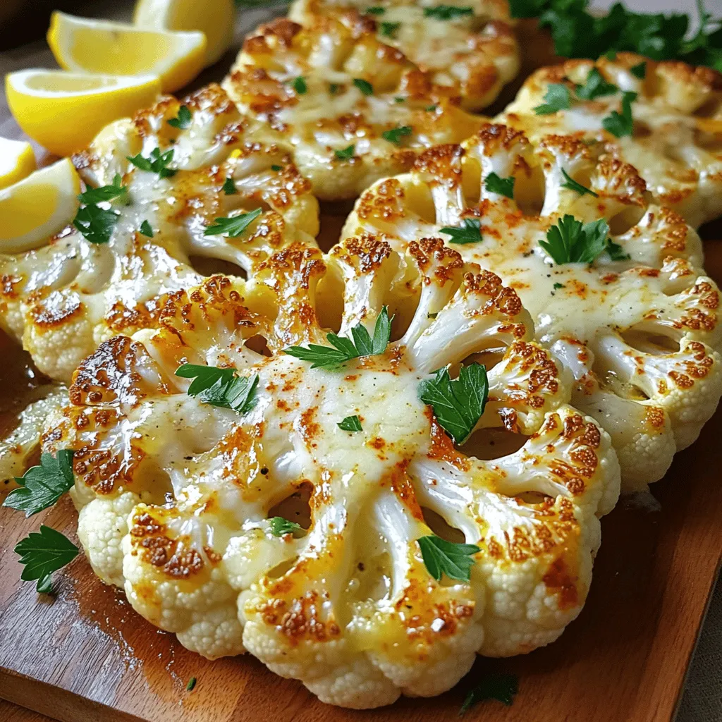 Für die Röstknoblauch Parmesan Blumenkohlsteaks brauchst du folgende Hauptzutaten: - 1 große Blumenkohlkopf - 4 Knoblauchzehen, fein gehackt - 1/4 Tasse geriebener Parmesan - 3 Esslöffel Olivenöl Der Blumenkohl ist die Hauptzutat. Er gibt dem Gericht Struktur und Geschmack. Frischer Blumenkohl sorgt für die beste Textur. Die Knoblauchzehen fügen ein starkes Aroma hinzu. Parmesan bringt einen salzigen, umami Geschmack ins Spiel. Diese Gewürze und Öle brauchst du: - 1 Teelöffel geräuchertes Paprikapulver - 1/2 Teelöffel Salz - 1/2 Teelöffel schwarzer Pfeffer Das geräucherte Paprikapulver gibt den Steaks eine rauchige Note. Salz und Pfeffer sind wichtig für die Grundwürze. Olivenöl sorgt für die perfekte Bräunung und einen tollen Geschmack. Für die Garnierung und Beilagen empfehle ich: - Frische Petersilie, gehackt - Zitronenscheiben (zum Servieren) Die gehackte Petersilie bringt Farbe und frischen Geschmack. Zitronenscheiben geben einen spritzigen Kontrast zu den herzhaften Steaks. Du kannst auch andere Beilagen hinzufügen, wie Reis oder Salat, um das Gericht zu ergänzen. Heize deinen Ofen auf 220°C vor. Dies sorgt für eine gute Bräunung. Lege ein Backblech mit Backpapier aus. Das hilft, das Ankleben zu vermeiden. Nimm den Blumenkohl und entferne die Blätter. Kürze den Stiel, aber beschädige den Kern nicht. Schneide den Blumenkohl in etwa 2,5 cm dicke Steaks. Du solltest zwei bis drei Steaks erhalten. Die restlichen Röschen kannst du für eine andere Mahlzeit verwenden. In einer kleinen Schüssel vermischst du die fein gehackten Knoblauchzehen mit 3 Esslöffeln Olivenöl. Füge 1 Teelöffel geräuchertes Paprikapulver hinzu. Gib auch 1/2 Teelöffel Salz und 1/2 Teelöffel schwarzen Pfeffer dazu. Mische alles gut. Diese Mischung gibt den Steaks viel Geschmack. Bestreiche beide Seiten der Blumenkohlsteaks mit der Knoblauch-Olivenöl-Mischung. Lege sie vorsichtig auf das Backblech. Röste die Steaks 20 Minuten lang im Ofen. Wende sie dann vorsichtig. Streue den geriebenen Parmesan auf die Steaks und röste sie für weitere 10-15 Minuten. Sie sind fertig, wenn der Blumenkohl zart ist und der Käse goldbraun wird. Lass die Steaks einige Minuten abkühlen. Garniere sie mit frisch gehackter Petersilie und serviere sie mit Zitronenscheiben. Um Blumenkohlsteaks gut zu schneiden, nehme einen großen Kopf Blumenkohl. Entferne zuerst die Blätter. Kürze den Stiel, ohne den Kern zu beschädigen. Stelle den Blumenkohl mit dem Stiel nach unten auf ein Schneidebrett. Mit einem scharfen Messer schneide etwa 2,5 cm dicke Steaks. So bekommst du gleichmäßige und schöne Steaks. Verwende die restlichen Röschen für eine Suppe oder einen Salat. Die Röstzeit ist entscheidend. Heize deinen Ofen auf 220°C (425°F) vor. Röste die Steaks 20 Minuten lang und wende sie dann vorsichtig. Nach dem Wenden streue den Parmesan darüber. Röste die Steaks für weitere 10 bis 15 Minuten. Achte darauf, dass der Käse goldbraun wird. So bleibt der Blumenkohl zart und geschmackvoll. Die Gewürze sind flexibel. Du kannst das geräucherte Paprikapulver durch Paprika ersetzen. Probiere auch andere Gewürze wie Kreuzkümmel oder Chili. Füge frische Kräuter wie Thymian oder Rosmarin hinzu. Schmecke die Mischung ab, bevor du die Steaks bestreichst. So passt du die Aromen an deinen Geschmack an und machst die Steaks einzigartig. {{image_4}} Wenn Sie eine vegane Version der Blumenkohlsteaks möchten, ersetzen Sie den Parmesan. Verwenden Sie einfach Hefeflocken. Sie geben einen ähnlichen Käsegeschmack. Mischen Sie die Hefeflocken in die Knoblauch-Olivenöl-Mischung. Sie können auch geröstete Nüsse oder Samen hinzufügen. Diese sorgen für einen schönen Crunch. Experimentieren Sie mit verschiedenen Gewürzen und Kräutern. Zum Beispiel, versuchen Sie italienische Kräuter wie Oregano oder Basilikum. Sie bringen eine frische Note. Auch Currypulver oder Kreuzkümmel können interessant sein. Diese Gewürze geben den Steaks eine ganz neue Tiefe. Fühlen Sie sich frei, kreativ zu sein und Ihre eigenen Lieblingsgeschmäcker zu integrieren. Servieren Sie die Blumenkohlsteaks mit einem frischen Salat. Ein einfacher grüner Salat passt gut. Oder machen Sie einen Quinoa-Salat für mehr Protein. Auch Reis oder Couscous sind tolle Beilagen. Sie ergänzen den Blumenkohl perfekt. Vergessen Sie nicht, die Zitronenscheiben hinzuzufügen. Sie bringen eine tolle Frische und sorgen für einen schönen Farbkontrast. Um die Reste der Blumenkohlsteaks frisch zu halten, lege sie in einen luftdichten Behälter. Stelle sicher, dass der Behälter gut verschlossen ist. So bleiben die Steaks bis zu drei Tage im Kühlschrank genießbar. Die übrig gebliebenen Blumenkohlsteaks sind sehr vielseitig. Du kannst sie in Salate schneiden oder in Wraps verwenden. Sie eignen sich auch gut als Füllung für Sandwiches. Du kannst sie sogar pürieren und in Suppen geben. Wenn du mehr Blumenkohlsteaks zubereitest, kannst du sie auch einfrieren. Lass die Steaks zuerst vollständig abkühlen. Wickel sie dann in Frischhaltefolie und lege sie in einen Gefrierbeutel. So bleiben sie bis zu drei Monate frisch. Wenn du bereit bist, sie zu essen, kannst du sie einfach im Ofen aufwärmen. Die Blumenkohlsteaks können im Kühlschrank bis zu drei Tage aufbewahrt werden. Lagern Sie sie in einem luftdichten Behälter. So bleiben sie frisch und lecker. Wenn Sie die Steaks aufwärmen möchten, nutzen Sie den Ofen oder die Pfanne für das beste Ergebnis. Ja, das ist möglich! Sie können die Blumenkohlsteaks bis zu 24 Stunden im Voraus vorbereiten. Schneiden Sie die Steaks und bestreichen Sie sie mit der Knoblauch-Olivenöl-Mischung. Wickeln Sie sie in Frischhaltefolie und stellen Sie sie in den Kühlschrank. Wenn Sie bereit sind zu essen, rösten Sie sie einfach im Ofen. Blumenkohlsteaks passen gut zu vielen Beilagen. Hier sind einige Ideen: - Ein frischer grüner Salat - Gegrilltes Gemüse wie Zucchini oder Paprika - Quinoa oder Reis für etwas Füllendes - Eine cremige Sauce oder Joghurt-Dip für zusätzlichen Geschmack Diese Beilagen ergänzen die Aromen der Blumenkohlsteaks perfekt. Probieren Sie sie aus! Blumenkohlsteaks sind einfach zuzubereiten und sehr lecker. Wir haben die Hauptzutaten und die beste Zubereitung besprochen. Tipps für perfekte Steaks helfen dir, mehr Geschmack zu erreichen. Du kannst die Steaks nach deinem Geschmack anpassen und verschiedene Variationen nutzen. Reste sind leicht aufzubewahren und schmecken auch später gut. Verwende die Tipps aus unseren FAQs, um alles richtig zu machen. Probiere es aus und genieße dein kreatives Kochabenteuer mit Blumenkohlsteaks!