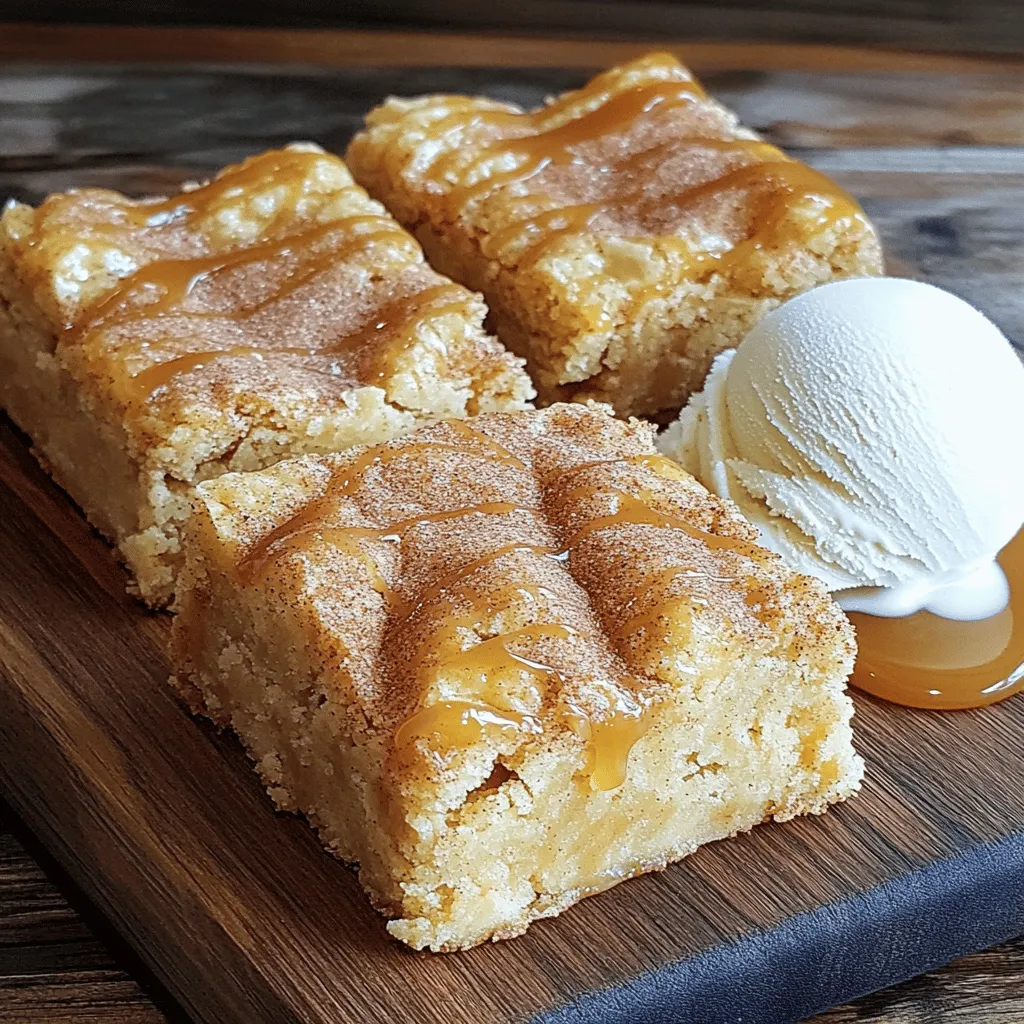 Hier sind die Zutaten, die du für die Snickerdoodle Blondies brauchst: - 1 Tasse ungesalzene Butter, geschmolzen - 1 1/4 Tassen brauner Zucker, fest gepackt - 1/2 Tasse weißer Zucker - 2 große Eier - 1 Teelöffel Vanilleextrakt - 2 Tassen Weizenmehl - 1 Teelöffel Backpulver - 1/2 Teelöffel Natron - 1/2 Teelöffel Salz - 1 Esslöffel gemahlener Zimt - 1/4 Tasse weißer Zucker (zum Bestreuen) Die Maßeinheiten sind einfach. Du verwendest Tassen für die meisten Zutaten. Für genaues Messen, benutze eine Küchenwaage. Vorbereitungen sind ebenfalls wichtig. Schmelze die Butter zuerst. Das macht die Mischung cremig. Heize den Ofen auf 175°C vor, während du die Zutaten bereitest. Lege deine Backform mit Backpapier aus. Das hilft beim Herausnehmen der Blondies nach dem Backen. Wenn du etwas Abwechslung magst, gibt es viele Optionen. Verwende verschiedene Zuckersorten. Kokosnusszucker gibt einen tollen Geschmack. Du kannst auch andere Mehle ausprobieren. Mandelmehl ist eine gute glutenfreie Wahl. Wenn du Nüsse magst, füge einige gehackte Walnüsse oder Pekannüsse hinzu. Diese geben Knusprigkeit und Geschmack. Heize deinen Ofen auf 175°C vor. Nimm eine Backform von 23x33 cm und lege sie mit Backpapier aus. Lass das Papier über den Rand hängen. So kannst du die Blondies später leicht herausnehmen. In einer großen Schüssel gib die geschmolzene Butter, den braunen Zucker und den weißen Zucker. Nutze einen Schneebesen, um alles gut zu vermischen. Rühre so lange, bis die Mischung glatt ist. Füge die Eier nacheinander hinzu. Rühre nach jedem Ei gut um. Dann gib den Vanilleextrakt hinzu und vermische alles. In einer anderen Schüssel vermische das Weizenmehl, Backpulver, Natron, Salz und Zimt. Gib die trockenen Zutaten nach und nach zur feuchten Mischung. Rühre, bis alles gerade so vermischt ist. Gieße den Teig in die vorbereitete Backform. Verteile ihn gleichmäßig. Mische in einer kleinen Schüssel den restlichen weißen Zucker mit einem Teelöffel Zimt. Streue diese Mischung gleichmäßig über den Teig. Backe die Blondies 20 bis 25 Minuten. Steche mit einem Zahnstocher in die Mitte. Wenn er sauber herauskommt, sind sie fertig. Lass die Blondies etwa 10 Minuten in der Form abkühlen. Hebe sie dann mit dem Backpapier heraus. Lass sie auf einem Kuchengitter vollständig abkühlen, bevor du sie in Stücke schneidest. Um die perfekte Konsistenz für Snickerdoodle Blondies zu erreichen, achten Sie auf die Butter. Sie sollte geschmolzen, aber nicht zu heiß sein. Dadurch bleibt der Teig weich und macht die Blondies chewy. Mischen Sie die Zutaten gut, aber übertreiben Sie es nicht. Zu viel Rühren kann die Blondies trocken machen. Lassen Sie den Teig ruhig etwas klumpig. Das sorgt für die richtige Textur. Ein häufiger Fehler ist, die Blondies zu lange zu backen. Überprüfen Sie sie nach 20 Minuten. Stecken Sie einen Zahnstocher hinein. Wenn er sauber herauskommt, sind die Blondies fertig. Wenn Sie sie zu lange im Ofen lassen, werden sie hart. Ein anderer Fehler ist, die Mischung nicht gut zu vermengen. Achten Sie darauf, dass die Eier gut eingearbeitet sind. Das sorgt für eine gleichmäßige Konsistenz. Diese Blondies schmecken am besten warm. Servieren Sie sie mit einer Kugel Vanilleeis. Ein Schuss Karamellsauce macht sie noch besser. Sie können auch etwas Schlagsahne darauf geben, um den Genuss zu steigern. Diese Blondies sind perfekt für Partys oder als süßer Snack. Sie lassen sich leicht in kleine Stücke schneiden und sind einfach zu teilen. {{image_4}} Ich liebe es, Rezepte zu variieren. Wenn Sie Nüsse oder Schokoladenstückchen hinzufügen möchten, machen Sie das! Walnüsse oder Pekannüsse passen gut. Grob gehackte Schokolade gibt einen leckeren Schokoladengeschmack. Fügen Sie etwa 1 Tasse der Zutaten hinzu. Mischen Sie sie vorsichtig in den Teig, bevor Sie ihn in die Form gießen. Für glutenfreie Blondies verwenden Sie einfach glutenfreies Mehl. Es gibt viele gute Marken, die das bieten. Achten Sie darauf, einen Mix zu wählen, der für Backwaren geeignet ist. Die Konsistenz bleibt ähnlich. So können auch Glutenallergiker die Blondies genießen. Experimentieren Sie mit anderen Geschmäckern! Fügen Sie Kokosraspeln für einen tropischen Twist hinzu. Oder verwenden Sie Erdnussbutter anstelle von Butter für einen nussigen Geschmack. Sie können auch verschiedene Gewürze ausprobieren, wie Muskatnuss oder Ingwer. Lassen Sie Ihrer Kreativität freien Lauf! Um deine Snickerdoodle Blondies frisch zu halten, lege sie in einen luftdichten Behälter. Stelle sicher, dass die Blondies vollständig abgekühlt sind, bevor du sie verpackst. So verhinderst du, dass sie matschig werden. Du kannst sie auch mit Frischhaltefolie abdecken, um die Frische zu bewahren. Wenn du mehr Blondies hast, kannst du sie einfrieren. Schneide die Blondies in Stücke und lege sie in einen Gefrierbeutel. Entferne so viel Luft wie möglich, bevor du den Beutel verschließt. Beschrifte den Beutel mit dem Datum. So behältst du den Überblick über die Haltbarkeit. Frisch gebackene Snickerdoodle Blondies halten sich bei Raumtemperatur etwa 5 bis 7 Tage. Im Kühlschrank bleiben sie bis zu 10 Tage frisch. Eingefroren sind sie bis zu 3 Monate haltbar. Achte darauf, sie vor dem Servieren aufzutauen, damit sie wieder weich und lecker sind. Snickerdoodle Blondies halten sich gut. Sie bleiben bei Raumtemperatur etwa eine Woche frisch. Lagern Sie sie in einem luftdichten Behälter. So bleiben sie weich und lecker. Ja, Sie können Snickerdoodle Blondies einfrieren. Wickeln Sie sie gut in Frischhaltefolie oder Alufolie. Legen Sie sie dann in einen gefrierfesten Behälter. Sie bleiben bis zu drei Monate haltbar. Für einen stärkeren Zimtgeschmack können Sie bis zu zwei Esslöffel Zimt verwenden. Beginnen Sie mit einem Esslöffel und testen Sie den Geschmack. Zimt bringt eine warme, süße Note. Ja, Sie können das Rezept vegan machen. Ersetzen Sie die Eier durch Apfelmus oder Leinsamen. Verwenden Sie vegane Butter statt normaler Butter. Das Ergebnis bleibt lecker und saftig. Warten Sie, bis die Blondies vollständig abgekühlt sind. Verwenden Sie ein scharfes Messer. Schneiden Sie in gleichmäßige Quadrate oder Rechtecke. Ein warmes Messer sorgt für saubere Schnitte. Zusammenfassend haben wir die besten Zutaten und Schritte für leckere Snickerdoodle Blondies behandelt. Wir haben Tipps und Tricks geteilt, um häufige Fehler zu vermeiden. Außerdem schauten wir uns Variationen und Aufbewahrungsoptionen an. Denke daran, dass eine gute Lagerung die Frische bewahrt. Jetzt kannst du mit diesem Wissen kreativ werden. Probiere verschiedene Varianten aus und genieße die Blondies in voller Pracht!