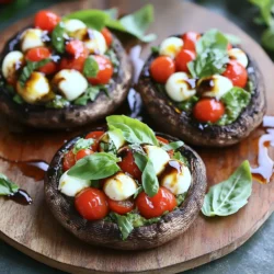 Für diese leckeren gefüllten Pilze benötigen Sie einige frische Zutaten. Hier ist die Liste: - 4 große Portobello-Pilze, Stiele entfernt - 1 Tasse Kirschtomaten, halbiert - 1 Tasse frische Mozzarellakugeln, halbiert - 1/4 Tasse frische Basilikumblätter, gehackt Diese Zutaten bringen den typischen Caprese-Geschmack in Ihr Gericht. Portobello-Pilze sind groß und fleischig. Sie sind die perfekte Basis für die Füllung. Kirschtomaten geben eine süße Note. Mozzarella bringt Cremigkeit und Basilikum verleiht Frische. Zusätzlich zu den Hauptzutaten brauchen wir auch einige Gewürze und Öle. Diese helfen, den Geschmack zu intensivieren: - 2 Esslöffel Balsamico-Glasur - 2 Esslöffel Olivenöl - 2 Knoblauchzehen, gehackt - Salz und Pfeffer nach Geschmack Balsamico-Glasur sorgt für eine süß-säuerliche Note. Olivenöl bringt gesunde Fette. Der Knoblauch gibt einen tollen Geschmack. Salz und Pfeffer runden das Ganze ab. Für die Präsentation Ihrer gefüllten Pilze dürfen einige Dekorationselemente nicht fehlen: - Frische Basilikumblätter zur Dekoration Diese frischen Blätter sehen nicht nur gut aus, sie geben auch einen zusätzlichen Geschmack. Servieren Sie die Pilze auf einer schönen Platte. Ein wenig extra Balsamico-Glasur darüber macht alles noch schöner. Heizen Sie den Ofen auf 190°C (375°F) vor. Ein gut vorgeheizter Ofen sorgt für gleichmäßiges Garen. Dies ist ein wichtiger Schritt, um die Pilze perfekt zu backen. Reinigen Sie die Portobello-Pilze vorsichtig mit einem feuchten Tuch. So entfernen Sie Schmutz und Rückstände. Stellen Sie die Pilze mit der Lamellenseite nach oben auf ein mit Backpapier ausgelegtes Backblech. Dies hilft beim gleichmäßigen Backen und verhindert Ankleben. In einer Schüssel vermengen Sie die halbierten Kirschtomaten, die Mozzarellakugeln und das gehackte Basilikum. Fügen Sie 2 gehackte Knoblauchzehen, die Balsamico-Glasur und 2 Esslöffel Olivenöl hinzu. Würzen Sie die Mischung mit Salz und Pfeffer. Mischen Sie alles gut. Füllen Sie jede Portobello-Pilzkappe großzügig mit der Mischung bis zum Rand. Dies sorgt für einen vollen Geschmack. Beträufeln Sie die gefüllten Pilze mit etwas extra Olivenöl. Dies gibt zusätzlichen Geschmack und hilft, die Pilze saftig zu halten. Backen Sie die Pilze im vorgeheizten Ofen etwa 20 Minuten. Überprüfen Sie, ob die Pilze zart sind und der Käse geschmolzen und sprudelnd ist. Nehmen Sie die Pilze aus dem Ofen und lassen Sie sie kurz abkühlen. Garnieren Sie sie mit frischen Basilikumblättern für eine schöne Präsentation. Um die besten Caprese gefüllten Portobello-Pilze zu erhalten, ist die Garzeit wichtig. Backen Sie die Pilze 20 Minuten lang bei 190°C. So bleiben sie zart und der Käse schmilzt gut. Wenn Sie die Pilze länger backen, könnten sie trocken werden. Achten Sie darauf, dass der Käse sprudelnd und goldbraun aussieht. Das zeigt, dass alles perfekt ist. Jeder hat seinen eigenen Geschmack. Fühlen Sie sich frei, die Gewürze anzupassen. Fügen Sie etwas Chili-Pulver hinzu, wenn Sie es scharf mögen. Petersilie kann auch eine frische Note bringen. Experimentieren Sie mit verschiedenen Kräutern, um Ihren perfekten Geschmack zu finden. Salz und Pfeffer sollten nicht fehlen, um die Aromen zu heben. Frische Zutaten machen den Unterschied. Nutzen Sie reife Kirschtomaten für mehr Süße. Wählen Sie frische Mozzarella-Kugeln, die cremig und geschmackvoll sind. Frisches Basilikum bringt ein tolles Aroma. Achten Sie darauf, diese Zutaten kurz vor der Zubereitung zu kaufen. So bleiben sie frisch und lecker. {{image_4}} Für eine vegane Variante der Caprese gefüllten Portobello-Pilze können Sie die Mozzarella-Kugeln durch pflanzlichen Käse ersetzen. Es gibt viele gute Optionen aus Cashew, Soja oder Kokosnuss. Diese Käsealternativen schmelzen gut und bieten einen ähnlichen Geschmack. Verwenden Sie auch eine vegane Balsamico-Glasur, die oft ohne tierische Produkte auskommt. Die Füllung ist sehr vielseitig. Sie können andere Gemüsesorten hinzufügen, wie Zucchini oder Paprika. Für einen herzhaften Touch probieren Sie Spinat oder Artischocken. Zusätzlich können Sie Quinoa oder gekochten Reis einmischen, um mehr Textur und Nährstoffe hinzuzufügen. Experimentieren Sie mit verschiedenen Kräutern, um den Geschmack zu verändern. Petersilie oder Oregano passen gut zu den anderen Zutaten. Zu Ihren gefüllten Pilzen passen viele Beilagen. Ein frischer grüner Salat mit einem leichten Dressing sorgt für einen schönen Kontrast. Auch knuspriges Brot ist eine gute Wahl. Es hilft, die köstlichen Säfte aufzufangen. Für etwas mehr Fülle können Sie Reis oder Couscous servieren. Diese Beilagen ergänzen die Aromen und machen das Gericht noch sättigender. Die Reste der Caprese gefüllten Portobello-Pilze können Sie leicht im Kühlschrank aufbewahren. Legen Sie sie in einen luftdichten Behälter. So bleiben sie frisch und lecker. Sie sollten die Reste innerhalb von drei Tagen essen. Wenn Sie sie länger aufbewahren, verlieren sie ihren Geschmack und ihre Textur. Wenn Sie die Pilze für später aufbewahren möchten, können Sie sie auch einfrieren. Lassen Sie die gefüllten Pilze zuerst abkühlen. Wickeln Sie sie dann gut in Frischhaltefolie ein. Legen Sie sie in einen gefrierfesten Behälter. So bleiben sie bis zu drei Monate haltbar. Achten Sie darauf, die Pilze gut zu verpacken, damit sie nicht austrocknen. Um die gefüllten Pilze wieder aufzuwärmen, heizen Sie Ihren Ofen auf 180°C vor. Legen Sie die Pilze auf ein Backblech und decken Sie sie mit Folie ab. Backen Sie sie etwa 15 Minuten lang. Wenn Sie möchten, können Sie sie auch in der Mikrowelle aufwärmen. Stellen Sie die Mikrowelle auf mittlere Leistung und erwärmen Sie sie für etwa 2-3 Minuten. Prüfen Sie, ob sie heiß sind, bevor Sie sie essen. Ja, Sie können die Pilze im Voraus zubereiten. Bereiten Sie die Füllung und die Pilze getrennt vor. Lagern Sie die Füllung in einem luftdichten Behälter im Kühlschrank. Füllen Sie die Pilze kurz vor dem Backen. So bleibt alles frisch und lecker. Die Füllung ist sehr flexibel. Sie können andere Käsesorten wie Feta oder Gouda verwenden. Für mehr Geschmack fügen Sie geröstete Paprika oder Zucchini hinzu. Auch Oliven oder Kapern passen gut. Experimentieren Sie mit verschiedenen Kräutern wie Oregano oder Thymian. Ja, Portobello-Pilze sind sehr gesund. Sie enthalten viele Vitamine und Mineralstoffe. Dazu gehören Vitamin D, B-Vitamine und Antioxidantien. Diese Pilze sind auch kalorienarm und reich an Ballaststoffen. Sie sind eine tolle Wahl für eine ausgewogene Ernährung. Die Caprese gefüllten Portobello-Pilze sind einfach zuzubereiten und lecker. Wir haben die Hauptzutaten sowie Gewürze und Öle besprochen. Die Schritt-für-Schritt-Anleitung führt Sie durch das Backen der Pilze. Mit meinen Tipps und Tricks wird Ihr Gericht noch besser. Sie können das Rezept anpassen und sogar vegane Optionen ausprobieren. Lagern Sie Reste richtig und genießen Sie sie später. Die Möglichkeiten sind endlos! Kochen Sie mit Freude und Experimentierfreude. Probieren Sie es aus!