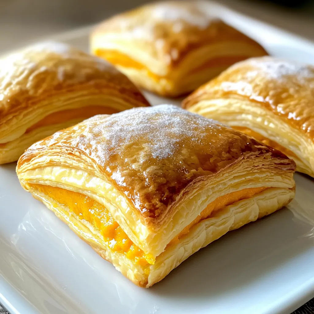 Um die besten Kürbis Frischkäse-Danish zu machen, brauchen Sie: - 1 Blatt Blätterteig, aufgetaut - 225 g Frischkäse, weich gerührt - 120 g Kürbispüree (aus der Dose oder frisch) - 50 g Zucker - 1 Teelöffel Vanilleextrakt - 1 Teelöffel Kürbiskuchengewürz - 1 Ei, verquirlt (für die Eistreiche) - 1 Esslöffel Puderzucker (zum Bestäuben) Jede Zutat trägt zu einem tollen Geschmack bei. Der Blätterteig gibt die perfekte Basis. Frischkäse sorgt für eine cremige Füllung. Kürbispüree bringt die Herbstnote hinein. Falls Sie etwas anderes wollen, gibt es viele Optionen: - Verwenden Sie Quark statt Frischkäse für eine leichtere Füllung. - Für weniger Süße, nehmen Sie einen Zuckerersatz wie Stevia. - Statt Kürbiskuchengewürz können Sie Zimt und Muskatnuss nutzen. Diese Alternativen machen das Rezept flexibler. Experimentieren Sie ruhig mit den Zutaten, um Ihren Geschmack zu finden. Achten Sie bei der Auswahl Ihrer Zutaten auf Frische. Wählen Sie frisches Kürbispüree, wenn möglich. Der Geschmack ist damit intensiver. Für den Blätterteig entscheiden Sie sich für ein hochwertiges Produkt. Frischkäse sollte weich und cremig sein. Überprüfen Sie das Verfallsdatum. So bleibt die Qualität hoch. Wenn Sie Gewürze verwenden, greifen Sie zu biologischen Optionen für mehr Aroma. Um die Kürbis Frischkäse-Danish zu machen, brauchen wir einige Zutaten. Diese sind: - 1 Blatt Blätterteig, aufgetaut - 225 g Frischkäse, weich gerührt - 120 g Kürbispüree (aus der Dose oder frisch) - 50 g Zucker - 1 Teelöffel Vanilleextrakt - 1 Teelöffel Kürbiskuchengewürz - 1 Ei, verquirlt (für die Eistreiche) - 1 Esslöffel Puderzucker (zum Bestäuben) Stellen Sie sicher, dass der Blätterteig rechtzeitig aufgetaut ist. So vermeiden Sie Stress. 1. Ofen vorheizen: Heizen Sie Ihren Ofen auf 200 °C vor. Legen Sie ein Backblech mit Backpapier aus. 2. Teig rollen: Rollen Sie den Blätterteig auf einer leicht bemehlten Fläche aus. Der Teig sollte etwa 3 mm dick sein. 3. Teig schneiden: Schneiden Sie den Teig in Rechtecke von etwa 10x15 cm. 4. Füllung machen: In einer Schüssel vermengen Sie den weichen Frischkäse, das Kürbispüree, den Zucker, den Vanilleextrakt und das Kürbiskuchengewürz gut. Rühren Sie, bis die Mischung glatt ist. 5. Füllung platzieren: Setzen Sie einen großzügigen Löffel der Mischung in die Mitte jedes Rechtecks. 6. Teig formen: Falten Sie die Ränder des Teigs über die Füllung. Drücken Sie sie gut zusammen, um kleine Täschchen zu formen. Alternativ können Sie auch Dreiecke formen. 7. Eistreiche auftragen: Bestreichen Sie die Oberseiten der Danish mit dem verquirlten Ei. Dies sorgt für eine goldene Farbe. 8. Backen: Backen Sie die Danish im Ofen für 15-18 Minuten. Sie sind fertig, wenn sie aufgebläht und goldbraun sind. 9. Abkühlen und bestäuben: Lassen Sie die Danish etwas abkühlen. Bestäuben Sie sie dann mit Puderzucker. Verwenden Sie ein Backblech und Backpapier, um ein Ankleben zu verhindern. Überprüfen Sie die Danish während des Backens. Jeder Ofen ist anders. Wenn sie goldbraun sind, sind sie fertig. Lassen Sie sie nach dem Backen kurz abkühlen. Servieren Sie sie warm oder bei Raumtemperatur. - Verwenden Sie keinen kalten Blätterteig. Er sollte auf Zimmertemperatur sein. - Mischen Sie die Füllung nicht zu lange. Sie muss glatt, aber nicht überarbeitet sein. - Lassen Sie genug Platz zwischen den Danish auf dem Blech. Sie gehen beim Backen auf. - Backen Sie die Danish nicht zu lange. Sie sollten goldbraun sein, aber nicht zu dunkel. - Achten Sie darauf, den Blätterteig richtig auszurollen. Er sollte gleichmäßig dick sein. - Lassen Sie die Danish vor dem Backen ruhen. So können sie besser aufgehen. - Bestreichen Sie die Oberseite mit Ei. Das gibt eine schöne, glänzende Kruste. - Backen Sie die Danish in einem gut vorgeheizten Ofen. Temperatur ist der Schlüssel. - Bestäuben Sie die fertigen Danish mit Puderzucker. Das sieht toll aus. - Garnieren Sie sie mit frischen Kürbiswürfeln. Das bringt Farbe und Frische. - Fügen Sie eine Prise Zimt hinzu. Der Geschmack passt perfekt zu Kürbis. - Servieren Sie die Danish mit einem Schuss Sahne oder Joghurt. Das macht sie noch leckerer. {{image_4}} Ich liebe es, Nüsse in meine Kürbis Frischkäse-Danish zu geben. Sie fügen einen tollen Crunch hinzu. Walnüsse oder Pekannüsse sind am besten. Hacken Sie sie grob und mischen Sie sie mit der Füllung. So entsteht ein schöner Kontrast zur weichen Füllung. Die Nüsse bringen auch einen nussigen Geschmack, der gut zu Kürbis passt. Für eine vegane Variante können Sie den Frischkäse einfach ersetzen. Nutzen Sie vegane Frischkäse-Alternativen, die auf Nüssen basieren. Statt eines Eis verwenden Sie etwas pflanzliche Milch zum Bestreichen. Das sorgt dafür, dass die Danish trotzdem goldbraun werden. Auch Kürbispüree bleibt gleich. Es ist einfach und lecker. Sehen Sie, wie kreativ Sie sein können! Probieren Sie Äpfel oder Birnen in der Füllung. Schneiden Sie die Früchte klein und mischen Sie sie mit Zimt. Auch andere Gewürze wie Muskatnuss können eine schöne Note geben. Experimentieren Sie und finden Sie Ihre eigene Mischung. So wird jede Danish ein neues Erlebnis. Um Ihre Kürbis Frischkäse-Danish frisch zu halten, lagern Sie sie in einem luftdichten Behälter. Stellen Sie sicher, dass der Behälter gut verschlossen ist. So bleiben die Danish knusprig und die Füllung bleibt cremig. Lagern Sie sie im Kühlschrank, um die Frische zu bewahren. Wenn Sie einige Danish für später aufbewahren möchten, können Sie sie einfrieren. Lassen Sie die gebackenen Danish zuerst vollständig abkühlen. Wickeln Sie jede Danish in Frischhaltefolie und legen Sie sie in einen gefrierfesten Beutel. So bleiben sie bis zu drei Monate frisch. Achten Sie darauf, die Danish gut zu beschriften, damit Sie wissen, was drin ist. Wenn Sie die gefrorenen Danish genießen möchten, tauen Sie sie zuerst über Nacht im Kühlschrank auf. Heizen Sie Ihren Ofen auf 180 °C vor. Legen Sie die Danish auf ein Backblech und backen Sie sie 10 bis 12 Minuten lang. So werden sie wieder knusprig und warm. Vermeiden Sie die Mikrowelle, da sie die Textur weich machen kann. Kürbis Frischkäse-Danish bleiben gut für etwa 2 bis 3 Tage frisch. Bewahren Sie sie in einem luftdichten Behälter auf. So bleibt der Geschmack optimal. Nach ein paar Tagen können sie etwas weich werden, aber sie sind immer noch lecker. Ja, Sie können den Blätterteig selbst machen. Das ist jedoch zeitaufwändig. Wenn Sie frischen Teig verwenden möchten, empfehle ich, ein einfaches Rezept für Blätterteig zu suchen. Viele Leute nutzen lieber fertigen Blätterteig für Bequemlichkeit und Zeitersparnis. Zu Kürbis Frischkäse-Danish passen viele Beilagen. Eine Tasse Kaffee oder Tee ist eine tolle Wahl. Auch ein frischer Obstsalat bringt Farbe und Frische. Sie können auch eine kleine Portion Sahne oder Vanilleeis servieren. Du hast nun alles, was du brauchst, um ein köstliches Kürbis Frischkäse-Danish zuzubereiten. Du hast die Hauptzutaten kennengelernt und Tipps zur Auswahl bekommen. Außerdem hast du eine Schritt-für-Schritt-Anleitung für die Zubereitung und das Backen. Die Tipps und Tricks helfen dir, Fehler zu vermeiden und dein Gebäck fluffig zu machen. Experimentiere mit Variationen und finde deinen eigenen Stil. Behalte die Aufbewahrungsinfos im Kopf, damit du lange Freude daran hast. Viel Spaß beim Backen und Genießen!