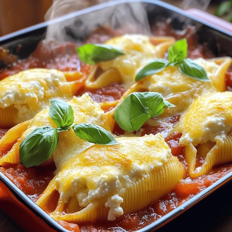 Die Hauptzutaten sind wichtig für den Geschmack. Hier sind die Zutaten, die du brauchst: - 20 große Muscheln-Pasta - 1 Tasse Ricotta-Käse - 1 Tasse geriebener Mozzarella-Käse - 1/2 Tasse geriebener Parmesan-Käse - 1 Ei Diese Zutaten machen die Muscheln cremig und lecker. Ricotta bringt eine weiche Textur. Mozzarella schmilzt schön und Parmesan fügt einen salzigen Geschmack hinzu. Die Gewürze sorgen für den perfekten Geschmack. Du wirst brauchen: - 1 Teelöffel Knoblauchpulver - 1 Teelöffel italienische Gewürzmischung - Salz und Pfeffer nach Geschmack Knoblauchpulver gibt einen tollen Geschmack. Die italienische Gewürzmischung bringt viele Aromen zusammen. Vergiss nicht, mit Salz und Pfeffer zu würzen. Die Marinara-Sauce ist der Star in diesem Gericht. Du kannst sie entweder kaufen oder selbst machen. Du brauchst: - 2 Tassen Marinara-Sauce (fertig oder selbstgemacht) Eine gute Marinara-Sauce ist frisch und fruchtig. Sie verbindet alle Aromen in diesem Gericht. Wenn du Zeit hast, probiere, deine eigene Sauce zu kochen. Das bringt noch mehr Geschmack. Zuerst müssen Sie die Muscheln vorbereiten. Kochen Sie 20 große Muscheln-Pasta in einem großen Topf mit Salzwasser. Folgen Sie den Anweisungen auf der Verpackung für die Kochzeit. Kochen Sie die Muscheln bis sie al dente sind. Danach lassen Sie die Muscheln gut abtropfen. Stellen Sie sie beiseite, damit sie leicht abkühlen. Dies verhindert, dass Sie sich beim Füllen der Muscheln verbrennen. Jetzt bereiten Sie die Käsemischung vor. Nehmen Sie eine große Rührschüssel und fügen Sie 1 Tasse Ricotta-Käse, 1 Tasse geriebenen Mozzarella-Käse und 1/2 Tasse geriebenen Parmesan-Käse hinzu. Geben Sie auch 1 Ei, 1 Teelöffel Knoblauchpulver, und 1 Teelöffel italienische Gewürzmischung dazu. Würzen Sie die Mischung mit Salz und Pfeffer nach Geschmack. Rühren Sie alle Zutaten gut um, bis sie gut vermischt sind. Die Käsemischung sollte cremig und gleichmäßig sein. Jetzt füllen Sie die Muscheln. Nehmen Sie eine gekochte Muschel und füllen Sie sie mit der Käsemischung. Nutzen Sie einen Löffel, um die Muschel großzügig zu füllen. Legen Sie die gefüllte Muschel mit der Nahtseite nach unten in eine gefettete Auflaufform. Wiederholen Sie diesen Schritt für alle Muscheln. Nachdem alle Muscheln gefüllt sind, verteilen Sie 1 Tasse Marinara-Sauce gleichmäßig über die gefüllten Muscheln. Streuen Sie den restlichen Mozzarella- und Parmesan-Käse oben auf die Muscheln. Gießen Sie die restliche Marinara-Sauce an den Rändern der Muscheln, sodass diese nicht vollständig untergetaucht sind. Decken Sie die Auflaufform mit Aluminiumfolie ab und backen Sie die Muscheln 25 Minuten lang bei 190°C. Entfernen Sie dann die Folie und backen Sie die Muscheln für weitere 10-15 Minuten, bis der Käse sprudelnd und goldbraun ist. Lassen Sie das Gericht 5-10 Minuten ruhen, bevor Sie es servieren. Garnieren Sie die Muscheln mit frischen Basilikumblättern. Um die perfekte Käsemischung zu machen, mischen Sie Ricotta, Mozzarella und Parmesan. Der Ricotta gibt eine cremige Konsistenz. Der Mozzarella sorgt für den Schmelz und der Parmesan bringt den würzigen Geschmack. Fügen Sie ein Ei hinzu, um die Mischung zu binden. Knoblauchpulver und italienische Gewürze sind wichtig für den Geschmack. Sehen Sie zu, dass Sie alles gut vermengen. Probieren Sie die Mischung vor dem Füllen. So können Sie bei Bedarf mehr Gewürze hinzufügen. Backen Sie die Muscheln bei 190°C. Decken Sie die Auflaufform zuerst mit Folie ab. Das hilft, die Feuchtigkeit zu halten. Nach 25 Minuten entfernen Sie die Folie. Lassen Sie den Käse goldbraun werden. Achten Sie darauf, die Muscheln nicht zu lange zu backen. Überprüfen Sie den Käse regelmäßig, damit er nicht verbrennt. Lassen Sie das Gericht nach dem Backen 5 bis 10 Minuten ruhen. So setzen sich die Aromen besser. Servieren Sie die gefüllten Muscheln auf einem großen Teller. Träufeln Sie etwas Marinara-Sauce darüber, um Farbe und Geschmack zu bringen. Frische Basilikumblätter sind ein schöner Akzent. Sie geben dem Gericht Frische und Duft. Stellen Sie auch etwas extra Marinara-Sauce in einer Schüssel dazu. So kann jeder nach Belieben nachschenken. Diese einfachen Tipps machen Ihr Gericht noch besser. {{image_4}} Wenn du eine vegetarische Version der Käsegefüllten Muscheln machen möchtest, gibt es viele tolle Optionen. Du kannst das Fleisch durch Spinat oder Zucchini ersetzen. Diese Zutaten bringen frische Aromen und Farben in das Gericht. Eine andere Idee ist, Pilze hinzuzufügen. Sie geben einen herzhaften Geschmack. Für mehr Protein kannst du gekochtes Hähnchen oder Rinderhackfleisch in die Füllung geben. Zerkleinere das Fleisch und mische es mit dem Käse. Dies macht die Muscheln sättigender und noch leckerer. Eine weitere Option ist, Kichererbsen zu verwenden. Sie machen das Gericht vegan und fügen viel Protein hinzu. Wenn du glutenfrei kochen möchtest, wähle glutenfreie Muscheln. Diese gibt es in vielen Supermärkten. Achte darauf, dass auch die Marinara-Sauce glutenfrei ist. Du kannst auch Zucchini-Nudeln verwenden. Sie sind eine gesunde und schmackhafte Alternative zu Pasta. Sie passen gut zu den Käsefüllungen. Um Reste von Käsegefüllten Muscheln aufzubewahren, lassen Sie das Gericht zuerst abkühlen. Füllen Sie dann eine luftdichte Box mit den Muscheln. Stellen Sie sicher, dass Sie die Reste im Kühlschrank lagern. So bleiben sie frisch. Diese Muscheln halten sich so bis zu drei Tage. Wenn Sie mehr für später aufbewahren möchten, können Sie die Muscheln auch einfrieren. Lassen Sie das Gericht abkühlen und packen Sie es in gefrierfreundliche Behälter. Achten Sie darauf, die Muscheln gut abzudecken. So vermeiden Sie Frostschäden. Gefrorene Käsegefüllte Muscheln halten sich bis zu drei Monate. Um die gefrorenen Muscheln aufzuwärmen, lassen Sie sie zuerst im Kühlschrank auftauen. Danach legen Sie die Muscheln in eine Auflaufform. Gießen Sie etwas Marinara-Sauce darüber. Decken Sie die Form mit Folie ab und backen Sie sie bei 180°C für etwa 25 Minuten. Entfernen Sie die Folie und backen Sie sie weitere 10 Minuten, bis der Käse schön geschmolzen ist. So schmecken die Muscheln fast wie frisch zubereitet! Käsegefüllte Muscheln halten im Kühlschrank bis zu drei Tage. Bewahren Sie sie in einem luftdichten Behälter auf. Vor dem Servieren können Sie sie einfach aufwärmen. Achten Sie darauf, dass sie gut durchgeheizt sind. Ja, Sie können die Muscheln im Voraus machen. Füllen Sie die Muscheln und legen Sie sie in die Auflaufform. Decken Sie sie ab und stellen Sie sie in den Kühlschrank. Sie können sie am nächsten Tag backen. So sparen Sie Zeit beim Kochen. Zu Käsegefüllten Muscheln passen viele Beilagen. Hier sind einige Vorschläge: - Ein frischer grüner Salat - Knoblauchbrot - Gedünstetes Gemüse - Eine einfache Tomatensuppe Diese Beilagen ergänzen das Gericht und sorgen für eine tolle Mahlzeit. Käsegefüllte Muscheln bieten einen tollen Genuss. Wir haben die Zutaten sowie die Zubereitung Schritt für Schritt betrachtet. Finden Sie die perfekte Käsemischung und Tipps für das Backen. Variationen wie vegetarische oder glutenfreie Optionen machen Ihr Gericht einzigartig. Reste können einfach aufbewahrt oder eingefroren werden. Nutzen Sie diese Tipps für ein leckeres Gericht, das alle begeistert. Viel Freude beim Kochen!