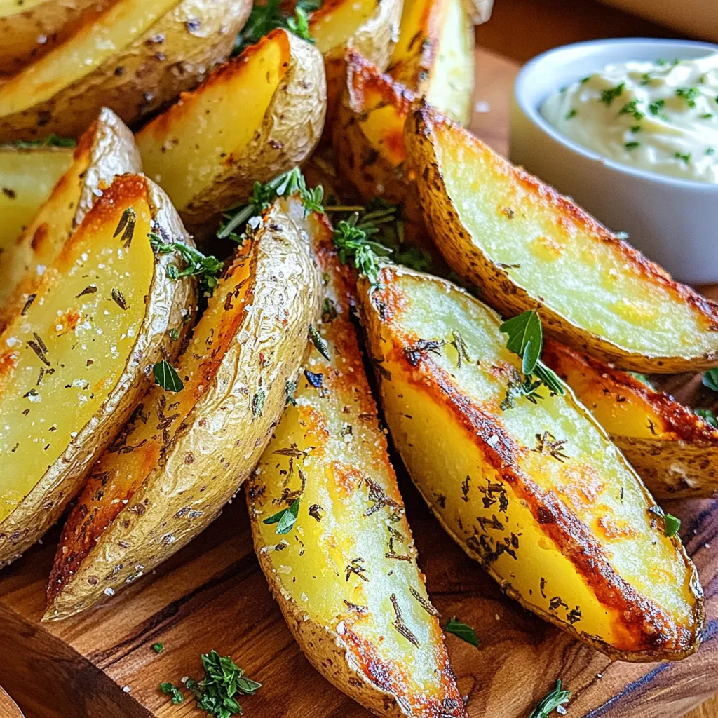 Für die Zubereitung dieser köstlichen Kartoffelwedges benötigst du: - 4 mittelgroße Russet-Kartoffeln - 3 Esslöffel Olivenöl - 4 Knoblauchzehen, fein gehackt Die Russet-Kartoffeln sind perfekt für Wedges. Sie sind stärkehaltig und ergeben eine schöne Knusprigkeit. Du kannst die Kartoffeln einfach waschen und dann in gleichmäßige Wedges schneiden. Achte darauf, dass sie alle die gleiche Größe haben, damit sie gleichmäßig garen. Für das besondere Aroma kommen folgende Gewürze und Öle zum Einsatz: - 1 Esslöffel getrockneter Thymian - 1 Esslöffel getrockneter Rosmarin - 1 Teelöffel Paprika - Salz und Pfeffer nach Geschmack Das Olivenöl hilft, die Gewürze an den Kartoffeln haften zu lassen. Thymian und Rosmarin verleihen den Wedges ein tolles, mediterranes Flair. Paprika gibt eine milde Schärfe und sorgt für eine schöne Farbe. Um die Wedges abzurunden, empfehle ich frische Kräuter: - Frische Petersilie, gehackt (zur Garnitur) Die frische Petersilie bringt eine lebendige Farbe und einen frischen Geschmack. Sie sorgt dafür, dass die Wedges nicht nur gut schmecken, sondern auch gut aussehen. Sträube dich nicht, die Menge nach deinem Geschmack anzupassen! Zuerst wasche die Russet-Kartoffeln gut. Ich benutze eine Bürste, um den Schmutz zu entfernen. Halbiere jede Kartoffel längs. Schneide dann jede Hälfte in drei Wedges. So bekommst du sechs Wedges pro Kartoffel. Diese Form sorgt für eine knusprige Textur. Nimm eine große Schüssel. Gib das Olivenöl, den fein gehackten Knoblauch, den getrockneten Thymian, den getrockneten Rosmarin, Paprika, Salz und Pfeffer hinein. Mische alles gut. Jetzt fügst du die Kartoffelw edges hinzu. Werfe sie in der Schüssel, bis sie gleichmäßig mit dem Gewürz bedeckt sind. Dies gibt den Wedges viel Geschmack. Heize deinen Air Fryer auf 200°C vor. Lass ihn fünf Minuten laufen. Lege die gewürzten Wedges in den Korb. Achte darauf, dass sie in einer einzigen Schicht liegen. Gare sie für 15 bis 20 Minuten. Schüttle den Korb zur Hälfte der Garzeit. So werden sie gleichmäßig knusprig. Wenn sie goldbraun sind, nimm sie heraus und lasse sie eine Minute abkühlen. Garniere sie mit frischer Petersilie. Um perfekte Wedges zu machen, achte auf die Dicke. Schneide die Kartoffeln gleichmäßig. So garen sie gleichmäßig und werden knusprig. Eine Dicke von etwa 1,5 cm funktioniert gut. Außerdem ist es wichtig, die Wedges gut mit Öl und Gewürzen zu bedecken. Das sorgt für einen leckeren Geschmack und eine tolle Textur. Schüttle den Korb im Air Fryer während des Garens. Das hilft, dass sie gleichmäßig bräunen. Russische Kartoffeln sind ideal für Wedges. Sie haben eine gute Textur und halten ihre Form. Du kannst auch andere Sorten verwenden, wie Yukon Gold oder rote Kartoffeln. Achte jedoch darauf, dass sie nicht zu mehlig sind. Mehligere Kartoffeln können beim Garen matschig werden. Probiere verschiedene Sorten aus, um deinen Lieblingsgeschmack zu finden. Heize den Air Fryer immer vor. Das sorgt dafür, dass die Wedges sofort knusprig werden. Lege die Wedges in einer einzigen Schicht in den Korb. Überfülle den Korb nicht, sonst werden sie nicht gleichmäßig gar. Wenn nötig, gare sie in mehreren Durchgängen. Schüttle den Korb alle paar Minuten, um sicherzustellen, dass sie gleichmäßig bräunen. So bekommst du die perfekte knusprige Textur. {{image_4}} Wenn du Käse magst, probiere diese Variante! Füge einfach geriebenen Käse zu den Wedges hinzu. Verwende Käse wie Cheddar oder Parmesan. Streue den Käse in den letzten fünf Minuten der Garzeit über die Wedges. Der Käse schmilzt und wird schön goldbraun. So werden die Wedges noch schmackhafter. Diese Option begeistert Kinder und Erwachsene gleichermaßen! Möchtest du es schärfer? Füge frisch gehackte Chili oder Jalapeños hinzu. Das gibt den Wedges einen tollen Kick. Mische die scharfen Zutaten mit dem Knoblauch und den Kräutern, bevor du die Wedges beschichtest. So ziehen die Gewürze gut ein. Diese pikante Variante ist perfekt für alle, die es heiß mögen! Dips machen alles besser! Für eine vegane Option, mache einen einfachen Avocado-Dip. Mische reife Avocados mit Zitronensaft, Salz und Pfeffer. Ein weiterer toller Dip ist Hummus. Diese cremigen Dips passen perfekt zu den Wedges. Sie geben Geschmack und sind gesund. Probiere auch einen frischen Salsa-Dip aus Tomaten und Koriander. Es gibt so viele Möglichkeiten! Um die übrig gebliebenen Wedges frisch zu halten, lege sie in einen luftdichten Behälter. Lass die Wedges zuerst auf Raumtemperatur abkühlen. Nachdem sie abgekühlt sind, kannst du sie sicher in den Behälter legen. Diese Methode hilft, die Knusprigkeit zu bewahren. Bewahre die Wedges nicht länger als zwei Tage im Kühlschrank auf. Um die Wedges wieder aufzufrischen, heize deinen Air Fryer auf 180°C (350°F) vor. Lege die Wedges in den Korb in einer einzigen Schicht. Gare sie für etwa 5-7 Minuten. Schüttle den Korb einmal während des Erwärmens. So werden die Wedges wieder knusprig und lecker. Im Kühlschrank halten die Wedges bis zu zwei Tage. Du kannst sie auch einfrieren, wenn du sie länger aufbewahren möchtest. Lege sie dafür in einen Gefrierbeutel. Im Gefrierfach bleiben sie bis zu drei Monate frisch. Achte darauf, die Wedges vor dem Einfrieren gut abzukühlen. Wenn du sie wieder auftauen möchtest, lass sie über Nacht im Kühlschrank. Um die perfekten Kartoffelwedges zuzubereiten, dauert es etwa 15 bis 20 Minuten im Air Fryer. Beginne mit 15 Minuten und überprüfe die Wedges. Sie sollten goldbraun und knusprig sein. Ich empfehle, den Korb zur Hälfte zu schütteln. So garen sie gleichmäßig und bräunen besser. Ja, frische Kräuter sind eine tolle Wahl! Sie geben mehr Aroma. Verwende etwa die doppelte Menge frischer Kräuter. Frischer Thymian und Rosmarin geben den Wedges eine köstliche Note. Hacke die Kräuter fein und mische sie mit dem Olivenöl und Knoblauch, bevor du die Wedges hinzufügst. Viele Air Fryer sind gut für Kartoffelwedges. Modelle mit einer Kapazität von mindestens 3,5 Litern sind ideal. Beliebte Optionen sind der Philips Airfryer und der Cosori Air Fryer. Diese Geräte haben gleichmäßige Wärme und eine gute Leistung. Sie ermöglichen knusprige Ergebnisse ohne viel Öl. Kartoffelwedges sind einfach und lecker. Wir haben die besten Zutaten entdeckt, um den Geschmack zu verbessern. Die Schritt-für-Schritt-Anleitung macht die Zubereitung leicht. Tipps helfen, perfekte Wedges zu erreichen, und verschiedene Varianten bieten Abwechslung. Richtige Lagerung sorgt dafür, dass Reste frisch bleiben. Mit häufigen Fragen findest du Antworten auf deine Zweifel. Nutze diese Infos, um deine Kartoffelwedges zu perfektionieren und zu genießen.