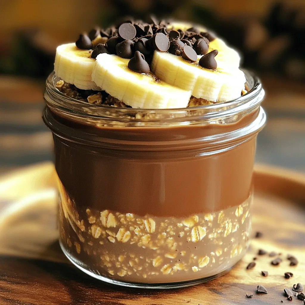 Für die Schokoladigen Mocha Overnight Oats brauchst du: - 1 Tasse zarte Haferflocken - 2 Tassen Mandeldrink oder eine andere Milch nach Wahl - 2 Esslöffel Kakaopulver - 1 Esslöffel Instantkaffeekörner Diese Hauptzutaten sind der Schlüssel zu einem leckeren Frühstück. Die Haferflocken geben dir die nötige Energie. Der Mandeldrink sorgt für Cremigkeit und Geschmack. Kakaopulver und Instantkaffeekörner bringen den schokoladigen und kaffeeigen Kick. Du kannst deine Overnight Oats mit folgenden Zutaten süßen: - 2 Esslöffel Ahornsirup oder Honig - 1/2 Teelöffel Vanilleextrakt - Eine Prise Salz Ahornsirup oder Honig fügt eine süße Note hinzu. Vanilleextrakt bringt einen tollen Duft. Die Prise Salz balanciert die Aromen. Wenn du es noch besser machen willst, kannst du Folgendes hinzufügen: - 1/4 Tasse griechischer Joghurt - 2 Esslöffel Schokoladenstückchen - Bananenscheiben oder Beeren für das Topping Griechischer Joghurt macht die Mischung cremiger. Schokoladenstückchen sind ein köstliches Topping. Bananen oder Beeren sorgen für Frische und Farbe. Um die Schokoladigen Mocha Overnight Oats zu machen, brauchst du eine große Schüssel. Dort gibst du zuerst die zarten Haferflocken und den Mandeldrink. Rühre die Mischung gut um. Jetzt kommt das Kakaopulver hinzu. Füge auch die Instantkaffeekörner, den Ahornsirup und den Vanilleextrakt dazu. Eine Prise Salz macht den Geschmack noch besser. Wenn du möchtest, kannst du auch griechischen Joghurt hinzufügen. Das macht die Mischung cremiger. Rühre alles gut durch, bis es gleichmäßig aussieht. Nun nimmst du zwei Einmachgläser. Teile die Mischung gleichmäßig auf beide Gläser auf. Achte darauf, dass du alles gut verteilst. Verschließe die Gläser fest, damit die Haferflocken die Flüssigkeit aufsaugen können. Das ist wichtig, damit sie weich werden. Stelle die Gläser dann in den Kühlschrank. Lass sie dort für mindestens 4-6 Stunden oder über Nacht. Wenn du bereit bist zu essen, nimm die Gläser aus dem Kühlschrank. Rühre die Haferflocken gut um. Wenn sie zu dick sind, füge etwas Milch hinzu. So wird die Konsistenz perfekt. Jetzt kommt der Spaß! Garniere die Haferflocken mit Schokoladenstückchen und deinen Lieblings-Toppings. Bananenscheiben oder frische Beeren passen super dazu. Genieße dein leckeres Frühstück! Um die perfekte Textur zu erreichen, kannst du die Flüssigkeit anpassen. Wenn du deine Haferflocken dicker magst, füge weniger Mandeldrink hinzu. Für eine flüssigere Konsistenz, nimm etwas mehr. Du kannst auch griechischen Joghurt hinzufügen. Dieser macht die Mischung cremiger und reichhaltiger. Dies verleiht deinem Frühstück eine schöne, samtige Note. Serviere die Schokoladigen Mocha Overnight Oats im Einmachglas. Das sieht nicht nur gut aus, sondern macht auch das Frühstück praktisch. Du kannst die Gläser mit frischen Minzblättern oder Beeren garnieren. Diese kleinen Details machen dein Gericht besonders und ansprechend. Die Farben der Beeren bringen Leben auf den Tisch. Um den Nährwert zu steigern, füge Nüsse oder Samen hinzu. Mandeln, Walnüsse oder Chiasamen sind großartige Optionen. Diese Zutaten geben dir gesunde Fette und Proteine. Außerdem kannst du pflanzliche Milchalternativen verwenden. So machst du das Rezept noch vielseitiger und schmackhafter. {{image_4}} Du kannst glutenfreie Haferflocken verwenden, um diese leckeren Overnight Oats zu machen. Diese Haferflocken haben keinen Glutenanteil. Sie sind perfekt für alle, die eine glutenfreie Diät einhalten. Achte beim Kauf darauf, dass sie als glutenfrei gekennzeichnet sind. So kannst du sicher sein, dass du dir etwas Gesundes gönnst. Wenn du das Rezept vegan machen möchtest, ersetze den Honig durch Agavennektar. Agavennektar hat einen süßen Geschmack. Er ist eine tolle Wahl für vegane Gerichte. Verwende die gleiche Menge wie im Rezept angegeben. So bleibt dein Frühstück lecker und tierfreundlich. Um dem Rezept eine neue Note zu geben, füge Gewürze wie Zimt oder Muskatnuss hinzu. Diese Gewürze sorgen für einen warmen, reichen Geschmack. Du kannst auch verschiedene Toppings ausprobieren. Bananenscheiben, Beeren oder sogar Nüsse passen gut dazu. Experimentiere mit dem, was du magst, und mache die Overnight Oats zu deinem eigenen. Um deine Schokoladigen Mocha Overnight Oats frisch zu halten, lagere sie im Kühlschrank. Das ist der beste Ort, um die Aromen zu bewahren. Nutze luftdichte Behälter, um die Feuchtigkeit zu halten. Ein Einmachglas funktioniert hervorragend dafür. Es schützt die Haferflocken vor Luft und Gerüchen. Die Overnight Oats bleiben bis zu fünf Tage frisch. Achte darauf, dass sie gut verschlossen sind. Nach ein paar Tagen kann die Konsistenz etwas dicker werden. Wenn das passiert, rühre einfach etwas Milch unter. Meal Prep ist einfach mit diesen Haferflocken. Bereite mehrere Portionen gleichzeitig vor. Fülle die Mischung in verschiedene Gläser. So hast du schnelle Snacks für die Woche. Du kannst die Gläser auch mit verschiedenen Toppings variieren. Das macht das Frühstück spannend und lecker. Für den besten Geschmack sollten die Übernacht-Haferflocken mindestens 4-6 Stunden im Kühlschrank stehen. Ich empfehle, sie über Nacht ziehen zu lassen. So haben die Haferflocken genug Zeit, die Flüssigkeit zu absorbieren. Dies macht die Mischung cremiger und geschmackvoller. Wenn du sie morgens zubereitest, sind sie perfekt für ein schnelles Frühstück. Ja, du kannst die Schokoladenstückchen weglassen. Du kannst sie durch Nüsse oder getrocknete Früchte ersetzen. Diese Alternativen geben den Haferflocken eine andere Textur und Süße. Nüsse fügen gesunde Fette hinzu, während getrocknete Früchte wie Rosinen oder Cranberries einen fruchtigen Geschmack bringen. Es ist eine tolle Möglichkeit, die Haferflocken anzupassen und neue Aromen zu entdecken. Ja, Übernacht-Haferflocken sind sehr gesund. Sie enthalten viele Ballaststoffe, die gut für die Verdauung sind. Haferflocken liefern auch komplexe Kohlenhydrate, die dir Energie geben. Du bekommst Proteine aus dem griechischen Joghurt, wenn du ihn hinzufügst. Darüber hinaus sind sie reich an Vitaminen und Mineralien. Diese Nährstoffe unterstützen deine Gesundheit und dein Wohlbefinden. Übernacht-Haferflocken sind einfach und vielseitig. Du kannst sie nach deinem Geschmack anpassen. Die Hauptzutaten wie Haferflocken, Mandeldrink und Kakaopulver bilden die Basis. Süßungsmittel und optionale Zutaten bringen Abwechslung. Mit der Schritt-für-Schritt-Anleitung gelingt es dir leicht. Die Tipps helfen, die Konsistenz und Präsentation zu verbessern. Du kannst sogar glutenfreie oder vegane Optionen wählen. Alles in allem ist dieses Rezept gesund und lecker. Probiere es aus und entdecke deine Lieblingsvariationen.