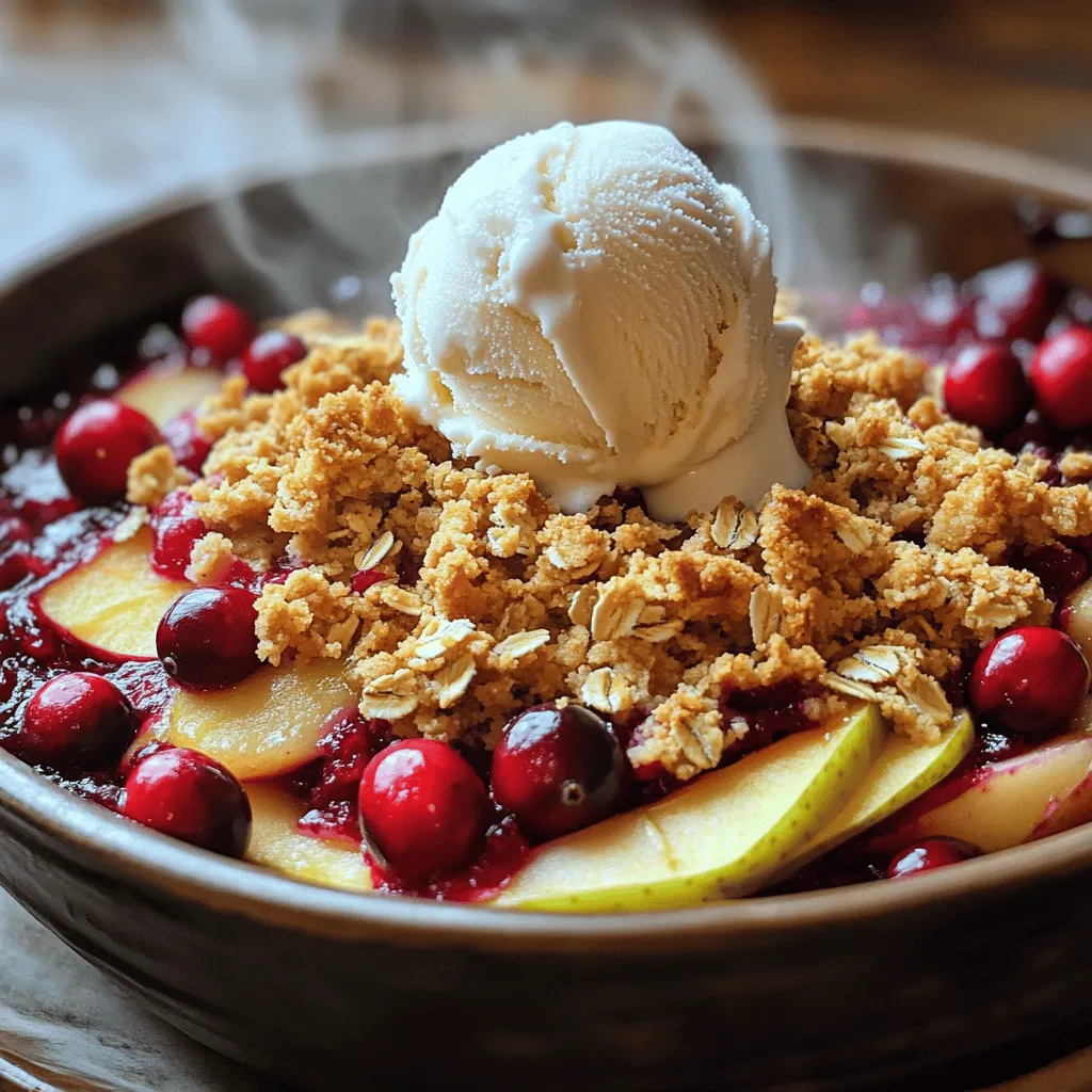 - Äpfel: Ich empfehle Granny Smith oder Honeycrisp. Diese Sorten sind knackig und süß-sauer. Sie geben dem Crisp eine tolle Textur und Geschmack. - Cranberries: Du kannst frische oder gefrorene Cranberries verwenden. Wenn du gefrorene Cranberries nimmst, tauche sie nicht auf. So bleiben sie schön fest. - Zucker: Verwende sowohl Kristallzucker als auch braunen Zucker. Der Kristallzucker süßt die Früchte, während der braune Zucker eine tiefe Karamellnote bringt. - Gewürze und Aromen: Füge Zimt für Wärme und Zitronensaft für Frische hinzu. Vanilleextrakt gibt dem Crisp einen feinen, süßen Duft. Zuerst muss ich die Äpfel und Cranberries vorbereiten. Ich nehme drei mittelgroße Äpfel. Eine gute Wahl sind Granny Smith oder Honeycrisp. Ich schäle, entkerne und schneide sie in dünne Scheiben. Dann nehme ich eine Tasse Cranberries. Diese können frisch oder gefroren sein. Wenn ich gefrorene Cranberries nutze, tauche ich sie nicht auf. In einer großen Schüssel mische ich die Apfelstücke mit den Cranberries. Ich füge ½ Tasse Kristallzucker, 1 Teelöffel Zimt und 1 Esslöffel Zitronensaft hinzu. Ich vermenge alles gut, damit die Früchte gleichmäßig bedeckt sind. Dann gebe ich die Fruchtmischung in eine gefettete Auflaufform. Die Form sollte etwa 22x22 cm groß sein. Ich achte darauf, dass die Früchte gleichmäßig verteilt sind. Für die Haferkruste nehme ich eine separate Schüssel. Hier kombiniere ich 1 Tasse Haferflocken, ½ Tasse Weizenmehl, ⅓ Tasse braunen Zucker und ¼ Teelöffel Salz. Ich füge ½ Teelöffel Vanilleextrakt hinzu und mische alles gut. Dann kommen die kalten Butterstücke dazu. Ich bearbeite die Mischung mit meinen Händen oder einem Teigmischer. Die Mischung sollte die Konsistenz von groben Krümeln haben. Ich streue die Haferkruste gleichmäßig über die Fruchtschicht in der Auflaufform. Jetzt heize ich meinen Ofen auf 175°C vor. Ich backe das Crisp für 30-35 Minuten. Es ist fertig, wenn die Kruste goldbraun ist und die Früchte blubbern. Nach dem Backen nehme ich es aus dem Ofen und lasse es kurz abkühlen, bevor ich es serviere. Um die Haferkruste perfekt zu machen, sind einige Schritte wichtig. Verwenden Sie kalte Butter. So bleibt die Kruste schön knusprig. Mischen Sie die trockenen Zutaten gut. Das sorgt für einen gleichmäßigen Geschmack. Wenn Sie die Butter hinzufügen, arbeiten Sie schnell. Verwenden Sie Ihre Hände oder einen Teigmischer. Die Mischung sollte grob krümelig sein, nicht zu fein. So bekommt die Kruste die richtige Textur. Backen Sie das Crisp bei 175°C. Achten Sie auf eine goldbraune Farbe. Um neue Geschmäcker zu entdecken, fügen Sie Nüsse hinzu. Mandeln oder Walnüsse passen gut. Sie geben einen tollen Crunch. Andere Früchte sind auch eine gute Idee. Probieren Sie Birnen oder Preiselbeeren. Diese Früchte ergänzen die Äpfel und Cranberries hervorragend. Seien Sie kreativ! Jede Frucht bringt ihren eigenen Geschmack mit. Servieren Sie das Crisp warm in Schalen. Eine Kugel Vanilleeis obendrauf macht es köstlich. Alternativ können Sie auch Schlagsahne verwenden. Beide Optionen sind lecker und erfrischend. Garnieren Sie das Dessert mit etwas Zimt. Das sieht schön aus und schmeckt toll. Genießen Sie Ihr warmes Cranberry-Apfel-Crisp mit Freunden und Familie. {{image_4}} Für eine glutenfreie Variante verwende ich Mandelmehl oder Hafermehl. Diese Mehle sind leicht zu finden. Achte darauf, dass die Haferflocken als glutenfrei gekennzeichnet sind. Sie ersetzen das Weizenmehl gut. Du kannst auch Kokosmehl ausprobieren, aber verwende weniger, da es sehr saugfähig ist. Um das Rezept vegan zu machen, ersetze die Butter durch Kokosöl oder vegane Margarine. Diese Optionen geben deinem Crisp einen tollen Geschmack. Für den Zucker kannst du Agavensirup oder Kokosblütenzucker verwenden. Diese Alternativen passen gut zu den Früchten und sind gesünder. Im Herbst sind Äpfel und Cranberries perfekt. Im Winter kannst du Birnen oder Preiselbeeren nutzen. Im Sommer sind frische Beeren wie Himbeeren oder Erdbeeren lecker. Experimentiere mit verschiedenen Früchten, um neue Geschmackserlebnisse zu entdecken. Wenn Sie etwas von Ihrem warmen Cranberry-Apfel-Crisp übrig haben, bewahren Sie es im Kühlschrank auf. Lassen Sie das Crisp vor dem Lagern auf Raumtemperatur abkühlen. Decken Sie die Auflaufform mit Frischhaltefolie oder Aluminiumfolie ab. So bleibt es frisch und saftig. Im Kühlschrank hält sich das Crisp bis zu drei Tage. Um das Crisp einzufrieren, lassen Sie es vollständig abkühlen. Teilen Sie es in Portionen, um es einfacher zu machen. Verwenden Sie luftdichte Behälter oder gefriergeeignete Beutel. So bleibt der Geschmack erhalten. Zum Aufwärmen nehmen Sie es einfach aus dem Gefrierfach. Lassen Sie es über Nacht im Kühlschrank auftauen. Danach können Sie es im Ofen bei 175°C für etwa 15-20 Minuten aufwärmen. So bleibt die Kruste schön knusprig. Ja, Sie können gefrorene Cranberries verwenden. Achten Sie darauf, sie nicht vorher aufzutauen. Gefrorene Äpfel sind weniger ideal, da sie beim Auftauen matschig werden können. Frische Äpfel haben die beste Textur. Wenn Sie gefrorene Früchte nutzen, verlängert sich die Backzeit um einige Minuten. Dies hilft, die Fruchtschicht gleichmäßig zu garen. Der Cranberry-Apfel-Crisp hält sich im Kühlschrank etwa 3 bis 4 Tage. Stellen Sie sicher, dass Sie ihn in einem luftdichten Behälter aufbewahren. Sie können ihn auch einfrieren. Im Gefrierschrank bleibt er bis zu 3 Monate frisch. Zum Aufwärmen einfach im Ofen oder in der Mikrowelle erhitzen. Eine Kugel Vanilleeis passt perfekt zu diesem Dessert. Die kühle Süße des Eises ergänzt die warme Füllung. Auch frisch geschlagene Sahne ist eine tolle Wahl. Sie können beides verwenden, um das Dessert noch leckerer zu machen. Probieren Sie auch einen Hauch Zimt über die Beilage für zusätzlichen Geschmack! In diesem Artikel haben wir alles über die Zubereitung eines köstlichen Cranberry-Apfel-Crisp besprochen. Wir haben die Zutaten, die Zubereitung und hilfreiche Tipps durchgegangen. Es ist einfach, kreativ zu werden, indem man Früchte oder Aromen hinzufügt. Die Aufbewahrung ist einfach und sorgt dafür, dass du dein Dessert länger genießen kannst. Experimentiere mit Variationen, um deinen perfekten Crisp zu finden. Jetzt bist du bereit, dieses leckere Dessert zu machen und zu teilen. Viel Spaß beim Backen!
