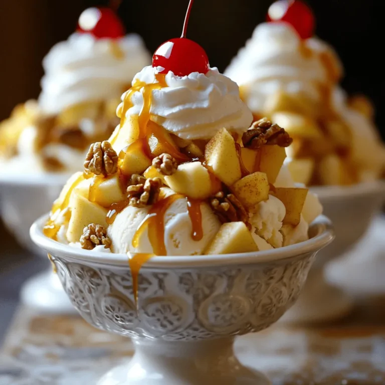 - 2 große Äpfel (Granny Smith oder Honeycrisp), gewürfelt - 2 Tassen Vanilleeis - 1 Tasse Karamellsauce (aus dem Geschäft oder selbstgemacht) - 1/2 Teelöffel gemahlener Zimt - 1/4 Tasse gehackte Walnüsse oder Pekannüsse (optional) Die Hauptzutaten sind der Schlüssel für den vollen Geschmack. Äpfel bringen Frische und einen knackigen Biss. Ich bevorzuge Granny Smith oder Honeycrisp. Sie sind süß und sauer zugleich. Vanilleeis ist der perfekte Begleiter. Es macht das Dessert cremig und kühl. Karamellsauce gibt dem Sundae seine süße Note. Sie kann gekauft oder selbstgemacht sein. Der gemahlene Zimt fügt Wärme und Tiefe hinzu. Walnüsse oder Pekannüsse bringen einen tollen Crunch. Sie sind optional, aber ich empfehle sie sehr. - Schlagsahne - Maraschino-Kirschen Die Dekoration macht alles noch besser. Schlagsahne sorgt für eine luftige Note und sieht toll aus. Ich liebe es, sie großzügig auf die Sundaes zu geben. Maraschino-Kirschen sind der letzte Schliff. Sie setzen einen schönen Akzent und bringen Farbe. Wenn Sie diese Zutaten kombinieren, entsteht ein traumhaftes Dessert. Genießen Sie die verschiedenen Texturen und Aromen in jedem Bissen! Zuerst nehme ich zwei große Äpfel. Ich bevorzuge Granny Smith oder Honeycrisp. Diese Äpfel sind knackig und süß. Ich schäle die Äpfel und schneide sie in kleine Würfel. Dann gebe ich die Apfelwürfel in eine Schüssel. Ich füge einen Esslöffel Zitronensaft hinzu. Der Zitronensaft hält die Äpfel frisch. Außerdem gibt er einen tollen Geschmack. Jetzt ist es Zeit, die Karamellsauce zu erwärmen. Ich nehme eine kleine Pfanne und stelle sie auf niedrige Hitze. Ich gieße die Karamellsauce hinein und lasse sie warm werden. Es ist wichtig, dass die Sauce leicht flüssig ist. So lässt sie sich besser über die Sundaes gießen. Ich rühre die Sauce ab und zu um, damit sie gleichmäßig warm wird. Ich nehme Dessertschalen oder Parfaitgläser für meine Sundaes. Ich beginne mit einer großzügigen Portion Vanilleeis. Das Eis bildet die Basis. Dann lege ich die gewürfelten Äpfel über das Eis. Ich streue etwas gemahlenen Zimt darüber. Der Zimt fügt ein warmes Aroma hinzu. Jetzt gieße ich die warme Karamellsauce über die Äpfel. Ich achte darauf, dass die Sauce gut verteilt ist. Wenn ich mag, füge ich gehackte Nüsse hinzu. Diese geben einen schönen Crunch. Ich kröne das Sundae mit einem weiteren Eisball, viel Schlagsahne und einer Maraschino-Kirsche. So sieht es noch besser aus! Wählen Sie das beste Vanilleeis für Ihren Sundae. Achten Sie darauf, dass es cremig und reichhaltig ist. Ein qualitativ hochwertiges Eis macht einen großen Unterschied. Verwenden Sie echte Vanille, wenn möglich. So bekommt Ihr Gericht einen intensiveren Geschmack. Sie können Karamellsauce kaufen oder selbst machen. Gekaufte Sauce ist praktisch, besonders wenn Sie es eilig haben. Selbstgemachte Sauce hat jedoch einen frischen Geschmack. Sie brauchen nur Zucker, Butter und Sahne. Experimentieren Sie auch mit verschiedenen Süßstoffen. Das kann neue Geschmäcker hervorbringen. Fügen Sie Nüsse für einen tollen Crunch hinzu. Walnüsse oder Pekannüsse passen perfekt. Sie bringen einen nussigen Geschmack. Auch zusätzliche Gewürze sind eine gute Idee. Versuchen Sie eine Prise Muskatnuss oder einen Hauch von Vanille. Diese kleinen Änderungen machen den Sundae noch besser! {{image_4}} Du kannst gerne andere Früchte verwenden. Birnen passen gut. Ihre Süße ergänzt den Apfel. Auch Beeren sind eine tolle Wahl. Sie bringen eine frische Note. Misch einfach die Früchte, die dir gefallen. Traue dich, kreativ zu sein! Wenn du Karamell nicht magst, probiere Schokolade. Schokoladensauce hat einen reichen Geschmack. Erdbeersauce ist eine weitere Option. Sie gibt deinem Sundae eine fruchtige Note. Du kannst auch verschiedene Saucen kombinieren. So wird jedes Dessert einzigartig und spannend. Für vegane Sundaes nutze pflanzenbasiertes Eis. Es gibt viele leckere Sorten. Verwende dann eine vegane Karamellsauce. Diese findest du im Handel oder mach sie selbst. Für glutenfreie Sundaes achte auf die Zutaten. So kannst du alle Variationen genießen, ohne Kompromisse. Um Reste von Karamell-Apfel-Sundaes zu lagern, benutze einen luftdichten Behälter. Stelle sicher, dass das Eis gut abgedeckt ist. Bewahre die Karamellsauce separat auf, um die Konsistenz zu erhalten. Die Äpfel können auch in einem eigenen Behälter sein. Das hilft, die Frische zu bewahren. Die meisten Zutaten bleiben im Kühlschrank frisch. Vanilleeis hält sich etwa zwei bis drei Monate, wenn es richtig gelagert ist. Karamellsauce bleibt ebenfalls für zwei bis vier Wochen haltbar. Die geschnittenen Äpfel sind jedoch nur ein bis zwei Tage frisch. Verwende sie schnell. Wenn du die Karamellsauce aufwärmen möchtest, mache das sanft. Erhitze sie in einer kleinen Pfanne bei niedriger Hitze. Rühre dabei oft um, damit sie gleichmäßig warm wird. Das Eis sollte man frisch genießen, also mache es am besten kurz vor dem Servieren. Die Zubereitung dauert nur 15 Minuten. Du musst die Äpfel schneiden und die Karamellsauce erwärmen. Das ist schnell und einfach. Diese Zeit ist perfekt für ein schnelles Dessert. Ja, du kannst die Äpfel im Voraus schneiden. Um sie frisch zu halten, gib etwas Zitronensaft darauf. Das hilft, die Äpfel vor dem Braunwerden zu schützen. So sparst du Zeit, wenn du die Sundaes machst. Für Allergiker gibt es viele Optionen. Du kannst glutenfreies Eis verwenden. Statt Nüssen kannst du auch Samen verwenden. Für die Karamellsauce gibt es auch vegane Alternativen. So kann jeder das leckere Dessert genießen. Die Karamell-Apfel-Sundaes sind einfach und lecker. Wir haben die wichtigsten Zutaten aufgelistet, wie Äpfel, Vanilleeis und Karamellsauce. Ich habe erklärt, wie man die Äpfel zubereitet und die Sauce erhitzt. Zudem gab es Tipps zur Auswahl des besten Eises und Ideen für Variationen. Denken Sie daran, die Reste richtig aufzubewahren. Experimentieren Sie mit verschiedenen Zutaten und fühlen Sie sich frei, Abwandlungen auszuprobieren. So schaffen Sie ein Dessert, das jeder liebt.