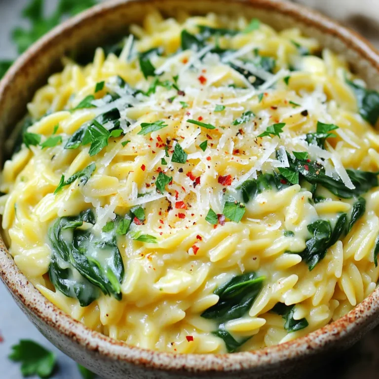 Für dieses Rezept benötigst du 1 Tasse Orzo-Nudeln. Orzo sind kleine, reisähnliche Nudeln. Sie nehmen den Geschmack der Brühe gut auf. Achte darauf, die Nudeln gleichmäßig zu kochen. So wird jede Gabel vollmundig. Du brauchst 4 Tassen Gemüsebrühe. Diese Brühe gibt deinem Gericht einen herzhaften Geschmack. Du kannst selbstgemachte oder gekaufte Brühe verwenden. Der Unterschied macht viel aus. Eine gute Brühe macht das Gericht lebendig. Für den perfekten Geschmack nimmst du 1/2 Tasse frisch geriebenen Parmesan. Parmesan schmilzt schön und macht das Gericht cremig. Achte darauf, frischen Parmesan zu verwenden. Der Geschmack von frisch geriebenem Käse ist viel besser als der von abgepacktem Käse. Mit diesen Zutaten bereitest du ein einfaches und leckeres Gericht zu. Es ist ideal für ein schnelles Abendessen oder eine gesellige Runde. Zuerst musst du die Zutaten bereitstellen. Du brauchst: - 1 Tasse Orzo-Nudeln - 2 Esslöffel Olivenöl - 4 Knoblauchzehen, fein gehackt - 4 Tassen Gemüsebrühe - 2 Tassen frischer Spinat, grob gehackt - 1/2 Tasse frisch geriebener Parmesan - 1/2 Teelöffel rote Pfefferflocken (optional) - Salz und schwarzer Pfeffer nach Geschmack - Frische Petersilie, gehackt (zum Garnieren) Stelle alles auf die Arbeitsfläche. So sparst du Zeit beim Kochen. Erhitze das Olivenöl in einem großen, beschichteten Topf bei mittlerer Hitze. Sobald das Öl heiß ist, füge den gehackten Knoblauch hinzu. Dünste ihn etwa 1 Minute lang, bis er duftet. Achte darauf, dass er nicht verbrennt, sonst wird der Geschmack bitter. Jetzt kommen die Orzo-Nudeln dazu. Brate sie für 2 Minuten an und rühre dabei ständig um. So werden die Nudeln leicht geröstet und bekommen mehr Geschmack. Gieße die Gemüsebrühe in den Topf. Bring die Mischung zum Kochen. Wenn es kocht, reduziere die Hitze auf niedrig. Decke den Topf ab und lasse es 10 Minuten köcheln. Die Orzo-Nudeln sollten al dente sein und die Flüssigkeit fast aufgesogen sein. Wenn die Nudeln fertig sind, rühre den grob gehackten Spinat unter. Lass ihn für etwa 2 Minuten zusammenfallen. Nimm den Topf dann vom Herd. Rühre den frisch geriebenen Parmesan unter, bis er schmilzt. Füge die roten Pfefferflocken hinzu, wenn du etwas Schärfe magst. Würze das Gericht nach Geschmack mit Salz und schwarzem Pfeffer. Jetzt hast du ein leckeres und einfaches Gericht! Um die perfekte Konsistenz für Orzo zu bekommen, ist es wichtig, die richtige Flüssigkeitsmenge zu nutzen. Verwende immer die angegebene Menge Gemüsebrühe. Achte darauf, den Orzo regelmäßig umzurühren, während er kocht. So kleben die Nudeln nicht zusammen. Prüfe nach zehn Minuten, ob der Orzo al dente ist. Wenn nicht, lasse ihn einige Minuten länger kochen. Um den Geschmack zu verbessern, füge während des Kochens frische Kräuter hinzu. Basilikum oder Thymian passen gut zu diesem Gericht. Ein Hauch von Zitrone bringt Frische und hebt die Aromen hervor. Du kannst auch die roten Pfefferflocken nach Belieben nutzen. Sie geben dem Gericht eine angenehme Schärfe. Vergiss nicht, mit Salz und Pfeffer zu würzen, um den Geschmack abzurunden. Für eine ansprechende Präsentation serviere den Orzo in tiefen Schalen. Garniere ihn mit gehackter Petersilie und einer extra Prise Parmesan. Das sieht nicht nur schön aus, sondern schmeckt auch besser. Ein Spritzer frischer Zitrone sorgt für einen tollen Farbkontrast. Achte darauf, die Schalen warm zu halten, damit das Gericht lange köstlich bleibt. {{image_4}} Um deinem One-Pot Garlic Parmesan Orzo mehr Farbe und Geschmack zu geben, füge mehr Gemüse hinzu. Zucchini, Erbsen oder Paprika passen gut. Du kannst auch Karotten oder Brokkoli verwenden. Schneide sie klein, damit sie schnell garen. Einfach in den Topf geben, wenn du den Spinat hinzufügst. Das Gemüse wird weich und gibt dem Gericht eine frische Note. Wenn du mehr Protein möchtest, sind Kichererbsen oder Hähnchenbrust gute Optionen. Gekochte Kichererbsen kannst du einfach unterrühren. Wenn du Hähnchen verwendest, brate es vorher an und schneide es in Stücke. So wird dein Gericht nahrhafter und sättigender. Du kannst auch Garnelen hinzufügen, die schnell garen und einen tollen Geschmack bieten. Käse macht alles besser! Statt Parmesan kannst du auch Mozzarella oder Feta verwenden. Diese Käsesorten geben dem Gericht einen anderen Geschmack. Mozzarella schmilzt schön und wird cremig. Feta hat einen salzigen, kräftigen Geschmack. Experimentiere mit verschiedenen Käsesorten, um dein Lieblingsgericht zu finden. So bleibt das Rezept spannend und neu! Um die Reste von One-Pot Garlic Parmesan Orzo mit Spinat aufzubewahren, lass das Gericht zuerst abkühlen. Fülle es dann in einen luftdichten Behälter. Du kannst es bis zu drei Tage im Kühlschrank lagern. Dies hilft, den Geschmack frisch zu halten. Zum Aufwärmen nehme eine Pfanne oder einen Mikrowellenbehälter. Füge einen Spritzer Gemüsebrühe oder Wasser hinzu, um die Feuchtigkeit zu halten. Erhitze es bei mittlerer Hitze in der Pfanne. In der Mikrowelle erwärmst du es in kurzen Intervallen, bis es heiß ist. So bleibt der Orzo cremig und lecker. Im Kühlschrank hält sich der Orzo etwa drei Tage. Achte darauf, die Reste gut verpackt aufzubewahren. Nach dieser Zeit könnte der Geschmack nachlassen. Wenn du ihn länger aufbewahren möchtest, friere ihn ein. So bleibt er bis zu drei Monate frisch. Ja, du kannst andere Nudeln verwenden. Reisnudeln oder kleine Pasta sind gute Optionen. Achte darauf, die Kochzeit zu prüfen. Die Flüssigkeitsmenge kann ebenfalls variieren. Die gesamte Zubereitung dauert etwa 20 Minuten. Die Vorbereitungszeit sind nur 5 Minuten. Kochen der Orzo-Nudeln nimmt etwa 10 Minuten in Anspruch. Dieses Rezept ist vegetarisch, da Parmesan verwendet wird. Um es vegan zu machen, ersetze den Käse durch eine pflanzliche Alternative. Du kannst auch Hefeflocken für einen ähnlichen Geschmack nutzen. In diesem Artikel haben wir Orzo als Hauptzutat betrachtet. Wir haben über die Vorbereitung, das Kochen und das Anrichten gesprochen. Denke daran, deine Orzo perfekt zu garen und mit Gewürzen zu arbeiten. Variationen mit Gemüse und Käse bringen neuen Geschmack. Reste sind einfach zu lagern und wieder aufzuwärmen. Nutze die FAQs für weitere Fragen. Experimentiere mit dem Rezept und finde deine persönlichen Lieblingsvariationen!