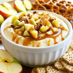 Die Hauptzutaten für den Karamell-Apfel-Cheesecake-Dip sind einfach und lecker. Sie brauchen: - 225 g Frischkäse, weich - 125 g Puderzucker - 1 Teelöffel Vanilleextrakt - 240 ml Schlagsahne - 1 mittelgroßer Apfel, gewürfelt (vorzugsweise Granny Smith) - 120 g Karamellsauce (aus dem Laden oder selbstgemacht) Diese Zutaten geben dem Dip seine cremige Konsistenz und süßen Geschmack. Für einen besonderen Crunch können Sie einige optionale Zutaten hinzufügen: - 30 g gehackte Nüsse (zum Beispiel Pekannüsse oder Walnüsse) Diese Nüsse verleihen dem Dip eine zusätzliche Textur und einen nussigen Geschmack. Der Dip braucht leckere Snacks zum Eintauchen. Hier sind einige tolle Optionen: - Geschnittene Äpfel - Graham-Cracker - Brezeln Diese Snacks ergänzen den süßen Geschmack des Dips perfekt. Versuchen Sie verschiedene Kombinationen, um Ihren Favoriten zu finden! Zuerst nimmst du 225 g weichen Frischkäse. Gib ihn in eine große Rührschüssel. Nutze einen Handmixer, um den Frischkäse glatt zu schlagen. Mixe ihn, bis keine Klumpen mehr sichtbar sind. Das sorgt für eine cremige Basis. Füge nun 125 g Puderzucker und 1 Teelöffel Vanilleextrakt hinzu. Mixe weiter, bis alles gut vermischt ist. Nimm 240 ml Schlagsahne und hebe sie vorsichtig unter die Mischung. Dies macht den Dip leicht und fluffig. Jetzt kommen die gewürfelten Apfelstücke dazu. Verwende einen mittelgroßen Granny Smith-Apfel. Mische alles gut, damit der Apfel gleichmäßig verteilt ist. Gib die Cheesecake-Mischung in eine Servierplatte. Träufle 120 g Karamellsauce großzügig über die Oberfläche. Wenn du magst, streue 30 g gehackte Nüsse darauf. Pekannüsse oder Walnüsse passen gut. Serviere diesen Dip sofort. Er schmeckt toll mit geschnittenen Äpfeln, Graham-Crackern oder Brezeln. Jeder kann nach Belieben dippen. Das macht es zu einem tollen Snack für jede Feier. Um die perfekte Textur zu erreichen, schlage den Frischkäse gut. Achte darauf, dass er weich ist. So wird die Mischung glatt und cremig. Füge den Puderzucker langsam hinzu. Das verhindert Klumpen. Wenn du die Schlagsahne unterhebst, mache das vorsichtig. Dies sorgt für eine luftige Konsistenz. Du kannst den Geschmack leicht anpassen. Probiere verschiedene Äpfel aus. Granny Smith bietet einen tollen, frischen Geschmack. Für etwas Süßeres wähle Honeycrisp. Du kannst auch die Karamellsauce variieren. Selbstgemachte Sauce schmeckt oft besser. Füge einen Hauch Zimt hinzu. Das bringt Wärme und Tiefe in den Dip. Die Präsentation macht viel aus. Nutze eine große Schüssel für den Dip. Das sieht einladend aus. Träufle die Karamellsauce in einem Muster darüber. Streue die Nüsse gleichmäßig, damit jeder einen Crunch erhält. Serviere den Dip mit bunten Äpfeln und knusprigen Graham-Crackern. Das sorgt für einen schönen Kontrast. {{image_4}} Es gibt viele Früchte, die du anstelle von Äpfeln verwenden kannst. Birnen sind eine tolle Wahl, da sie süß und saftig sind. Du kannst auch Pfirsiche oder Beeren für einen frischen Geschmack nutzen. Wenn du etwas Exotisches magst, probiere Mango oder Ananas. Diese Früchte bringen neue Aromen in den Dip und machen ihn spannend. Die Karamellsauce ist der Star dieses Dips. Du kannst sie selbst machen oder kaufen. Wenn du kreativ sein möchtest, probiere gesalzenes Karamell. Es gibt dem Dip einen tollen Kontrast. Eine Schokoladensauce kann auch Spaß machen. Du kannst sogar Honig oder Ahornsirup verwenden, um einen anderen Geschmack zu erzeugen. Experimentiere mit verschiedenen Karamellen, um deinen Lieblingsgeschmack zu finden. Wenn du Allergien hast, gibt es viele Anpassungen. Verwende laktosefreien Frischkäse, wenn du laktoseintolerant bist. Für Nussallergien kannst du die Nüsse weglassen oder Sonnenblumenkerne verwenden. Achte darauf, glutenfreie Snacks zu wählen, wenn du auf Gluten verzichten musst. Mit diesen Anpassungen bleibt der Dip lecker und sicher für jeden. Um den Karamell-Apfel-Cheesecake-Dip frisch zu halten, bewahre ihn in einem luftdichten Behälter auf. Stelle sicher, dass der Behälter gut verschlossen ist, damit keine Luft hinein kann. Das hilft, die Aromen zu schützen und die Konsistenz zu bewahren. Im Kühlschrank bleibt dein Dip bis zu fünf Tage frisch. Achte darauf, den Dip vor dem Servieren gut durchzurühren. So wird er wieder cremig. Wenn du nach ein paar Tagen einen leichten Wasserfilm siehst, ist das normal. Rühre einfach alles gut um, bevor du ihn genießt. Du kannst den Dip auch einfrieren, wenn du ihn länger aufbewahren möchtest. Fülle ihn in einen gefrierfesten Behälter und lasse etwas Platz für die Ausdehnung. Der Dip hält sich bis zu drei Monate im Gefrierfach. Zum Auftauen lege ihn einfach für ein paar Stunden in den Kühlschrank. Rühre ihn gut durch, bevor du ihn servierst. Du kannst den Dip bis zu drei Tage im Kühlschrank aufbewahren. Stelle sicher, dass du ihn in einem luftdichten Behälter lagerst. So bleibt er frisch und lecker. Wenn du ihn länger aufbewahren möchtest, friere ihn ein. Achte darauf, ihn vor dem Servieren langsam im Kühlschrank aufzutauen. Ja, du kannst die Schlagsahne ersetzen. Verwende stattdessen griechischen Joghurt für einen cremigen Geschmack. Du kannst auch Kokoscreme nutzen, wenn du eine milchfreie Option wünschst. Diese Alternativen geben dem Dip eine andere Note, bleiben aber lecker. Viele Snacks passen gut zu diesem Dip. Geschnittene Äpfel sind eine großartige Wahl. Du kannst auch Graham-Cracker oder Brezeln verwenden. Diese Snacks bieten einen tollen Crunch und harmonieren perfekt mit dem cremigen Dip. Probiere verschiedene Kombinationen aus, um deinen Favoriten zu finden! In diesem Artikel haben wir die Hauptzutaten für den Karamell-Apfel-Cheesecake-Dip besprochen. Danach gab es eine Schritt-für-Schritt-Anleitung zur Zubereitung. Wir haben Tipps zur Textur und Präsentation gegeben. Variationen wie alternative Früchte wurden ebenfalls erwähnt. Schließlich haben wir Lagerungshinweise und häufige Fragen behandelt. Kreativität und Spaß sind der Schlüssel. Experimentiere mit dem Dip und genieße die Ergebnisse!